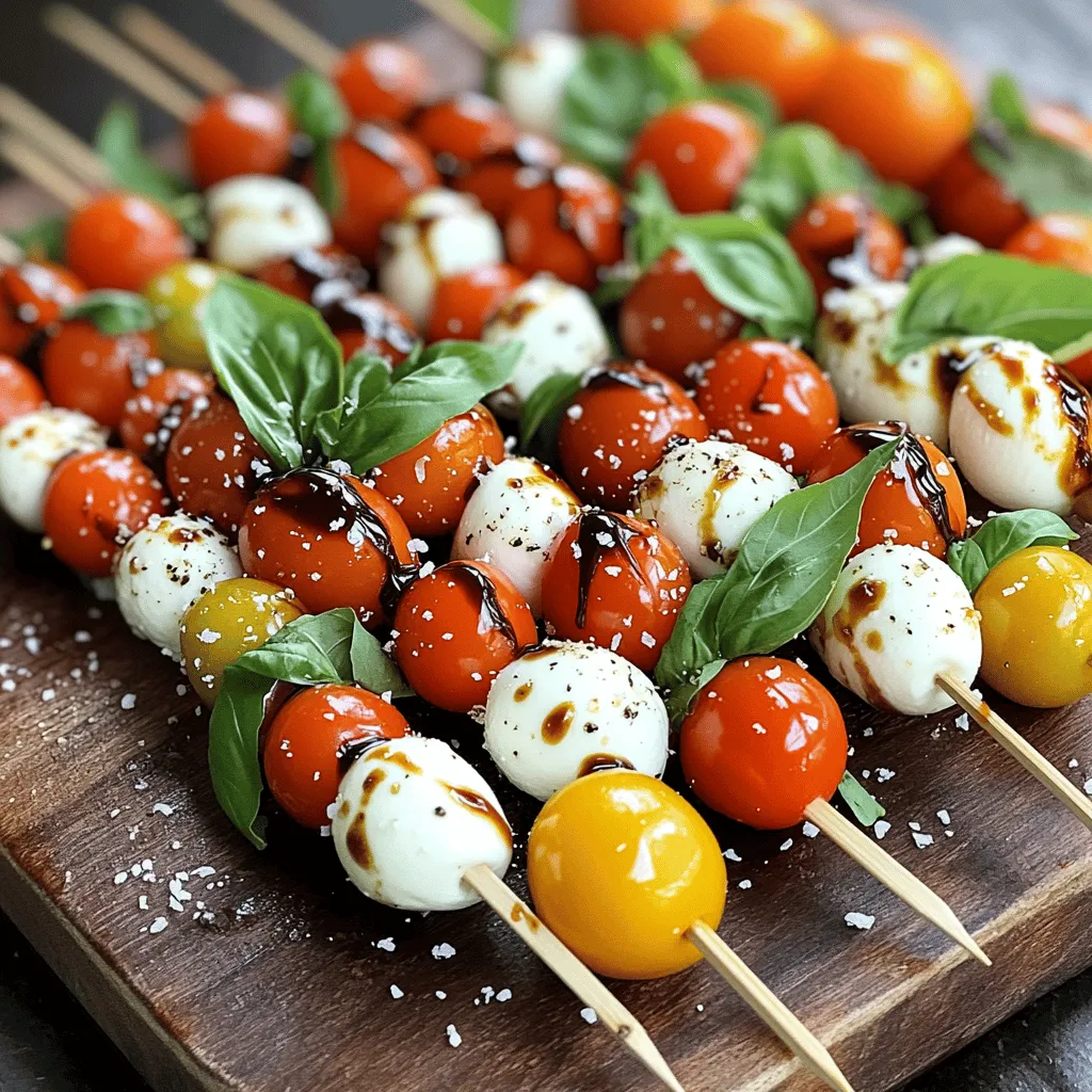 - Frische Mozzarellakugeln (Bocconcini) - Kirschtomaten - Frische Basilikumblätter Für die perfekten Caprese-Salat-Spieße sind die Hauptzutaten entscheidend. Ich wähle gerne frische Mozzarellakugeln. Diese kleinen, runden Käse sind weich und cremig. Sie geben den Spießen eine tolle Textur. Achte darauf, dass die Mozzarella frisch ist. Kirschtomaten sind ebenfalls wichtig. Sie sind süß und saftig. Diese Tomaten sorgen für den richtigen Biss. Wähle solche, die prall und fest sind. So bleiben sie beim Stecken auf dem Spieß stabil. Frische Basilikumblätter bringen das Aroma. Sie sind grün und duften herrlich. Ich benutze gerne junge Blätter, da sie milder sind. Frische Zutaten machen deinen Salat einfach lecker. - Balsamico-Glasur - Natives Olivenöl extra - Meersalz und schwarzer Pfeffer Gewürze bringen den Geschmack hervor. Ich empfehle Balsamico-Glasur. Sie hat eine süßliche Note und macht die Spieße besonders. Natives Olivenöl extra ist ein Muss. Es ergänzt die Aromen perfekt und sorgt für einen schönen Glanz. Meersalz und schwarzer Pfeffer bringen den letzten Pfiff. Mit einer Prise Meersalz schmecken die Zutaten intensiver. Der Pfeffer gibt einen leichten Kick. Die richtigen Gewürze machen deine Spieße zu einem echten Genuss. Für die komplette Zubereitung schaue dir das [Full Recipe] an. Dort findest du alle Schritte und Tipps! Beginne mit den Kirschtomaten. Spüle sie unter kaltem Wasser ab. Tupfe sie dann mit einem sauberen Tuch trocken. Das sorgt für frischen Geschmack und eine schöne Farbe. Nächster Schritt sind die Basilikumblätter. Auch diese sollten gewaschen und gut trocken getupft werden. Jetzt kommen die Mozzarellakugeln. Wenn sie in Wasser liegen, lasse das Wasser ab. Tupfe die Kugeln ebenfalls trocken. So verhindern wir, dass die Spieße zu nass werden. Beginne mit einem Spieß. Stecke eine Kirschtomate auf den Spieß. Füge dann ein Basilikumblatt hinzu. Danach kommt eine Mozzarellakugel. Wiederhole diese Abfolge. Du kannst 3 bis 4 Sets pro Spieß nutzen. Achte darauf, an beiden Enden Platz zu lassen. So bleibt es einfach, die Spieße zu halten und zu essen. Tipps für die Anordnung: Variiere die Farben, um die Spieße ansprechender zu machen. Ein bisschen Abwechslung sieht toll aus und macht Spaß beim Essen. Jetzt ist es Zeit, die Spieße anzuordnen. Stelle sie schön auf einer Servierplatte auf. Das Auge isst mit, also achte auf die Präsentation. Träufle das native Olivenöl gleichmäßig über die Spieße. Das bringt zusätzlichen Geschmack. Streue dann etwas Meersalz und frisch gemahlenen schwarzen Pfeffer darüber. Zum Schluss füge die Balsamico-Glasur hinzu. Träufle sie über die Spieße. Das sorgt für einen tollen Glanz und verstärkt den Geschmack. Optional kannst du zusätzliche Basilikumblätter zur Dekoration nutzen. Sie geben einen frischen Akzent und machen das Gericht noch schöner. Für die vollständige Zubereitung, schaue dir das [Full Recipe] an. Für Caprese-Salat-Spieße sind frische Zutaten sehr wichtig. Die Qualität von Mozzarella und Tomaten macht einen großen Unterschied. Wählen Sie die besten Kirschtomaten, die Sie finden können. Sie sollten süß und saftig sein. Frische Mozzarellakugeln sind ideal. Sie haben einen milden Geschmack und eine tolle Textur. Basilikumblätter sind das Herzstück dieses Gerichts. Frische Blätter bringen viel Aroma. Vermeiden Sie getrockneten Basilikum, denn er hat nicht den gleichen Geschmack. Achten Sie darauf, knackige Blätter zu wählen. Ein häufiger Fehler ist zu viel Balsamico-Glasur. Ein kleiner Spritzer reicht aus. Zu viel kann den Geschmack überdecken. Halten Sie den Fokus auf den frischen Zutaten. Ein weiterer Fehler ist die Überfüllung der Spieße. Lassen Sie Platz zwischen den Zutaten. So bleiben sie frisch und sehen auch schön aus. Jeder Bissen sollte harmonisch sein. Achten Sie darauf, die Spieße nicht zu überladen, damit sie gut aussehen und leicht zu essen sind. {{image_4}} Für alle, die auf tierische Produkte verzichten wollen, gibt es tolle Alternativen. Anstelle von Mozzarella kannst du pflanzlichen Käse nutzen. Es gibt viele Sorten, die cremig und lecker sind. Du kannst auch Zucchini oder Paprika verwenden. Diese Gemüse bringen Frische und Farbe auf den Spieß. Um den Spießen mehr Geschmack zu verleihen, füge Prosciutto hinzu. Er gibt ein salziges Element, das gut zu den Tomaten passt. Auch Oliven sind eine gute Wahl. Sie bringen einen herzhaften Geschmack. Denke daran, verschiedene Kräuter zu verwenden. Frischer Oregano oder Thymian können die Aromen intensivieren. Probiere die Vielfalt und finde deine Lieblingskombination. Für das Gesamtbild und die Zubereitung kannst du die [Full Recipe] anschauen. Um die Frische der Caprese-Salat-Spieße zu bewahren, lege sie abgedeckt in den Kühlschrank. Eine luftdichte Box ist ideal. So bleiben die Zutaten knackig und lecker. Achte darauf, dass die Kirschtomaten ungeschnitten sind. Diese behalten ihre Saftigkeit besser. Wenn du frische Basilikumblätter verwendest, halte sie feucht, aber nicht nass. Ein leicht feuchtes Papiertuch hilft, sie frisch zu halten. Die Spieße sind im Kühlschrank etwa zwei bis drei Tage haltbar. Achte darauf, dass du sie in den ersten 24 Stunden isst, um die beste Qualität zu genießen. Nach dieser Zeit können die Tomaten weich werden und die Mozzarella-Kugeln verlieren ihren Biss. Wenn du die Spieße aufmachst, rieche an den Zutaten. Wenn sie frisch riechen, sind sie gut. Bei Anzeichen von Schimmel oder faulen Stellen solltest du sie wegwerfen. Ich empfehle, zwei Spieße pro Person zu servieren. Diese Portionierung sorgt für eine gute Balance. Wenn du mehr Gäste hast, kannst du die Menge leicht anpassen. So bleibt jeder satt und glücklich. Ja, du kannst die Spieße bis zu drei Stunden im Voraus machen. Stelle sicher, dass du sie abgedeckt im Kühlschrank lagerst. So bleiben die Zutaten frisch und lecker. Ich empfehle, das Balsamico erst kurz vor dem Servieren hinzuzufügen. Das hält die Spieße knusprig. Dips wie Pesto oder eine einfache Vinaigrette passen gut. Auch ein frischer grüner Salat ist eine tolle Idee. Du kannst auch etwas Brot oder Bruschetta dazu reichen. Diese Beilagen ergänzen den Geschmack der Spieße perfekt. Caprese-Salat-Spieße sind einfach zuzubereiten und machen Spaß. Wir haben die Hauptzutaten besprochen: frische Mozzarella, Kirschtomaten und Basilikum. Die Anleitung zeigt, wie man die Spieße richtig zusammenstellt und serviert. Tipps helfen, häufige Fehler zu vermeiden und die besten Zutaten auszuwählen. Variationen mit veganen Optionen erweitern die Möglichkeiten. Richtig gelagerte Spieße schmecken länger frisch. Ich hoffe, die Informationen helfen dir, leckere Caprese-Salat-Spieße zu genießen!