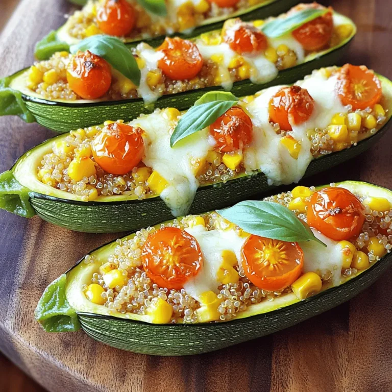 Um leckere cheesy baked zucchini boats zu machen, brauchst du folgende Zutaten: - 4 mittelgroße Zucchini - 1 Tasse gekochte Quinoa (oder Reis) - 1 Tasse Kirschtomaten, halbiert - 1/2 Tasse Mais (frisch oder gefroren) - 1 Tasse geriebener Mozzarella-Käse - 1/2 Tasse geriebener Parmesan-Käse - 1 Teelöffel Knoblauchpulver - 1 Teelöffel Zwiebelpulver - Salz und Pfeffer nach Geschmack - 2 Esslöffel Olivenöl - Frische Basilikumblätter zur Garnierung Falls du einige Zutaten nicht hast, gibt es tolle Alternativen. Statt Quinoa kannst du Reis oder Couscous verwenden. Bei den Kirschtomaten sind Paprika oder Zucchini-Fleisch gute Optionen. Du kannst auch verschiedene Käsesorten ausprobieren, wie Cheddar oder Gouda, um neue Geschmäcker zu entdecken. Wenn du keinen Mais magst, lass ihn einfach weg oder ersetze ihn durch Erbsen. Die Qualität der Zutaten macht einen großen Unterschied. Achte darauf, frische Zucchini zu wählen. Sie sollten fest und glänzend sein. Kirschtomaten sollten reif und süß duften. Wenn du frischen Mais verwendest, greife nach festen, goldenen Kolben. Für die Kräuter ist es am besten, frische Basilikumblätter zu nutzen. Sie geben den Zucchinibooten einen tollen Geschmack. So sorgst du dafür, dass deine cheesy baked zucchini boats richtig lecker werden. Heize deinen Ofen auf 190°C vor. Wasche die Zucchini gründlich. Schneide sie der Länge nach in zwei Hälften. Nimm einen Löffel und entferne das Innere. Lass dabei etwa 0,6 cm Zucchini-Fleisch stehen. Bewahre das herausgenommene Fruchtfleisch für später auf. Diese kleinen Boote sind die Grundlage für deine Füllung. In einer großen Schüssel vermische die gekochte Quinoa, die halbierten Kirschtomaten, den Mais und das aufbewahrte Zucchini-Fruchtfleisch. Füge die Hälfte des geriebenen Mozzarella-Käses hinzu. Würze die Mischung mit Knoblauchpulver, Zwiebelpulver, Salz und Pfeffer. Träufle das Olivenöl darüber und rühre alles gut um, bis sich die Zutaten verbunden haben. Diese Füllung wird den Zucchinibooten einen tollen Geschmack geben. Lege die Zucchiniboote auf ein mit Backpapier ausgelegtes Blech. Fülle jedes Boot großzügig mit der Quinoa-Mischung. Streue den restlichen Mozzarella-Käse und den Parmesan gleichmäßig über die gefüllten Boote. Backe die Zucchiniboote im vorgeheizten Ofen für 25-30 Minuten. Sie sind fertig, wenn die Zucchini zart ist und der Käse goldbraun wird. Lass die Boote kurz abkühlen und dekoriere sie mit frischen Basilikumblättern. Diese Schritte machen die Zucchiniboote einfach und lecker. Du findest die vollständige Anleitung im Full Recipe. Wählen Sie Zucchini, die fest und glänzend sind. Sie sollten keine Flecken oder Druckstellen haben. Die ideale Zucchini hat eine grüne Farbe und ist mittelgroß. Zu große Zucchini können holzig sein. Achten Sie darauf, dass die Zucchini gleichmäßig dick sind, damit sie gleichmäßig garen. Heizen Sie den Ofen auf 190°C vor. Backen Sie die Zucchiniboote 25 bis 30 Minuten. Die Zucchini sollte zart sein, und der Käse sollte goldbraun und sprudelnd sein. Überprüfen Sie die Boote nach 20 Minuten. So vermeiden Sie, dass die Zucchini zu weich wird. Wenn der Käse zu schnell bräunt, decken Sie die Boote mit Folie ab. Mozzarella und Parmesan sind klassisch, aber Sie können auch variieren. Fügen Sie Feta für eine salzige Note hinzu. Gouda bringt einen rauchigen Geschmack. Für mehr Würze verwenden Sie Cheddar oder eine Mischung aus verschiedenen Käsesorten. Experimentieren Sie mit Kräuterkäse für frische Aromen. Käse macht die Zucchiniboote besonders lecker und cremig. {{image_4}} Wenn Sie eine vegetarische Option bevorzugen, gibt es viele Möglichkeiten. Sie können die Quinoa durch Linsen ersetzen. Linsen sind nahrhaft und geben den Zucchiniboote mehr Biss. Eine Mischung aus Pilzen, Spinat und Paprika ist ebenfalls lecker. Diese Zutaten bringen Farbe und Geschmack in Ihr Gericht. Um mehr Protein hinzuzufügen, probieren Sie Hähnchen oder Tofu. Gekochtes Hähnchen passt gut zu den Aromen. Wenn Sie Tofu verwenden, nehmen Sie extra festen Tofu und braten Sie ihn vorher an. Das gibt einen tollen Geschmack und macht die Zucchiniboote sättigender. Für mehr Geschmack können Sie verschiedene Gewürze verwenden. Paprika und Kreuzkümmel geben ein würziges Aroma. Frische Kräuter wie Petersilie oder Oregano erhöhen den Geschmack. Experimentieren Sie mit diesen Alternativen, um Ihre perfekten Zucchiniboote zu finden. Diese Variationen machen das Gericht spannend und neu. Für das gesamte Rezept besuchen Sie [Full Recipe]. Wenn Sie Käsegebackene Zucchiniboote übrig haben, können Sie sie einfach im Kühlschrank lagern. Stellen Sie sicher, dass die Zucchiniboote in einem luftdichten Behälter sind. So bleiben sie frisch. Sie können sie bis zu drei Tage aufbewahren. Vor dem Essen einfach auf Raumtemperatur bringen. Das Einfrieren ist eine gute Option, wenn Sie die Zucchiniboote länger aufbewahren möchten. Lassen Sie die Zucchiniboote zuerst abkühlen. Wickeln Sie sie dann gut in Folie ein oder geben Sie sie in einen gefrierfesten Behälter. Sie können sie bis zu drei Monate einfrieren. Zum Auftauen legen Sie sie einfach über Nacht in den Kühlschrank. Um die Zucchiniboote aufzuwärmen, heizen Sie den Ofen auf 180°C vor. Legen Sie die Boote auf ein Backblech und decken Sie sie leicht mit Alufolie ab. Backen Sie sie etwa 15-20 Minuten, bis sie heiß sind. Alternativ können Sie auch die Mikrowelle verwenden. Stellen Sie die Zucchiniboote einfach für ein bis zwei Minuten auf hohe Stufe. So bleiben sie lecker und frisch. Gefüllte Zucchiniboote sind im Kühlschrank bis zu fünf Tage haltbar. Stelle sicher, dass du sie in einem luftdichten Behälter aufbewahrst. So bleiben sie frisch und lecker. Wenn du sie länger aufbewahren möchtest, friere sie ein. Zum Auftauen einfach über Nacht im Kühlschrank lagern. Ja, du kannst die Füllung im Voraus zubereiten. Bereite die Quinoa-Mischung und die Gewürze vor. Lagere sie in einem Behälter im Kühlschrank für bis zu zwei Tage. Am Tag des Kochens füllst du die Zucchini und backst sie. So sparst du Zeit und hast weniger Stress beim Kochen. Zu cheesy baked zucchini boats passen viele Beilagen gut. Hier sind einige Ideen: - Ein frischer grüner Salat mit Balsamico-Dressing - Gegrilltes Gemüse für mehr Geschmack - Ein einfaches Knoblauchbrot als Beilage - Quinoa oder Reis als zusätzliche Kohlenhydrate Diese Beilagen ergänzen die Zucchiniboote und bringen Farbe auf den Tisch. Zucchiniboote sind einfach zuzubereiten und sehr lecker. Wir haben die wichtigsten Zutaten, Anleitungen, Tipps und Variationen behandelt. Denke daran, frische Zutaten zu wählen für den besten Geschmack. Du kannst die Füllung anpassen und sogar Reste aufbewahren. Experimentiere mit verschiedenen Gewürzen und Käsevariationen, um dein Gericht zu verbessern. Mit diesen Informationen bist du bereit, die perfekten Zucchiniboote zu kreieren. Viel Spaß beim Kochen!