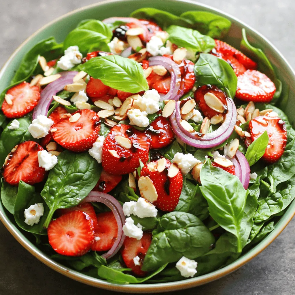 - 6 Tassen frischer Spinat, gewaschen und getrocknet - 1 Tasse Erdbeeren, entkelcht und in Scheiben geschnitten - 1 Tasse zerbröckelter Feta-Käse Frischer Spinat ist der Hauptbestandteil. Er bringt eine knackige Textur und viele Nährstoffe. Erdbeeren fügen eine süße Note hinzu. Ihre leuchtende Farbe macht den Salat schön. Der Feta-Käse gibt dem Salat einen herzhaften Geschmack. Diese Zutaten machen den Salat frisch und köstlich. - 1/2 Tasse gestiftelte Mandeln, geröstet - 1/4 rote Zwiebel, dünn geschnitten - 1/4 Tasse Balsamico-Vinaigrette (hausgemacht oder aus dem Laden) Gestiftete Mandeln bringen Crunch und Protein. Rösten verstärkt ihren Geschmack. Die rote Zwiebel fügt eine milde Schärfe hinzu. Sie zerschneidet die Süße der Erdbeeren. Die Balsamico-Vinaigrette verbindet alle Aromen. Sie sorgt für eine perfekte Balance. - Salz - Pfeffer - Frische Basilikumblätter zur Garnitur Salz und Pfeffer verbessern die Aromen. Sie sind einfach, aber wichtig. Frische Basilikumblätter sind die perfekte Garnitur. Sie verleihen dem Salat Aroma und Farbe. Diese Gewürze machen den Salat noch besser. Für das volle Rezept schaue dir die [Full Recipe] an. - Wasche den frischen Spinat gut und trockne ihn. - Entferne die Kelche von den Erdbeeren und schneide sie in Scheiben. - Stelle alle Zutaten bereit, damit du schnell arbeiten kannst. - Gib den gewaschenen Spinat in eine große Rührschüssel. - Füge die geschnittenen Erdbeeren, den zerbröckelten Feta und die Mandeln hinzu. - Träufle die Balsamico-Vinaigrette über die Mischung. Mische alles sanft. - Richte den Salat auf einer großen Platte an. - Garniere ihn mit frischen Basilikumblättern für einen extra frischen Touch. Für das komplette Rezept und weitere Details, sieh dir den Full Recipe an. Frische Zutaten machen den Unterschied. Verwende nur den besten Spinat und die reifsten Erdbeeren. Der Geschmack wird dadurch lebendiger. Eine selbstgemachte Vinaigrette bringt noch mehr Tiefe. Mische einfach Balsamico, Olivenöl, Salz und Pfeffer. Du wirst den Unterschied schmecken! Präsentation ist wichtig. Ein schön angerichteter Salat macht mehr Spaß zu essen. Lege die Zutaten schichtweise in eine Schüssel. So sieht alles bunt und einladend aus. Du kannst auch alles gut vermischen, wenn du es einfacher magst. Beide Methoden sind lecker und bieten verschiedene Erlebnisse. Dieser Salat ist voll mit Nährstoffen. Spinat ist reich an Eisen und Vitaminen. Erdbeeren bieten Antioxidantien und sind süß. Feta-Käse gibt dir Protein und Geschmack. Wenn du auf Kalorien achtest, ist dieser Salat eine gute Wahl. Er füllt dich, ohne zu schwer zu sein. Für die vollständige Anleitung und weitere Details schaue dir das [Full Recipe] an. {{image_4}} Füge dem Spinatsalat einige köstliche Extras hinzu. Eine Avocado bringt eine cremige Textur und gesunde Fette. Sie macht den Salat noch nahrhafter und sättigender. Ein weiteres großartiges Extra sind Cranberries. Sie fügen eine süße Note und einen schönen Farbkontrast hinzu. Wenn du Gluten meiden möchtest, ist dieser Salat genau richtig. Alle Zutaten sind glutenfrei. Du kannst sogar die Vinaigrette selbst machen, um sicherzustellen, dass sie auch frei von Gluten ist. Für vegane Varianten lasse den Feta-Käse weg oder ersetze ihn durch einen pflanzlichen Käse. So bleibt der Salat lecker und rein pflanzlich. Im Sommer kannst du andere Beeren wie Himbeeren oder Brombeeren verwenden. Diese Beeren bringen frische Aromen und sind süß. Im Winter sind Wurzelgemüse wie Rüben oder Karotten eine tolle Wahl. Sie geben dem Salat eine herzhafte Note und sind sehr nahrhaft. Für die komplette Zubereitung kannst du die [Full Recipe] ansehen. Um deinen Spinatsalat frisch zu halten, lagere ihn im Kühlschrank. Verwende einen luftdichten Behälter. Das schützt die Zutaten vor Feuchtigkeit und Gerüchen. So bleibt der Geschmack gut erhalten. Der Spinatsalat hält sich etwa zwei Tage im Kühlschrank. Achte darauf, die Zutaten frisch zu halten. Spinat und Erdbeeren verlieren schnell ihre Frische. Vorbereitete Salate sollten nicht länger als zwei Tage aufbewahrt werden. So vermeidest du einen matschigen Salat. Wenn du Reste hast, verwende den Salat für dein nächstes Mittagessen. Er passt gut zu Sandwiches oder Wraps. Du kannst auch neue Rezepte ausprobieren. Mische die Reste in eine Omelette oder auf eine Pizza. So hast du schnell eine köstliche Mahlzeit. Der Spinatsalat bleibt frisch, wenn du ihn richtig lagerst. Am besten bewahrst du ihn in einem luftdichten Behälter auf. So bleibt der Salat bis zu drei Tage knackig. Achte darauf, die Vinaigrette separat zu lagern. Ein nasser Salat wird schnell matschig. Wenn du den Salat mit Dressing vermischst, ist er nur einen Tag haltbar. Ja, du kannst die Vinaigrette im Voraus machen. Sie bleibt im Kühlschrank bis zu einer Woche frisch. Kombiniere einfach Balsamico, Öl, Salz und Pfeffer in einem Glas. Schüttle es gut, bevor du es verwendest. So sparst du Zeit, wenn du den Salat zubereitest. Außerdem schmeckt die Vinaigrette besser, wenn sie etwas Zeit hat, um die Aromen zu verbinden. Ja, dieser Salat ist gesund und nahrhaft. Er hat wenig Kalorien und viel Vitamine. Eine Portion hat etwa 150 Kalorien, abhängig von der Vinaigrette. Der Salat enthält frischen Spinat, der reich an Eisen und Antioxidantien ist. Erdbeeren bieten Vitamin C, während Feta Protein hinzufügt. Mit Nüssen bekommst du gesunde Fette dazu. Du kannst verschiedene Nüsse für deinen Salat verwenden. Mandeln sind eine tolle Wahl. Sie geben einen schönen Crunch. Walnüsse oder Pekannüsse passen auch gut. Wenn du es süßer magst, probiere karamellisierte Nüsse. Jede Nuss hat ihren eigenen Geschmack und macht den Salat interessanter. Experimentiere mit verschiedenen Nüssen für neue Aromen. Zusammenfassend haben wir einen leckeren Spinatsalat mit Erdbeeren, Feta und Mandeln behandelt. Wir haben die Zutaten, die Zubereitung und Tipps für den perfekten Geschmack besprochen. Es ist wichtig, frische Zutaten zu wählen und die Vinaigrette selbst zu machen. Denke auch an Variationen, die deinen Salat aufpeppen. Mit diesen Tipps kannst du gesunde und schmackhafte Salate genießen. Probiere es aus und entdecke neue Geschmäcker!