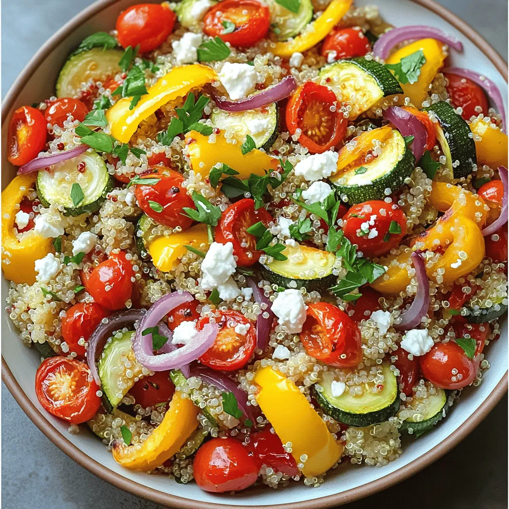 - 1 Tasse Quinoa, gründlich gewaschen - 1 Zucchini, gewürfelt - 1 Paprika (rot oder gelb), gewürfelt - 1 Tasse Kirschtomaten, halbiert - 1 rote Zwiebel, in Wedges geschnitten Die Quinoa bildet die Basis des Salats. Sie ist nahrhaft und hat viel Protein. Ich wasche die Quinoa gut, um Bitterstoffe zu entfernen. Das Gemüse bringt Farbe und Geschmack. Ich nehme Zucchini, Paprika, Kirschtomaten und rote Zwiebeln. Diese Zutaten harmonieren perfekt und sorgen für eine tolle Textur. - 2 Esslöffel Olivenöl - 1 Teelöffel Knoblauchpulver - 1 Teelöffel geräuchertes Paprikapulver - Salz und Pfeffer nach Geschmack Das Olivenöl macht das Gemüse zart. Knoblauchpulver fügt einen tollen Geschmack hinzu. Geräuchertes Paprikapulver gibt eine angenehme Note. Salz und Pfeffer sind wichtig, um alles abzurunden. Die Gewürze machen den Salat besonders lecker. - 1/4 Tasse Feta-Käse, zerbröselt - 2 Esslöffel frische Petersilie, gehackt - Saft von 1 Zitrone Feta-Käse macht den Salat cremig und würzig. Frische Petersilie bringt Farbe und Frische. Der Zitronensaft sorgt für eine leichte Säure. Diese Toppings sind optional, aber sie machen den Salat noch besser. Sie passen perfekt zur Quinoa und dem gerösteten Gemüse. Wenn du das Rezept nachkochen möchtest, findest du die Details im Full Recipe. Heizen Sie den Ofen auf 220°C vor. Dies sorgt dafür, dass das Gemüse schön röstet. Während der Ofen heizt, schneiden Sie das Gemüse. Nehmen Sie die Zucchini, Paprika, Kirschtomaten und rote Zwiebel. Würfeln Sie die Zucchini und Paprika. Halbieren Sie die Kirschtomaten und schneiden Sie die Zwiebel in Wedges. Geben Sie alles in eine große Schüssel. Fügen Sie Olivenöl, Knoblauchpulver, geräuchertes Paprikapulver, Salz und Pfeffer hinzu. Mischen Sie alles gut, bis das Gemüse gleichmäßig bedeckt ist. Bereiten Sie ein Backblech vor. Legen Sie es mit Backpapier aus. Verteilen Sie das marinierte Gemüse in einer einzigen Schicht darauf. Rösten Sie das Gemüse im Ofen für etwa 20-25 Minuten. Es sollte zart und leicht angebräunt sein. Überprüfen Sie es nach der Hälfte der Zeit. Rühren Sie das Gemüse um, damit es gleichmäßig röstet. Bringen Sie in einem mittelgroßen Topf die Gemüsebrühe zum Kochen. Achten Sie darauf, dass sie sprudelnd kocht. Fügen Sie die gewaschene Quinoa hinzu. Reduzieren Sie die Hitze und decken Sie den Topf ab. Lassen Sie die Quinoa 15 Minuten kochen. Sie ist fertig, wenn die gesamte Flüssigkeit aufgesogen ist. Nehmen Sie den Topf vom Herd und lockern Sie die Quinoa mit einer Gabel auf. Kombinieren Sie schließlich die gekochte Quinoa mit dem gerösteten Gemüse in einer großen Schüssel. Fügen Sie optional Feta, Petersilie und Zitronensaft hinzu. Mischen Sie alles vorsichtig. So entsteht ein bunter und nahrhafter Röstgemüse Quinoa Salat. Für die vollständige Zubereitung besuchen Sie das [Full Recipe]. Das Rösten von Gemüse ist einfach, wenn man es richtig macht. Zuerst schneide das Gemüse gleichmäßig. So garen alle Stücke gleich. Mische das Gemüse mit Olivenöl und Gewürzen. Verwende genug Öl, damit es nicht austrocknet. Röste das Gemüse bei 220°C für 20 bis 25 Minuten. Es sollte zart sein und leicht bräunen. Für die perfekte Quinoa koche sie in Gemüsebrühe. Das gibt mehr Geschmack. Bring die Brühe zum Kochen, füge die gewaschene Quinoa hinzu und reduziere die Hitze. Lass die Quinoa 15 Minuten köcheln. Wenn die Flüssigkeit aufgesogen ist, lockere sie mit einer Gabel auf. Du kannst den Salat vegan machen. Lass einfach den Feta-Käse weg. Stattdessen kannst du Avocado oder Nüsse hinzufügen. Das gibt auch einen schönen Geschmack. Verändere die Würzung nach deinem Geschmack. Du kannst mehr Knoblauchpulver oder Gewürze hinzufügen. Probiere auch frische Kräuter aus, wie Basilikum oder Thymian. Das Anrichten des Salats ist wichtig. Verwende eine große, flache Schüssel. Dadurch sieht der Salat einladend aus. Streue Feta und frische Petersilie obenauf. Das bringt Farbe und Frische. Denke an Farb- und Texturvariationen. Füge rote und gelbe Paprika für mehr Farben hinzu. Auch verschiedene Gemüsesorten sorgen für einen tollen Look. So wird dein Röstgemüse Quinoa Salat nicht nur lecker, sondern auch schön anzusehen. Für die vollständige Rezeptanleitung schaue dir die [Full Recipe] an. {{image_4}} Ich mag es, mit verschiedenen Gemüsen zu experimentieren. In den Sommermonaten sind frische Tomaten und Zucchini perfekt. Im Herbst kann man Kürbis und Rosenkohl verwenden. Diese saisonalen Gemüsevarianten bringen neue Aromen und Farben in den Salat. Auch Blattgemüse wie Spinat oder Rucola sind tolle Ergänzungen. Sie geben dem Gericht mehr Frische und Nährstoffe. Um den Salat nahrhafter zu machen, füge Hühnchen oder Kichererbsen hinzu. Hühnchen ist eine großartige Quelle für mageres Protein. Kichererbsen sind pflanzlich und bringen Ballaststoffe mit. Nüsse und Samen sind ebenfalls eine gute Wahl. Mandeln oder Sonnenblumenkerne sorgen für einen schönen Crunch. Diese Zutaten machen den Salat sättigender und gesünder. Ein selbstgemachtes Vinaigrette ist einfach zuzubereiten. Mische Olivenöl, Essig, Senf und Gewürze. Das schmeckt frisch und leicht. Du kannst auch alternative Gewürze und Saucen ausprobieren. Zum Beispiel passt ein Joghurt-Dressing gut dazu. So kannst du den Geschmack des Salats verändern. Probiere verschiedene Varianten aus, um deinen Favoriten zu finden. Wenn du das gesamte Rezept sehen möchtest, schau dir die [Full Recipe] an. Bewahre den Röstgemüse Quinoa Salat im Kühlschrank auf. Stelle sicher, dass er in einem luftdichten Behälter ist. So bleibt er frisch und schmackhaft. Du kannst den Salat bis zu drei Tage im Kühlschrank aufbewahren. Wenn du den Salat fertigstellen möchtest, füge frische Petersilie und Zitronensaft kurz vor dem Servieren hinzu. Das bringt den Geschmack zurück und macht ihn lebendig. Du kannst den Salat auch für eine spätere Mahlzeit einfrieren. Teile den Salat in Portionen auf. Verwende gefriergeeignete Behälter oder Beutel. Achte darauf, so viel Luft wie möglich zu entfernen. So bleibt der Salat bis zu zwei Monate frisch. Wenn du ihn essen möchtest, taue den Salat im Kühlschrank über Nacht auf. Der Röstgemüse Quinoa Salat hält sich gut, wenn du ihn richtig lagerst. Nach drei Tagen im Kühlschrank kannst du Anzeichen von Verderb bemerken. Schau nach einer matschigen Textur oder einem unangenehmen Geruch. Wenn du dir nicht sicher bist, schmecke einen kleinen Bissen. Sicherheit geht vor, also wenn etwas nicht stimmt, wirf es weg. Der Röstgemüse Quinoa Salat bleibt im Kühlschrank frisch. Ich empfehle, ihn in einem luftdichten Behälter aufzubewahren. So bleibt er bis zu drei Tage lecker. Achte darauf, dass keine Feuchtigkeit eindringt, um die Frische zu bewahren. Ja, du kannst Quinoa im Voraus zubereiten! Koche sie und lasse sie abkühlen, bevor du sie in den Kühlschrank stellst. Sie bleibt bis zu einer Woche frisch. So sparst du Zeit, wenn du den Salat zubereitest. Ja, dieser Salat ist glutenfrei! Quinoa ist eine tolle glutenfreie Option. Stelle sicher, dass alle anderen Zutaten auch glutenfrei sind, besonders bei Gewürzen und Brühe. So kannst du diesen Salat ohne Bedenken genießen. Der Röstgemüse Quinoa Salat passt gut zu vielen Gerichten. Du kannst ihn mit gegrilltem Hühnchen oder Fisch servieren. Auch ein einfacher grüner Salat ergänzt ihn gut. Für ein leichtes Mittagessen ist dieser Salat allein perfekt! Entdecke die Vielfalt und die Aromen in diesem Röstgemüse Quinoa Salat. Du findest die vollständige Zubereitung in der [Full Recipe]. Dieser Salat bietet einfache, gesunde Zutaten für jeden. Du kannst Quinoa, frisches Gemüse und Gewürze variieren. Das Rösten bringt den Geschmack hervor. Denke an die Tipps zur perfekten Zubereitung. Präsentation spielt eine große Rolle. Achte auf die richtige Aufbewahrung, damit der Salat frisch bleibt. Ob für dich allein oder Gäste, dieser Salat ist flexibel. Lass deiner Kreativität freien Lauf!