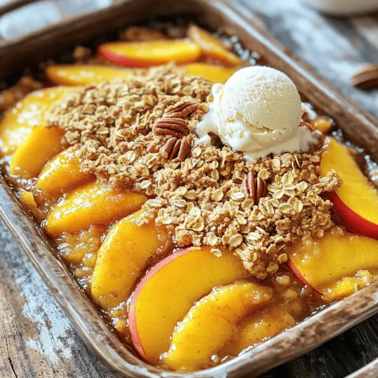 Für einen leckeren Vegan Peach Crisp brauchen Sie einige einfache Zutaten. Hier ist die Liste: - 4 große reife Pfirsiche, in Scheiben geschnitten - 1 Esslöffel Zitronensaft - 1/4 Tasse Ahornsirup (oder Agavensirup) - 1 Teelöffel Zimt - 1/2 Teelöffel Vanilleextrakt - 1 Tasse Haferflocken - 1/2 Tasse Mandelmehl (oder Vollkornmehl) - 1/3 Tasse Kokosöl, geschmolzen - 1/3 Tasse brauner Zucker (oder Kokoszucker) - Eine Prise Salz - Optional: 1/4 Tasse gehackte Nüsse (z.B. Pekannüsse oder Walnüsse) Diese Zutaten sorgen für den perfekten Mix aus Süße und Textur. Um die besten Pfirsiche zu wählen, sollten Sie auf einige Punkte achten. Suchen Sie nach Pfirsichen, die fest, aber leicht gebeugt sind. Sie sollten einen süßen Duft haben. Achten Sie darauf, dass die Schale keine dunklen Flecken oder Druckstellen hat. Reife Pfirsiche sind oft gelb oder rot gefärbt. Wenn Sie sie leicht drücken, sollten sie leicht nachgeben. Wenn Sie andere Süßungsmittel verwenden möchten, gibt es viele Optionen. Agavensirup ist eine gute Wahl. Er hat einen milden Geschmack und löst sich gut auf. Kokoszucker ist eine weitere Möglichkeit. Er gibt einen karamellartigen Geschmack. Sie können auch Dattelsirup oder Honig verwenden, wenn Sie nicht vegan sind. Denken Sie daran, die Menge anzupassen, da einige Süßungsmittel süßer sind als andere. Für das vollständige Rezept besuchen Sie den Abschnitt über die Zubereitung. Beginne mit den Pfirsichen. Du brauchst vier große, reife Pfirsiche. Schneide sie in Scheiben. Gib die Pfirsiche in eine große Schüssel. Füge einen Esslöffel Zitronensaft hinzu. Das hilft, die Frische zu bewahren. Danach gib 1/4 Tasse Ahornsirup und einen Teelöffel Zimt dazu. Das macht die Pfirsiche süß und würzig. Ein halber Teelöffel Vanilleextrakt sorgt für extra Geschmack. Mische alles gut. Achte darauf, dass die Pfirsiche gleichmäßig bedeckt sind. Jetzt kommt der Spaß! In einer separaten Schüssel gib 1 Tasse Haferflocken und 1/2 Tasse Mandelmehl. Das Mandelmehl macht das Topping nussig. Füge 1/3 Tasse geschmolzenes Kokosöl hinzu. Es sorgt für eine knusprige Textur. Dann kommt 1/3 Tasse brauner Zucker dazu. Das süßt das Topping. Vergiss nicht eine Prise Salz! Wenn du möchtest, kannst du 1/4 Tasse gehackte Nüsse hinzufügen. Rühre alles gut um, bis die Mischung krümelig wird. Heize deinen Ofen auf 350°F (175°C) vor. Gib die Pfirsichmischung in eine gefettete 9-Zoll-Auflaufform. Verteile sie gleichmäßig. Streue die Hafer-Topping-Mischung über die Pfirsiche. Jetzt backe das Ganze 30-35 Minuten. Der Crisp ist fertig, wenn die Oberseite goldbraun ist und die Pfirsiche sprudeln. Lass ihn nach dem Backen etwa 10 Minuten abkühlen. Serviere ihn warm. Ein Klecks milchfreies Vanilleeis macht das Dessert perfekt! Für das vollständige Rezept besuche [Full Recipe]. Vegan Peach Crisp ist ein tolles Dessert für viele Feiern. Es passt gut zu Sommerfesten, Grillpartys oder Picknicks. Auch bei Familienfeiern wird es gern serviert. Die süßen Pfirsiche machen es besonders lecker. Mit etwas Vanilleeis wird es noch besser. Jeder wird es lieben! Um einen perfekten Crisp zu backen, gibt es einige Tipps. Achte darauf, die Pfirsiche reif, aber fest zu wählen. Zu weiche Pfirsiche können matschig werden. Mische die Zutaten gründlich, damit jeder Bissen gut schmeckt. Wenn die Oberseite zu schnell bräunt, decke sie mit Folie ab. So bleibt der Crisp saftig. Du kannst das Rezept leicht anpassen. Probiere verschiedene Früchte wie Äpfel oder Beeren. Füge Nüsse hinzu, um mehr Crunch zu bekommen. Auch das Süßen kannst du variieren. Nutze Agavensirup oder Kokoszucker, wenn du magst. So wird dein Vegan Peach Crisp immer neu und spannend! {{image_4}} Für eine fruchtige Abwechslung kannst du Beeren verwenden. Himbeeren, Blaubeeren oder Erdbeeren passen gut. Diese Früchte bringen eine süße und saftige Note. Mische die Beeren einfach mit den anderen Zutaten wie bei den Pfirsichen. Du möchtest den Vegan Peach Crisp glutenfrei machen? Ersetze das Mandelmehl durch glutenfreies Mehl. Achte darauf, dass die Haferflocken auch glutenfrei sind. So kannst du den Genuss ohne Bedenken genießen. Es gibt viele Früchte, die diesen Crisp lecker machen. Probiere Äpfel, Birnen oder Kirschen. Du kannst auch eine Mischung aus verschiedenen Früchten verwenden. Das bringt neue Aromen und macht das Dessert spannend. Experimentiere mit den Früchten, um deinen perfekten Crisp zu finden. Um deinen Vegan Peach Crisp frisch zu halten, lege ihn in den Kühlschrank. Verwende eine luftdichte Box. So bleibt der Crisp bis zu fünf Tage frisch. Achte darauf, die Oberseite abzudecken, um sie knusprig zu halten. Wenn du mehr Zeit brauchst, kannst du den Crisp auch einfrieren. Lass ihn zuerst vollständig abkühlen. Teile ihn dann in Portionen. Packe jede Portion in einen gefrierfesten Beutel oder eine Box. So hält er sich bis zu drei Monate. Vergiss nicht, das Datum zu notieren! Um den Crisp aufzuwärmen, nimm ihn aus dem Kühlschrank oder Gefrierfach. Heize deinen Ofen auf 350°F (175°C) vor. Lege den Crisp in eine Auflaufform. Bedecke ihn mit Aluminiumfolie, um das Austrocknen zu vermeiden. Backe ihn für etwa 15 bis 20 Minuten. So wird er wieder warm und lecker! Wenn du es noch besser machen möchtest, serviere ihn mit einem Klecks pflanzlicher Sahne oder Eis. So bleibt der Genuss hoch! Für das komplette Rezept schau dir die Anleitung in der Full Recipe an. Ja, der Vegan Peach Crisp ist ganz sicher vegan. Alle Zutaten sind pflanzlich. Wir verwenden Pfirsiche, Haferflocken, und Kokosöl. Diese Zutaten sind ohne tierische Produkte. Achten Sie darauf, den richtigen Sirup zu wählen. Ahornsirup und Agavensirup sind gute Optionen. Die Süße kann leicht angepasst werden. Sie können mehr oder weniger Sirup verwenden. Wenn Sie es süßer mögen, fügen Sie einfach mehr hinzu. Probieren Sie auch andere Süßungsmittel aus. Kokoszucker hat einen tollen Geschmack und ist weniger süß. Beginnen Sie mit einer kleinen Menge und probieren Sie die Mischung. Ja, Sie können den Vegan Peach Crisp im Voraus zubereiten. Bereiten Sie die Pfirsiche und die Hafermischung vor. Lagern Sie alles getrennt im Kühlschrank. Am Backtag einfach alles in die Form geben und backen. Dies spart Zeit und macht das Dessert einfach! Der Vegan Peach Crisp ist einfach zuzubereiten und perfekt für viele Anlässe. Achte auf frische Pfirsiche und probiere unsere Tipps zum Süßen. Mit der Schritt-für-Schritt-Anleitung kannst du sicher sein, dass dein Crisp gelingt. Denke daran, dass du viele Varianten ausprobieren kannst, z. B. mit anderen Früchten. Zur Lagerung solltest du die Empfehlungen beachten, um die Frische zu behalten. Experimentiere und finde die Mischung, die dir am besten schmeckt!