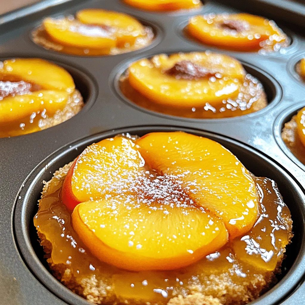 Die Hauptzutaten sind einfach und klar. Sie brauchen: - 2 reife Pfirsiche, in Scheiben geschnitten - 60 g ungesalzene Butter, geschmolzen - 70 g brauner Zucker - 125 g Weizenmehl (Type 405) - 1/2 Teelöffel Backpulver - 1/4 Teelöffel Natron - 1/4 Teelöffel Salz - 70 g Zucker (weißer Kristallzucker) - 1 großes Ei - 120 ml Milch - 1 Teelöffel Vanilleextrakt Diese Zutaten geben den Mini-Kuchen ihren süßen und fruchtigen Geschmack. Die Pfirsiche sind saftig und sorgen für eine schöne Präsentation. Zusätzliche Zutaten spielen eine wichtige Rolle. Die Butter sorgt für Feuchtigkeit und Geschmack. Brauner Zucker bringt eine tiefe Süße und eine schöne Karamellnote. Das Weizenmehl gibt den Kuchen Struktur. Backpulver und Natron helfen beim Aufgehen. Das Ei bindet alles zusammen und macht den Teig locker. Milch macht ihn schön cremig, und Vanilleextrakt bringt ein leckeres Aroma. Wenn du spezielle Diäten beachtest, gibt es tolle Alternativen. - Glutenfrei: Nutze glutenfreies Mehl anstelle von Weizenmehl. - Vegan: Ersetze das Ei durch eine Banane oder Apfelmus. Nutze pflanzliche Milch und Margarine. Diese Alternativen helfen, den Genuss zu bewahren, ohne Kompromisse einzugehen. Du kannst das Rezept ganz nach deinen Wünschen anpassen. Wenn du mehr Details möchtest, schau dir das Full Recipe an. Um die Pfirsich-Upside-Down-Mini-Kuchen zu machen, beginnen Sie mit den Vorbereitungen. Heizen Sie den Ofen auf 175°C vor. Fetten Sie ein Muffinblech gut ein. Sie können Antihaft-Spray oder Butter verwenden. Das sorgt dafür, dass die Kuchen später gut herauskommen. Jetzt legen wir los mit dem Backen. In einer kleinen Schüssel vermengen Sie die geschmolzene Butter und den braunen Zucker. Rühren Sie gut, bis die Mischung glatt ist. Gießen Sie diese Mischung gleichmäßig in die Muffinmulden. Ordnen Sie dann die Pfirsichscheiben hübsch darauf an. In einer separaten Schüssel mischen Sie das Mehl, Backpulver, Natron und Salz. In einer großen Schüssel schlagen Sie den weißen Zucker und das Ei zusammen, bis es leicht und luftig ist. Fügen Sie die Milch und den Vanilleextrakt hinzu. Mischen Sie alles gut. Geben Sie dann die trockenen Zutaten nach und nach dazu. Falten Sie sie vorsichtig ein, bis alles vermischt ist. Löffeln Sie den Teig gleichmäßig über die Pfirsichscheiben in jedem Muffinfach. Füllen Sie jedes Fach etwa bis zur Hälfte. Backen Sie die Kuchen 20-25 Minuten lang. Ein Zahnstocher sollte sauber herauskommen, wenn Sie ihn in die Mitte stechen. Lassen Sie die Mini-Kuchen etwa 5 Minuten im Muffinblech abkühlen. Dann nehmen Sie ein Küchentuch oder ein Brett und legen es auf das Blech. Halten Sie das Blech und das Tuch fest zusammen. Drehen Sie das Blech vorsichtig um. Klopfen Sie sanft auf die Rückseite des Blechs. So lassen sich die Kuchen leicht stürzen. Wenn sie gut gebacken sind, kommen sie problemlos heraus. Servieren Sie Ihre Mini-Kuchen warm oder bei Zimmertemperatur. Genießen Sie sie mit frischen Minzblättern oder einer Staubzuckerbestäubung. Ein häufiger Fehler ist, die Pfirsiche nicht gut abzutrocknen. Feuchtigkeit kann den Teig verwässern. Achte darauf, die Pfirsiche mit einem Küchenpapier zu trocknen. Ein weiterer Fehler ist, die Zutaten zu lange zu mischen. Mische sie gerade so, bis alles verbunden ist. Zu viel Mischen macht die Kuchen hart und trocken. Du kannst verschiedene Früchte nutzen, um den Geschmack zu variieren. Anstelle von Pfirsichen probiere Ananas oder Äpfel. Auch ein Hauch von Zimt oder Muskatnuss kann den Kuchen bereichern. Für einen zusätzlichen Kick kannst du geröstete Nüsse oder Schokolade hinzufügen. Das macht die Mini-Kuchen besonders lecker. Frische Pfirsiche bieten den besten Geschmack. Wähle reife, saftige Exemplare. Bei konservierten Pfirsichen achte darauf, sie gut abtropfen zu lassen. Das verhindert, dass der Teig zu feucht wird. Wenn du die Mini-Kuchen mit frischen Pfirsichen machst, schneide sie in dünne Scheiben. So verteilt sich der Geschmack gleichmäßig. Für das vollständige Rezept schaue in den Abschnitt "Full Recipe". {{image_4}} Du kannst auch andere Früchte für diese Mini-Kuchen nutzen. Äpfel sind eine tolle Wahl. Schneide sie in dünne Scheiben und lege sie wie die Pfirsiche in die Formen. Ananas bringt einen süßen, tropischen Geschmack. Verwende frische oder Dosenananas, je nach Bedarf. Auch Beeren wie Himbeeren oder Blaubeeren passen gut. Diese Früchte geben den Kuchen eine schöne Farbe und einen tollen Geschmack. Wenn du glutenfrei backen möchtest, ersetze das Weizenmehl mit einer glutenfreien Mischung. Achte darauf, dass die Mischung Xanthan enthält. Für eine vegane Version, nimm einen Leinsamen-Ei-Ersatz. Mische einen Esslöffel Leinsamen mit drei Esslöffeln Wasser. Lass es einige Minuten ruhen, bis es gelartig wird. Ersetze die Milch durch pflanzliche Milch, wie Mandel- oder Hafermilch. So kannst du alle genießen! Um mehr Textur und Geschmack hinzuzufügen, kannst du Nüsse verwenden. Walnüsse oder Pekannüsse passen gut. Hacke sie grob und streue sie über die Pfirsiche. Auch Schokolade ist eine leckere Option. Füge kleine Stücke Zartbitterschokolade oder weiße Schokolade zum Teig hinzu. Diese Ergänzungen machen die Mini-Kuchen noch köstlicher und interessanter. Um deine Pfirsich-Upside-Down-Mini-Kuchen frisch zu halten, lagere sie in einem luftdichten Behälter. Dies schützt sie vor Feuchtigkeit und Gerüchen. Der Behälter sollte an einem kühlen, dunklen Ort stehen. So bleiben die Kuchen für bis zu drei Tage schmackhaft. Um die Frische dieser Mini-Kuchen zu sichern, lege ein Stück Papiertuch in den Behälter. Das Papiertuch nimmt überschüssige Feuchtigkeit auf. Du kannst auch die Kuchen mit Frischhaltefolie umwickeln, um sie länger frisch zu halten. Wenn du die Kuchen in den Kühlschrank stellst, bleiben sie noch länger gut, allerdings kann die Textur etwas leiden. Das Einfrieren der Mini-Kuchen ist einfach. Lass die Kuchen zuerst vollständig abkühlen. Wickele dann jeden Kuchen in Frischhaltefolie ein. Lege die eingewickelten Kuchen in einen Gefrierbeutel und beschrifte ihn mit dem Datum. So sind sie bis zu drei Monate haltbar. Zum Auftauen kannst du die Kuchen einfach über Nacht im Kühlschrank lassen. Alternativ kannst du sie bei Raumtemperatur auftauen. So bleiben sie lecker und saftig. Die Mini-Kuchen bleiben frisch für etwa drei Tage, wenn Sie sie kühl lagern. Bewahren Sie sie in einem luftdichten Behälter auf. So bleibt der Geschmack erhalten. Nach drei Tagen können sie trocken werden, aber sie sind immer noch essbar. Wenn Sie sie länger aufbewahren möchten, frieren Sie sie ein. So halten sie sich bis zu drei Monate. Ja, Sie können das Rezept leicht halbieren. Reduzieren Sie einfach alle Zutaten um die Hälfte. Verwenden Sie ein kleineres Muffinblech, um die Mini-Kuchen zu backen. Achten Sie darauf, die Backzeit anzupassen. Prüfen Sie die Kuchen nach 15 Minuten. So stellen Sie sicher, dass sie nicht zu trocken oder zu matschig werden. Die Mini-Kuchen schmecken wunderbar mit einer Kugel Vanilleeis. Auch frischer Schlagrahm passt gut dazu. Ein Hauch von Zimt oder Muskatnuss kann den Geschmack verstärken. Sie können auch frische Beeren als Garnitur verwenden. Diese Beilagen machen das Dessert noch festlicher und leckerer. Probieren Sie verschiedene Kombinationen aus! Diese Mini-Kuchen sind einfach zuzubereiten und voller Geschmack. Wir haben die Hauptzutaten, Tipps und Lagerungsideen behandelt. Du kannst verschiedene Früchte und Alternativen für spezielle Diäten ausprobieren. Denke an die Anleitungen und vermeide häufige Fehler. Mit diesen Tricks genießt du jeden Bissen. Bereite sie vor, teile sie und genieße die süßen Momente!