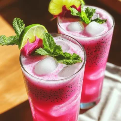 - 1 reife Drachenfrucht, geschält und gewürfelt - 1 Tasse Kokoswasser - 1/2 Tasse frischer Limettensaft - 1 Esslöffel Honig oder Agavensirup (nach Geschmack) - 1/2 Tasse Sprudelwasser - Eiswürfel - Frische Minzblätter - Limettenscheiben Ich liebe es, mit frischen Zutaten zu arbeiten. Die Hauptzutaten sind einfach und lecker. Die Drachenfrucht hat eine lebendige Farbe und einen milden Geschmack. Kokoswasser bringt eine süße Note. Limettensaft gibt dem Drink eine spritzige Frische. Für die zusätzlichen Zutaten kann man Honig oder Agavensirup wählen. Ich empfehle, zuerst wenig Süßstoff hinzuzufügen und die Mischung dann zu probieren. Sprudelwasser hilft, den Drink erfrischend und spritzig zu machen. Eiswürfel sorgen für die richtige Kälte. Für die Garnierung sind frische Minzblätter eine tolle Wahl. Sie bringen Farbe und einen angenehmen Duft. Limettenscheiben sehen ebenfalls gut aus und passen gut zum Geschmack. Mit diesen Zutaten gelingt der Dragon Fruit Coconut Cooler super. Für die genauen Schritte, schaue dir das Full Recipe an. Ich beginne mit der Drachenfrucht. Ich nehme eine reife Drachenfrucht, schäle sie und schneide sie in kleine Würfel. Dann gebe ich die gewürfelte Drachenfrucht in den Mixer. Jetzt füge ich eine Tasse Kokoswasser und eine halbe Tasse frischen Limettensaft hinzu. Um die Mischung abzurunden, kommt ein Esslöffel Honig dazu. Ich mixe alles gut durch, bis eine glatte Konsistenz entsteht. Achte darauf, dass die Mischung schön cremig ist, aber nicht zu lange mixen, damit sie nicht zu flüssig wird. Jetzt probiere ich die Mischung. Wenn ich finde, dass sie nicht süß genug ist, füge ich mehr Honig oder Agavensirup hinzu. Es ist wichtig, die Süße nach meinem Geschmack anzupassen. Ich mixe kurz nochmals, damit der zusätzliche Süßstoff gut eingearbeitet wird. So schmeckt mein Drink perfekt! Ich gieße die Drachenfrucht-Kokos-Mischung in Serviergläser. Dabei fülle ich die Gläser bis zur Oberkante. Wenn ich möchte, kann ich noch Sprudelwasser hinzufügen, um dem Drink mehr Spritzigkeit zu verleihen. Ich gebe Eiswürfel in die Gläser, bis sie halb voll sind. Dann kommt die Mischung dazu. Zum Schluss garniere ich jedes Glas mit frischen Minzblättern und einer Limettenscheibe. Ich serviere den Drink sofort, um die erfrischende Spritzigkeit und die schönen Farben zu genießen. Um den besten Geschmack zu bekommen, verwende frische Zutaten. Frische Drachenfrüchte haben ein süßes und mildes Aroma. Sie bringen den Sommer in dein Glas. Achte darauf, die Süße an deinen Geschmack anzupassen. Das ist wichtig! Du kannst mehr Honig oder Agavensirup hinzufügen. Mixe die Mischung erneut, um alles gut zu vermengen. Eiswürfel sind ein Muss! Kühle die Gläser vor dem Servieren. So bleibt dein Drink lange kalt und erfrischend. Sprudelwasser bringt die Spritzigkeit. Füge es sanft hinzu, um die Bläschen zu erhalten. Rühre vorsichtig, damit der Drink nicht schaumig wird. Diese Schritte helfen, die perfekte Konsistenz zu erreichen. Wähle attraktive Gläser für deinen Dragon Fruit Coconut Cooler. Klare Gläser zeigen die schönen Farben. Das Auge trinkt mit! Für die Garnierung sind frische Minzblätter und Limettenscheiben ideal. Du kannst die Minze leicht andrücken, um das Aroma freizusetzen. Lege eine Limettenscheibe am Rand des Glases. So sieht der Drink noch einladender aus. Wenn du diese Tipps befolgst, wird dein Cooler zum Star jeder Sommerparty! {{image_4}} Wenn du eine vegane Variante machen möchtest, gibt es tolle Alternativen. Du kannst Honig durch Ahornsirup ersetzen. Er hat einen ähnlichen Geschmack und ist komplett pflanzlich. Agavensirup ist auch eine gute Wahl. Beide Süßstoffe passen gut in die Mischung. Außerdem kannst du weitere pflanzliche Ergänzungen hinzufügen. Probiere zum Beispiel Chiasamen oder Leinsamen dazu. Diese geben dir einen extra Nährstoffschub und eine tolle Textur. Um den Geschmack zu variieren, füge andere Früchte hinzu. Ananas oder Mango machen den Drink noch fruchtiger. Diese Früchte bringen Süße und einen tollen Farbkontrast. Du kannst auch den Zitrussaftanteil anpassen. Mehr Limettensaft sorgt für mehr Frische. Weniger Limettensaft macht den Drink milder. Experimentiere, um deinen perfekten Geschmack zu finden. Wenn du eine alkoholische Variante möchtest, gibt es viele Ideen. Rum passt perfekt zu Drachenfrucht und Kokos. Er bringt eine tropische Note. Auch Wodka ist eine gute Wahl. Er hat einen neutralen Geschmack und lässt die Frucht gut zur Geltung kommen. Mische die Spirituosen sanft mit der Drachenfrucht-Kokos-Mischung. Achte darauf, die Süße anzupassen, damit der Drink nicht zu stark wird. Genieß die Vielfalt und finde deine Lieblingskombination! Um die Drachenfrucht-Kokosnuss-Mischung frisch zu halten, kühlen Sie Reste im Kühlschrank. Stellen Sie die Mischung in einen luftdichten Behälter. So bleibt der Geschmack länger erhalten. Die Mischung hält sich bis zu zwei Tage, wenn sie gut verpackt ist. Achten Sie darauf, die Zutaten frisch zu halten. Drachenfrucht und Kokoswasser verlieren schnell ihren Geschmack, wenn sie nicht richtig gelagert werden. Bereiten Sie die Zutaten im Voraus vor. Schneiden Sie die Drachenfrucht und pressen Sie den Limettensaft. So sparen Sie Zeit, wenn Gäste kommen. Sie können die Mischung auch einige Stunden vor dem Servieren zubereiten. Halten Sie die Mischung im Kühlschrank kühl. Für Partys können Sie die Zutaten schon am Morgen vorbereiten. Das macht die Zubereitung schnell und einfach. Wenn Sie Reste haben, denken Sie an Alternativen zur Verwendung. Übrig gebliebene Drachenfrucht ist perfekt für Smoothies. Mischen Sie sie einfach mit Joghurt oder anderen Früchten. Auch Desserts sind eine gute Option. Fügen Sie die Drachenfrucht zu Pudding oder Eis hinzu. So nutzen Sie alles und vermeiden Abfall. Drachenfrucht ist reich an Nährstoffen. Sie enthält Vitamin C, Ballaststoffe und Antioxidantien. Diese Nährstoffe stärken dein Immunsystem und fördern die Verdauung. Zudem hat Drachenfrucht wenig Kalorien, was sie zu einem tollen Snack macht. Kokoswasser bringt viele Vorteile. Es ist hydratisierend und enthält Kalium. Das hilft, den Blutdruck zu regulieren. Außerdem enthält es Elektrolyte, die nach dem Sport wichtig sind. Ja, du kannst andere Früchte nutzen. Ananas und Mango passen gut in diesen Drink. Diese Früchte haben einen süßen und frischen Geschmack. Sie können die Drachenfrucht ersetzen oder ergänzen. Wenn du andere Früchte nimmst, variiert der Geschmack. Das kann deinen Drink noch interessanter machen. Experimentiere mit verschiedenen Kombinationen für einen neuen Twist! Um den Drink weniger süß zu machen, reduziere die Menge des Honigs oder Agavensirups. Du kannst auch frischen Limettensaft hinzufügen. Limettensaft bringt einen tollen, säuerlichen Geschmack. Alternativen zur Süßung sind Stevia oder Erythrit. Diese sind kalorienarm und süß. So bleibt dein Drink lecker, aber weniger süß. Der Drachenfrucht-Cocktail ist erfrischend und einfach zuzubereiten. Du hast gelernt, wie man die Haupt- und zusätzlichen Zutaten kombiniert, um einen leckeren Drink zu kreieren. Die Tipps helfen dir, den optimalen Geschmack und eine ansprechende Präsentation zu erreichen. Variationen lassen dir Spielraum für Kreativität. Bewahre Reste richtig auf und nutze sie für Smoothies oder Desserts. Jetzt bist du bereit, diesen köstlichen Drink bei deinem nächsten Anlass zu genießen und zu teilen. Genieß die frische Drachenfrucht und die spritzige Note!