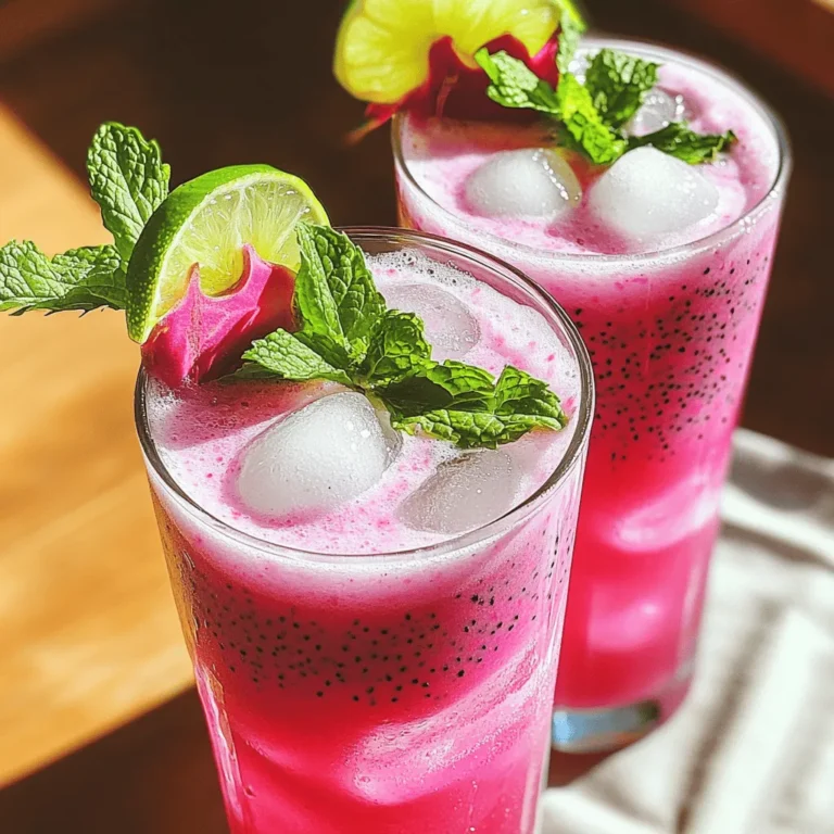- 1 reife Drachenfrucht, geschält und gewürfelt - 1 Tasse Kokoswasser - 1/2 Tasse frischer Limettensaft - 1 Esslöffel Honig oder Agavensirup (nach Geschmack) - 1/2 Tasse Sprudelwasser - Eiswürfel - Frische Minzblätter - Limettenscheiben Ich liebe es, mit frischen Zutaten zu arbeiten. Die Hauptzutaten sind einfach und lecker. Die Drachenfrucht hat eine lebendige Farbe und einen milden Geschmack. Kokoswasser bringt eine süße Note. Limettensaft gibt dem Drink eine spritzige Frische. Für die zusätzlichen Zutaten kann man Honig oder Agavensirup wählen. Ich empfehle, zuerst wenig Süßstoff hinzuzufügen und die Mischung dann zu probieren. Sprudelwasser hilft, den Drink erfrischend und spritzig zu machen. Eiswürfel sorgen für die richtige Kälte. Für die Garnierung sind frische Minzblätter eine tolle Wahl. Sie bringen Farbe und einen angenehmen Duft. Limettenscheiben sehen ebenfalls gut aus und passen gut zum Geschmack. Mit diesen Zutaten gelingt der Dragon Fruit Coconut Cooler super. Für die genauen Schritte, schaue dir das Full Recipe an. Ich beginne mit der Drachenfrucht. Ich nehme eine reife Drachenfrucht, schäle sie und schneide sie in kleine Würfel. Dann gebe ich die gewürfelte Drachenfrucht in den Mixer. Jetzt füge ich eine Tasse Kokoswasser und eine halbe Tasse frischen Limettensaft hinzu. Um die Mischung abzurunden, kommt ein Esslöffel Honig dazu. Ich mixe alles gut durch, bis eine glatte Konsistenz entsteht. Achte darauf, dass die Mischung schön cremig ist, aber nicht zu lange mixen, damit sie nicht zu flüssig wird. Jetzt probiere ich die Mischung. Wenn ich finde, dass sie nicht süß genug ist, füge ich mehr Honig oder Agavensirup hinzu. Es ist wichtig, die Süße nach meinem Geschmack anzupassen. Ich mixe kurz nochmals, damit der zusätzliche Süßstoff gut eingearbeitet wird. So schmeckt mein Drink perfekt! Ich gieße die Drachenfrucht-Kokos-Mischung in Serviergläser. Dabei fülle ich die Gläser bis zur Oberkante. Wenn ich möchte, kann ich noch Sprudelwasser hinzufügen, um dem Drink mehr Spritzigkeit zu verleihen. Ich gebe Eiswürfel in die Gläser, bis sie halb voll sind. Dann kommt die Mischung dazu. Zum Schluss garniere ich jedes Glas mit frischen Minzblättern und einer Limettenscheibe. Ich serviere den Drink sofort, um die erfrischende Spritzigkeit und die schönen Farben zu genießen. Um den besten Geschmack zu bekommen, verwende frische Zutaten. Frische Drachenfrüchte haben ein süßes und mildes Aroma. Sie bringen den Sommer in dein Glas. Achte darauf, die Süße an deinen Geschmack anzupassen. Das ist wichtig! Du kannst mehr Honig oder Agavensirup hinzufügen. Mixe die Mischung erneut, um alles gut zu vermengen. Eiswürfel sind ein Muss! Kühle die Gläser vor dem Servieren. So bleibt dein Drink lange kalt und erfrischend. Sprudelwasser bringt die Spritzigkeit. Füge es sanft hinzu, um die Bläschen zu erhalten. Rühre vorsichtig, damit der Drink nicht schaumig wird. Diese Schritte helfen, die perfekte Konsistenz zu erreichen. Wähle attraktive Gläser für deinen Dragon Fruit Coconut Cooler. Klare Gläser zeigen die schönen Farben. Das Auge trinkt mit! Für die Garnierung sind frische Minzblätter und Limettenscheiben ideal. Du kannst die Minze leicht andrücken, um das Aroma freizusetzen. Lege eine Limettenscheibe am Rand des Glases. So sieht der Drink noch einladender aus. Wenn du diese Tipps befolgst, wird dein Cooler zum Star jeder Sommerparty! {{image_4}} Wenn du eine vegane Variante machen möchtest, gibt es tolle Alternativen. Du kannst Honig durch Ahornsirup ersetzen. Er hat einen ähnlichen Geschmack und ist komplett pflanzlich. Agavensirup ist auch eine gute Wahl. Beide Süßstoffe passen gut in die Mischung. Außerdem kannst du weitere pflanzliche Ergänzungen hinzufügen. Probiere zum Beispiel Chiasamen oder Leinsamen dazu. Diese geben dir einen extra Nährstoffschub und eine tolle Textur. Um den Geschmack zu variieren, füge andere Früchte hinzu. Ananas oder Mango machen den Drink noch fruchtiger. Diese Früchte bringen Süße und einen tollen Farbkontrast. Du kannst auch den Zitrussaftanteil anpassen. Mehr Limettensaft sorgt für mehr Frische. Weniger Limettensaft macht den Drink milder. Experimentiere, um deinen perfekten Geschmack zu finden. Wenn du eine alkoholische Variante möchtest, gibt es viele Ideen. Rum passt perfekt zu Drachenfrucht und Kokos. Er bringt eine tropische Note. Auch Wodka ist eine gute Wahl. Er hat einen neutralen Geschmack und lässt die Frucht gut zur Geltung kommen. Mische die Spirituosen sanft mit der Drachenfrucht-Kokos-Mischung. Achte darauf, die Süße anzupassen, damit der Drink nicht zu stark wird. Genieß die Vielfalt und finde deine Lieblingskombination! Um die Drachenfrucht-Kokosnuss-Mischung frisch zu halten, kühlen Sie Reste im Kühlschrank. Stellen Sie die Mischung in einen luftdichten Behälter. So bleibt der Geschmack länger erhalten. Die Mischung hält sich bis zu zwei Tage, wenn sie gut verpackt ist. Achten Sie darauf, die Zutaten frisch zu halten. Drachenfrucht und Kokoswasser verlieren schnell ihren Geschmack, wenn sie nicht richtig gelagert werden. Bereiten Sie die Zutaten im Voraus vor. Schneiden Sie die Drachenfrucht und pressen Sie den Limettensaft. So sparen Sie Zeit, wenn Gäste kommen. Sie können die Mischung auch einige Stunden vor dem Servieren zubereiten. Halten Sie die Mischung im Kühlschrank kühl. Für Partys können Sie die Zutaten schon am Morgen vorbereiten. Das macht die Zubereitung schnell und einfach. Wenn Sie Reste haben, denken Sie an Alternativen zur Verwendung. Übrig gebliebene Drachenfrucht ist perfekt für Smoothies. Mischen Sie sie einfach mit Joghurt oder anderen Früchten. Auch Desserts sind eine gute Option. Fügen Sie die Drachenfrucht zu Pudding oder Eis hinzu. So nutzen Sie alles und vermeiden Abfall. Drachenfrucht ist reich an Nährstoffen. Sie enthält Vitamin C, Ballaststoffe und Antioxidantien. Diese Nährstoffe stärken dein Immunsystem und fördern die Verdauung. Zudem hat Drachenfrucht wenig Kalorien, was sie zu einem tollen Snack macht. Kokoswasser bringt viele Vorteile. Es ist hydratisierend und enthält Kalium. Das hilft, den Blutdruck zu regulieren. Außerdem enthält es Elektrolyte, die nach dem Sport wichtig sind. Ja, du kannst andere Früchte nutzen. Ananas und Mango passen gut in diesen Drink. Diese Früchte haben einen süßen und frischen Geschmack. Sie können die Drachenfrucht ersetzen oder ergänzen. Wenn du andere Früchte nimmst, variiert der Geschmack. Das kann deinen Drink noch interessanter machen. Experimentiere mit verschiedenen Kombinationen für einen neuen Twist! Um den Drink weniger süß zu machen, reduziere die Menge des Honigs oder Agavensirups. Du kannst auch frischen Limettensaft hinzufügen. Limettensaft bringt einen tollen, säuerlichen Geschmack. Alternativen zur Süßung sind Stevia oder Erythrit. Diese sind kalorienarm und süß. So bleibt dein Drink lecker, aber weniger süß. Der Drachenfrucht-Cocktail ist erfrischend und einfach zuzubereiten. Du hast gelernt, wie man die Haupt- und zusätzlichen Zutaten kombiniert, um einen leckeren Drink zu kreieren. Die Tipps helfen dir, den optimalen Geschmack und eine ansprechende Präsentation zu erreichen. Variationen lassen dir Spielraum für Kreativität. Bewahre Reste richtig auf und nutze sie für Smoothies oder Desserts. Jetzt bist du bereit, diesen köstlichen Drink bei deinem nächsten Anlass zu genießen und zu teilen. Genieß die frische Drachenfrucht und die spritzige Note!