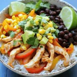 Für meine einfache Chicken Fajita Bowl benötigst du folgende Zutaten: - 450 g Hähnchenbrust, in dünne Streifen geschnitten - 1 Esslöffel Olivenöl - 1 Teelöffel Chili-Pulver - 1 Teelöffel Kreuzkümmel - 1 Teelöffel Knoblauchpulver - 1 Teelöffel Paprika - Salz und Pfeffer nach Geschmack - 1 rote Paprika, in Streifen geschnitten - 1 grüne Paprika, in Streifen geschnitten - 1 gelbe Zwiebel, in Streifen geschnitten - 480 ml gekochter Reis (weißer, brauner oder Blumenkohlreis für eine gesunde Option) - 240 g schwarze Bohnen, gut abgespült und abgetropft - 1 Avocado, gewürfelt - 240 g Mais (frisch oder gefroren) - Frischer Koriander, gehackt, zur Garnierung - Limettenspalten zum Servieren Wähle frisches Hähnchen. Achte auf die Farbe und den Geruch. Die Paprika sollten knackig und bunt sein. So bekommst du mehr Geschmack und Vitamine. Die Bohnen kannst du aus der Dose oder frisch nehmen. Wenn du frische Bohnen nimmst, achte darauf, sie gut zu kochen. Bei der Avocado, drücke leicht darauf. Sie sollte reif, aber nicht zu weich sein. Frischer Koriander verleiht dem Gericht einen tollen Geschmack. Falls du Allergien hast, gibt es tolle Alternativen. Statt Hähnchen kannst du Tofu oder Tempeh verwenden. Für eine glutenfreie Option, wähle glutenfreien Reis. Die Bohnen sind meist glutenfrei, aber immer gut prüfen. Wenn du keine Paprika magst, kannst du auch Zucchini oder Brokkoli verwenden. Für eine milde Variante, lasse das Chili-Pulver weg. So bleibt die Bowl lecker und passt zu deinem Geschmack. Um das Hähnchen zuzubereiten, fange mit einer großen Schüssel an. Dort vermischst du die Hähnchenstreifen mit Olivenöl, Chili-Pulver, Kreuzkümmel, Knoblauchpulver und Paprika. Vergiss nicht, Salz und Pfeffer hinzuzufügen. Diese Gewürze geben dem Hähnchen viel Geschmack. Mische alles gut, bis die Stücke gleichmäßig bedeckt sind. Erhitze dann eine große Pfanne auf mittlerer bis hoher Hitze. Füge das marinierte Hähnchen hinzu. Brate es etwa 5 bis 7 Minuten lang, bis es goldbraun und durchgegart ist. Rühre gelegentlich um, damit das Hähnchen gleichmäßig gart. Jetzt ist es Zeit für das Gemüse! Schneide die rote und grüne Paprika sowie die Zwiebel in Streifen. Sobald das Hähnchen gar ist, gib das geschnittene Gemüse in die Pfanne. Brate das Gemüse etwa 5 Minuten lang. Es sollte zart, aber noch knackig sein. So bleibt der Biss erhalten und das Gemüse sieht schön aus. Jetzt kommt der spaßige Teil: das Zusammenstellen der Fajita-Schüssel! Beginne mit einer Basis aus gekochtem Reis. Du kannst weißen, braunen oder Blumenkohlreis verwenden. Darauf kommen die schwarzen Bohnen, gefolgt von dem sautierten Hähnchen und dem Gemüse. Füge dann den Mais und die gewürfelte Avocado hinzu. Garnieren kannst du die Schüssel mit frisch gehacktem Koriander. Serviere sie mit Limettenspalten, damit jeder nach Geschmack träufeln kann. So wird jede Schüssel frisch und lecker. Für die vollständige Anleitung schau dir das [Full Recipe] an. Die Gewürze machen den Unterschied in deiner Chicken Fajita Bowl. Ich empfehle, Chili-Pulver, Kreuzkümmel und Paprika zu verwenden. Diese Gewürze geben deinem Hähnchen den richtigen Kick. Du kannst auch Knoblauchpulver hinzufügen, um mehr Geschmack zu bekommen. Die richtige Mischung bringt die Aromen zum Leben. Ein häufiger Fehler ist, das Hähnchen zu lange zu garen. Es wird trocken und verliert seinen Geschmack. Koche es nur, bis es goldbraun ist. Achte darauf, das Gemüse nicht zu lange zu braten. Es sollte zart, aber knackig bleiben. Ein weiterer Fehler ist, die Gewürze nicht gut zu vermischen. Stelle sicher, dass jede Hähnchenstreife gleichmäßig gewürzt ist. Du kannst die Fajita Bowl nach deinen Wünschen anpassen. Füge mehr Gemüse hinzu, wie Zucchini oder Pilze. Wenn du es schärfer magst, füge frische Jalapeños hinzu. Du kannst auch die Bohnen durch Linsen ersetzen. Verwende Quinoa statt Reis für eine gesunde Variante. Mit diesen Anpassungen wird dein Gericht niemals langweilig. Für das vollständige Rezept, schau dir die [Full Recipe] an. {{image_4}} Wenn du eine vegane Version der Chicken Fajita Bowl machen möchtest, hast du viele Optionen. Ersetze das Hähnchen durch Tofu oder Tempeh. Diese Proteine nehmen die Aromen gut auf. Du kannst sie ähnlich marinieren wie das Hähnchen. Verwende die gleichen Gewürze und brate sie in einer Pfanne an. Auch Kichererbsen sind eine tolle Wahl. Sie geben der Bowl eine gute Textur und sind sehr nahrhaft. Die Basis deiner Fajita Bowl kann variieren. Du kannst weißen, braunen oder Blumenkohlreis verwenden. Blumenkohlreis ist eine kalorienarme Option. Du kannst auch Quinoa ausprobieren. Quinoa ist proteinreich und hat einen nussigen Geschmack. Für Beilagen sind schwarze Bohnen ein Muss. Du kannst auch Pinto-Bohnen oder Kidneybohnen nutzen. Diese Bohnen bringen Geschmack und sättigen gut. Die Gewürze sind der Schlüssel zu einer gelungenen Fajita Bowl. Probiere verschiedene regionale Gewürze aus. Füge zum Beispiel Chipotle-Pulver für mehr Rauchgeschmack hinzu. In einigen Regionen verwenden die Leute auch frische Jalapeños. Diese bringen eine schöne Schärfe. Wenn du es milder magst, bleib bei Paprika und Knoblauchpulver. So kannst du den Geschmack anpassen. Du kannst die Fajita Bowl nach deinem Geschmack gestalten. Um deine Fajita-Bowl frisch zu halten, lagere sie in einem luftdichten Behälter. Dies hilft, den Geschmack und die Frische zu bewahren. Du kannst die Schüssel auch in Portionen aufteilen. So hast du immer eine schnelle Mahlzeit bereit. Stelle sicher, dass die Schüssel vollständig abgekühlt ist, bevor du sie in den Kühlschrank stellst. Zum Aufwärmen ist die Mikrowelle am einfachsten. Lege die Portion auf einen mikrowellengeeigneten Teller und decke sie ab. Erwärme die Fajita-Bowl für ein bis zwei Minuten. Rühre alles gut um, um sicherzustellen, dass die Hitze gleichmäßig verteilt wird. Du kannst auch eine Pfanne verwenden, um die Fajita-Bowl bei mittlerer Hitze zu erhitzen. Füge ein wenig Wasser hinzu, um das Gemüse saftig zu halten. Die haltbaren Zutaten wie Reis, Bohnen und Gewürze bleiben bis zu einer Woche frisch. Das Hähnchen und das Gemüse sollten jedoch innerhalb von drei bis vier Tagen verzehrt werden. Achte darauf, abgelaufene Zutaten sofort zu entsorgen. So bleibt deine Fajita-Bowl sicher und lecker. Wenn du kein Hähnchen magst, gibt es viele Alternativen. Du kannst Rindfleisch, Schweinefleisch oder Tofu verwenden. Jedes Fleisch hat seinen eigenen Geschmack und Textur. Tofu nimmt die Gewürze gut auf. Du kannst auch Garnelen oder Fisch verwenden. Achte darauf, die Garzeit anzupassen. So bleibt alles zart und lecker. Um die Fajita-Schüssel gesünder zu machen, nutze Vollkornreis oder Blumenkohlreis. Diese Optionen sind nährstoffreicher. Füge mehr Gemüse hinzu, wie Zucchini oder Brokkoli. Du kannst auch weniger Öl verwenden oder es ganz weglassen. Achte darauf, frische Zutaten zu wählen. So bleibt der Geschmack intensiv und die Mahlzeit leicht. Ja, du kannst die Fajita-Bowl im Voraus zubereiten. Koche das Hähnchen und das Gemüse und lagere sie getrennt im Kühlschrank. So bleiben sie frisch. Du kannst den Reis auch vorkochen. Stelle die Bowl erst kurz vor dem Essen zusammen. So bleibt alles knackig und lecker. Für den besten Geschmack empfehle ich, die Avocado erst kurz vor dem Servieren hinzuzufügen. Eine Fajita-Schüssel ist einfach zuzubereiten und sehr lecker. Wir haben die Zutaten besprochen und Tipps gegeben, wie man die besten auswählt. Allergikerfreundliche Alternativen helfen dir, die richtige Wahl zu treffen. Die Schritt-für-Schritt-Anleitung zeigt dir, wie man Hähnchen und Gemüse perfekt zubereitet. Unsere Tipps und Tricks helfen dir, häufige Fehler zu vermeiden. Variationen für Veganer und verschiedene Gewürze bieten dir viele Möglichkeiten. Mit diesen Informationen kannst du deine Fajita-Schüssel nach deinem Geschmack gestalten und wunderbar genießen!