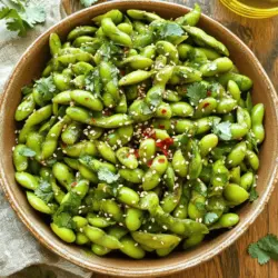 - 450 g frische Edamame-Schoten - 4 Knoblauchzehen, fein gehackt - 2 Esslöffel Olivenöl - 1 Teelöffel rote Paprikaflocken (nach Belieben anpassen) - 1 Esslöffel Sojasauce - 1 Esslöffel Sesamöl - 1 Teelöffel Zitronenschale - Meersalz nach Geschmack Die Edamame-Schoten sind die Hauptzutat. Sie geben den Snack seine Textur. Ich wähle immer frische Schoten, weil sie besser schmecken. Knoblauch bringt den würzigen Kick. Feingehackt entfaltet er sein volles Aroma. Olivenöl sorgt für die nötige Feuchtigkeit beim Kochen. Rote Paprikaflocken geben die Schärfe. Die Sojasauce und das Sesamöl runden den Geschmack ab. Zitronenschale bringt Frische. Meersalz hebt alles hervor. - Frischer Koriander zur Garnitur - Sesamsamen für zusätzliche Textur Frischer Koriander ist ideal für die Garnitur. Er bringt Farbe und Frische. Sesamsamen fügen knusprige Textur hinzu. Beide sind optional, aber ich empfehle sie! Um die Edamame perfekt zuzubereiten, fülle einen großen Topf mit gesalzenem Wasser. Bringe das Wasser zum Kochen. Füge dann die Edamame-Schoten hinzu. Koche sie für 3 bis 4 Minuten. Die Schoten sollten zart, aber knackig sein. Nach dem Kochen gieße die Edamame in ein Sieb ab und stelle sie beiseite. Erhitze in einer großen Pfanne 2 Esslöffel Olivenöl bei mittlerer Hitze. Sobald das Öl warm ist, füge die 4 fein gehackten Knoblauchzehen hinzu. Brate den Knoblauch für 1 bis 2 Minuten an. Achte darauf, dass er nicht braun wird. Das Aroma wird sehr intensiv. Jetzt streue 1 Teelöffel rote Paprikaflocken in die Pfanne. Du kannst die Menge nach deinem Geschmack anpassen. Gib die gekochten Edamame-Schoten in die Pfanne mit der Knoblauchmischung. Rühre gut um, damit die Schoten gleichmäßig bedeckt werden. Träufle 1 Esslöffel Sojasauce und 1 Esslöffel Sesamöl über die Edamame. Mische alles gründlich. Lasse die Mischung für weitere 2 bis 3 Minuten kochen. Die Aromen entfalten sich jetzt. Zum Schluss füge 1 Teelöffel Zitronenschale und eine Prise Meersalz hinzu. Rühre noch einmal um. Übertrage die würzigen Knoblauch-Edamame auf eine Servierplatte. Garniere sie mit frisch gehacktem Koriander. Wenn du mehr über die Zutaten erfahren möchtest, schau dir das [Full Recipe] an. Um den besten Knoblauchgeschmack zu erreichen, nutzen Sie frische Zutaten. Frischer Knoblauch hat einen stärkeren und klareren Geschmack. Wenn Sie getrockneten oder alten Knoblauch verwenden, wird das Aroma schwächer. Achten Sie darauf, den Knoblauch richtig anzubraten. Er sollte in heißem Öl leicht brutzeln, aber nicht braun werden. So bleibt der Geschmack frisch und intensiv. Möchten Sie mehr Schärfe? Passen Sie die roten Paprikaflocken nach Belieben an. Beginnen Sie mit einem Teelöffel und fügen Sie mehr hinzu, wenn Sie es würziger mögen. Wenn Sie es mild mögen, lassen Sie die Gewürze weg. Sie können trotzdem den köstlichen Knoblauchgeschmack genießen, ohne die Schärfe. Die Präsentation ist wichtig. Servieren Sie die Edamame in einer großen flachen Schüssel. Bestreuen Sie sie mit gerösteten Sesamsamen. Das gibt zusätzlichen Crunch und sieht toll aus. Garnieren Sie das Gericht mit frisch gehacktem Koriander für Farbe und Geschmack. So wird Ihre Spicy Garlic Edamame zu einem echten Hingucker auf dem Tisch. {{image_4}} Für eine spannende Note kannst du zusätzliche Zutaten hinzufügen. Ein paar Optionen sind: - Frischer Ingwer: Füge einige Scheiben frischen Ingwer hinzu, um den Geschmack zu verstärken. - Sesamsamen: Streue geröstete Sesamsamen für mehr Textur und Geschmack. - Chiliöl: Ein paar Tropfen Chiliöl geben der Mischung zusätzlichen Kick. Du kannst auch Edamame mit anderen Gemüsearten kombinieren. Möhren oder Paprika passen gut dazu. Diese bunte Mischung macht das Gericht noch interessanter. Die Zubereitung kann auf verschiedene Arten erfolgen. Eine Möglichkeit ist die Grillmethode. - Grillen: Du kannst die Edamame-Schoten in Alufolie wickeln und auf den Grill legen. Das gibt ihnen ein rauchiges Aroma. - Wok-Kochen: Die Verwendung eines Woks bringt intensiveren Geschmack. Das schnelle Braten sorgt dafür, dass die Aromen gut erhalten bleiben. Falls du auf spezielle Diäten achtest, gibt es einfache Anpassungen: - Glutenfreie Sojasauce: Diese ist leicht erhältlich und schmeckt genauso gut. - Alternative Öle: Du kannst auch Erdnussöl oder Avocadoöl verwenden. Diese Öle bringen neue Geschmäcker ins Spiel. Mit diesen Variationen machst du deine Spicy Garlic Edamame einzigartig und anpassbar für jeden Geschmack. Das Rezept bleibt dabei immer einfach und schnell! Kühlschranklagerung Wenn du ein paar Edamame übrig hast, lagere sie in einem luftdichten Behälter. Sie bleiben im Kühlschrank etwa 2 bis 3 Tage frisch. Achte darauf, sie nicht länger stehen zu lassen, damit sie ihren Geschmack behalten. Gefrieranweisungen Für eine längere Lagerung kannst du die Edamame auch einfrieren. Lege die gekochten Schoten in einen Gefrierbeutel. Drücke die Luft heraus, bevor du sie verschließt. So bleiben sie bis zu 3 Monate frisch. Zum Auftauen einfach die Schoten über Nacht im Kühlschrank lassen oder kurz in heißem Wasser blanchieren. Wie lange bleiben die Edamame frisch? Die zubereiteten Edamame sind im Kühlschrank 2 bis 3 Tage haltbar. Achte darauf, sie in einem gut verschlossenen Behälter aufzubewahren. So bleiben die Aromen erhalten. Tipps zum Aufwärmen Um die Edamame wieder warm zu machen, kannst du sie in der Mikrowelle oder in einer Pfanne erwärmen. In der Mikrowelle dauert es nur 1 bis 2 Minuten. In der Pfanne erhitzt du sie bei mittlerer Hitze für etwa 3 bis 4 Minuten. Füge eventuell ein wenig frisches Öl hinzu, damit sie nicht austrocknen. So schmecken sie fast wie frisch zubereitet. Edamame braucht in der Regel 3 bis 4 Minuten zum Kochen. Du solltest das Wasser zuerst salzen. So bleiben die Schoten knackig und frisch. Wenn du sie zu lange kochst, werden sie weich und verlieren ihren Biss. Achte darauf, die Schoten nach dem Kochen gut abzutropfen. Ja, gefrorenes Edamame ist eine gute Option. Du kannst sie direkt aus der Packung nutzen. Die Kochzeit kann jedoch etwas länger sein, etwa 5 bis 6 Minuten. Achte darauf, sie gut abzutropfen, bevor du sie mit der Knoblauchmischung kombinierst. Der Geschmack bleibt auch bei gefrorenem Edamame lecker. Ja, dieses Rezept ist gesund. Edamame ist reich an Eiweiß und Ballaststoffen. Sie enthalten auch Vitamine und Mineralstoffe, die gut für die Gesundheit sind. Der Knoblauch hat zudem viele Vorteile für das Herz. Mit Olivenöl und Sesamöl erhältst du gesunde Fette. Diese Kombination macht das Gericht nahrhaft und schmackhaft. Zusammenfassend haben wir die Hauptzutaten für würzige Knoblauch-Edamame betrachtet und Schritt für Schritt die Zubereitung erläutert. Ich habe Tipps gegeben, um den Knoblauchgeschmack zu perfektionieren und verschiedene Variationen vorgestellt. Denken Sie daran, Edamame frisch zu lagern, um ihre Haltbarkeit zu verlängern. Diese gesunde Snack-Option ist einfach anzupassen. Experimentieren Sie mit den Zutaten und genießen Sie die Aromen. Knoblauch-Edamame sind nicht nur lecker, sondern auch nährstoffreich. Viel Spaß beim Nachkochen!