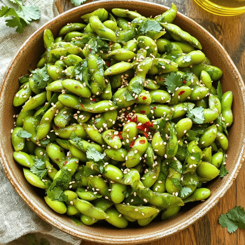 - 450 g frische Edamame-Schoten - 4 Knoblauchzehen, fein gehackt - 2 Esslöffel Olivenöl - 1 Teelöffel rote Paprikaflocken (nach Belieben anpassen) - 1 Esslöffel Sojasauce - 1 Esslöffel Sesamöl - 1 Teelöffel Zitronenschale - Meersalz nach Geschmack Die Edamame-Schoten sind die Hauptzutat. Sie geben den Snack seine Textur. Ich wähle immer frische Schoten, weil sie besser schmecken. Knoblauch bringt den würzigen Kick. Feingehackt entfaltet er sein volles Aroma. Olivenöl sorgt für die nötige Feuchtigkeit beim Kochen. Rote Paprikaflocken geben die Schärfe. Die Sojasauce und das Sesamöl runden den Geschmack ab. Zitronenschale bringt Frische. Meersalz hebt alles hervor. - Frischer Koriander zur Garnitur - Sesamsamen für zusätzliche Textur Frischer Koriander ist ideal für die Garnitur. Er bringt Farbe und Frische. Sesamsamen fügen knusprige Textur hinzu. Beide sind optional, aber ich empfehle sie! Um die Edamame perfekt zuzubereiten, fülle einen großen Topf mit gesalzenem Wasser. Bringe das Wasser zum Kochen. Füge dann die Edamame-Schoten hinzu. Koche sie für 3 bis 4 Minuten. Die Schoten sollten zart, aber knackig sein. Nach dem Kochen gieße die Edamame in ein Sieb ab und stelle sie beiseite. Erhitze in einer großen Pfanne 2 Esslöffel Olivenöl bei mittlerer Hitze. Sobald das Öl warm ist, füge die 4 fein gehackten Knoblauchzehen hinzu. Brate den Knoblauch für 1 bis 2 Minuten an. Achte darauf, dass er nicht braun wird. Das Aroma wird sehr intensiv. Jetzt streue 1 Teelöffel rote Paprikaflocken in die Pfanne. Du kannst die Menge nach deinem Geschmack anpassen. Gib die gekochten Edamame-Schoten in die Pfanne mit der Knoblauchmischung. Rühre gut um, damit die Schoten gleichmäßig bedeckt werden. Träufle 1 Esslöffel Sojasauce und 1 Esslöffel Sesamöl über die Edamame. Mische alles gründlich. Lasse die Mischung für weitere 2 bis 3 Minuten kochen. Die Aromen entfalten sich jetzt. Zum Schluss füge 1 Teelöffel Zitronenschale und eine Prise Meersalz hinzu. Rühre noch einmal um. Übertrage die würzigen Knoblauch-Edamame auf eine Servierplatte. Garniere sie mit frisch gehacktem Koriander. Wenn du mehr über die Zutaten erfahren möchtest, schau dir das [Full Recipe] an. Um den besten Knoblauchgeschmack zu erreichen, nutzen Sie frische Zutaten. Frischer Knoblauch hat einen stärkeren und klareren Geschmack. Wenn Sie getrockneten oder alten Knoblauch verwenden, wird das Aroma schwächer. Achten Sie darauf, den Knoblauch richtig anzubraten. Er sollte in heißem Öl leicht brutzeln, aber nicht braun werden. So bleibt der Geschmack frisch und intensiv. Möchten Sie mehr Schärfe? Passen Sie die roten Paprikaflocken nach Belieben an. Beginnen Sie mit einem Teelöffel und fügen Sie mehr hinzu, wenn Sie es würziger mögen. Wenn Sie es mild mögen, lassen Sie die Gewürze weg. Sie können trotzdem den köstlichen Knoblauchgeschmack genießen, ohne die Schärfe. Die Präsentation ist wichtig. Servieren Sie die Edamame in einer großen flachen Schüssel. Bestreuen Sie sie mit gerösteten Sesamsamen. Das gibt zusätzlichen Crunch und sieht toll aus. Garnieren Sie das Gericht mit frisch gehacktem Koriander für Farbe und Geschmack. So wird Ihre Spicy Garlic Edamame zu einem echten Hingucker auf dem Tisch. {{image_4}} Für eine spannende Note kannst du zusätzliche Zutaten hinzufügen. Ein paar Optionen sind: - Frischer Ingwer: Füge einige Scheiben frischen Ingwer hinzu, um den Geschmack zu verstärken. - Sesamsamen: Streue geröstete Sesamsamen für mehr Textur und Geschmack. - Chiliöl: Ein paar Tropfen Chiliöl geben der Mischung zusätzlichen Kick. Du kannst auch Edamame mit anderen Gemüsearten kombinieren. Möhren oder Paprika passen gut dazu. Diese bunte Mischung macht das Gericht noch interessanter. Die Zubereitung kann auf verschiedene Arten erfolgen. Eine Möglichkeit ist die Grillmethode. - Grillen: Du kannst die Edamame-Schoten in Alufolie wickeln und auf den Grill legen. Das gibt ihnen ein rauchiges Aroma. - Wok-Kochen: Die Verwendung eines Woks bringt intensiveren Geschmack. Das schnelle Braten sorgt dafür, dass die Aromen gut erhalten bleiben. Falls du auf spezielle Diäten achtest, gibt es einfache Anpassungen: - Glutenfreie Sojasauce: Diese ist leicht erhältlich und schmeckt genauso gut. - Alternative Öle: Du kannst auch Erdnussöl oder Avocadoöl verwenden. Diese Öle bringen neue Geschmäcker ins Spiel. Mit diesen Variationen machst du deine Spicy Garlic Edamame einzigartig und anpassbar für jeden Geschmack. Das Rezept bleibt dabei immer einfach und schnell! Kühlschranklagerung Wenn du ein paar Edamame übrig hast, lagere sie in einem luftdichten Behälter. Sie bleiben im Kühlschrank etwa 2 bis 3 Tage frisch. Achte darauf, sie nicht länger stehen zu lassen, damit sie ihren Geschmack behalten. Gefrieranweisungen Für eine längere Lagerung kannst du die Edamame auch einfrieren. Lege die gekochten Schoten in einen Gefrierbeutel. Drücke die Luft heraus, bevor du sie verschließt. So bleiben sie bis zu 3 Monate frisch. Zum Auftauen einfach die Schoten über Nacht im Kühlschrank lassen oder kurz in heißem Wasser blanchieren. Wie lange bleiben die Edamame frisch? Die zubereiteten Edamame sind im Kühlschrank 2 bis 3 Tage haltbar. Achte darauf, sie in einem gut verschlossenen Behälter aufzubewahren. So bleiben die Aromen erhalten. Tipps zum Aufwärmen Um die Edamame wieder warm zu machen, kannst du sie in der Mikrowelle oder in einer Pfanne erwärmen. In der Mikrowelle dauert es nur 1 bis 2 Minuten. In der Pfanne erhitzt du sie bei mittlerer Hitze für etwa 3 bis 4 Minuten. Füge eventuell ein wenig frisches Öl hinzu, damit sie nicht austrocknen. So schmecken sie fast wie frisch zubereitet. Edamame braucht in der Regel 3 bis 4 Minuten zum Kochen. Du solltest das Wasser zuerst salzen. So bleiben die Schoten knackig und frisch. Wenn du sie zu lange kochst, werden sie weich und verlieren ihren Biss. Achte darauf, die Schoten nach dem Kochen gut abzutropfen. Ja, gefrorenes Edamame ist eine gute Option. Du kannst sie direkt aus der Packung nutzen. Die Kochzeit kann jedoch etwas länger sein, etwa 5 bis 6 Minuten. Achte darauf, sie gut abzutropfen, bevor du sie mit der Knoblauchmischung kombinierst. Der Geschmack bleibt auch bei gefrorenem Edamame lecker. Ja, dieses Rezept ist gesund. Edamame ist reich an Eiweiß und Ballaststoffen. Sie enthalten auch Vitamine und Mineralstoffe, die gut für die Gesundheit sind. Der Knoblauch hat zudem viele Vorteile für das Herz. Mit Olivenöl und Sesamöl erhältst du gesunde Fette. Diese Kombination macht das Gericht nahrhaft und schmackhaft. Zusammenfassend haben wir die Hauptzutaten für würzige Knoblauch-Edamame betrachtet und Schritt für Schritt die Zubereitung erläutert. Ich habe Tipps gegeben, um den Knoblauchgeschmack zu perfektionieren und verschiedene Variationen vorgestellt. Denken Sie daran, Edamame frisch zu lagern, um ihre Haltbarkeit zu verlängern. Diese gesunde Snack-Option ist einfach anzupassen. Experimentieren Sie mit den Zutaten und genießen Sie die Aromen. Knoblauch-Edamame sind nicht nur lecker, sondern auch nährstoffreich. Viel Spaß beim Nachkochen!