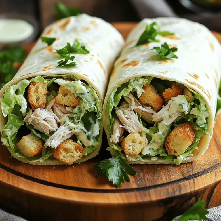 Für die Zubereitung der Easy Chicken Caesar Wraps benötigst du frische und einfache Zutaten. Hier ist die Liste: - 2 Tassen gekochte Hühnerbrust, zerrupft - 1 Tasse Romaine-Salat, grob gehackt - 1/2 Tasse Caesar-Dressing - 1/4 Tasse geriebener Parmesan-Käse - 1/4 Tasse Croutons, zerstoßen - 4 große Weizentortillas - Salz und Pfeffer nach Geschmack - Frische Petersilie zur Garnierung (optional) Diese Zutaten machen dein Wrap so lecker und nahrhaft. Die Hühnerbrust sorgt für Protein, während der Romaine-Salat für frische Textur sorgt. Parmesan bringt einen herzhaften Geschmack. Croutons geben den Wraps den perfekten Crunch. Um den Geschmack zu verbessern, kannst du einige Gewürze und Kräuter hinzufügen. Hier sind ein paar Ideen: - Knoblauchpulver für mehr Tiefe - Zitronensaft für Frische - Frischer Schnittlauch oder Basilikum für Kräuteraroma Diese Zutaten bringen mehr Geschmack und machen deinen Wrap noch besser. Probiere einfach aus, was dir am besten gefällt! Die verwendeten Zutaten bieten viele Nährstoffe: - Hühnerbrust: Hoch in Protein, gut für Muskeln. - Romaine-Salat: Reich an Vitaminen und Ballaststoffen. - Parmesan: Liefert Calcium und Geschmack. - Croutons: Geben Energie durch Kohlenhydrate. Jede Zutat hat ihren eigenen Nutzen. Die Kombination sorgt für ein ausgewogenes Gericht. Du kannst die Nährstoffe auch anpassen, je nachdem, was du magst. Möchtest du mehr Gemüse? Füge einfach mehr Salat hinzu! Das macht die Wraps nicht nur lecker, sondern auch gesund. Zuerst bereite ich die Hühnerbrust vor. Ich nehme 2 Tassen gekochte Hühnerbrust und zerrupfe sie mit einer Gabel. Dann wasche ich den Romaine-Salat und hacke ihn grob. Die frischen Zutaten bringen viel Geschmack. Ich achte darauf, alles in einer großen Schüssel zu sammeln. Jetzt mache ich das Dressing. Ich nehme 1/2 Tasse Caesar-Dressing und gebe es zu den Hühnerbruststücken und dem Salat. Dann füge ich 1/4 Tasse geriebenen Parmesan-Käse hinzu. Ich mische alles gut, bis die Hühnerbrust und der Salat gleichmäßig bedeckt sind. Ich würze die Mischung mit Salz und Pfeffer nach meinem Geschmack. Es ist Zeit, die Wraps zu machen! Ich nehme eine große Weizentortilla und lege eine großzügige Menge der Mischung in die Mitte. Dann streue ich einige zerstoßene Croutons darüber. Das gibt einen schönen Crunch! Ich falte die Seiten der Tortilla nach innen und rolle sie dann von unten nach oben fest auf. So bleibt die Füllung gut gesichert. Ich wiederhole das mit den restlichen Tortillas. Für einen warmen Wrap kann ich sie in einer Pfanne 2-3 Minuten grillen. Dann schneide ich jeden Wrap diagonal in zwei Hälften. Ich richte sie auf einer Servierplatte an und garniere sie nach Belieben mit frischer Petersilie. Um einen perfekten Wrap zu rollen, beginne mit einer großen Weizentortilla. Lege die Füllung in die Mitte. Achte darauf, dass du nicht zu viel Füllung nimmst. Falte zuerst die Seiten der Tortilla nach innen. Dann rolle die Tortilla von unten nach oben. Halte sie fest, während du rollst. So bleibt die Füllung an Ort und Stelle. Übung macht den Meister, also probiere es ein paar Mal aus! Du kannst die Chicken Caesar Wraps aufpeppen! Füge einige Avocadoscheiben hinzu. Sie bringen Cremigkeit und gesunde Fette. Ein paar Scheiben Speck geben einen tollen Crunch. Oder probiere frische Tomaten für mehr Saftigkeit. Knoblauch oder Zwiebeln können auch einen tollen Geschmack bieten. Experimentiere mit verschiedenen Zutaten und finde deine Lieblingskombination. Wenn du die Wraps im Voraus machen möchtest, bereite die Füllung vor. Bewahre sie in einem luftdichten Behälter im Kühlschrank auf. Du kannst die Tortillas auch separat lagern. So bleiben sie frisch. Wenn du bereit bist zu essen, fülle die Tortillas einfach und rolle sie. Diese Wraps sind perfekt für schnelles Mittagessen oder Snacks. {{image_4}} Um eine vegetarische Version der Chicken Caesar Wraps zu machen, ersetzen Sie das Huhn. Verwenden Sie stattdessen zerrupften Tofu oder Kichererbsen. Diese Zutaten geben Ihnen einen tollen Biss. Fügen Sie auch mehr Gemüse hinzu. Paprika, Gurken oder Avocado passen gut. Der Geschmack bleibt frisch und lecker. Vergessen Sie nicht, das Caesar-Dressing zu verwenden oder eine vegane Alternative zu wählen. Für glutenfreie Wraps wählen Sie Tortillas aus Reis oder Mais. Diese sind leicht und einfach zu finden. Achten Sie darauf, dass das Caesar-Dressing glutenfrei ist. Einige Marken enthalten Weizen. Prüfen Sie die Etiketten, um sicherzugehen. So bleibt Ihr Wrap für alle genießbar. Wenn Sie eine paleo oder keto Diät machen, passen Sie die Zutaten an. Für paleo verwenden Sie frische Gemüse und ein Dressing aus Olivenöl und Zitronensaft. Für keto wählen Sie fettreiche Zutaten. Fügen Sie Avocado oder Nüsse hinzu. Diese geben einen tollen Geschmack und viele Nährstoffe. Mit diesen Anpassungen bleibt Ihr Wrap gesund und lecker. Für mehr Details schauen Sie sich das Full Recipe an. Um die Wraps frisch zu halten, legen Sie sie in einen luftdichten Behälter. Trennen Sie die Wraps mit Backpapier, um ein Ankleben zu vermeiden. Im Kühlschrank sind sie so bis zu drei Tage haltbar. Verbrauchen Sie sie schnell, um den besten Geschmack zu genießen. Wenn Sie die Wraps länger aufbewahren möchten, frieren Sie sie ein. Wickeln Sie jeden Wrap in Frischhaltefolie und legen Sie sie in einen Gefrierbeutel. So bleiben sie bis zu drei Monate frisch. Denken Sie daran, die Wraps vor dem Verzehr über Nacht im Kühlschrank auftauen zu lassen. Frische Zutaten sind der Schlüssel zu leckeren Wraps. Verwenden Sie frischen Salat und Hühnerbrust, um den besten Geschmack zu erzielen. Gekochtes Hähnchen hält sich im Kühlschrank etwa drei bis vier Tage. Achten Sie darauf, das Caesar-Dressing im Kühlschrank zu lagern, um die Haltbarkeit zu verlängern. Verwenden Sie es innerhalb einer Woche nach dem Öffnen. Die Zubereitung dauert nur 15 Minuten. Das Kochen der Hühnerbrust kann länger dauern. Wenn du bereits gekochte Hühnerbrust hast, sparst du Zeit. Die gesamte Zeit für dieses Rezept beträgt etwa 30 Minuten. Das ist schnell und einfach! Ja, du kannst die Portionen leicht anpassen. Wenn du weniger Wraps machen möchtest, teile die Zutaten einfach durch vier. Für mehr Wraps verdopple die Mengen. Achte darauf, die Gewürze gut abzustimmen, um den Geschmack zu halten. Es gibt viele leckere Alternativen. Du kannst Ranch-Dressing oder Joghurt-Dressing verwenden. Eine Vinaigrette aus Olivenöl und Zitrone ist auch frisch und leicht. Probiere verschiedene Dressings aus, um deinen perfekten Wrap zu finden. Das Rezept für die Easy Chicken Caesar Wraps hat seine Wurzeln in der klassischen Caesar-Salat-Tradition. Die Idee, diese Aromen in einem Wrap zu vereinen, ist einfach genial. So kannst du den beliebten Geschmack überall genießen. Das macht es zu einem tollen Snack oder Mittagessen. Für das vollständige Rezept, schau dir den [Full Recipe] an! Die Easy Chicken Caesar Wraps sind einfach zuzubereiten und lecker. Du hast gelernt, welche Zutaten wichtig sind und wie du sie zubereitest. Die Tipps helfen dir, den perfekten Wrap zu rollen und deine eigenen Variationen auszuprobieren. Außerdem weißt du jetzt, wie du die Wraps richtig lagerst. Diese Wraps sind eine tolle Wahl für jede Mahlzeit. Nutze die Vorschläge und kreiere deine eigenen, einzigartigen Wraps, die jeder liebt. Viel Spaß beim Kochen und Genießen deiner Kreationen!