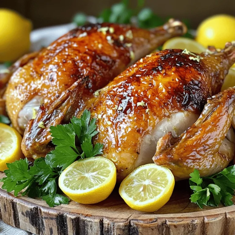 Für ein leckeres Zitronen-Knoblauch-Rösthähnchen brauchen Sie einige wichtige Zutaten. Hier ist eine Liste: - 1 ganzes Hähnchen (ca. 1,8-2,3 kg) - 4 Knoblauchzehen, fein gehackt - 2 Zitronen (1 ausgepresst, 1 in Viertel geschnitten) - 60 ml Olivenöl - 2 Teelöffel getrockneter Thymian - 1 Teelöffel getrockneter Rosmarin - Salz und Pfeffer nach Geschmack - Frische Petersilie zur Garnierung Diese Zutaten sorgen für einen tollen Geschmack. Das Hähnchen wird saftig, und die Haut wird knusprig. Neben den Hauptzutaten können Sie noch mehr Geschmack hinzufügen. Hier sind einige Vorschläge: - Paprika für eine leichte Schärfe - Zitronenschale für zusätzlichen Zitrusgeschmack - Knoblauchpulver für einen intensiveren Knoblauchgeschmack - Chili-Flocken für etwas Würze Diese Gewürze geben dem Hähnchen mehr Tiefe. Experimentieren Sie mit verschiedenen Kombinationen, um Ihre perfekte Mischung zu finden. Um das Gericht abzurunden, passen frische Beilagen gut dazu. Hier sind ein paar Ideen: - Gedünstetes Gemüse wie Brokkoli oder grüne Bohnen - Ein einfacher grüner Salat mit Zitronendressing - Knusprige Ofenkartoffeln für mehr Herzhaftigkeit - Quinoa oder Reis als gesunde Beilage Frische Beilagen machen das Essen bunt und gesund. Sie ergänzen das Hähnchen perfekt und sorgen für eine ausgewogene Mahlzeit. Wenn Sie mehr über die Zubereitung erfahren möchten, schauen Sie sich das [Full Recipe] an. Zuerst heizen Sie den Ofen auf 220°C vor. In einer Schüssel mischen Sie 4 fein gehackte Knoblauchzehen, den Saft von 1 Zitrone, 60 ml Olivenöl, 2 Teelöffel getrockneten Thymian, 1 Teelöffel getrockneten Rosmarin sowie Salz und Pfeffer. Diese Mischung wird Ihre Marinade. Trocknen Sie das Hähnchen mit Papiertüchern. Dadurch wird die Haut knusprig. Lösen Sie die Haut an der Brust vorsichtig mit den Fingern an. Reiben Sie die Hälfte der Marinade unter die Haut und die andere Hälfte außen auf das Hähnchen. Legen Sie die Viertel der zweiten Zitrone in die Bauchhöhle des Hähnchens. Setzen Sie das Hähnchen in eine Röstpfanne und träufeln Sie die restliche Marinade darüber. Jetzt ist es Zeit, das Hähnchen in den Ofen zu geben. Braten Sie das Hähnchen für etwa 1 Stunde und 15 Minuten. Die Haut sollte goldbraun sein und die Innentemperatur muss 74°C erreichen. Übergießen Sie das Hähnchen während des Garens einmal mit den eigenen Säften. Um die Garstufe zu überprüfen, verwenden Sie ein Fleischthermometer. Stecken Sie es in den dicksten Teil des Oberschenkels. Achten Sie darauf, dass es nicht den Knochen berührt. Wenn die Temperatur 74°C zeigt, ist das Hähnchen fertig. Lassen Sie das Hähnchen nach dem Braten 10-15 Minuten ruhen. So bleibt das Fleisch saftig. Servieren Sie es mit frischer Petersilie und genießen Sie Ihr Zitronen-Knoblauch-Rösthähnchen. Für die vollständige Zubereitung schauen Sie sich das [Full Recipe] an. Um die Haut perfekt und knusprig zu machen, tupfe das Hähnchen gut trocken. Feuchtigkeit macht die Haut weich. Verwende eine Marinade mit Zitronensaft und Olivenöl. Diese Mischung hilft, die Haut knusprig zu bräunen. Reibe die Marinade unter die Haut. So gibt es viel Geschmack. Ein häufiger Fehler ist, das Hähnchen nicht richtig zu würzen. Nutze genug Salz und Pfeffer. Das macht einen großen Unterschied. Achte auch darauf, die Innentemperatur zu überprüfen. Sie sollte mindestens 74°C erreichen. So bleibt das Fleisch saftig und sicher zu essen. Die Reste des Hähnchens sind wertvoll. Du kannst sie für viele Gerichte verwenden. Mach eine Hähnchen-Suppe oder einen Salat. Auch Sandwiches sind eine tolle Idee. Lagere die Reste in einem luftdichten Behälter. So bleiben sie frisch. Für mehr Details, schau dir das [Full Recipe] an. {{image_4}} Um das Zitronen-Knoblauch-Rösthähnchen noch leckerer zu machen, können Sie verschiedene Kräuter verwenden. Ich empfehle, frischen Thymian oder Oregano hinzuzufügen. Diese Kräuter bringen noch mehr Aroma. Auch Rosmarin passt gut und verleiht dem Hähnchen einen starken Geschmack. Wenn Sie es etwas schärfer mögen, probieren Sie auch frischen Basilikum oder Estragon. Diese Kräuter bringen frische Noten in das Gericht. Mischen Sie die Kräuter einfach in die Marinade, bevor Sie das Hähnchen einreiben. Für eine perfekte Mahlzeit empfehle ich, einfache Beilagen zu wählen. Röstgemüse wie Karotten, Zucchini und Paprika ergänzen das Hähnchen gut. Diese Gemüse sind leicht zuzubereiten und bieten viele Vitamine. Auch ein frischer Salat mit einem leichten Dressing passt gut. Für eine sättigende Beilage können Sie auch Kartoffeln verwenden. Geben Sie die Kartoffeln einfach in die Röstpfanne, damit sie die leckeren Säfte des Hähnchens aufnehmen. Reis oder Quinoa sind ebenfalls gute Optionen, um das Gericht abzurunden. Wenn das Wetter schön ist, können Sie das Zitronen-Knoblauch-Hähnchen auch grillen. Marinieren Sie das Hähnchen wie im Rezept beschrieben. Dann legen Sie es auf den Grill. Grillen Sie das Hähnchen bei mittlerer Hitze. Wenden Sie es regelmäßig, damit es gleichmäßig gart. Die Grillversion gibt dem Hähnchen einen rauchigen Geschmack. Vergessen Sie nicht, das Hähnchen mit Zitronenvierteln zu servieren. Dies gibt einen frischen Kick und sieht toll aus. Diese Grillvariante ist perfekt für Sommerabende. Für das vollständige Rezept schauen Sie sich das [Full Recipe] an. Um das Zitronen-Knoblauch-Rösthähnchen frisch zu halten, lagern Sie es richtig. Lassen Sie das Hähnchen nach dem Kochen auf Raumtemperatur abkühlen. Wickeln Sie es dann fest in Frischhaltefolie oder Aluminiumfolie. Alternativ können Sie es in einen luftdichten Behälter legen. So bleibt das Hähnchen saftig und schmackhaft. Das Aufwärmen des Hähnchens kann eine Kunst sein. Nutzen Sie den Ofen beim Aufwärmen. Stellen Sie ihn auf 180°C (350°F) ein. Legen Sie das Hähnchen in eine Auflaufform und geben Sie etwas Brühe oder Wasser dazu. Decken Sie die Form mit Alufolie ab. So bleibt das Hähnchen feucht und zart. Erwärmen Sie es etwa 20-30 Minuten, bis es durch und durch heiß ist. Im Kühlschrank hält sich das Hähnchen bis zu vier Tage. Stellen Sie sicher, dass es gut verpackt ist. Im Gefrierfach kann das Hähnchen bis zu drei Monate bleiben. Achten Sie darauf, es gut zu verpacken, um Gefrierbrand zu vermeiden. Lassen Sie das Hähnchen im Kühlschrank über Nacht auftauen, bevor Sie es aufwärmen. So bleibt der Geschmack erhalten und die Textur bleibt angenehm. Für das vollständige Rezept, schauen Sie sich das Zitronen-Knoblauch-Rösthähnchen an. Das Hähnchen muss etwa 1 Stunde und 15 Minuten im Ofen braten. Die genaue Zeit hängt von der Größe des Hähnchens ab. Es ist wichtig, die Innentemperatur zu prüfen. Diese sollte 74°C (165°F) erreichen. So stellt man sicher, dass das Hähnchen gut durchgegart ist. Ja, du kannst das Rezept für einen größeren Braten anpassen. Achte darauf, das Hähnchen länger zu braten. Ein größeres Hähnchen braucht mehr Zeit, um komplett durchzukochen. Ich empfehle, die Innentemperatur regelmäßig zu prüfen. Dies hilft dir, Über- oder Untergarung zu vermeiden. Viele Beilagen passen gut zu diesem Gericht. Hier sind einige Vorschläge: - Knusprige Ofenkartoffeln - Gedünstetes Gemüse wie Brokkoli oder Karotten - Ein frischer grüner Salat - Reis mit Kräutern und Zitrone Diese Beilagen ergänzen den Geschmack des Hähnchens perfekt. Wenn du mehr Ideen brauchst, schaue dir die [Full Recipe] an! Zusammenfassend lässt sich sagen, dass dieses Zitronen-Knoblauch-Rösthähnchen einfach zuzubereiten ist. Mit den richtigen Zutaten und etwas Geduld gelingt dir ein perfektes Gericht. Achte auf die Marinierung und den Röstprozess. So wird das Hähnchen knusprig und voller Geschmack. Deine Beilagen können frisch und abwechslungsreich sein. Vergiss nicht, die Reste kreativ zu nutzen. Mit diesen Tipps bereitest du ein leckeres und vielseitiges Essen zu. Probiere die Varianten und finde deine Lieblingsversion!