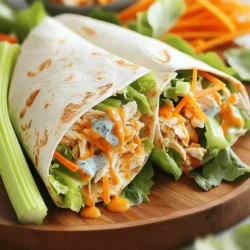 Um köstliche Buffalo Chicken Wraps zuzubereiten, brauchen Sie diese Zutaten: - 2 Tassen gekochtes Hühnerfleisch, zerfetzt - 1/4 Tasse Buffalo-Sauce (nach Wunsch anpassbar) - 4 große Weizentortillas - 1 Tasse Romanasalat, grob gehackt - 1/2 Tasse Karotten, gerieben - 1/2 Tasse Sellerie, gewürfelt - 1/2 Tasse Blauschimmelkäse-Dressing - 1/4 Tasse geriebener Cheddar-Käse - Salz und Pfeffer nach Geschmack Möchten Sie Ihre Wraps aufpeppen? Hier sind einige Ideen: - Avocado für Cremigkeit - Paprika für mehr Farbe - Hühnchen in BBQ-Sauce für einen anderen Geschmack - Frische Kräuter wie Koriander oder Petersilie Frische Zutaten sind der Schlüssel zu guten Wraps. Hier sind einige Tipps: - Wählen Sie festes Hühnerfleisch ohne Flecken. - Achten Sie darauf, dass der Romanasalat knackig ist. - Kaufen Sie Karotten, die fest und leuchtend orange sind. - Überprüfen Sie das Dressing auf frische, ohne abgelaufene Zutaten. Diese Tipps helfen Ihnen, die besten Zutaten für Ihre Buffalo Chicken Wraps auszuwählen. Zuerst müssen wir das Hühnerfleisch vorbereiten. Ich nehme 2 Tassen gekochtes Hühnerfleisch. Dieses Fleisch zerreibe ich mit meinen Händen. Dann gebe ich 1/4 Tasse Buffalo-Sauce dazu. Diese Sauce gibt dem Huhn den tollen Geschmack. Ich mische alles gut, bis das Hühnerfleisch gleichmäßig bedeckt ist. Wenn du es schärfer magst, füge einfach mehr Sauce hinzu. Nun ist es Zeit, die Wraps zusammenzustellen. Ich nehme eine große Weizentortilla und lege sie auf eine saubere Fläche. In die Mitte gebe ich eine halbe Tasse der Buffalo-Hühnermischung. Dann kommen frische Zutaten dazu. Ich füge eine Handvoll grob gehackten Romanasalat, geriebene Karotten und gewürfelten Sellerie hinzu. Diese Zutaten machen die Wraps knackig und frisch. Danach träufle ich 1-2 Esslöffel Blauschimmelkäse-Dressing darüber. Ein wenig geriebener Cheddar-Käse macht den Wrap noch besser. Zum Schluss würze ich mit Salz und Pfeffer. Um die Wraps noch besser zu machen, grille ich sie kurz. Ich lege die Wraps in eine Pfanne bei mittlerer Hitze. Nach 2-3 Minuten wende ich sie. Wenn sie goldbraun sind, sind sie perfekt. Das Grillen gibt dem Wrap eine tolle Textur. Es macht sie knusprig und lecker. Jetzt sind die Buffalo Chicken Wraps bereit zum Servieren. Diese einfache und geschmackvolle Mahlzeit ist ein Hit! Für die vollständige Zubereitung kannst du das Full Recipe ansehen. Ein häufiger Fehler ist, das Hühnerfleisch nicht gut mit der Sauce zu vermengen. Du willst, dass jedes Stück Fleisch den Geschmack aufnimmt. Achte darauf, die Sauce gleichmäßig zu verteilen. Ein weiterer Fehler ist, zu viel Füllung zu nehmen. Das macht das Rollen schwierig. Halte dich an die angegebene Menge, um einen stabilen Wrap zu bekommen. Um die Wraps frisch zu halten, wickelst du sie in Frischhaltefolie oder Aluminiumfolie. Lege sie dann in einen luftdichten Behälter. So bleiben sie bis zu drei Tage im Kühlschrank gut. Wenn du sie länger aufbewahren möchtest, kannst du sie einfrieren. Achte darauf, sie gut zu verpacken, um Gefrierbrand zu vermeiden. Möchtest du die Schärfe anpassen? Du kannst mehr oder weniger Buffalo-Sauce verwenden. Wenn du es milder magst, füge etwas Joghurt oder saure Sahne hinzu. Für mehr Kick probiere verschiedene Saucen wie Sriracha oder Chipotle. Experimentiere mit Kräutern und Gewürzen, um deinen eigenen Geschmack zu finden. {{image_4}} Wenn du eine vegetarische Option suchst, gibt es viele Wege. Du kannst gekochtes Gemüse wie Blumenkohl oder Zucchini verwenden. Diese Gemüse nehmen die Buffalo-Sauce gut auf. Mische sie mit dem Dressing und frischen Zutaten. So bleibt der Geschmack stark und lecker. Für glutenfreie Wraps kannst du Tortillas aus Mais oder Reis verwenden. Diese sind leicht und flexibel. Achte darauf, dass sie keine versteckten Gluten enthalten. So kannst du die Wraps ohne Sorgen genießen. Du kannst kreativ sein und verschiedene Füllungen ausprobieren. Füge Avocado für Cremigkeit und gesunde Fette hinzu. Probiere auch BBQ-Sauce für einen süßeren Geschmack. Für zusätzlichen Crunch kannst du gebratene Zwiebeln oder Paprika verwenden. Experimentiere mit verschiedenen Käsesorten für mehr Geschmack. Diese Variationen machen das Gericht einzigartig und spannend. Um die Wraps frisch zu halten, packen Sie sie gut ein. Verwenden Sie Frischhaltefolie oder eine luftdichte Box. So bleibt die Füllung knackig. Lagern Sie die Wraps bis zu drei Tage im Kühlschrank. Wenn Sie die Wraps aufbewahren, legen Sie ein Blatt Küchenpapier zwischen die Wraps. Das Papier nimmt Feuchtigkeit auf und verhindert, dass die Tortillas matschig werden. Um Buffalo Chicken Wraps einzufrieren, wickeln Sie sie in Frischhaltefolie. Legen Sie sie dann in einen gefrierfesten Beutel. Drücken Sie so viel Luft wie möglich heraus. Die Wraps können bis zu drei Monate im Gefrierschrank bleiben. Zum Auftauen lassen Sie sie einfach über Nacht im Kühlschrank. Sie können die Wraps auch in der Mikrowelle aufwärmen. Achten Sie darauf, sie nicht zu lange zu erhitzen, damit sie nicht trocken werden. Die Haltbarkeit der Wraps hängt von den Zutaten ab. Gekochtes Hühnerfleisch bleibt etwa drei bis vier Tage frisch. Die Wraps sind am besten, wenn sie frisch sind. Achten Sie auf Geruch oder Farbe, bevor Sie sie essen. Wenn die Wraps seltsam riechen, entsorgen Sie sie. Frische Zutaten sorgen für den besten Geschmack. Genießen Sie die Wraps so schnell wie möglich für ein optimales Erlebnis. Du kannst die Wraps leicht im Voraus machen. Bereite die Hühnerfüllung vor und lagere sie im Kühlschrank. Du kannst die Tortillas auch bereitstellen. Wenn du bereit bist zu essen, fülle die Tortillas und rolle sie. So bleiben die Wraps frisch und knackig. Ja, du kannst viele verschiedene Saucen verwenden. Wenn du es milder magst, nimm BBQ-Sauce. Für einen extra Kick, probiere Sriracha oder Chipotle-Sauce. Du kannst auch Joghurt oder Ranch-Dressing für eine cremige Textur verwenden. Experimentiere mit verschiedenen Geschmäckern, um deinen eigenen Stil zu finden. Einige tolle Beilagen sind frischer Salat oder Gemüse-Sticks. Sellerie und Karotten passen perfekt. Auch Pommes oder Nachos sind eine gute Wahl. Du kannst sie mit zusätzlichem Blauschimmelkäse-Dressing servieren. So hast du eine vollständige und leckere Mahlzeit. Der Blogbeitrag bietet eine klare Anleitung für Buffalo Chicken Wraps. Wir haben die nötigen Zutaten sowie Variationen und Tipps zur Auswahl frischer Zutaten durchgegangen. Zudem gab es eine Schritt-für-Schritt-Anleitung für die Zubereitung. Ich habe wichtige Fehler und ideale Lagerung besprochen. Zum Schluss haben wir verschiedene Varianten und häufige Fragen behandelt. Nutze diese Infos, um leckere Wraps zu zaubern, die einfach und vielfältig sind. Experimentiere mit den Zutaten und genieße das Ergebnis!