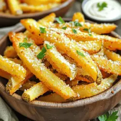 Um die besten Crispy Baked Parmesan Fries zu machen, brauchst du einige wichtige Zutaten. Hier sind sie: - 4 große Russet-Kartoffeln - 1/4 Tasse Olivenöl - 1/2 Tasse geriebener Parmesan-Käse Russet-Kartoffeln sind ideal, weil sie viel Stärke haben. Diese Stärke hilft, die Pommes schön knusprig zu machen. Das Olivenöl sorgt dafür, dass der Käse besser haftet und die Pommes goldbraun werden. Der Parmesan-Käse gibt den Pommes einen tollen Geschmack und eine knusprige Textur. Die richtigen Gewürze machen den Unterschied. Hier sind die Gewürze, die du brauchst: - 1 Teelöffel Knoblauchpulver - 1 Teelöffel Zwiebelpulver - 1 Teelöffel geräuchertes Paprikapulver - Salz und Pfeffer nach Geschmack - Frische Petersilie, gehackt (zur Garnierung) Knoblauchpulver und Zwiebelpulver fügen einen herzhaften Geschmack hinzu. Geräuchertes Paprikapulver bringt eine leicht rauchige Note. Salz und Pfeffer runden den Geschmack ab. Frische Petersilie ist perfekt, um deine Pommes schön zu garnieren. Dips machen die Pommes noch besser. Hier sind einige Ideen für leckere Dips: - Ketchup - Aioli - Ranch-Dressing - Guacamole Ketchup ist ein Klassiker und passt immer gut. Aioli gibt eine cremige Note. Ranch-Dressing ist frisch und würzig. Guacamole bringt eine besondere, cremige Textur. Du kannst die Dips nach deinem Geschmack wählen. Für mehr Informationen und das komplette Rezept, schau dir die [Full Recipe] an. Zuerst waschen Sie die großen Russet-Kartoffeln gut. Dann schälen Sie sie und schneiden sie in dünne Streifen. Machen Sie die Streifen etwa 0,5 cm dick. Legen Sie die Kartoffelstreifen in eine große Schüssel. Füllen Sie die Schüssel mit kaltem Wasser. Lassen Sie die Kartoffeln mindestens 30 Minuten einweichen. Dies entfernt überflüssige Stärke und macht die Pommes knuspriger. Nach dem Einweichen lassen Sie die Kartoffeln abtropfen. Tupfen Sie sie dann mit einem sauberen Küchentuch trocken. In einer großen Schüssel geben Sie die getrockneten Kartoffelstreifen. Gießen Sie das Olivenöl darüber und mischen Sie es gut. In einer separaten Schüssel mischen Sie den geriebenen Parmesan mit Knoblauchpulver, Zwiebelpulver, geräuchertem Paprikapulver, Salz und Pfeffer. Streuen Sie diese Mischung über die Kartoffeln. Vermengen Sie alles gründlich, bis die Pommes gleichmäßig beschichtet sind. Bereiten Sie ein Backblech mit Backpapier vor. Verteilen Sie die Pommes in einer einzigen Schicht auf dem Blech. Achten Sie darauf, dass sie nicht übereinander liegen. Heizen Sie den Ofen auf 220°C (425°F) vor. Backen Sie die Pommes 25-30 Minuten lang. Wenden Sie sie zur Hälfte der Backzeit. So werden sie gleichmäßig knusprig. Die Pommes sind fertig, wenn sie goldbraun und knusprig sind. Nach dem Backen lassen Sie sie einige Minuten abkühlen. Garnieren Sie sie mit frisch gehackter Petersilie. Sie können die vollständige Anleitung im [Full Recipe] finden. Um die Pommes besonders knusprig zu machen, sollten wir die Kartoffeln vorher einweichen. Das Entfernen der Stärke hilft den Pommes, knusprig zu werden. Achten Sie darauf, sie nach dem Einweichen gut abzutrocknen. Feuchtigkeit macht die Pommes weich. Ein weiterer Trick ist, die Ofentemperatur hoch zu halten. 220°C (425°F) sorgt für eine schöne Bräunung. Für die besten Ergebnisse wähle ich Russet-Kartoffeln. Diese haben einen hohen Stärkegehalt und sind perfekt für Pommes. Sie sind fest und machen die Pommes knusprig außen und weich innen. Achten Sie darauf, frische Kartoffeln zu kaufen. Vermeiden Sie grüne oder beschädigte Kartoffeln, um den Geschmack zu verbessern. Ein häufiger Fehler ist, die Pommes zu überladen. Wenn die Pommes auf dem Blech liegen, müssen sie genug Platz haben. Andernfalls dampfen sie statt zu backen. Eine weitere Falle ist das Nicht-Wenden der Pommes. Wenden Sie sie zur Hälfte der Backzeit. So werden alle Seiten gleichmäßig knusprig. Schließlich sollten Sie die Käsemischung gut verteilen. Uneinheitliche Beschichtung kann zu ungleichmäßiger Bräunung führen. Diese Tipps helfen Ihnen, die perfekten Crispy Baked Parmesan Fries zu zaubern. Für das vollständige Rezept schauen Sie sich den [Full Recipe] an. {{image_4}} Wenn du Parmesan magst, probiere auch andere Käsesorten. Mozzarella macht die Pommes mild und cremig. Cheddar bringt einen kräftigen Geschmack. Für etwas Würze kannst du Feta verwenden. Diese Käse geben deinen Pommes eine neue Note. Du kannst auch Kombinationen ausprobieren. Mische Parmesan mit Cheddar für einen reichen Geschmack. Die Gewürze machen einen großen Unterschied. Probiere verschiedene Aromen aus, um deine Pommes zu verfeinern. Kümmel gibt einen interessanten Geschmack. Paprika sorgt für eine süße Note. Für scharfe Pommes füge etwas Cayennepfeffer hinzu. Rosmarin gibt einen frischen Duft. Experimentiere mit deinen Lieblingsgewürzen. So machst du die Pommes einzigartig und spannend. Pommes sind perfekt für viele Beilagen. Eine frische Salsa passt gut dazu. Auch ein cremiger Dip aus Joghurt ist lecker. Guacamole bringt einen tollen Geschmack. Serviere die Pommes mit verschiedenen Dips, um Abwechslung zu bieten. Du kannst auch einen Salat dazu machen. So hast du eine ausgewogene Mahlzeit. Die Kombination macht das Essen noch besser. Wenn Sie Reste von den Crispy Baked Parmesan Fries haben, sollten Sie diese richtig lagern. Lassen Sie die Pommes zuerst auf Raumtemperatur abkühlen. Legen Sie sie dann in einen luftdichten Behälter. Achten Sie darauf, dass die Pommes nicht übereinander liegen. Dies hilft, die Knusprigkeit zu bewahren. Um die Pommes wieder warm zu machen, heizen Sie Ihren Ofen auf 200°C (400°F) vor. Legen Sie die Pommes auf ein Backblech. Backen Sie sie für etwa 10 bis 15 Minuten. So werden sie wieder knusprig. Vermeiden Sie die Mikrowelle, da sie die Pommes weich macht. Im Kühlschrank halten sich die Pommes etwa 3 bis 4 Tage. Wenn Sie länger aufbewahren möchten, können Sie die Pommes auch einfrieren. Legen Sie die abgekühlten Pommes auf ein Backblech und frieren Sie sie an. Wenn sie fest sind, packen Sie sie in einen Gefrierbeutel. So bleiben sie bis zu 3 Monate frisch. Für das volle Rezept von den Crispy Baked Parmesan Fries schauen Sie in die vorherigen Teile des Artikels. Um die Pommes noch knuspriger zu machen, gibt es einige einfache Tricks. - Einweichen: Lassen Sie die geschnittenen Kartoffeln länger im Wasser. 1-2 Stunden sind ideal. - Trocknen: Achten Sie darauf, die Kartoffeln gut abzutrocknen, bevor Sie sie würzen. - Öl: Verwenden Sie ausreichend Olivenöl. Ein gutes Verhältnis sorgt für eine schöne Kruste. - Backblech: Backen Sie die Pommes auf einem heißen Blech. Das hilft, sie gleichmäßig zu garen. Ja, die Pommes können im Air Fryer zubereitet werden! Es ist einfach und schnell. - Temperatur: Stellen Sie die Temperatur auf 200°C ein. - Zeit: Backen Sie die Pommes etwa 15-20 Minuten, je nach Dicke. - Schütteln: Schütteln Sie den Korb nach der Hälfte der Zeit für gleichmäßiges Garen. Crispy Baked Parmesan Fries sind gesünder als frittierte Pommes. Sie enthalten weniger Öl und Fett. - Kartoffeln: Sie sind eine gute Quelle für Ballaststoffe und Vitamine. - Parmesan: Der Käse fügt Protein und Calcium hinzu. - Mäßigung: Genießen Sie sie in Maßen, um die Balance in Ihrer Ernährung zu halten. Für das vollständige Rezept, schauen Sie sich die Informationen zu Crispy Baked Parmesan Fries an. Crispy Baked Parmesan Fries sind einfach und lecker. Du hast gelernt, welche Zutaten nötig sind und wie du sie zubereitest. Es gibt viele Tipps, um knusprige Fries zu machen und häufige Fehler zu vermeiden. Variiere mit verschiedenen Käsesorten und Gewürzen, um deinen Geschmack zu treffen. Die Aufbewahrung und Wiedererwärmung sind leicht. Mit den FAQs kannst du mehr erfahren. Probiere es aus und genieße deine leckeren Pommes!