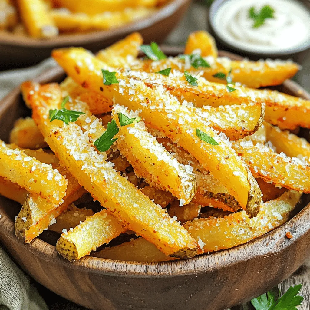 Um die besten Crispy Baked Parmesan Fries zu machen, brauchst du einige wichtige Zutaten. Hier sind sie: - 4 große Russet-Kartoffeln - 1/4 Tasse Olivenöl - 1/2 Tasse geriebener Parmesan-Käse Russet-Kartoffeln sind ideal, weil sie viel Stärke haben. Diese Stärke hilft, die Pommes schön knusprig zu machen. Das Olivenöl sorgt dafür, dass der Käse besser haftet und die Pommes goldbraun werden. Der Parmesan-Käse gibt den Pommes einen tollen Geschmack und eine knusprige Textur. Die richtigen Gewürze machen den Unterschied. Hier sind die Gewürze, die du brauchst: - 1 Teelöffel Knoblauchpulver - 1 Teelöffel Zwiebelpulver - 1 Teelöffel geräuchertes Paprikapulver - Salz und Pfeffer nach Geschmack - Frische Petersilie, gehackt (zur Garnierung) Knoblauchpulver und Zwiebelpulver fügen einen herzhaften Geschmack hinzu. Geräuchertes Paprikapulver bringt eine leicht rauchige Note. Salz und Pfeffer runden den Geschmack ab. Frische Petersilie ist perfekt, um deine Pommes schön zu garnieren. Dips machen die Pommes noch besser. Hier sind einige Ideen für leckere Dips: - Ketchup - Aioli - Ranch-Dressing - Guacamole Ketchup ist ein Klassiker und passt immer gut. Aioli gibt eine cremige Note. Ranch-Dressing ist frisch und würzig. Guacamole bringt eine besondere, cremige Textur. Du kannst die Dips nach deinem Geschmack wählen. Für mehr Informationen und das komplette Rezept, schau dir die [Full Recipe] an. Zuerst waschen Sie die großen Russet-Kartoffeln gut. Dann schälen Sie sie und schneiden sie in dünne Streifen. Machen Sie die Streifen etwa 0,5 cm dick. Legen Sie die Kartoffelstreifen in eine große Schüssel. Füllen Sie die Schüssel mit kaltem Wasser. Lassen Sie die Kartoffeln mindestens 30 Minuten einweichen. Dies entfernt überflüssige Stärke und macht die Pommes knuspriger. Nach dem Einweichen lassen Sie die Kartoffeln abtropfen. Tupfen Sie sie dann mit einem sauberen Küchentuch trocken. In einer großen Schüssel geben Sie die getrockneten Kartoffelstreifen. Gießen Sie das Olivenöl darüber und mischen Sie es gut. In einer separaten Schüssel mischen Sie den geriebenen Parmesan mit Knoblauchpulver, Zwiebelpulver, geräuchertem Paprikapulver, Salz und Pfeffer. Streuen Sie diese Mischung über die Kartoffeln. Vermengen Sie alles gründlich, bis die Pommes gleichmäßig beschichtet sind. Bereiten Sie ein Backblech mit Backpapier vor. Verteilen Sie die Pommes in einer einzigen Schicht auf dem Blech. Achten Sie darauf, dass sie nicht übereinander liegen. Heizen Sie den Ofen auf 220°C (425°F) vor. Backen Sie die Pommes 25-30 Minuten lang. Wenden Sie sie zur Hälfte der Backzeit. So werden sie gleichmäßig knusprig. Die Pommes sind fertig, wenn sie goldbraun und knusprig sind. Nach dem Backen lassen Sie sie einige Minuten abkühlen. Garnieren Sie sie mit frisch gehackter Petersilie. Sie können die vollständige Anleitung im [Full Recipe] finden. Um die Pommes besonders knusprig zu machen, sollten wir die Kartoffeln vorher einweichen. Das Entfernen der Stärke hilft den Pommes, knusprig zu werden. Achten Sie darauf, sie nach dem Einweichen gut abzutrocknen. Feuchtigkeit macht die Pommes weich. Ein weiterer Trick ist, die Ofentemperatur hoch zu halten. 220°C (425°F) sorgt für eine schöne Bräunung. Für die besten Ergebnisse wähle ich Russet-Kartoffeln. Diese haben einen hohen Stärkegehalt und sind perfekt für Pommes. Sie sind fest und machen die Pommes knusprig außen und weich innen. Achten Sie darauf, frische Kartoffeln zu kaufen. Vermeiden Sie grüne oder beschädigte Kartoffeln, um den Geschmack zu verbessern. Ein häufiger Fehler ist, die Pommes zu überladen. Wenn die Pommes auf dem Blech liegen, müssen sie genug Platz haben. Andernfalls dampfen sie statt zu backen. Eine weitere Falle ist das Nicht-Wenden der Pommes. Wenden Sie sie zur Hälfte der Backzeit. So werden alle Seiten gleichmäßig knusprig. Schließlich sollten Sie die Käsemischung gut verteilen. Uneinheitliche Beschichtung kann zu ungleichmäßiger Bräunung führen. Diese Tipps helfen Ihnen, die perfekten Crispy Baked Parmesan Fries zu zaubern. Für das vollständige Rezept schauen Sie sich den [Full Recipe] an. {{image_4}} Wenn du Parmesan magst, probiere auch andere Käsesorten. Mozzarella macht die Pommes mild und cremig. Cheddar bringt einen kräftigen Geschmack. Für etwas Würze kannst du Feta verwenden. Diese Käse geben deinen Pommes eine neue Note. Du kannst auch Kombinationen ausprobieren. Mische Parmesan mit Cheddar für einen reichen Geschmack. Die Gewürze machen einen großen Unterschied. Probiere verschiedene Aromen aus, um deine Pommes zu verfeinern. Kümmel gibt einen interessanten Geschmack. Paprika sorgt für eine süße Note. Für scharfe Pommes füge etwas Cayennepfeffer hinzu. Rosmarin gibt einen frischen Duft. Experimentiere mit deinen Lieblingsgewürzen. So machst du die Pommes einzigartig und spannend. Pommes sind perfekt für viele Beilagen. Eine frische Salsa passt gut dazu. Auch ein cremiger Dip aus Joghurt ist lecker. Guacamole bringt einen tollen Geschmack. Serviere die Pommes mit verschiedenen Dips, um Abwechslung zu bieten. Du kannst auch einen Salat dazu machen. So hast du eine ausgewogene Mahlzeit. Die Kombination macht das Essen noch besser. Wenn Sie Reste von den Crispy Baked Parmesan Fries haben, sollten Sie diese richtig lagern. Lassen Sie die Pommes zuerst auf Raumtemperatur abkühlen. Legen Sie sie dann in einen luftdichten Behälter. Achten Sie darauf, dass die Pommes nicht übereinander liegen. Dies hilft, die Knusprigkeit zu bewahren. Um die Pommes wieder warm zu machen, heizen Sie Ihren Ofen auf 200°C (400°F) vor. Legen Sie die Pommes auf ein Backblech. Backen Sie sie für etwa 10 bis 15 Minuten. So werden sie wieder knusprig. Vermeiden Sie die Mikrowelle, da sie die Pommes weich macht. Im Kühlschrank halten sich die Pommes etwa 3 bis 4 Tage. Wenn Sie länger aufbewahren möchten, können Sie die Pommes auch einfrieren. Legen Sie die abgekühlten Pommes auf ein Backblech und frieren Sie sie an. Wenn sie fest sind, packen Sie sie in einen Gefrierbeutel. So bleiben sie bis zu 3 Monate frisch. Für das volle Rezept von den Crispy Baked Parmesan Fries schauen Sie in die vorherigen Teile des Artikels. Um die Pommes noch knuspriger zu machen, gibt es einige einfache Tricks. - Einweichen: Lassen Sie die geschnittenen Kartoffeln länger im Wasser. 1-2 Stunden sind ideal. - Trocknen: Achten Sie darauf, die Kartoffeln gut abzutrocknen, bevor Sie sie würzen. - Öl: Verwenden Sie ausreichend Olivenöl. Ein gutes Verhältnis sorgt für eine schöne Kruste. - Backblech: Backen Sie die Pommes auf einem heißen Blech. Das hilft, sie gleichmäßig zu garen. Ja, die Pommes können im Air Fryer zubereitet werden! Es ist einfach und schnell. - Temperatur: Stellen Sie die Temperatur auf 200°C ein. - Zeit: Backen Sie die Pommes etwa 15-20 Minuten, je nach Dicke. - Schütteln: Schütteln Sie den Korb nach der Hälfte der Zeit für gleichmäßiges Garen. Crispy Baked Parmesan Fries sind gesünder als frittierte Pommes. Sie enthalten weniger Öl und Fett. - Kartoffeln: Sie sind eine gute Quelle für Ballaststoffe und Vitamine. - Parmesan: Der Käse fügt Protein und Calcium hinzu. - Mäßigung: Genießen Sie sie in Maßen, um die Balance in Ihrer Ernährung zu halten. Für das vollständige Rezept, schauen Sie sich die Informationen zu Crispy Baked Parmesan Fries an. Crispy Baked Parmesan Fries sind einfach und lecker. Du hast gelernt, welche Zutaten nötig sind und wie du sie zubereitest. Es gibt viele Tipps, um knusprige Fries zu machen und häufige Fehler zu vermeiden. Variiere mit verschiedenen Käsesorten und Gewürzen, um deinen Geschmack zu treffen. Die Aufbewahrung und Wiedererwärmung sind leicht. Mit den FAQs kannst du mehr erfahren. Probiere es aus und genieße deine leckeren Pommes!