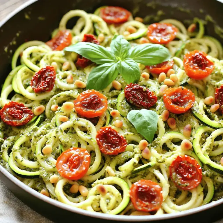 Die Hauptzutaten machen dieses Gericht besonders lecker. Hier ist, was du brauchst: - 4 mittelgroße Zucchini, spiralförmig in Zoodles geschnitten - 1 Tasse sonnengetrocknete Tomaten in Öl, abgetropft und grob gehackt - 3 Knoblauchzehen, fein gehackt - 1/2 Tasse Pinienkerne (geröstet) - 1/2 Tasse geriebener Parmesan (oder Hefeflocken für eine vegane Option) Die Zucchini sind die Basis. Sie bringen Frische und Leichtigkeit. Die sonnengetrockneten Tomaten geben Geschmack und Tiefe. Knoblauch fügt ein tolles Aroma hinzu. Pinienkerne bringen einen schönen Crunch, während Parmesan die Mischung abrundet. Um das Pesto zu machen, brauchst du noch mehr Zutaten. Hier ist die Liste: - 1 Tasse frische Basilikumblätter - 1/3 Tasse natives Olivenöl extra - Salz und Pfeffer nach Geschmack - 1/4 Teelöffel rote Pfefferflocken (optional, für etwas Schärfe) - Frische Basilikumblätter zum Garnieren - Kirschtomaten, halbiert (für zusätzliche Frische, optional) Der frische Basilikum gibt dem Pesto einen tollen Duft und Geschmack. Olivenöl sorgt für die perfekte Konsistenz. Salz und Pfeffer sind wichtig, um alles abzuschmecken. Die roten Pfefferflocken bringen eine schöne Schärfe, wenn du es magst. Garnierungen machen dein Gericht hübsch und appetitlich. Die Wahl der Zucchini ist wichtig für den Geschmack. Hier sind einige Tipps: - Wähle Zucchini, die fest und glänzend sind. - Sie sollten keine weichen Stellen oder Flecken haben. - Kleinere Zucchini sind oft zarter und geschmackvoller. - Achte auf eine gleichmäßige grüne Farbe. Mit diesen Tipps hast du die besten Zucchini für deine Zoodle-Pfanne. Der Geschmack wird einfach großartig sein! Um das gesamte Rezept zu sehen, schaue dir das [Full Recipe] an. Um das Pesto zu machen, nehmen Sie eine Küchenmaschine. Geben Sie die gehackten sonnengetrockneten Tomaten, frischen Basilikum, geröstete Pinienkerne, Parmesan und Knoblauch hinein. Fügen Sie die roten Pfefferflocken hinzu, wenn Sie einen Hauch Schärfe mögen. Pulsieren Sie die Mischung, bis sie gut vermischt ist, aber nicht zu fein. Danach lassen Sie die Maschine laufen und gießen langsam das Olivenöl hinein. Das Pesto wird dann glatt und cremig. Schmecken Sie mit Salz und Pfeffer ab. Erhitzen Sie eine große Pfanne bei mittlerer Hitze. Geben Sie die Zoodles in die Pfanne. Sautieren Sie sie etwa 2-3 Minuten lang. Die Zoodles sollten zart, aber noch al dente sein. Achten Sie darauf, dass sie nicht zu weich werden. Sie sollen einen schönen Biss behalten, um das Gericht interessant zu machen. Reduzieren Sie die Hitze und fügen Sie das Pesto zu den Zoodles hinzu. Wenden Sie die Zoodles vorsichtig, um sie gleichmäßig mit dem Pesto zu bedecken. Wenn die Mischung zu dick ist, fügen Sie etwas Öl von den sonnengetrockneten Tomaten hinzu. Nehmen Sie die Pfanne vom Herd und teilen Sie die Mischung auf Teller auf. Garnieren Sie die Gerichte mit frischen Basilikumblättern und halbierten Kirschtomaten für einen schönen Farbkontrast. Es ist eine leckere Mahlzeit, die einfach zuzubereiten ist! Für die vollständige Anleitung und weitere Tipps schauen Sie sich das Full Recipe an. Wenn du Zoodles machst, ist Timing alles. Koche sie für 2-3 Minuten. Sie sollten zart, aber noch knackig sein. Zu langes Kochen macht sie matschig. Du willst die frische Textur erhalten. Achte darauf, die Zoodles oft zu wenden. So garen sie gleichmäßig. Das Pesto sollte glatt und cremig sein. Wenn es zu dick ist, füge mehr Olivenöl hinzu. Du kannst auch etwas Wasser verwenden, um es zu verdünnen. Der Geschmack wird so intensiv, wenn du die richtigen Zutaten verwendest. Vermeide es, zu viel Öl auf einmal hinzuzufügen. So behältst du die Kontrolle über die Konsistenz. Für eine schöne Präsentation serviere die Zoodles in tiefen Tellern. Garniere sie mit frischen Basilikumblättern. Füge halbierte Kirschtomaten hinzu, um Farben zu zeigen. Das macht das Gericht noch einladender. Denke daran, einen Spritzer Olivenöl darüber zu geben. So glänzt das Gericht und sieht frisch aus. Wenn du magst, kannst du auch Parmesan darüber streuen. {{image_4}} Für eine vegane Version des Pestos kann man den Parmesan durch Hefeflocken ersetzen. Hefeflocken geben einen tollen, käsigen Geschmack. Sie sind leicht und gesund. Es gibt viele Marken, die sich gut für Pesto eignen. Das macht das Gericht lecker und nahrhaft. Du kannst auch ein wenig Zitronensaft hinzufügen. Das bringt Frische und einen tollen Geschmack. Das Hinzufügen von mehr Gemüse macht dein Gericht noch besser. Du kannst zum Beispiel Paprika, Spinat oder Champignons verwenden. Diese Gemüse bringen Farbe und verschiedene Texturen. Einfach die Gemüse klein schneiden und sie zusammen mit den Zoodles in die Pfanne geben. So wird dein Gericht noch gesünder und schmackhafter. Außerdem bleibt die Zoodle-Pfanne bunt und ansprechend. Wenn du es gerne schärfer magst, füge mehr rote Pfefferflocken hinzu. Du kannst auch frische Chili oder Cayennepfeffer verwenden. Beginne mit einer kleinen Menge und taste dich langsam vor. So findest du die perfekte Schärfe für deinen Geschmack. Gewürze machen das Gericht spannend und voller Geschmack. Experimentiere mit verschiedenen Kräutern wie Oregano oder Thymian, um neue Aromen zu entdecken. Die Zoodle-Pfanne bleibt frisch, wenn Sie sie im Kühlschrank lagern. Lassen Sie das Gericht zuerst abkühlen. Dann füllen Sie es in einen luftdichten Behälter. So bleibt der Geschmack erhalten. Die Zoodles können bis zu drei Tage im Kühlschrank halten. Achten Sie darauf, sie nicht zu lange stehen zu lassen. Wenn Sie die Zoodle-Pfanne länger aufbewahren möchten, können Sie sie einfrieren. Teilen Sie die Portionen in geeignete Behälter auf. Lassen Sie etwas Platz, da die Zoodles beim Einfrieren etwas wachsen. Im Gefrierfach halten sie bis zu zwei Monate. Zum Auftauen legen Sie die Behälter einfach in den Kühlschrank. Das ist praktisch und spart Zeit! Das Pesto aus sonnengetrockneten Tomaten kann auch aufbewahrt werden. Füllen Sie es in ein Glas und decken Sie die Oberfläche mit etwas Olivenöl ab. So bleibt das Pesto frisch. Im Kühlschrank hält es sich bis zu zwei Wochen. Wenn Sie mehr Pesto machen, können Sie einen Teil einfrieren. So haben Sie immer etwas zur Hand, wenn Sie es brauchen. Um Zoodles zu machen, benötigst du Zucchini. Nimm eine Zucchini und schneide die Enden ab. Benutze dann einen Spiralschneider oder einen Gemüseschäler. Drehe die Zucchini, um lange, dünne Streifen zu schneiden. Du kannst auch eine Reibe verwenden, um feine Zoodles zu machen. Achte darauf, die Zucchini nicht zu dick zu schneiden. So bleiben sie knackig und lecker. Ja, du kannst andere Nüsse für das Pesto verwenden. Walnüsse oder Cashews sind gute Alternativen. Diese Nüsse geben dem Pesto einen anderen Geschmack. Wenn du Erdnüsse magst, probiere sie auch aus! Jede Nuss bringt ihre eigene Note in dein Gericht. Das macht das Pesto spannend und neu. Zu deiner Zoodle-Pfanne passen viele Beilagen gut. Ein frischer grüner Salat ist immer eine gute Wahl. Du kannst auch Brot oder Brötchen servieren, um die Sauce aufzusaugen. Gegrilltes Hähnchen oder Garnelen ergänzen das Gericht perfekt. Sie fügen Protein hinzu und machen die Mahlzeit sättigender. Experimentiere mit verschiedenen Beilagen, um deinen perfekten Geschmack zu finden. Dieses Rezept für die Zoodle-Pfanne bietet dir viel Spaß beim Kochen. Du hast gelernt, welche Hauptzutaten und zusätzliche Zutaten für das Pesto wichtig sind. Die Schritt-für-Schritt-Anleitung macht die Zubereitung einfach. Tipps zur perfekten Konsistenz und Präsentation helfen dir, das Gericht ansprechend zu servieren. Experimentiere mit Variationen und halte deine Reste frisch. Diese einfache und gesunde Mahlzeit wird sicher Freude bringen. Nutze die Tipps in diesem Blog, um deine Zoodle-Erfahrung zu bereichern.