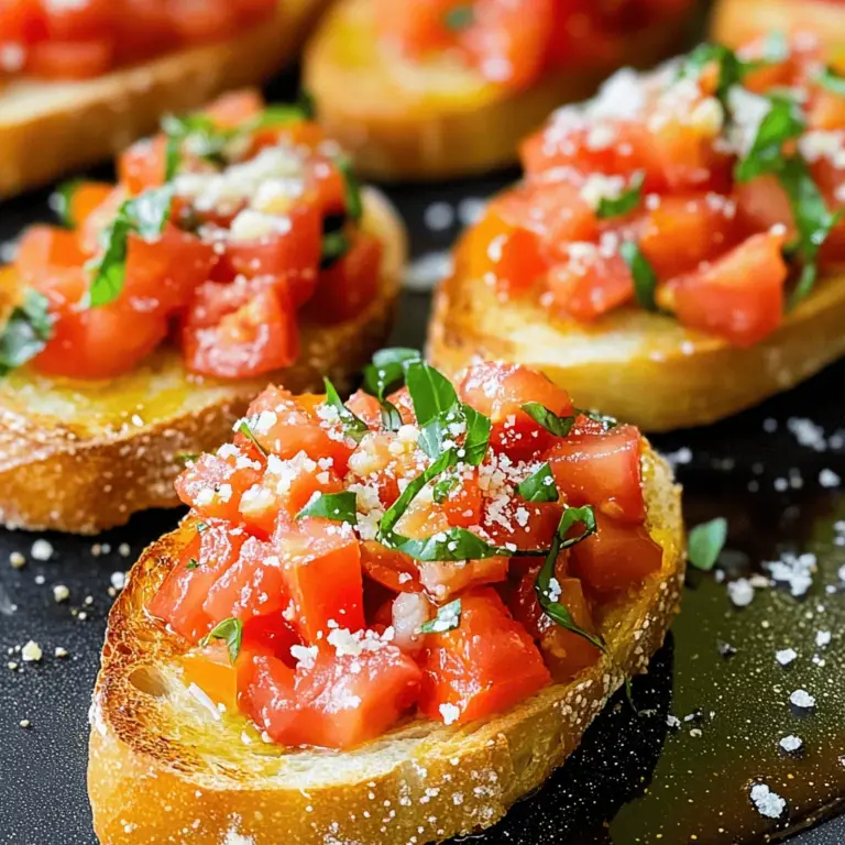 - Französisches Baguette oder Ciabatta - Reife Tomaten - Frische Basilikumblätter Die Hauptzutaten sind einfach, aber wichtig. Ein gutes Brot ist der Grundstein. Ich empfehle ein französisches Baguette oder Ciabatta. Diese Brote sind knusprig und halten die Toppings gut. Reife Tomaten bringen den vollen Geschmack. Wählen Sie saftige, rote Tomaten. Frische Basilikumblätter geben ein tolles Aroma. Hacken Sie die Blätter fein für die beste Verteilung. - Knoblauch - Extra natives Olivenöl - Balsamico-Essig Knoblauch bringt einen tollen Geschmack. Ich benutze immer frischen Knoblauch. Das extra native Olivenöl sorgt für einen reinen, fruchtigen Geschmack. Es ist wichtig für die Qualität. Balsamico-Essig fügt eine süße Säure hinzu. Diese drei Zutaten machen die Bruschetta noch besser. - Salz und Pfeffer - Geriebener Parmesan (optional) Salz und Pfeffer sind einfach, aber wichtig. Sie heben den Geschmack hervor. Ich empfehle, sie nach Geschmack hinzuzufügen. Geriebener Parmesan ist eine leckere Option. Er bringt eine salzige, reichhaltige Note. Wenn Sie Käse mögen, streuen Sie ihn einfach oben drauf. Für die Full Recipe, klicken Sie hier. - Heize den Ofen auf 200 °C vor. - Schneide ein französisches Baguette oder Ciabatta in 1,5 cm dicke Scheiben. - Lege die Brotscheiben auf ein Backblech in einer einzelnen Schicht aus. - Bestreiche eine Seite jeder Brotscheibe gleichmäßig mit 2 Esslöffeln Olivenöl. - Würfle 4 reife Tomaten und gib sie in eine Schüssel. - Hacke 3 Knoblauchzehen fein und füge sie hinzu. - Füge 1 Tasse frische, fein gehackte Basilikumblätter dazu. - Mische alles gut. - Gib 1 Esslöffel Balsamico-Essig und Salz sowie Pfeffer nach Geschmack dazu. - Backe das Brot etwa 10 Minuten, bis die Ränder goldbraun sind. - Nehme das Brot aus dem Ofen und lasse es eine Minute abkühlen. - Löffle die Tomatenmischung auf die geröstete Seite jeder Brotscheibe. - Optional: Streue geriebenen Parmesan darüber. Für das vollständige Rezept und weitere Details sieh dir die [Full Recipe] an. Die Wahl des Brotes ist entscheidend für die Textur. Ich empfehle ein französisches Baguette oder Ciabatta. Diese Brote haben die perfekte Dichte. Sie sind knusprig außen und weich innen. Schneide das Brot in 1,5 cm dicke Scheiben. So bleibt es stabil, wenn du die Tomaten darauf gibst. Reife, aromatische Tomaten sind der Schlüssel. Sie geben viel Geschmack. Suche nach Tomaten, die fest und glänzend sind. Wenn du sie leicht drückst, sollten sie ein wenig nachgeben. Mische verschiedene Tomatensorten für mehr Farbe und Geschmack. Ich mag es, Roma-Tomaten oder San-Marzano-Tomaten zu benutzen. Diese haben einen intensiven Geschmack. Die Präsentation macht viel aus. Arrangiere die Bruschetta auf einem flachen Teller. Das sieht gut aus und macht Lust auf mehr. Du kannst frische Basilikumblätter darüberlegen. Sie geben Farbe und duften herrlich. Ein wenig geriebener Parmesan oben drauf macht es noch besser. Halte die Bruschetta nur kurz vor dem Servieren bereit. So bleibt das Brot knusprig und lecker. Falls du mehr über die Rezeptdetails erfahren möchtest, schau dir die [Full Recipe] an. {{image_4}} Eine tolle Idee ist, Feta oder Oliven hinzuzufügen. Feta bringt einen salzigen Geschmack. Oliven bieten einen herzhaften Biss. Diese Zutaten passen gut zu Tomaten und Basilikum. Sie fügen mehr Textur und Geschmack hinzu. Probieren Sie schwarze oder grüne Oliven. Beide können das Gericht aufpeppen. Wenn Sie etwas Neues möchten, probieren Sie Avocado. Ersetzen Sie die Tomaten mit einer reifen Avocado. Die Avocado macht die Bruschetta cremig und reichhaltig. Fügen Sie etwas Limettensaft hinzu, um die Frische zu betonen. Diese Variante ist perfekt für Avocado-Liebhaber. Es ist auch eine gesunde Wahl. Für Schärfe können Sie Chili oder Pfeffer verwenden. Fügen Sie gehackte frische Chilis zur Tomatenmischung hinzu. Alternativ können Sie auch Cayennepfeffer verwenden. Diese Zutaten geben der Bruschetta einen Kick. Sie machen das Gericht aufregender und interessanter. Entdecken Sie weitere Ideen mit dem [Full Recipe]. Bruschetta schmeckt am besten frisch. Wenn Sie Reste haben, lagern Sie sie in einem luftdichten Behälter. Stellen Sie den Behälter in den Kühlschrank. So bleibt die Mischung frisch. Das Brot wird jedoch weich. Es wird empfohlen, Brot und Tomatenmischung getrennt zu lagern. So bleibt beides in guter Form. Sie können einige Schritte im Voraus machen. Schneiden Sie das Brot und lagern Sie es in einem Beutel. Bereiten Sie die Tomatenmischung ebenfalls vor. Mischen Sie die gewürfelten Tomaten, den Knoblauch und das Basilikum. Fügen Sie den Balsamico-Essig hinzu. Lagern Sie diese Mischung in einem anderen Behälter. So sparen Sie Zeit, wenn Sie bereit sind, zu servieren. Um durchweichtes Brot zu vermeiden, rösten Sie das Brot erst kurz vor dem Servieren. So bleibt es knusprig. Löffeln Sie die Tomatenmischung erst auf das Brot, wenn Sie essen. Das hilft, die Textur zu bewahren. Alternativ können Sie auch kleine Brote verwenden. Diese sind einfacher zu handhaben und trocknen weniger schnell aus. Bruschetta hält sich etwa 1-2 Tage im Kühlschrank. Es ist wichtig, die Tomatenmischung getrennt vom Brot zu lagern. So bleibt das Brot knusprig. Wenn Sie Bruschetta aufbewahren, decken Sie die Mischung gut ab. Verwenden Sie einen luftdichten Behälter. Ja, Sie können die Tomatenmischung am Vortag zubereiten. Bewahren Sie sie im Kühlschrank auf. Richten Sie das Brot erst kurz vor dem Servieren an. So bleibt es frisch und knusprig. Bruschetta passt gut zu vielen Beilagen. Hier sind einige Vorschläge: - Ein frischer grüner Salat - Gegrilltes Gemüse - Ein leichter Weißwein - Olivenöl mit Balsamico zum Dippen Diese Optionen ergänzen den Geschmack der Bruschetta gut. Wenn Sie etwas anderes ausprobieren möchten, können Sie auch frisches Obst anbieten. Bruschetta ist einfach zuzubereiten und bietet viele leckere Variationen. Wir haben die Zutaten, die Zubereitung und hilfreiche Tipps besprochen. Der Schlüssel liegt in der Auswahl reifer Tomaten und dem richtigen Brot. Experimentiere mit neuen Toppings wie Feta oder Avocado. Bewahre deine Bruschetta gut auf, um die Frische zu erhalten. Du hast jetzt alles, was du brauchst, um deine Gäste zu beeindrucken! Viel Spaß beim Kochen und Genießen!