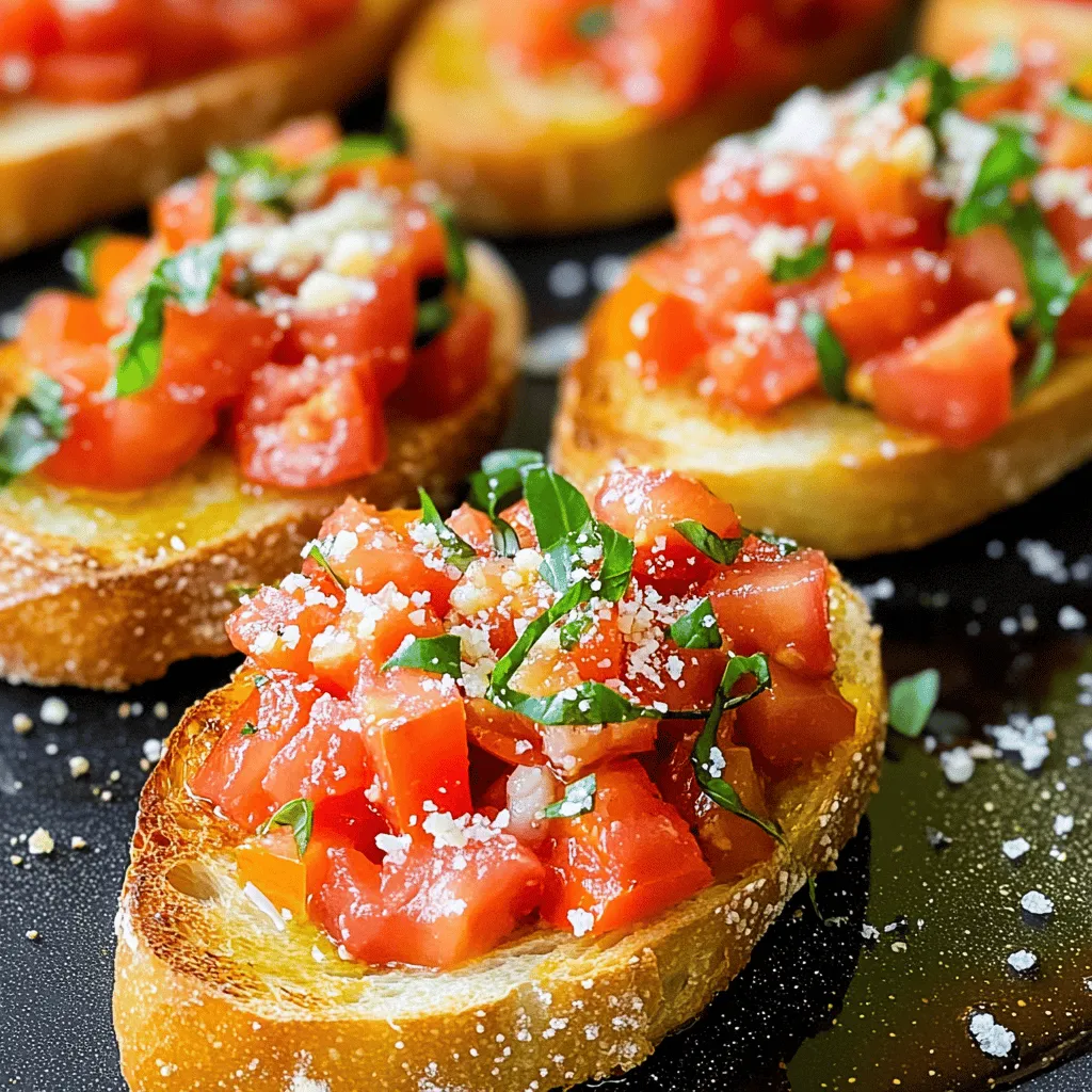 - Französisches Baguette oder Ciabatta - Reife Tomaten - Frische Basilikumblätter Die Hauptzutaten sind einfach, aber wichtig. Ein gutes Brot ist der Grundstein. Ich empfehle ein französisches Baguette oder Ciabatta. Diese Brote sind knusprig und halten die Toppings gut. Reife Tomaten bringen den vollen Geschmack. Wählen Sie saftige, rote Tomaten. Frische Basilikumblätter geben ein tolles Aroma. Hacken Sie die Blätter fein für die beste Verteilung. - Knoblauch - Extra natives Olivenöl - Balsamico-Essig Knoblauch bringt einen tollen Geschmack. Ich benutze immer frischen Knoblauch. Das extra native Olivenöl sorgt für einen reinen, fruchtigen Geschmack. Es ist wichtig für die Qualität. Balsamico-Essig fügt eine süße Säure hinzu. Diese drei Zutaten machen die Bruschetta noch besser. - Salz und Pfeffer - Geriebener Parmesan (optional) Salz und Pfeffer sind einfach, aber wichtig. Sie heben den Geschmack hervor. Ich empfehle, sie nach Geschmack hinzuzufügen. Geriebener Parmesan ist eine leckere Option. Er bringt eine salzige, reichhaltige Note. Wenn Sie Käse mögen, streuen Sie ihn einfach oben drauf. Für die Full Recipe, klicken Sie hier. - Heize den Ofen auf 200 °C vor. - Schneide ein französisches Baguette oder Ciabatta in 1,5 cm dicke Scheiben. - Lege die Brotscheiben auf ein Backblech in einer einzelnen Schicht aus. - Bestreiche eine Seite jeder Brotscheibe gleichmäßig mit 2 Esslöffeln Olivenöl. - Würfle 4 reife Tomaten und gib sie in eine Schüssel. - Hacke 3 Knoblauchzehen fein und füge sie hinzu. - Füge 1 Tasse frische, fein gehackte Basilikumblätter dazu. - Mische alles gut. - Gib 1 Esslöffel Balsamico-Essig und Salz sowie Pfeffer nach Geschmack dazu. - Backe das Brot etwa 10 Minuten, bis die Ränder goldbraun sind. - Nehme das Brot aus dem Ofen und lasse es eine Minute abkühlen. - Löffle die Tomatenmischung auf die geröstete Seite jeder Brotscheibe. - Optional: Streue geriebenen Parmesan darüber. Für das vollständige Rezept und weitere Details sieh dir die [Full Recipe] an. Die Wahl des Brotes ist entscheidend für die Textur. Ich empfehle ein französisches Baguette oder Ciabatta. Diese Brote haben die perfekte Dichte. Sie sind knusprig außen und weich innen. Schneide das Brot in 1,5 cm dicke Scheiben. So bleibt es stabil, wenn du die Tomaten darauf gibst. Reife, aromatische Tomaten sind der Schlüssel. Sie geben viel Geschmack. Suche nach Tomaten, die fest und glänzend sind. Wenn du sie leicht drückst, sollten sie ein wenig nachgeben. Mische verschiedene Tomatensorten für mehr Farbe und Geschmack. Ich mag es, Roma-Tomaten oder San-Marzano-Tomaten zu benutzen. Diese haben einen intensiven Geschmack. Die Präsentation macht viel aus. Arrangiere die Bruschetta auf einem flachen Teller. Das sieht gut aus und macht Lust auf mehr. Du kannst frische Basilikumblätter darüberlegen. Sie geben Farbe und duften herrlich. Ein wenig geriebener Parmesan oben drauf macht es noch besser. Halte die Bruschetta nur kurz vor dem Servieren bereit. So bleibt das Brot knusprig und lecker. Falls du mehr über die Rezeptdetails erfahren möchtest, schau dir die [Full Recipe] an. {{image_4}} Eine tolle Idee ist, Feta oder Oliven hinzuzufügen. Feta bringt einen salzigen Geschmack. Oliven bieten einen herzhaften Biss. Diese Zutaten passen gut zu Tomaten und Basilikum. Sie fügen mehr Textur und Geschmack hinzu. Probieren Sie schwarze oder grüne Oliven. Beide können das Gericht aufpeppen. Wenn Sie etwas Neues möchten, probieren Sie Avocado. Ersetzen Sie die Tomaten mit einer reifen Avocado. Die Avocado macht die Bruschetta cremig und reichhaltig. Fügen Sie etwas Limettensaft hinzu, um die Frische zu betonen. Diese Variante ist perfekt für Avocado-Liebhaber. Es ist auch eine gesunde Wahl. Für Schärfe können Sie Chili oder Pfeffer verwenden. Fügen Sie gehackte frische Chilis zur Tomatenmischung hinzu. Alternativ können Sie auch Cayennepfeffer verwenden. Diese Zutaten geben der Bruschetta einen Kick. Sie machen das Gericht aufregender und interessanter. Entdecken Sie weitere Ideen mit dem [Full Recipe]. Bruschetta schmeckt am besten frisch. Wenn Sie Reste haben, lagern Sie sie in einem luftdichten Behälter. Stellen Sie den Behälter in den Kühlschrank. So bleibt die Mischung frisch. Das Brot wird jedoch weich. Es wird empfohlen, Brot und Tomatenmischung getrennt zu lagern. So bleibt beides in guter Form. Sie können einige Schritte im Voraus machen. Schneiden Sie das Brot und lagern Sie es in einem Beutel. Bereiten Sie die Tomatenmischung ebenfalls vor. Mischen Sie die gewürfelten Tomaten, den Knoblauch und das Basilikum. Fügen Sie den Balsamico-Essig hinzu. Lagern Sie diese Mischung in einem anderen Behälter. So sparen Sie Zeit, wenn Sie bereit sind, zu servieren. Um durchweichtes Brot zu vermeiden, rösten Sie das Brot erst kurz vor dem Servieren. So bleibt es knusprig. Löffeln Sie die Tomatenmischung erst auf das Brot, wenn Sie essen. Das hilft, die Textur zu bewahren. Alternativ können Sie auch kleine Brote verwenden. Diese sind einfacher zu handhaben und trocknen weniger schnell aus. Bruschetta hält sich etwa 1-2 Tage im Kühlschrank. Es ist wichtig, die Tomatenmischung getrennt vom Brot zu lagern. So bleibt das Brot knusprig. Wenn Sie Bruschetta aufbewahren, decken Sie die Mischung gut ab. Verwenden Sie einen luftdichten Behälter. Ja, Sie können die Tomatenmischung am Vortag zubereiten. Bewahren Sie sie im Kühlschrank auf. Richten Sie das Brot erst kurz vor dem Servieren an. So bleibt es frisch und knusprig. Bruschetta passt gut zu vielen Beilagen. Hier sind einige Vorschläge: - Ein frischer grüner Salat - Gegrilltes Gemüse - Ein leichter Weißwein - Olivenöl mit Balsamico zum Dippen Diese Optionen ergänzen den Geschmack der Bruschetta gut. Wenn Sie etwas anderes ausprobieren möchten, können Sie auch frisches Obst anbieten. Bruschetta ist einfach zuzubereiten und bietet viele leckere Variationen. Wir haben die Zutaten, die Zubereitung und hilfreiche Tipps besprochen. Der Schlüssel liegt in der Auswahl reifer Tomaten und dem richtigen Brot. Experimentiere mit neuen Toppings wie Feta oder Avocado. Bewahre deine Bruschetta gut auf, um die Frische zu erhalten. Du hast jetzt alles, was du brauchst, um deine Gäste zu beeindrucken! Viel Spaß beim Kochen und Genießen!