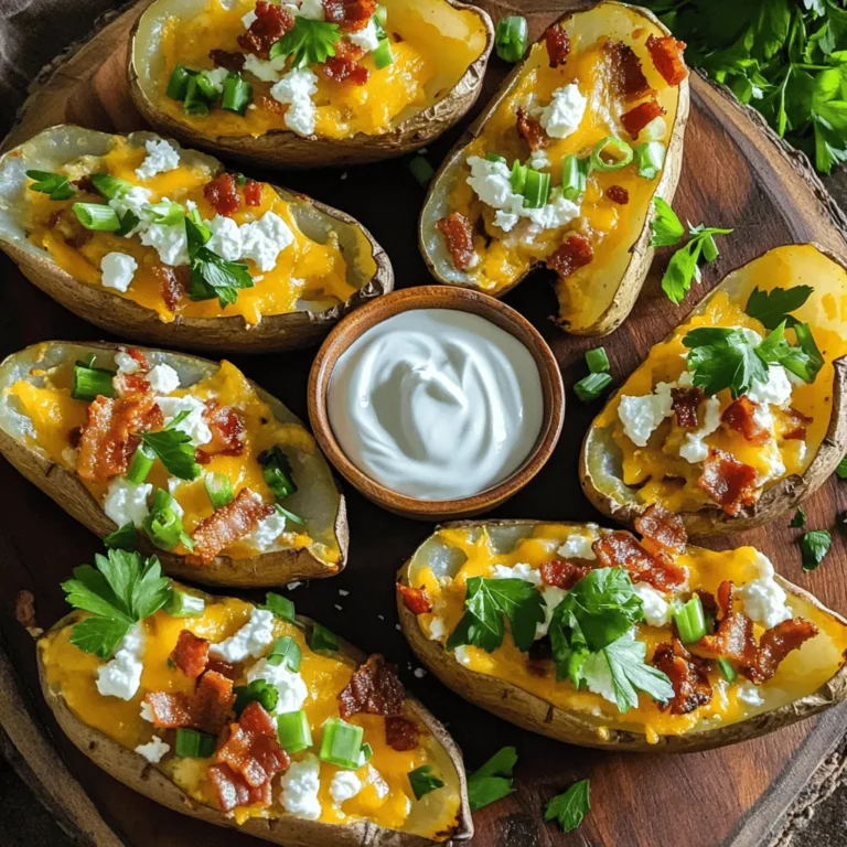 - 4 große Russet-Kartoffeln - 1 Tasse geriebener scharfer Cheddarkäse - 1/2 Tasse zerbröckelter Feta-Käse - 1/2 Tasse gekochte Speckstücke (oder knusprige Kichererbsen für vegetatische Option) - 1/4 Tasse Sauerrahm - 2 Frühlingszwiebeln, in Scheiben geschnitten - 1 Esslöffel Olivenöl - 1 Teelöffel Knoblauchpulver - 1 Teelöffel Paprika - Salz und Pfeffer nach Geschmack - Frische Petersilie zur Garnierung Die Hauptzutaten sind wichtig für den Geschmack. Die Russet-Kartoffeln geben die beste Basis. Der scharfe Cheddarkäse sorgt für einen tollen Käsegeschmack. Feta-Käse bringt eine interessante Note dazu. Die zusätzlichen Zutaten machen die Kartoffeln noch besser. Speck gibt einen herzhaften Crunch. Für eine vegetarische Option kannst du knusprige Kichererbsen verwenden. Sauerrahm fügt Frische hinzu. Frühlingszwiebeln bringen Farbe und einen milden Zwiebelgeschmack. Die Gewürze und Öle sind das Geheimnis für den perfekten Biss. Olivenöl hilft, die Kartoffeln knusprig zu machen. Knoblauchpulver und Paprika geben den Kartoffeln Tiefe. Achte darauf, genug Salz und Pfeffer zu verwenden. Garniere die Kartoffeln mit frischer Petersilie für den letzten Schliff. Für das vollständige Rezept, schau dir die Full Recipe an. - Ofen vorheizen auf 200°C (400°F) - Kartoffeln waschen, trocknen und einstechen Zuerst heize ich den Ofen auf 200°C vor. Dies ist wichtig, damit die Kartoffeln gleichmäßig garen. Dann wasche ich die Kartoffeln gut. Es ist wichtig, Schmutz und Erde zu entfernen. Danach tupfe ich sie trocken. Ich steche jede Kartoffel mit einer Gabel mehrmals ein. Das hilft, den Dampf im Ofen entweichen zu lassen. - Kartoffeln mit Olivenöl, Salz, und Pfeffer einreiben - Direkt auf den Ofenrost legen und 45-50 Minuten backen Jetzt ist es Zeit, die Kartoffeln für das Backen vorzubereiten. Ich reibe sie mit Olivenöl ein. Dann streue ich Salz und Pfeffer darüber. Das gibt den Kartoffeln Geschmack. Ich lege die Kartoffeln direkt auf den Ofenrost und backe sie für 45 bis 50 Minuten. Die Zeit ist wichtig, damit sie weich und zart werden. Ich prüfe mit einer Gabel, ob sie gar sind. - Abgekühlte Kartoffeln halbieren und Innenteil herauslöffeln - Masse aus Kartoffelinnere, Käse und Gewürzen vermengen und einfüllen Nach dem Backen lasse ich die Kartoffeln ein wenig abkühlen. Dann schneide ich sie der Länge nach in zwei Hälften. Mit einem Löffel nehme ich das Innere der Kartoffeln heraus. Ich achte darauf, genug Kartoffel für die Stabilität zu lassen. In einer Schüssel vermenge ich das Kartoffelinnere mit Käse und Gewürzen. Diese Mischung fülle ich dann in die Kartoffelschalen. So entsteht eine köstliche Füllung, die beim Backen schmilzt. Für das vollständige Rezept siehe die Full Recipe. - Optimale Backzeit und -temperatur: Backe die Kartoffeln bei 200°C (400°F). So werden sie perfekt zart. Lass sie 45 bis 50 Minuten im Ofen. Überprüfe die Garzeit mit einer Gabel. Sie sollten leicht durchstechen lassen. - Verwendung eines Ofenthermometers: Ein Ofenthermometer hilft dir, die genaue Temperatur zu prüfen. Oft zeigt der Ofen nicht die richtige Hitze an. So kannst du sicherstellen, dass deine Kartoffeln gleichmäßig garen. - Wie man die Füllung anpasst: Du kannst die Füllung leicht ändern. Füge zum Beispiel Jalapeños für einen scharfen Kick hinzu. Oder verwende verschiedene Käsesorten. Mozzarella oder Gouda bringen einen anderen Geschmack. - Gewürzempfehlungen für verschiedene Geschmäcker: Experimentiere mit Gewürzen. Paprika gibt eine rauchige Note. Kümmel oder italienische Kräuter sorgen für einen anderen Flair. Sei kreativ und finde deinen Favoriten. - Häufige Probleme und Lösungen beim Backen von Potato Skins: Manchmal wird der Käse nicht schön goldbraun. Backe die gefüllten Schalen länger, bis der Käse sprudelt. Wenn die Schalen zu weich sind, backe sie beim ersten Durchgang etwas länger. Achte darauf, dass du genug Kartoffelinnere herauslöffelst, damit die Schalen stabil bleiben. {{image_4}} Für eine pflanzliche Füllung empfehle ich, die Speckstücke durch knusprige Kichererbsen zu ersetzen. Sie geben einen tollen Crunch und sind gesund. Du kannst auch gebratene Pilze oder Spinat hinzufügen. Diese Zutaten bringen Geschmack und Farbe in deine Kartoffelschalen. Bei den Käsesorten kannst du kreativ sein. Ich mag es, Feta mit Cheddar zu mischen. Du kannst auch Mozzarella verwenden, um eine zähe, schmelzende Textur zu erreichen. Probiere, verschiedene Käsesorten zu kombinieren. Das sorgt für neue Geschmackserlebnisse. Lass uns die Welt der Aromen erkunden! Für mediterrane Varianten kannst du getrocknete Tomaten, Oliven und Feta verwenden. Ein Spritzer Zitronensaft bringt Frische. Für mexikanische Geschmäcker füge schwarze Bohnen, Guacamole und Jalapeños hinzu. Diese Toppings machen die Kartoffeln aufregend und würzig. Du kannst auch mit verschiedenen Toppings spielen. Avocado, Salsa oder sogar eine scharfe Soße sind tolle Optionen. So gestaltest du deine Loaded Potato Skins ganz nach deinem Geschmack. Zu den Feiertagen kannst du festliche Zutaten nutzen. Kürbis oder Süßkartoffeln sind perfekt für den Herbst. Im Winter fügen geröstete Nüsse oder Preiselbeeren eine besondere Note hinzu. Diese saisonalen Produkte bringen Abwechslung. Denke auch an frisches Gemüse. Im Sommer sind Zucchini oder Paprika hervorragend. Sie sorgen für Farbe und Frische. Mit saisonalem Gemüse erhältst du gesunde und leckere Kartoffelschalen. Für das vollständige Rezept, schau dir das Cheesy Loaded Potato Skins mit einem Twist an. Lagern Sie Ihre Loaded Potato Skins im Kühlschrank. Sie bleiben dort frisch für bis zu drei Tage. Wenn Sie die Kartoffelhälften länger aufbewahren möchten, können Sie sie einfrieren. Wickeln Sie sie gut in Frischhaltefolie ein. Sie bleiben im Gefrierfach bis zu einem Monat gut. Für die Aufbewahrung von Resten empfehle ich, die gefüllten Kartoffelschalen getrennt von der Sauce aufzubewahren. Das hält die Schalen knusprig. Stellen Sie sicher, dass die Reste vollständig abgekühlt sind, bevor Sie sie einpacken. Um Ihre Loaded Potato Skins wieder warm zu machen, nutzen Sie den Ofen. Heizen Sie ihn auf 180°C vor. Legen Sie die Kartoffeln auf ein Backblech und erwärmen Sie sie für etwa 10 bis 15 Minuten. So bleiben sie knusprig und lecker. Wenn Sie die Mikrowelle verwenden möchten, legen Sie eine Kartoffelhälfte auf einen mikrowellengeeigneten Teller. Erhitzen Sie sie für etwa 1 bis 2 Minuten. Achten Sie darauf, dass sie nicht zu heiß wird. Das kann die Textur ändern. Für die besten Ergebnisse, nutzen Sie die Backofen-Methode. Sie sorgt für eine gleichmäßige Erwärmung. So schmecken die Loaded Potato Skins fast wie frisch aus dem Ofen. Loaded Potato Skins brauchen im Ofen etwa 45-50 Minuten. Diese Zeit hängt von der Größe der Kartoffeln ab. Ich empfehle, die Kartoffeln nach 45 Minuten zu prüfen. Stecken Sie eine Gabel hinein. Wenn sie weich sind, sind sie bereit. Wenn nicht, lassen Sie sie noch einige Minuten länger. Ja, Sie können Loaded Potato Skins im Voraus zubereiten. Kochen Sie die Kartoffeln und füllen Sie sie vorab. Lagern Sie sie im Kühlschrank. Vor dem Servieren backen Sie sie einfach auf. Dies spart Zeit beim Partybuffet. Zu Loaded Potato Skins passen viele Dips. Sauerrahm ist der Klassiker. Guacamole bringt einen frischen Geschmack. Auch eine scharfe Salsa passt gut. Für Käseliebhaber empfehle ich eine Käsesauce. Loaded Potato Skins kommen ursprünglich aus den USA. Diese Snacks entstanden in den 1970er Jahren. Sie wurden schnell beliebt in Bars und Restaurants. Man servierte sie oft als Vorspeise. Für Loaded Potato Skins sind scharfer Cheddarkäse und Feta-Käse großartig. Sie schmelzen gut und geben viel Geschmack. Alternativen sind Gouda oder Mozzarella. Diese Käse bringen eine andere Note in das Gericht. Die Full Recipe für Loaded Potato Skins zeigt Ihnen, wie man diese Snacks zubereitet. Sie finden darin alle Zutaten und Schritte. So gelingt Ihnen das perfekte Partygericht! Am Ende nehmen wir alles zusammen. Wir haben die wichtigsten Zutaten für Loaded Potato Skins betrachtet. Ich habe dir die Schritte zur perfekten Zubereitung erklärt. Mit hilfreichen Tipps und Variationen kannst du dein eigenes Rezept anpassen. Denke auch an die richtige Lagerung und Aufwärmung. Diese Snacks sind einfach und lecker. Du kannst kreativ sein und neue Geschmackskombinationen ausprobieren. Genieße diese köstliche Speise bei deinem nächsten Treffen oder einfach so. Viel Spaß beim Kochen und Experimentieren!
