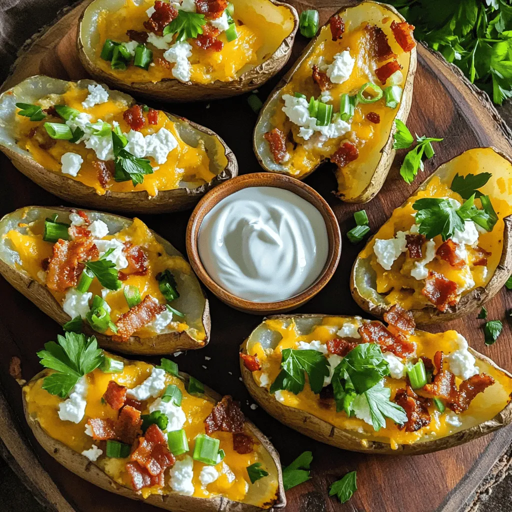 - 4 große Russet-Kartoffeln - 1 Tasse geriebener scharfer Cheddarkäse - 1/2 Tasse zerbröckelter Feta-Käse - 1/2 Tasse gekochte Speckstücke (oder knusprige Kichererbsen für vegetatische Option) - 1/4 Tasse Sauerrahm - 2 Frühlingszwiebeln, in Scheiben geschnitten - 1 Esslöffel Olivenöl - 1 Teelöffel Knoblauchpulver - 1 Teelöffel Paprika - Salz und Pfeffer nach Geschmack - Frische Petersilie zur Garnierung Die Hauptzutaten sind wichtig für den Geschmack. Die Russet-Kartoffeln geben die beste Basis. Der scharfe Cheddarkäse sorgt für einen tollen Käsegeschmack. Feta-Käse bringt eine interessante Note dazu. Die zusätzlichen Zutaten machen die Kartoffeln noch besser. Speck gibt einen herzhaften Crunch. Für eine vegetarische Option kannst du knusprige Kichererbsen verwenden. Sauerrahm fügt Frische hinzu. Frühlingszwiebeln bringen Farbe und einen milden Zwiebelgeschmack. Die Gewürze und Öle sind das Geheimnis für den perfekten Biss. Olivenöl hilft, die Kartoffeln knusprig zu machen. Knoblauchpulver und Paprika geben den Kartoffeln Tiefe. Achte darauf, genug Salz und Pfeffer zu verwenden. Garniere die Kartoffeln mit frischer Petersilie für den letzten Schliff. Für das vollständige Rezept, schau dir die Full Recipe an. - Ofen vorheizen auf 200°C (400°F) - Kartoffeln waschen, trocknen und einstechen Zuerst heize ich den Ofen auf 200°C vor. Dies ist wichtig, damit die Kartoffeln gleichmäßig garen. Dann wasche ich die Kartoffeln gut. Es ist wichtig, Schmutz und Erde zu entfernen. Danach tupfe ich sie trocken. Ich steche jede Kartoffel mit einer Gabel mehrmals ein. Das hilft, den Dampf im Ofen entweichen zu lassen. - Kartoffeln mit Olivenöl, Salz, und Pfeffer einreiben - Direkt auf den Ofenrost legen und 45-50 Minuten backen Jetzt ist es Zeit, die Kartoffeln für das Backen vorzubereiten. Ich reibe sie mit Olivenöl ein. Dann streue ich Salz und Pfeffer darüber. Das gibt den Kartoffeln Geschmack. Ich lege die Kartoffeln direkt auf den Ofenrost und backe sie für 45 bis 50 Minuten. Die Zeit ist wichtig, damit sie weich und zart werden. Ich prüfe mit einer Gabel, ob sie gar sind. - Abgekühlte Kartoffeln halbieren und Innenteil herauslöffeln - Masse aus Kartoffelinnere, Käse und Gewürzen vermengen und einfüllen Nach dem Backen lasse ich die Kartoffeln ein wenig abkühlen. Dann schneide ich sie der Länge nach in zwei Hälften. Mit einem Löffel nehme ich das Innere der Kartoffeln heraus. Ich achte darauf, genug Kartoffel für die Stabilität zu lassen. In einer Schüssel vermenge ich das Kartoffelinnere mit Käse und Gewürzen. Diese Mischung fülle ich dann in die Kartoffelschalen. So entsteht eine köstliche Füllung, die beim Backen schmilzt. Für das vollständige Rezept siehe die Full Recipe. - Optimale Backzeit und -temperatur: Backe die Kartoffeln bei 200°C (400°F). So werden sie perfekt zart. Lass sie 45 bis 50 Minuten im Ofen. Überprüfe die Garzeit mit einer Gabel. Sie sollten leicht durchstechen lassen. - Verwendung eines Ofenthermometers: Ein Ofenthermometer hilft dir, die genaue Temperatur zu prüfen. Oft zeigt der Ofen nicht die richtige Hitze an. So kannst du sicherstellen, dass deine Kartoffeln gleichmäßig garen. - Wie man die Füllung anpasst: Du kannst die Füllung leicht ändern. Füge zum Beispiel Jalapeños für einen scharfen Kick hinzu. Oder verwende verschiedene Käsesorten. Mozzarella oder Gouda bringen einen anderen Geschmack. - Gewürzempfehlungen für verschiedene Geschmäcker: Experimentiere mit Gewürzen. Paprika gibt eine rauchige Note. Kümmel oder italienische Kräuter sorgen für einen anderen Flair. Sei kreativ und finde deinen Favoriten. - Häufige Probleme und Lösungen beim Backen von Potato Skins: Manchmal wird der Käse nicht schön goldbraun. Backe die gefüllten Schalen länger, bis der Käse sprudelt. Wenn die Schalen zu weich sind, backe sie beim ersten Durchgang etwas länger. Achte darauf, dass du genug Kartoffelinnere herauslöffelst, damit die Schalen stabil bleiben. {{image_4}} Für eine pflanzliche Füllung empfehle ich, die Speckstücke durch knusprige Kichererbsen zu ersetzen. Sie geben einen tollen Crunch und sind gesund. Du kannst auch gebratene Pilze oder Spinat hinzufügen. Diese Zutaten bringen Geschmack und Farbe in deine Kartoffelschalen. Bei den Käsesorten kannst du kreativ sein. Ich mag es, Feta mit Cheddar zu mischen. Du kannst auch Mozzarella verwenden, um eine zähe, schmelzende Textur zu erreichen. Probiere, verschiedene Käsesorten zu kombinieren. Das sorgt für neue Geschmackserlebnisse. Lass uns die Welt der Aromen erkunden! Für mediterrane Varianten kannst du getrocknete Tomaten, Oliven und Feta verwenden. Ein Spritzer Zitronensaft bringt Frische. Für mexikanische Geschmäcker füge schwarze Bohnen, Guacamole und Jalapeños hinzu. Diese Toppings machen die Kartoffeln aufregend und würzig. Du kannst auch mit verschiedenen Toppings spielen. Avocado, Salsa oder sogar eine scharfe Soße sind tolle Optionen. So gestaltest du deine Loaded Potato Skins ganz nach deinem Geschmack. Zu den Feiertagen kannst du festliche Zutaten nutzen. Kürbis oder Süßkartoffeln sind perfekt für den Herbst. Im Winter fügen geröstete Nüsse oder Preiselbeeren eine besondere Note hinzu. Diese saisonalen Produkte bringen Abwechslung. Denke auch an frisches Gemüse. Im Sommer sind Zucchini oder Paprika hervorragend. Sie sorgen für Farbe und Frische. Mit saisonalem Gemüse erhältst du gesunde und leckere Kartoffelschalen. Für das vollständige Rezept, schau dir das Cheesy Loaded Potato Skins mit einem Twist an. Lagern Sie Ihre Loaded Potato Skins im Kühlschrank. Sie bleiben dort frisch für bis zu drei Tage. Wenn Sie die Kartoffelhälften länger aufbewahren möchten, können Sie sie einfrieren. Wickeln Sie sie gut in Frischhaltefolie ein. Sie bleiben im Gefrierfach bis zu einem Monat gut. Für die Aufbewahrung von Resten empfehle ich, die gefüllten Kartoffelschalen getrennt von der Sauce aufzubewahren. Das hält die Schalen knusprig. Stellen Sie sicher, dass die Reste vollständig abgekühlt sind, bevor Sie sie einpacken. Um Ihre Loaded Potato Skins wieder warm zu machen, nutzen Sie den Ofen. Heizen Sie ihn auf 180°C vor. Legen Sie die Kartoffeln auf ein Backblech und erwärmen Sie sie für etwa 10 bis 15 Minuten. So bleiben sie knusprig und lecker. Wenn Sie die Mikrowelle verwenden möchten, legen Sie eine Kartoffelhälfte auf einen mikrowellengeeigneten Teller. Erhitzen Sie sie für etwa 1 bis 2 Minuten. Achten Sie darauf, dass sie nicht zu heiß wird. Das kann die Textur ändern. Für die besten Ergebnisse, nutzen Sie die Backofen-Methode. Sie sorgt für eine gleichmäßige Erwärmung. So schmecken die Loaded Potato Skins fast wie frisch aus dem Ofen. Loaded Potato Skins brauchen im Ofen etwa 45-50 Minuten. Diese Zeit hängt von der Größe der Kartoffeln ab. Ich empfehle, die Kartoffeln nach 45 Minuten zu prüfen. Stecken Sie eine Gabel hinein. Wenn sie weich sind, sind sie bereit. Wenn nicht, lassen Sie sie noch einige Minuten länger. Ja, Sie können Loaded Potato Skins im Voraus zubereiten. Kochen Sie die Kartoffeln und füllen Sie sie vorab. Lagern Sie sie im Kühlschrank. Vor dem Servieren backen Sie sie einfach auf. Dies spart Zeit beim Partybuffet. Zu Loaded Potato Skins passen viele Dips. Sauerrahm ist der Klassiker. Guacamole bringt einen frischen Geschmack. Auch eine scharfe Salsa passt gut. Für Käseliebhaber empfehle ich eine Käsesauce. Loaded Potato Skins kommen ursprünglich aus den USA. Diese Snacks entstanden in den 1970er Jahren. Sie wurden schnell beliebt in Bars und Restaurants. Man servierte sie oft als Vorspeise. Für Loaded Potato Skins sind scharfer Cheddarkäse und Feta-Käse großartig. Sie schmelzen gut und geben viel Geschmack. Alternativen sind Gouda oder Mozzarella. Diese Käse bringen eine andere Note in das Gericht. Die Full Recipe für Loaded Potato Skins zeigt Ihnen, wie man diese Snacks zubereitet. Sie finden darin alle Zutaten und Schritte. So gelingt Ihnen das perfekte Partygericht! Am Ende nehmen wir alles zusammen. Wir haben die wichtigsten Zutaten für Loaded Potato Skins betrachtet. Ich habe dir die Schritte zur perfekten Zubereitung erklärt. Mit hilfreichen Tipps und Variationen kannst du dein eigenes Rezept anpassen. Denke auch an die richtige Lagerung und Aufwärmung. Diese Snacks sind einfach und lecker. Du kannst kreativ sein und neue Geschmackskombinationen ausprobieren. Genieße diese köstliche Speise bei deinem nächsten Treffen oder einfach so. Viel Spaß beim Kochen und Experimentieren!