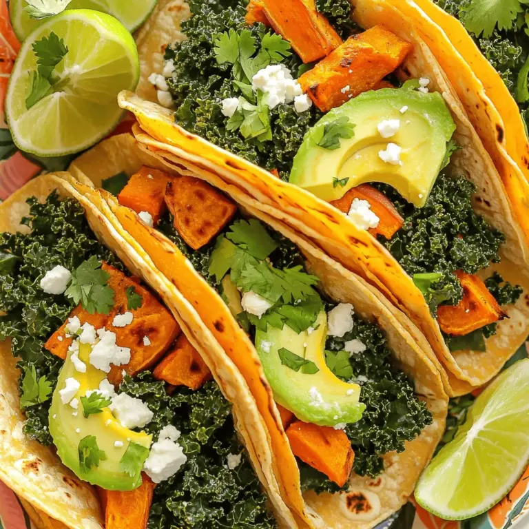 Für diese leckeren Tacos brauchst du: - 2 mittelgroße Süßkartoffeln, geschält und gewürfelt - 1 Esslöffel Olivenöl - 1 Teelöffel geräuchertes Paprikapulver - 1 Teelöffel Knoblauchpulver - Salz und Pfeffer nach Geschmack - 4 Tassen Grünkohl, Stiele entfernt und gehackt - 1 Esslöffel Zitronensaft - 8 kleine Maistortillas - 1 Avocado, in Scheiben geschnitten - ¼ Tasse zerbröckelter Feta-Käse (optional) - Frischer Koriander zur Dekoration Wähle Süßkartoffeln, die fest und glatt sind. Vermeide solche mit Flecken oder Rissen. Beim Grünkohl suchst du nach frischen, grünen Blättern. Sie sollten knackig und nicht verwelkt sein. Achte bei Avocados darauf, dass sie leicht nachgeben, wenn du sanft drückst. So sind sie perfekt reif. Süßkartoffeln sind reich an Ballaststoffen, Vitaminen A und C. Diese Nährstoffe stärken dein Immunsystem und die Haut. Grünkohl liefert viele Vitamine K und C sowie Antioxidantien. Diese helfen, deinen Körper gesund zu halten. Avocados bieten gesunde Fette und sind gut für das Herz. Diese Kombination macht die Tacos nährstoffreich und lecker. Für die vollständige Anleitung sieh dir das [Full Recipe] an. Die Zubereitung der Tacos beginnt mit den Süßkartoffeln. Du schälst sie und schneidest sie in kleine Würfel. Achte darauf, dass sie alle gleich groß sind. So garen sie gleichmäßig. Nimm eine große Schüssel und gib die Süßkartoffeln hinein. Füge dann Olivenöl, geräuchertes Paprikapulver und Knoblauchpulver hinzu. Rühre alles gut um, bis die Würfel gleichmäßig bedeckt sind. Vergiss nicht, Salz und Pfeffer nach deinem Geschmack hinzuzufügen. Heize deinen Ofen auf 220°C vor. Lege ein Backblech mit Backpapier aus. Verteile die gewürzten Süßkartoffeln auf dem Blech. Röste sie 25 bis 30 Minuten. Sie sollten zart und leicht karamelisiert sein. Rühre die Süßkartoffeln nach 15 Minuten um. So werden sie von allen Seiten knusprig. Achte darauf, dass sie nicht anbrennen. Während die Süßkartoffeln rösten, erhitzt du eine Pfanne bei mittlerer Hitze. Gib den gehackten Grünkohl in die Pfanne. Sautiere ihn etwa 3 bis 4 Minuten, bis er verwelkt ist. Zitronensaft, Salz und Pfeffer dazugeben. Rühre alles um und nimm die Pfanne vom Herd. Jetzt ist der Grünkohl bereit, die Tacos zu füllen. Jetzt hast du die Basis für deine Tacos. Folge dem [Full Recipe] für die weiteren Schritte und genieße diese köstlichen Tacos! Einer der häufigsten Fehler beim Kochen von Tacos ist, die Süßkartoffeln nicht gleichmäßig zu schneiden. Wenn du die Stücke zu groß oder zu klein machst, garen sie ungleichmäßig. Halte die Würfel klein und gleichmäßig! Ein weiterer Fehler ist das Überwürzen. Zu viel Salz kann die Süßkartoffeln überdecken. Beginne mit einer kleinen Menge und füge nach Geschmack mehr hinzu. Für die besten Tortillas erwärmst du sie in einer trockenen Pfanne. Dies macht sie weich und lecker. Achte darauf, sie nur kurz zu erhitzen, damit sie nicht knusprig werden. Alternativ kannst du sie für einige Sekunden in der Mikrowelle erwärmen. Wickele sie in ein feuchtes Tuch, um sie warm zu halten. Präsentiere die Tacos auf einem bunten Teller. Füge Limettenviertel hinzu, um einen spritzigen Akzent zu setzen. Ein wenig frischer Koriander oben drauf macht das Gericht ansprechend. Du kannst auch die Avocadoscheiben kreativ anrichten. Die Farben machen das Essen einladend und freuen die Augen. Wenn du die Tacos schneidest, achte darauf, sie in der Mitte zu halbieren, damit die Füllung gut aussieht. {{image_4}} Für eine vegane Variante der Tacos kannst du den Feta-Käse weglassen. Stattdessen verwende eine cremige Avocado oder einen veganen Käse. Du kannst auch Kichererbsen hinzufügen, um mehr Eiweiß zu bekommen. Diese Variationen machen die Tacos nahrhaft und lecker. Die Tacos sind einfach anpassbar. Du kannst schwarze Bohnen für zusätzlichen Biss hinzufügen. Frischer Limettensaft bringt Frische. Salsa oder Pico de Gallo machen die Tacos noch schmackhafter. Probiere auch Jalapeños für einen extra Kick. Wenn du es schärfer magst, füge gehackte Chilis oder scharfe Sauce hinzu. Eine Chipotle-Sauce gibt den Tacos eine rauchige Note. Auch eine Prise Cayennepfeffer im Rezept sorgt für mehr Würze. Experimentiere mit Gewürzen, um deinen perfekten Taco zu finden. Für das vollständige Rezept, sieh dir den [Full Recipe] an. Wenn du Tacos übrig hast, bewahre sie in einem luftdichten Behälter auf. Stelle sicher, dass sie vollständig abgekühlt sind. So bleiben sie frisch und lecker. Du kannst die Reste bis zu drei Tage im Kühlschrank lassen. Achte darauf, die Süßkartoffeln und den Grünkohl getrennt von den Tortillas zu lagern. So bleibt alles knusprig. Um die Tacos einzufrieren, lege die gefüllten Tortillas in einen gefrierfesten Behälter. Du kannst auch Frischhaltefolie verwenden, um sie abzudecken. So schützt du die Tacos vor Gefrierbrand. Diese Tacos halten bis zu drei Monate im Gefrierschrank. Um die Tacos aufzuwärmen, benutze den Ofen oder eine Pfanne. Heize den Ofen auf 180°C vor. Lege die Tacos auf ein Backblech und erwärme sie 10 bis 15 Minuten lang. Wenn du eine Pfanne verwendest, erhitze sie bei mittlerer Hitze. Lege die Tacos hinein und wärme sie 3 bis 5 Minuten lang auf jeder Seite. So bleiben die Tortillas weich und die Füllung warm. Für die vollständige Zubereitung, schau dir das [Full Recipe] an. Ja, du kannst diese Tacos glutenfrei machen. Verwende einfach glutenfreie Maistortillas. Diese sind eine tolle Alternative zu Weizentortillas. Achte darauf, dass alle anderen Zutaten ebenfalls glutenfrei sind. Zu den Tacos passen viele Beilagen. Hier sind einige schöne Ideen: - Reis oder Quinoa für einen nahrhaften Zusatz. - Ein frischer Salat mit Limetten-Dressing. - Salsa oder Guacamole für zusätzlichen Geschmack. - Gegrilltes Gemüse als bunte Ergänzung. Die Tacos halten sich im Kühlschrank für etwa drei Tage. Bewahre die Tacos in einem luftdichten Behälter auf. Für beste Frische, lagere die Füllung und Tortillas getrennt. Süßkartoffeln sind reich an Vitaminen und Ballaststoffen. Sie enthalten viel Vitamin A, das gut für die Augen ist. Grünkohl ist ein Superfood. Er liefert viele Vitamine, Mineralien und Antioxidantien. Diese beiden Zutaten machen die Tacos nicht nur lecker, sondern auch sehr gesund. Wenn du mehr wissen möchtest, findest du die vollständige Anleitung in der [Full Recipe]. In diesem Blogbeitrag haben wir die besten Zutaten, Anleitungen und Tipps für leckere Tacos besprochen. Du weißt nun, welche frischen Zutaten du wählen und wie du Fehler vermeidest. Ich habe dir auch Variationen und die besten Aufbewahrungsmethoden gezeigt. Tacos sind vielseitig und gesund. Probiere neue Toppings und Teile deine Kreationen mit Freunden. Denke daran, die Zutaten gut zu wählen für den besten Geschmack. Gute Tacos beginnen mit frischen Zutaten und deiner Fantasie.
