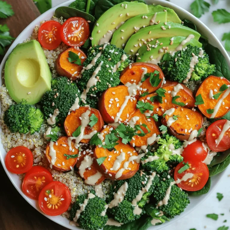 Die Hauptzutaten sind einfach und lecker. Sie machen die Bowl nahrhaft und bunt. Hier ist, was du brauchst: - 1 Tasse Quinoa, gründlich gewaschen - 2 Tassen Gemüsebrühe oder Wasser - 1 Tasse Kichererbsen, gekocht oder aus der Dose, abgetropft und gespült - 1 mittelgroße Süßkartoffel, geschält und gewürfelt - 1 Tasse Brokkoliröschen - 1 Tasse Kirschtomaten, halbiert - 1 Avocado, in Scheiben geschnitten - 2 Tassen Babyspinat Quinoa ist ein tolles Protein. Kichererbsen geben dir mehr Füllung. Süßkartoffeln sind süß und nahrhaft. Brokkoli bringt viele Vitamine. Kirschtomaten und Avocado geben einen frischen Geschmack. Babyspinat macht die Bowl schön grün. Die richtigen Gewürze machen einen großen Unterschied. Hier sind die Gewürze und Öle, die du brauchst: - 1 Esslöffel Olivenöl - 1 Teelöffel geräucherter Paprika - 1 Teelöffel Knoblauchpulver - Salz und Pfeffer nach Geschmack Olivenöl gibt der Bowl einen tollen Geschmack. Geräucherter Paprika fügt eine rauchige Note hinzu. Knoblauchpulver sorgt für einen leckeren Duft. Salz und Pfeffer helfen, die Aromen zu verstärken. Dressing und Toppings machen die Bowl besonders lecker. Du brauchst: - Tahini-Dressing zum Servieren - Sesam zur Dekoration - Frische Petersilie zur Garnierung Das Tahini-Dressing gibt einen cremigen Geschmack. Sesam macht deine Bowl knusprig. Frische Petersilie sieht nicht nur gut aus, sie hat auch einen frischen Geschmack. Du kannst das vollständige Rezept [Full Recipe] finden, um alles Schritt für Schritt zu lernen. Um Quinoa zuzubereiten, beginne mit dem Waschen. Spüle es unter kaltem Wasser. Dadurch entfernst du Bitterstoffe. Koche das gewaschene Quinoa in einem Topf. Verwende zwei Tassen Gemüsebrühe oder Wasser. Bringe es zum Kochen. Reduziere dann die Hitze und decke den Topf ab. Lass das Quinoa etwa 15 Minuten köcheln. Die Flüssigkeit sollte vollständig absorbiert sein. Nach dem Kochen nimm den Topf vom Herd. Lass das Quinoa für fünf Minuten ruhen. So wird es locker und fluffig. Heize deinen Ofen auf 200°C vor. Würfle die Süßkartoffel und lege sie in eine Schüssel. Füge Olivenöl, geräucherten Paprika, Knoblauchpulver, Salz und Pfeffer hinzu. Vermische alles gut. Verteile die gewürzten Süßkartoffeln gleichmäßig auf einem Backblech. Röste sie 25 bis 30 Minuten im Ofen. Wende sie nach der Hälfte der Zeit, damit sie gleichmäßig garen. Füge in den letzten zehn Minuten den Brokkoli hinzu. Gib ihm etwas Olivenöl und würze ihn. So wird er zart und lecker. Beginne mit der Basis aus dem Quinoa. Löffle es in eine große Schüssel. Füge dann eine Schicht Babyspinat hinzu. Jetzt kommt der Rest der Zutaten. Gib die Kichererbsen, geröstete Süßkartoffeln, den Brokkoli, Kirschtomaten und die Avocadoscheiben darauf. Zum Schluss träufle etwas Tahini-Dressing über die Bowl. Bestreue sie mit Sesam und frischer Petersilie. So sieht deine Buddha-Bowl toll aus und schmeckt fantastisch! Um Quinoa perfekt zu kochen, wasche es gut. Dies entfernt Bitterstoffe. Verwende zwei Tassen Gemüsebrühe für jede Tasse Quinoa. Dies gibt Geschmack. Koche die Mischung zum Sieden, dann reduziere die Hitze. Decke den Topf ab und lasse es 15 Minuten köcheln. Nach dem Kochen sollte das Quinoa locker sein. Wenn du Gemüsebrühe nicht hast, nutze Wasser. Das Quinoa schmeckt dann einfacher, aber immer noch gut. Für die Süßkartoffeln backe sie 25-30 Minuten bei 200°C. Wende sie nach 15 Minuten. So werden sie gleichmäßig gar. Für den Brokkoli füge ihn in den letzten 10 Minuten hinzu. So bleibt er knackig. Tipp: Ein wenig Zucker hilft beim Karamellisieren. Das gibt eine süße Note, die großartig schmeckt. Das Tahini-Dressing ist toll, aber du kannst es variieren. Füge Zitrone oder Knoblauch für mehr Geschmack hinzu. Du kannst auch Joghurt oder Senf verwenden. Für eine süßere Note, probiere Honig oder Ahornsirup. Das Dressing macht den Unterschied in deinem Buddha-Bowl. Es passt gut zu vielen Zutaten. {{image_4}} Wenn du mehr Protein in deiner Buddha-Bowl haben möchtest, kannst du Tofu oder Tempeh hinzufügen. Beide sind tolle Optionen. Tofu ist leicht und nimmt viele Aromen auf. Tempeh hat eine nussige Note und ist sehr nahrhaft. Du kannst sie einfach anbraten oder marinieren. Auch andere Hülsenfrüchte sind eine gute Wahl. Schwarze Bohnen sind lecker und geben einen kräftigen Geschmack. Sie sind einfach zu finden und passen gut zu vielen Gemüsearten. Für die Buddha-Bowl kannst du saisonales oder regionales Gemüse wählen. Das macht die Bowl frisch und spannend. Du kannst auch Zutaten austauschen. Wenn du keine Süßkartoffeln magst, versuche Karotten oder Kürbis. Brokkoli ist toll, aber auch Blumenkohl oder Zucchini sind gute Alternativen. Sei kreativ und nutze das, was du hast. Wenn du Gluten meiden musst, ist das kein Problem. Quinoa ist von Natur aus glutenfrei und perfekt für die Bowl. Achte darauf, dass das Tahini-Dressing auch glutenfrei ist. Für nussfreie Anpassungen kannst du Sonnenblumenkerne oder Kürbiskerne verwenden. Diese bieten einen tollen Crunch und sind gesund. So kannst du die Bowl genießen, ohne dir Sorgen zu machen. Quinoa ist einfach zu lagern. Bewahre es in einem luftdichten Behälter auf. So bleibt es frisch und trocken. Lagere es an einem kühlen, dunklen Ort. Quinoa hält sich so bis zu einem Jahr. Geröstetes Gemüse bleibt im Kühlschrank etwa 3 bis 5 Tage frisch. Stelle sicher, dass es in einem Behälter mit Deckel ist. So bleibt es saftig und behält den Geschmack. Meal Prep für deine Buddha-Bowl ist eine tolle Idee. Koche eine größere Menge Quinoa am Anfang der Woche. Du kannst auch das Gemüse im Voraus rösten. Teile die Portionen in Behälter auf. So hast du für mehrere Tage gesunde Mahlzeiten. Wenn du Reste hast, lagere sie richtig. Stelle sicher, dass die Bowl abgekühlt ist, bevor du sie in den Kühlschrank stellst. Verwende einen verschlossenen Behälter, um die Frische zu bewahren. Die besten Methoden zum Aufwärmen sind einfach. Du kannst die Bowl in der Mikrowelle aufwärmen. Achte darauf, sie abzudecken, damit sie nicht austrocknet. Erwärme sie in kurzen Intervallen und rühre zwischendurch um. Eine andere Methode ist das Aufwärmen in einem Topf. Füge etwas Wasser hinzu, um die Bowl feucht zu halten. So bleibt das Gemüse knackig und die Aromen intensiv. Eine Buddha-Bowl ist ein gesundes Gericht, das meist aus verschiedenen Zutaten besteht. Der Name kommt von der Form der Schüssel, die oft rund und voll ist, ähnlich wie der Bauch eines Buddhas. Diese Schalen sind bunt und bieten viele Nährstoffe. Du findest oft eine Basis aus Getreide, Gemüse, Hülsenfrüchten und gesunden Fetten. Sie kommen aus der veganen Küche und sind perfekt für eine ausgewogene Ernährung. Ja, du kannst die Zutaten nach deinem Geschmack ändern. Wenn dir Quinoa nicht gefällt, probiere Reis oder Bulgur. Das Gemüse kannst du nach Saison oder Vorliebe wählen. Süßkartoffeln können durch Kürbis ersetzt werden. Experimentiere mit verschiedenen Hülsenfrüchten wie Bohnen oder Linsen. So bleibt die Bowl spannend und lecker. Im Kühlschrank hält die vegane Buddha-Bowl etwa drei bis fünf Tage. Bewahre sie in einem luftdichten Behälter auf. Achte darauf, dass das Gemüse frisch bleibt. Wenn du die Bowl länger aufbewahren möchtest, kannst du das Gemüse getrennt lagern. So bleibt alles knackig und lecker. Um deine Buddha-Bowl sättigender zu machen, füge mehr Protein hinzu. Tofu oder Tempeh sind großartige Optionen. Auch Nüsse oder Samen bringen gesunde Fette und zusätzliche Kalorien. Du kannst auch mehr Hülsenfrüchte wie Kichererbsen oder schwarze Bohnen verwenden. So wird die Bowl nahrhaft und hält dich lange satt. Das Rezept stammt aus der Full Recipe der Lebendigen Nährstoff-Buddha-Bowl 🥗. Diese Bowl vereint viele gesunde Zutaten und bietet eine tolle Mischung aus Aromen und Texturen. Sie ist einfach zuzubereiten und perfekt für jeden Tag. Zusammengefasst zeigt dieser Artikel, wie du eine köstliche vegane Buddha-Bowl zubereitest. Wir haben über die Hauptzutaten, Gewürze und das perfekte Dressing gesprochen. Außerdem gab es Tipps zum Kochen von Quinoa und zur Röstung des Gemüses. Denke daran, dass du die Bowl nach deinem Geschmack anpassen kannst. Variationen sind einfach und machen das Gericht spannend. Experimentiere mit verschiedenen Zutaten und Lagermethoden. So bleibt deine Buddha-Bowl frisch und lecker. Genieße deine gesunde Mahlzeit!