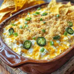 Für einen großartigen Jalapeño Popper Dip brauche ich folgende Hauptzutaten: - 226 g Frischkäse, weichgeklopft - 1 Tasse scharfer Cheddarkäse, gerieben - 1 Tasse Mozzarellakäse, gerieben - 120 ml Mayonnaise - 120 ml saure Sahne - 2-3 frische Jalapeños, entkernt und gewürfelt - 60 ml Frühlingszwiebeln, in Ringe geschnitten Diese Zutaten sorgen für eine cremige und würzige Basis. Der Frischkäse gibt dem Dip die nötige Konsistenz, während die Käsesorten für einen tollen Geschmack sorgen. Die Jalapeños bringen die Schärfe, die man liebt. Zusätzlich brauche ich noch einige Gewürze und knusprige Elemente: - 1 Teelöffel Knoblauchpulver - 1 Teelöffel Zwiebelpulver - Salz und Pfeffer nach Geschmack - 60 g Panko-Semmelbrösel - 2 Esslöffel Olivenöl Die Panko-Semmelbrösel geben dem Dip eine tolle Kruste. Ich mische sie mit Olivenöl, damit sie schön knusprig werden. Eine Portion Jalapeño Popper Dip enthält etwa 150-200 Kalorien, abhängig von den verwendeten Zutaten. Die gesamte Zubereitung ergibt etwa 8 Portionen. Ideal für Partys oder als Snack, dieser Dip macht jeden Moment besser. Wenn du mehr über die Zubereitung erfahren möchtest, schau dir das Full Recipe an. Um den Jalapeño Popper Dip zu machen, heize deinen Ofen auf 175°C vor. Nimm dann eine große Rührschüssel. Dort gibst du den weichen Frischkäse, den scharfen Cheddarkäse, den Mozzarellakäse, die Mayonnaise und die saure Sahne. Mische alles gut, bis die Masse cremig ist. Jetzt kommt der spannende Teil. Nimm 2-3 frische Jalapeños und schneide sie klein. Entferne die Kerne, wenn du es nicht zu scharf magst. Füge die Jalapeños in die Schüssel. Dann kommen die Frühlingszwiebeln, das Knoblauchpulver und das Zwiebelpulver dazu. Schmecke alles mit Salz und Pfeffer ab. Rühre gut um, damit sich alle Zutaten vermischen. Übertrage die Mischung in eine Auflaufform. Streiche sie gleichmäßig aus. In einer kleinen Schüssel mische die Panko-Semmelbrösel mit Olivenöl. Mische, bis die Brösel gut bedeckt sind. Streue die Brösel über den Dip. Backe das Ganze 25-30 Minuten lang, bis der Dip heiß und sprudelnd ist. Die Brösel sollten goldbraun sein. Lass den Dip kurz abkühlen, bevor du ihn servierst. Für das volle Geschmackserlebnis kannst du ihn mit frischen Frühlingszwiebeln und Jalapeño-Scheiben garnieren. Bereit für den Genuss? Der volle Genuss wartet auf dich in der [Full Recipe]. Um den perfekten Jalapeño Popper Dip zuzubereiten, folge diesen Schritten: 1. Verwende frische Zutaten. Frischer Frischkäse und frische Jalapeños machen einen großen Unterschied. 2. Mische die Käse gut. Eine gleichmäßige Mischung sorgt für einen cremigen Dip. 3. Backe bei der richtigen Temperatur. 175°C ist ideal für eine knusprige Kruste. 4. Lass den Dip kurz abkühlen. So bleibt er warm, aber nicht zu heiß beim Servieren. Die Schärfe kann einfach angepasst werden: - Für milden Geschmack, verwende weniger Jalapeños oder entferne die Kerne. - Für mehr Hitze, füge mehr Jalapeños hinzu oder nutze schärfere Sorten. - Experimentiere mit Chili-Pulver oder Cayenne-Pfeffer für zusätzlichen Kick. Um die Portionsgröße zu berechnen, denke an folgende Punkte: - Die gesamte Menge ergibt etwa 8 Portionen. - Serviere den Dip mit Tortilla-Chips oder Baguette. - Wenn du mehr Gäste hast, verdopple die Zutaten. Es ist einfach, mehr zuzubereiten. Für die vollständige Zubereitung schaue dir das Rezept an: [Full Recipe]. {{image_4}} Für eine vegetarische Variante des Jalapeño Popper Dips, können Sie das Rezept leicht anpassen. Lassen Sie einfach das Fleisch weg, falls Sie es hinzugefügt haben. Die cremige Basis bleibt gleich, und Sie können die Jalapeños und Käse nach Belieben verwenden. Fügen Sie Gemüse wie Paprika oder Zucchini hinzu, um mehr Geschmack zu erhalten. Diese Optionen sind lecker und frisch. Käse ist der Schlüssel zu einem großartigen Dip. Wenn Sie eine andere Käsesorte verwenden möchten, probieren Sie Gouda oder Feta. Beide Käse bieten einen einzigartigen Geschmack. Sie können auch eine Mischung aus verschiedenen Käsesorten verwenden, um die Textur und den Geschmack zu variieren. Experimentieren Sie mit Käse, um Ihre perfekte Mischung zu finden. Gewürze machen den Unterschied aus. Fügen Sie etwas Paprika oder Kreuzkümmel hinzu, um dem Dip mehr Tiefe zu geben. Wenn Sie es schärfer wollen, können Sie mehr Jalapeños oder sogar etwas Chili-Pulver hinzufügen. Frische Kräuter wie Koriander oder Petersilie verleihen dem Dip ebenfalls eine schöne Note. Seien Sie kreativ und passen Sie die Gewürze nach Ihrem Geschmack an. Um den Jalapeño Popper Dip frisch zu halten, lagere ihn in einem luftdichten Behälter. Achte darauf, den Dip abzukühlen, bevor du ihn in den Kühlschrank stellst. So bleibt der Geschmack erhalten. Du kannst den Dip bis zu drei Tage im Kühlschrank aufbewahren. Wenn du den Dip erneut aufwärmen möchtest, nimm ihn aus dem Kühlschrank und lasse ihn einige Minuten bei Raumtemperatur stehen. Erhitze ihn dann langsam in der Mikrowelle oder im Ofen. Ja, du kannst den Dip einfrieren! Um ihn einzufrieren, fülle ihn in einen gefriergeeigneten Behälter. Lasse etwas Platz, da sich der Dip ausdehnt. Er bleibt bis zu drei Monate frisch im Gefrierfach. Zum Wiederaufwärmen, tau ihn zuerst im Kühlschrank auf. Danach erhitze ihn in der Mikrowelle oder im Ofen, bis er wieder heiß ist. Der Jalapeño Popper Dip behält seine Frische, wenn du ihn richtig lagerst. Nach dem Auftauen kann er noch etwa zwei Tage im Kühlschrank bleiben. Überprüfe immer den Geruch und die Farbe, bevor du ihn isst. Wenn du unsicher bist, schmecke einen kleinen Löffel, um sicherzustellen, dass er gut ist. So bleibst du sicher und genießt jeden Bissen. Sie können Jalapeño Popper Dip bis zu zwei Tage im Voraus zubereiten. Lagern Sie ihn einfach in einem luftdichten Behälter im Kühlschrank. So sparen Sie Zeit, wenn Gäste kommen. Vor dem Backen können Sie den Dip direkt aus dem Kühlschrank verwenden. Achten Sie darauf, die Backzeit gegebenenfalls um einige Minuten zu verlängern, damit er gut durchheizt. Ja, Sie können einige Zutaten anpassen oder weglassen. Wenn Sie keinen Frischkäse haben, verwenden Sie stattdessen Ricotta oder Quark. Für weniger Schärfe können Sie die Jalapeños ganz weglassen oder milde Paprika verwenden. Auch die Käsesorten sind flexibel. Experimentieren Sie mit Gouda oder Feta für neuen Geschmack. Zu Jalapeño Popper Dip passen Tortilla-Chips oder aufgeschnittenes Baguette sehr gut. Sie können auch Gemüsesticks wie Karotten oder Sellerie anbieten. Diese schaffen eine frische Note. Wenn Sie möchten, servieren Sie auch Guacamole oder Salsa dazu. Diese Ergänzungen bringen noch mehr Geschmack und Abwechslung. Jalapeño Popper Dip ist einfach und köstlich. In diesem Blogbeitrag habe ich die Zutaten, die Zubereitung und nützliche Tipps erklärt. Du kannst den Dip nach deinem Geschmack anpassen und aufbewahren. Er bleibt frisch und lecker, auch wenn du ihn aufbewahrst oder einfrierst. Denke daran, beim Kochen Spaß zu haben. Experimentiere mit Variationen und genieße deinen Jalapeño Popper Dip in vollen Zügen. Das ist der Schlüssel zu einem gelungenen Essen!