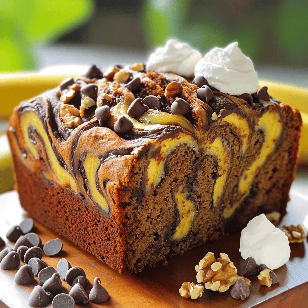 Für das perfekte Chocolate Chip Banana Bread brauchst du folgende Zutaten: - 3 reife Bananen, zerdrückt - 125 g ungesalzene Butter, geschmolzen - 100 g brauner Zucker - 50 g weißer Zucker - 2 große Eier - 1 Teelöffel Vanilleextrakt - 1 Teelöffel Natron - 1/4 Teelöffel Salz - 190 g Weizenmehl - 90 g halbsüße Schokoladenstückchen - 30 g gehackte Walnüsse (optional) Diese Zutaten sind einfach zu finden und machen das Rezept lecker. Reife Bananen sorgen für die Süße und Feuchtigkeit. Die Butter gibt dem Brot einen reichen Geschmack. Zucker spielt eine wichtige Rolle. Brauner Zucker bringt Karamellnoten. Weißer Zucker sorgt für eine schöne Textur. Eier helfen beim Binden und geben Struktur. Vanilleextrakt fügt Tiefe hinzu und macht das Brot noch köstlicher. Das Natron hilft beim Aufgehen des Brotes. Salz hebt die Aromen hervor und sorgt für Balance. Weizenmehl bildet die Basis. Schokoladenstückchen bringen den süßen Schokoladengenuss. Walnüsse sind optional, aber sie fügen einen schönen Crunch hinzu. Wenn du das Rezept befolgst, wird dein Bananenbrot wunderbar saftig und schokoladig. Für die vollständige Anleitung schau dir das [Full Recipe] an. - Heize deinen Ofen auf 175°C vor. - Fette eine Kastenform (23x13 cm) mit Kochspray oder Butter ein. Diese ersten Schritte sind wichtig. Der Ofen muss warm sein, wenn dein Teig bereit ist. Eine gefettete Form hilft dem Brot, nicht zu kleben. Wenn du das Brot später herausnimmst, wird es viel einfacher sein. - Mische die zerdrückten Bananen und die geschmolzene Butter in einer großen Schüssel. - Füge den braunen Zucker und den weißen Zucker hinzu und rühre, bis die Mischung glatt ist. - Gib die Eier und den Vanilleextrakt dazu und mische alles gut. Die Bananen geben dem Brot Feuchtigkeit und Süße. Die Butter sorgt für einen reichen Geschmack. Achte darauf, dass du alles gut vermischst. So wird der Teig gleichmäßig und lecker. - Streue das Natron und das Salz gleichmäßig über die Mischung und rühre gut. - Füge das Weizenmehl nach und nach hinzu und rühre, bis es gerade so verbunden ist. - Hebe vorsichtig die Schokoladenstückchen und die Walnüsse unter den Teig. Das Natron hilft dem Brot, schön aufzugehen. Das Salz verstärkt die Aromen. Übermische den Teig nicht. Ein paar Klumpen sind okay. Das macht das Brot fluffiger. Jetzt hast du den Teig für dein schmackhaftes Chocolate Chip Banana Bread vorbereitet. Folge dem [Full Recipe], um das Brot fertig zu backen. Um den besten Teig zu machen, beachte zwei wichtige Punkte: - Nicht übermischen: Wenn du das Mehl hinzufügst, mische nur kurz. Zu viel Rühren macht das Brot dicht. - Reife Bananen verwenden: Die Bananen sollten braune Flecken haben. Sie geben mehr Geschmack und Süße. Um sicherzustellen, dass dein Bananenbrot perfekt wird, hier ein paar Tipps: - Zahnstochertest zur Garprobe: Stecke einen Zahnstocher in die Mitte. Wenn er sauber herauskommt, ist das Brot fertig. - Temperatur überprüfen: Überprüfe die Ofentemperatur mit einem Thermometer. So vermeidest du ungleichmäßiges Backen. Die Präsentation macht viel aus. Hier sind einige Ideen: - Ansprechende Servierideen: Schneide das Bananenbrot in gleichmäßige Scheiben. Lege sie auf einen schönen Teller. - Optionen für Toppings: Garniere mit zusätzlichen Schokoladenstückchen. Ein Klecks Schlagsahne oder frische Bananenscheiben machen das Brot noch köstlicher. {{image_4}} Du kannst dein Chocolate Chip Banana Bread auf viele Arten aufpeppen. Eine tolle Idee ist, Nüsse hinzuzufügen. Gehackte Walnüsse oder Mandeln geben einen schönen Crunch. Du kannst auch verschiedene Schokoladenarten ausprobieren. Zartbitter oder weiße Schokolade verleihen deinem Brot einen neuen Geschmack. Gewürze sind ebenfalls eine tolle Möglichkeit, das Brot zu variieren. Füge etwas Zimt oder eine Prise Muskatnuss hinzu. Diese Gewürze passen perfekt zu den Bananen und machen das Brot noch aromatischer. Wenn du glutenfrei kochen möchtest, kannst du glutenfreies Mehl verwenden. Achte darauf, ein gutes glutenfreies Mehl zu wählen. Damit bleibt die Textur deines Bananenbrotes schön. Für vegane Alternativen kannst du Eier ersetzen. Apfelmus oder zerdrückte Leinsamen funktionieren gut. Diese Optionen halten das Brot feucht und lecker. Du kannst das Rezept auch für Mini-Brote oder Muffins anpassen. Diese kleinen Portionen sind perfekt für Snacks oder Partys. Die Backzeit ändert sich leicht. Mini-Brote brauchen etwa 30-40 Minuten im Ofen. Muffins sind schneller fertig, meist nach 20-25 Minuten. Denke daran, die Portionen gleichmäßig zu füllen. So sorgen sie für eine schöne Form und gleichmäßiges Backen. Du kannst dein Bananenbrot bei Raumtemperatur lagern. Wickel es in Frischhaltefolie oder lege es in einen luftdichten Behälter. Das hilft, es frisch zu halten. Wenn du es im Kühlschrank lagerst, kann es trocken werden. Kühlschrank ist besser, wenn es sehr heiß ist. Frisch gebackenes Bananenbrot bleibt bei Raumtemperatur etwa 3-4 Tage gut. Um die Haltbarkeit zu verlängern, kannst du es in Frischhaltefolie einwickeln. So bleibt es länger saftig und lecker. Wenn du es im Kühlschrank lagerst, kann es bis zu einer Woche halten. Um Bananenbrot einzufrieren, lass es zuerst vollständig abkühlen. Schneide es in Scheiben, damit du nur das auftauen kannst, was du brauchst. Wickel jede Scheibe in Frischhaltefolie und dann in Alufolie. So bleibt der Geschmack besser erhalten. Zum Auftauen, nimm eine Scheibe aus dem Gefrierschrank und lass sie bei Raumtemperatur auftauen. Du kannst auch die Mikrowelle benutzen, um es schnell aufzutauen. Das Bananenbrot braucht 60 bis 70 Minuten im Ofen. Stelle deinen Ofen auf 175°C ein. Überprüfe die Garheit mit einem Zahnstocher. Wenn er sauber herauskommt, ist das Brot fertig. Ja, du kannst das Rezept verdoppeln. Verwende eine größere Kastenform. Achte darauf, die Backzeit zu verlängern. Überprüfe das Brot nach etwa 70 Minuten. Ein häufiges Problem ist das Übermischen des Teigs. Achte darauf, nur bis zur Verbindung zu rühren. Reife Bananen helfen auch, das Brot fluffiger zu machen. Verwende sehr reife Bananen mit braunen Flecken. Je reifer, desto süßer sind sie. Diese Bananen geben dem Brot mehr Geschmack und Feuchtigkeit. Das Bananenbrot enthält viel Zucker und Fett. Du kannst gesündere Zutaten ausprobieren. Verwende weniger Zucker oder Erdnussbutter anstelle von Butter. So wird es nahrhafter. Zusammenfassend haben wir die Zutaten für ein leckeres Bananenbrot besprochen. Du weißt nun, wie man den Teig richtig zubereitet und welche Tipps dir helfen können. Variationen wie glutenfreie und vegane Optionen bieten dir neuen Geschmack. Das richtige Lagern verlängert die Frische deines Bananenbrots. Diese einfachen Schritte helfen dir, köstliche Ergebnisse zu erzielen. Wenn du diese Tipps befolgst, wirst du jedes Mal ein tolles Bananenbrot backen!