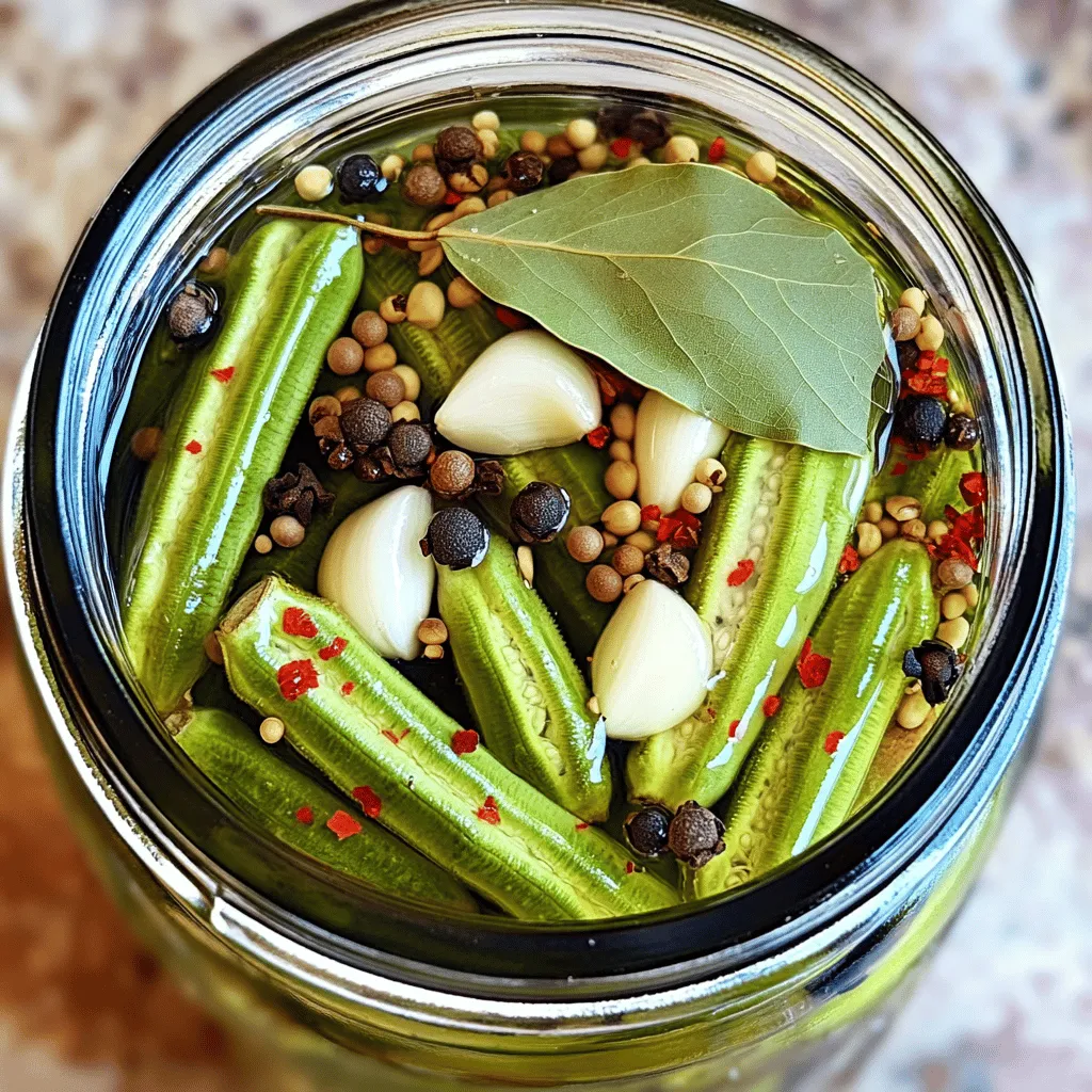 Für die Kühlschrank-Eingelegte Okra brauche ich frische Zutaten. Diese Hauptzutaten sind: - 450 g frische Okra, die Enden abgeschnitten - 240 ml klarer Essig (z. B. destillierter weißer Essig) - 240 ml Wasser - 2 Esslöffel koscheres Salz - 1 Esslöffel Zucker Die frische Okra sorgt für einen knackigen Biss. Der Essig gibt einen tollen, sauren Geschmack. Koscheres Salz und Zucker helfen, die Aromen auszugleichen. Die Gewürze machen die Okra besonders lecker. Hier sind die Gewürze, die ich verwende: - 3 Knoblauchzehen, geschält und leicht zerdrückt - 1 Teelöffel schwarze Pfefferkörner - 1 Teelöffel Senfsamen - 1 Teelöffel zerstoßene rote Pfefferflocken (je nach Schärfewunsch anpassen) - 2 Lorbeerblätter Knoblauch und Pfeffer geben einen tollen Geschmack. Senfsamen und rote Pfefferflocken bringen eine schöne Würze. Die Lorbeerblätter machen das Ganze noch aromatischer. Wenn ich frische Okra kaufe, achte ich auf einige Dinge: - Die Schoten sollten fest und knackig sein. - Die Farbe sollte hellgrün und glänzend sein. - Vermeide Okra mit braunen Flecken oder einer schlaffen Textur. Frische Okra ist der Schlüssel für den besten Geschmack. Du kannst die Okra in vielen Geschäften finden. Achte darauf, die besten Stücke auszuwählen. So wirst du mit dieser Kühlschrank-Eingelegten Okra viel Freude haben! Zuerst waschen wir die Okra gründlich. Halte sie unter kaltes, fließendes Wasser. So entfernen wir Schmutz und Bakterien. Dann schneiden wir die Enden der Okra ab. Achte darauf, sie auf etwa 0,6 cm zu kürzen. Das hilft, die Okra gleichmäßig einlegen zu können. Frische Okra ist wichtig für den besten Geschmack. Jetzt bereiten wir die Essigmischung vor. Nimm einen kleinen Topf und gib Essig, Wasser, koscheres Salz und Zucker hinein. Erhitze die Mischung bei mittlerer Hitze. Rühre gelegentlich um, bis Salz und Zucker sich auflösen. Das dauert nur ein paar Minuten. Nimm den Topf vom Herd und lass die Mischung leicht abkühlen. Dies ist der Schlüssel zu einem ausgewogenen Geschmack. Für das Abfüllen brauchst du ein sauberes, sterilisiertes Glas. Fülle die Okra vorsichtig aufrecht hinein. Achte darauf, Platz zu sparen. Füge die zerdrückten Knoblauchzehen, die Pfefferkörner, die Senfsamen, die roten Pfefferflocken und die Lorbeerblätter gleichmäßig hinzu. Diese Zutaten sorgen für den besonderen Kick. Gieße nun die abgekühlte Essigmischung über die Okra. Achte darauf, dass alles gut bedeckt ist. Klopfe sanft am Glas, um Luftblasen zu entfernen. Verschließe das Glas und lass es auf Raumtemperatur abkühlen. Danach stelle es in den Kühlschrank. Lass die Okra mindestens 24 Stunden einlegen, um den vollen Geschmack zu entfalten. Wenn du es eilig hast, sind sie nach 6 Stunden auch schon lecker. Du kannst die eingelegte Okra bis zu 3 Monate im Kühlschrank aufbewahren. Du findest die vollständige Anleitung im [Full Recipe]. Ein häufiger Fehler ist, die Okra nicht richtig zu reinigen. Achten Sie darauf, sie gründlich unter kaltem Wasser zu waschen. Schneiden Sie auch die Enden gut ab. Ein weiterer Fehler ist, die Flüssigkeit nicht ausreichend abkühlen zu lassen. Dies führt zu einer weicheren Okra. Lassen Sie die Essigmischung daher etwas abkühlen, bevor Sie sie über die Okra gießen. Es gibt viele Wege, den Geschmack Ihrer Kühlschrank-Eingelegten Okra anzupassen. Fügen Sie zusätzlich frische Kräuter wie Dill oder Thymian hinzu. Wenn Sie es schärfer mögen, können Sie mehr zerstoßene rote Pfefferflocken verwenden. Auch ein Spritzer Zitronensaft gibt einen frischen Kick. Experimentieren Sie mit verschiedenen Gewürzen, um Ihr perfektes Rezept zu finden. Für die Zubereitung benötigen Sie einige einfache Werkzeuge. Ein scharfes Messer hilft beim Schneiden der Okra. Ein kleiner Topf ist wichtig für die Essigmischung. Ein sauberes, sterilisiertes Glas eignet sich perfekt zum Einlegen. Ein Trichter kann die Abfüllung erleichtern, und ein Löffel hilft, die Gewürze gleichmäßig zu verteilen. Diese Werkzeuge machen den Prozess schnell und einfach. Ich hoffe, diese Tipps helfen Ihnen, Ihre Kühlschrank-Eingelegte Okra perfekt hinzubekommen. Für das vollständige Rezept schauen Sie sich bitte die [Full Recipe] an! {{image_4}} Ich liebe es, meiner eingelegten Okra einen scharfen Kick zu geben. Fügen Sie einfach mehr zerstoßene rote Pfefferflocken hinzu. Sie können auch frische Jalapeños oder Thai-Chilis verwenden. Schneiden Sie sie in Scheiben und geben Sie sie mit der Okra in das Glas. So wird die Okra noch schärfer und würziger. Ich empfehle, mit kleinen Mengen zu starten. So können Sie den Schärfegrad nach Ihrem Geschmack anpassen. Die Basisrezeptur für Kühlschrank-Eingelegte Okra ist vielseitig. Experimentieren Sie mit verschiedenen Kräutern wie Dill oder Thymian. Diese Kräuter bringen frische Aromen in die Mischung. Fügen Sie ein paar Zweige in das Glas, um den Geschmack zu variieren. Auch Gewürze wie Kreuzkümmel oder Koriander können interessante Noten hinzufügen. Seien Sie kreativ und finden Sie Ihre persönliche Mischung. Okra ist nicht das einzige Gemüse, das sich gut eignet. Auch Gurken, Karotten und Blumenkohl sind tolle Alternativen. Diese Gemüsesorten können Sie ähnlich zubereiten. Achten Sie darauf, die Schnittgröße anzupassen. So sorgen Sie dafür, dass sie gleichmäßig eingelegt werden. Probieren Sie verschiedene Kombinationen aus, um neue Geschmackserlebnisse zu entdecken. Nutzen Sie die Grundrezepte und fügen Sie Ihre Lieblingsgemüse hinzu. Um die Aromen der Kühlschrank-Eingelegten Okra zu bewahren, lagere ich sie im Kühlschrank. Ein luftdicht verschlossenes Glas ist wichtig. So bleibt alles frisch. Stelle sicher, dass die Okra vollständig mit der Essiglösung bedeckt ist. Dadurch vermeidest du Schimmel und Trockenheit. Die optimale Temperatur liegt bei 1 bis 4 Grad Celsius. Die eingelegte Okra hält sich bis zu 3 Monate im Kühlschrank. Nach dieser Zeit kann sich der Geschmack ändern. Ich empfehle, die Okra nach 4 bis 6 Wochen zu probieren. So kannst du sicherstellen, dass sie noch frisch und lecker ist. Wenn du Veränderungen in der Textur oder im Geruch bemerkst, entsorge sie besser. Der übrig gebliebene Essig aus dem Glas ist ein wahrer Schatz! Du kannst ihn in Salatdressings verwenden oder zu Marinaden hinzufügen. Der Essig hat einen tollen Geschmack und passt gut zu vielen Gerichten. Ich finde ihn ideal für eine Vinaigrette oder als Beigabe zu gegrilltem Gemüse. Experimentiere mit verschiedenen Rezepten, um den vollen Geschmack zu nutzen! Die Okra muss mindestens 24 Stunden einlegen. So nimmt sie den ganzen Geschmack auf. Wenn es schnell gehen muss, kannst du sie nach 6 Stunden schon probieren. Aber je länger, desto besser wird der Geschmack. Ich empfehle, die Okra bis zu einer Woche im Kühlschrank zu lassen. So wird die Textur schön knackig. Ja, du kannst gefrorene Okra verwenden. Achte darauf, sie vorher aufzutauen und gut abzutrocknen. Gefrorene Okra kann etwas weicher werden. Der Geschmack bleibt aber gut. Sie sind eine praktische Option, wenn frische Okra nicht verfügbar ist. Beachte, dass die Textur nach dem Einlegen anders sein kann. Viele Gemüsesorten sind großartig zum Einlegen. Hier sind einige meiner Favoriten: - Karotten - Gurken - Blumenkohl - Paprika - Zwiebeln Diese Gemüse nehmen die Aromen gut auf und bleiben knackig. Du kannst auch verschiedene Gemüse in einem Glas kombinieren. Das macht das Einlegen noch spannender. Kühlschrank-eingelegte Okra bietet eine einfache Methode zur Konservierung. Wir haben die Hauptzutaten, die Zubereitung und wertvolle Tipps behandelt. Vermeiden Sie häufige Fehler und passen Sie den Geschmack nach Ihrem Wunsch an. Experimentieren Sie mit Variationen und anderen Gemüsen. Achten Sie dabei auf die Lagerbedingungen für beste Haltbarkeit. Wenn Sie diese Schritte befolgen, gelingt Ihnen die perfekte eingekochte Okra. Bleiben Sie kreativ und genießen Sie den Prozess!