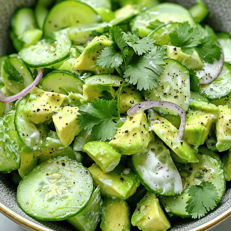 - 2 reife Avocados - 1 große Gurke - 1/4 Tasse rote Zwiebel - 1/2 Tasse griechischer Joghurt - 2 Esslöffel frischer Limettensaft - 1 Esslöffel Olivenöl - Salz und schwarzer Pfeffer nach Geschmack - Optional: 1/4 Teelöffel Cayennepfeffer Um diesen cremigen Avocado-Gurken-Salat zu machen, fangen wir mit den Hauptzutaten an. Die Avocados sind das Herzstück. Wählen Sie reife Avocados, die sanft drücken, wenn Sie sie anpacken. Dann nehmen Sie eine große Gurke. Diese sollte frisch und knackig sein. Außerdem benötigen wir etwas rote Zwiebel. Sie bringt einen schönen Geschmack und eine tolle Farbe. Für die weiteren Zutaten verwenden wir griechischen Joghurt. Er gibt dem Salat eine cremige Textur. Frischer Limettensaft sorgt für einen spritzigen Geschmack. Ein Esslöffel Olivenöl rundet alles ab und macht den Salat noch besser. Die Gewürze sind wichtig. Salz und schwarzer Pfeffer bringen das Aroma hervor. Wenn Sie es schärfer mögen, fügen Sie etwas Cayennepfeffer hinzu. Dies ist optional, aber es kann einen tollen Kick geben. Für das vollständige Rezept schauen Sie einfach in den Abschnitt "Vollständiges Rezept". Hier finden Sie alle Schritte und Details, um diesen köstlichen Salat zuzubereiten. - Zuerst schneide die Avocados in kleine Stücke. Die Avocados sollten reif sein. Dadurch wird der Salat cremig. - Dann nimm die Gurke. Schäle sie und schneide sie in dünne Scheiben. Die Gurke gibt Frische. - Jetzt ist es Zeit für die Zwiebel. Hacke die rote Zwiebel fein. Sie bringt eine schöne Zwiebelnote in den Salat. - In einer kleinen Schüssel mische den griechischen Joghurt mit Limettensaft und Olivenöl. Das macht das Dressing cremig. - Füge den gehackten Knoblauch hinzu. Jetzt kommt der Geschmack! - Nimm etwas Salz und Pfeffer und gib sie zum Dressing. Rühre alles gut um. Optional kannst du auch Cayennepfeffer für etwas Schärfe hinzufügen. - Gieße das Dressing über die vorbereitete Avocado-Gurken-Mischung. - Vermenge alles vorsichtig. Achte darauf, dass die Zutaten gut mit dem Dressing bedeckt sind. - Probiere den Salat und passe die Gewürze nach deinem Geschmack an. - Zum Schluss rühre den gehackten Koriander unter den Salat. Lass den Salat für 15 Minuten im Kühlschrank ruhen. So können die Aromen gut durchziehen. Für das vollständige Rezept, schaue hier: [Full Recipe]. Um den besten Geschmack zu erzielen, musst du die richtige Avocado auswählen. Reife Avocados fühlen sich leicht weich an, wenn du sanft drückst. Achte darauf, dass die Haut glatt ist und eine schöne, tiefgrüne Farbe hat. Wenn die Avocado zu hart ist, lasse sie bei Raumtemperatur reifen. Lagere reife Avocados im Kühlschrank, um die Frische zu bewahren. Du kannst deinen Salat anpassen, indem du weitere Gemüse oder Früchte hinzufügst. Paprika, Kirschtomaten oder sogar Mango passen gut. Für eine proteinreiche Option kannst du gekochte Kichererbsen oder Hähnchenbrust hinzufügen. Wenn du eine Diät einhalten musst, nutze fettfreien Joghurt oder lasse den Joghurt ganz weg. Der Salat bleibt trotzdem frisch und lecker. Für die Präsentation gibt es viele Möglichkeiten. Serviere den Salat in einer schönen Schüssel oder auf einem großen Teller. Du kannst den Salat auch in kleinen Gläsern anrichten, um ihn noch besonderer zu machen. Um das Ganze aufzuwerten, garniere den Salat mit zusätzlichen Korianderblättern oder einer Scheibe Limette. Ein Hauch schwarzer Pfeffer sorgt für mehr Geschmack und Farbe. Für das vollständige Rezept, klicke hier: [Full Recipe]. {{image_4}} Der cremige Avocado-Gurken-Salat hält sich im Kühlschrank für etwa zwei Tage. Die beste Aufbewahrungsmethode ist, den Salat in einem luftdichten Behälter zu lagern. So bleibt er frisch und die Aromen bleiben erhalten. Kann der Salat eingefroren werden? Das Einfrieren von diesem Salat ist nicht ideal. Die Textur der Avocado und Gurke wird nach dem Auftauen weich. Dennoch, wenn du es trotzdem versuchen möchtest, hier sind einige Tipps zur optimalen Lagerung. - Fülle den Salat in einen gefrierfesten Behälter. - Lasse etwas Platz, damit er sich ausdehnen kann. - Achte darauf, die Luft so gut wie möglich zu entfernen. Denke daran, dass die Frische des Salats nach dem Auftauen beeinträchtigt sein kann. Für beste Ergebnisse empfehle ich, den Salat frisch zu genießen. Du findest das vollständige Rezept [hier](#). Um den Salat cremiger zu machen, benutze mehr griechischen Joghurt. Er ist dick und frisch. Eine andere Wahl ist saure Sahne. Du kannst auch Frischkäse verwenden, um einen reichen Geschmack zu erzielen. Diese Zutaten machen den Salat noch cremiger und leckerer. Ja, du kannst den Salat im Voraus machen. Bereite die Zutaten vor, aber mische sie nicht sofort. So bleiben die Gurken knackig. Lagere den Salat in einem luftdichten Behälter im Kühlschrank. Er bleibt frisch für ein bis zwei Tage. Mische ihn kurz vor dem Servieren. Dieser Salat passt gut zu vielen Gerichten. Serviere ihn als Beilage zu grilled chicken oder fish. Er ist auch lecker mit Quinoa oder Reis. Du kannst ihn auch zu einem BBQ oder Picknick mitbringen. Probiere ihn als frische Beilage zu Sandwiches oder Wraps. Detaillierte Zutatenliste: - 2 reife Avocados, gewürfelt - 1 große Gurke, geschält und dünn aufgeschnitten - 1/4 Tasse rote Zwiebel, fein gehackt - 1/2 Tasse griechischer Joghurt - 2 Esslöffel frischer Limettensaft - 1 Esslöffel Olivenöl - 1 Zehe Knoblauch, fein gehackt - Salz und schwarzer Pfeffer nach Geschmack - 1/4 Tasse frischer Koriander, gehackt - Optional: 1/4 Teelöffel Cayennepfeffer für zusätzliche Schärfe Schritt-für-Schritt-Zubereitung: 1. Zuerst die Avocados und Gurken in eine große Schüssel geben. 2. Dann die rote Zwiebel hinzufügen und alles gut vermengen. 3. In einer kleinen Schüssel griechischen Joghurt, Limettensaft, Olivenöl und Knoblauch verrühren. 4. Mit Salz und Pfeffer abschmecken. 5. Wenn du es schärfer magst, füge den Cayennepfeffer hinzu. 6. Gieße die Joghurtmischung über die Avocado-Gurken-Mischung. 7. Rühre alles vorsichtig um, bis alles gut vermischt ist. 8. Probiere den Salat und passe die Gewürze nach deinem Geschmack an. 9. Mische den frischen Koriander unter den Salat. 10. Lasse den Salat für 15 Minuten im Kühlschrank ziehen. Dieser cremige Avocado-Gurken-Salat hat pro Portion etwa 180 Kalorien. Du bekommst auch gesunde Fette aus der Avocado und dem Olivenöl. Der Joghurt bringt zusätzlich Eiweiß in dein Gericht. Das Rezept ergibt 4 Portionen. So kannst du den Salat mit Familie oder Freunden teilen. Es ist perfekt für einen Snack oder als Beilage zu deinem Hauptgericht. Der cremige Avocado-Gurken-Salat ist einfach zuzubereiten. Er nutzt frische Zutaten wie reife Avocados, Gurken und Joghurt. Du hast gelernt, wie man den Salat anrichtet und lagert. Tipps zur Auswahl der besten Avocados helfen dir, das Beste herauszuholen. Ich empfehle, den Salat frisch zuzubereiten, um den vollen Geschmack zu genießen. Variiere die Zutaten nach deinem Geschmack. So bleibt er spannend und lecker! Viel Spaß beim Ausprobieren!