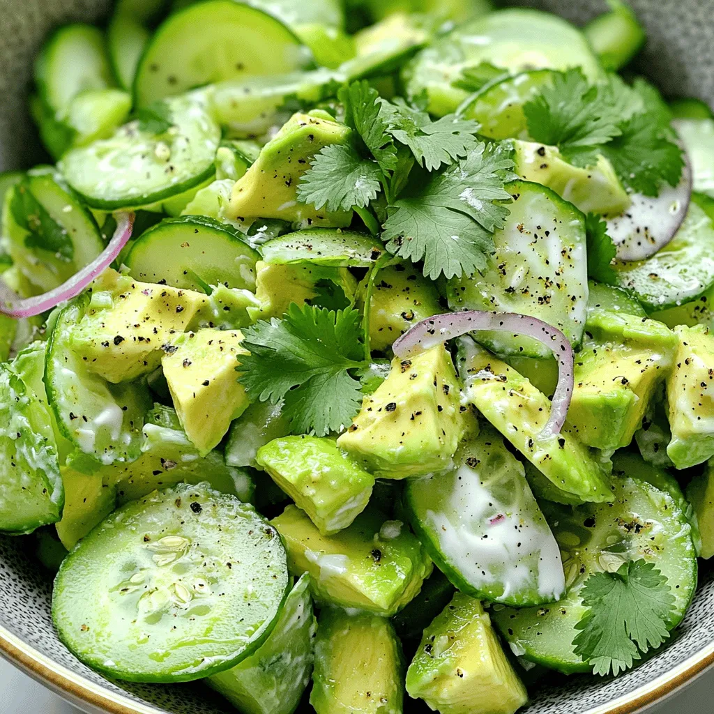 - 2 reife Avocados - 1 große Gurke - 1/4 Tasse rote Zwiebel - 1/2 Tasse griechischer Joghurt - 2 Esslöffel frischer Limettensaft - 1 Esslöffel Olivenöl - Salz und schwarzer Pfeffer nach Geschmack - Optional: 1/4 Teelöffel Cayennepfeffer Um diesen cremigen Avocado-Gurken-Salat zu machen, fangen wir mit den Hauptzutaten an. Die Avocados sind das Herzstück. Wählen Sie reife Avocados, die sanft drücken, wenn Sie sie anpacken. Dann nehmen Sie eine große Gurke. Diese sollte frisch und knackig sein. Außerdem benötigen wir etwas rote Zwiebel. Sie bringt einen schönen Geschmack und eine tolle Farbe. Für die weiteren Zutaten verwenden wir griechischen Joghurt. Er gibt dem Salat eine cremige Textur. Frischer Limettensaft sorgt für einen spritzigen Geschmack. Ein Esslöffel Olivenöl rundet alles ab und macht den Salat noch besser. Die Gewürze sind wichtig. Salz und schwarzer Pfeffer bringen das Aroma hervor. Wenn Sie es schärfer mögen, fügen Sie etwas Cayennepfeffer hinzu. Dies ist optional, aber es kann einen tollen Kick geben. Für das vollständige Rezept schauen Sie einfach in den Abschnitt "Vollständiges Rezept". Hier finden Sie alle Schritte und Details, um diesen köstlichen Salat zuzubereiten. - Zuerst schneide die Avocados in kleine Stücke. Die Avocados sollten reif sein. Dadurch wird der Salat cremig. - Dann nimm die Gurke. Schäle sie und schneide sie in dünne Scheiben. Die Gurke gibt Frische. - Jetzt ist es Zeit für die Zwiebel. Hacke die rote Zwiebel fein. Sie bringt eine schöne Zwiebelnote in den Salat. - In einer kleinen Schüssel mische den griechischen Joghurt mit Limettensaft und Olivenöl. Das macht das Dressing cremig. - Füge den gehackten Knoblauch hinzu. Jetzt kommt der Geschmack! - Nimm etwas Salz und Pfeffer und gib sie zum Dressing. Rühre alles gut um. Optional kannst du auch Cayennepfeffer für etwas Schärfe hinzufügen. - Gieße das Dressing über die vorbereitete Avocado-Gurken-Mischung. - Vermenge alles vorsichtig. Achte darauf, dass die Zutaten gut mit dem Dressing bedeckt sind. - Probiere den Salat und passe die Gewürze nach deinem Geschmack an. - Zum Schluss rühre den gehackten Koriander unter den Salat. Lass den Salat für 15 Minuten im Kühlschrank ruhen. So können die Aromen gut durchziehen. Für das vollständige Rezept, schaue hier: [Full Recipe]. Um den besten Geschmack zu erzielen, musst du die richtige Avocado auswählen. Reife Avocados fühlen sich leicht weich an, wenn du sanft drückst. Achte darauf, dass die Haut glatt ist und eine schöne, tiefgrüne Farbe hat. Wenn die Avocado zu hart ist, lasse sie bei Raumtemperatur reifen. Lagere reife Avocados im Kühlschrank, um die Frische zu bewahren. Du kannst deinen Salat anpassen, indem du weitere Gemüse oder Früchte hinzufügst. Paprika, Kirschtomaten oder sogar Mango passen gut. Für eine proteinreiche Option kannst du gekochte Kichererbsen oder Hähnchenbrust hinzufügen. Wenn du eine Diät einhalten musst, nutze fettfreien Joghurt oder lasse den Joghurt ganz weg. Der Salat bleibt trotzdem frisch und lecker. Für die Präsentation gibt es viele Möglichkeiten. Serviere den Salat in einer schönen Schüssel oder auf einem großen Teller. Du kannst den Salat auch in kleinen Gläsern anrichten, um ihn noch besonderer zu machen. Um das Ganze aufzuwerten, garniere den Salat mit zusätzlichen Korianderblättern oder einer Scheibe Limette. Ein Hauch schwarzer Pfeffer sorgt für mehr Geschmack und Farbe. Für das vollständige Rezept, klicke hier: [Full Recipe]. {{image_4}} Der cremige Avocado-Gurken-Salat hält sich im Kühlschrank für etwa zwei Tage. Die beste Aufbewahrungsmethode ist, den Salat in einem luftdichten Behälter zu lagern. So bleibt er frisch und die Aromen bleiben erhalten. Kann der Salat eingefroren werden? Das Einfrieren von diesem Salat ist nicht ideal. Die Textur der Avocado und Gurke wird nach dem Auftauen weich. Dennoch, wenn du es trotzdem versuchen möchtest, hier sind einige Tipps zur optimalen Lagerung. - Fülle den Salat in einen gefrierfesten Behälter. - Lasse etwas Platz, damit er sich ausdehnen kann. - Achte darauf, die Luft so gut wie möglich zu entfernen. Denke daran, dass die Frische des Salats nach dem Auftauen beeinträchtigt sein kann. Für beste Ergebnisse empfehle ich, den Salat frisch zu genießen. Du findest das vollständige Rezept [hier](#). Um den Salat cremiger zu machen, benutze mehr griechischen Joghurt. Er ist dick und frisch. Eine andere Wahl ist saure Sahne. Du kannst auch Frischkäse verwenden, um einen reichen Geschmack zu erzielen. Diese Zutaten machen den Salat noch cremiger und leckerer. Ja, du kannst den Salat im Voraus machen. Bereite die Zutaten vor, aber mische sie nicht sofort. So bleiben die Gurken knackig. Lagere den Salat in einem luftdichten Behälter im Kühlschrank. Er bleibt frisch für ein bis zwei Tage. Mische ihn kurz vor dem Servieren. Dieser Salat passt gut zu vielen Gerichten. Serviere ihn als Beilage zu grilled chicken oder fish. Er ist auch lecker mit Quinoa oder Reis. Du kannst ihn auch zu einem BBQ oder Picknick mitbringen. Probiere ihn als frische Beilage zu Sandwiches oder Wraps. Detaillierte Zutatenliste: - 2 reife Avocados, gewürfelt - 1 große Gurke, geschält und dünn aufgeschnitten - 1/4 Tasse rote Zwiebel, fein gehackt - 1/2 Tasse griechischer Joghurt - 2 Esslöffel frischer Limettensaft - 1 Esslöffel Olivenöl - 1 Zehe Knoblauch, fein gehackt - Salz und schwarzer Pfeffer nach Geschmack - 1/4 Tasse frischer Koriander, gehackt - Optional: 1/4 Teelöffel Cayennepfeffer für zusätzliche Schärfe Schritt-für-Schritt-Zubereitung: 1. Zuerst die Avocados und Gurken in eine große Schüssel geben. 2. Dann die rote Zwiebel hinzufügen und alles gut vermengen. 3. In einer kleinen Schüssel griechischen Joghurt, Limettensaft, Olivenöl und Knoblauch verrühren. 4. Mit Salz und Pfeffer abschmecken. 5. Wenn du es schärfer magst, füge den Cayennepfeffer hinzu. 6. Gieße die Joghurtmischung über die Avocado-Gurken-Mischung. 7. Rühre alles vorsichtig um, bis alles gut vermischt ist. 8. Probiere den Salat und passe die Gewürze nach deinem Geschmack an. 9. Mische den frischen Koriander unter den Salat. 10. Lasse den Salat für 15 Minuten im Kühlschrank ziehen. Dieser cremige Avocado-Gurken-Salat hat pro Portion etwa 180 Kalorien. Du bekommst auch gesunde Fette aus der Avocado und dem Olivenöl. Der Joghurt bringt zusätzlich Eiweiß in dein Gericht. Das Rezept ergibt 4 Portionen. So kannst du den Salat mit Familie oder Freunden teilen. Es ist perfekt für einen Snack oder als Beilage zu deinem Hauptgericht. Der cremige Avocado-Gurken-Salat ist einfach zuzubereiten. Er nutzt frische Zutaten wie reife Avocados, Gurken und Joghurt. Du hast gelernt, wie man den Salat anrichtet und lagert. Tipps zur Auswahl der besten Avocados helfen dir, das Beste herauszuholen. Ich empfehle, den Salat frisch zuzubereiten, um den vollen Geschmack zu genießen. Variiere die Zutaten nach deinem Geschmack. So bleibt er spannend und lecker! Viel Spaß beim Ausprobieren!