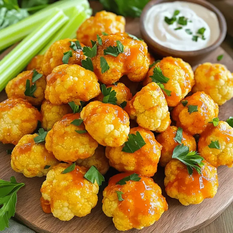 Die Hauptzutaten für Buffalo Blumenkohl-Häppchen sind einfach und leicht zu finden. Hier ist eine Liste: - 1 mittelgroßer Kopf Blumenkohl, in Röschen geteilt - 1 Tasse Weizenmehl (oder glutenfreies Mehl) - 1 Tasse Mandelmilch (oder jede pflanzliche Milch) - 1 Teelöffel Knoblauchpulver - 1 Teelöffel Zwiebelpulver - 1 Teelöffel Paprika - 1/2 Teelöffel Salz - 1/2 Teelöffel Pfeffer - 1 Tasse Buffalo-Sauce (fertig gekauft oder selbstgemacht) - 2 Esslöffel Olivenöl - Frische Petersilie, gehackt (zum Garnieren) Diese Zutaten machen die Häppchen knusprig und voller Geschmack. Der Blumenkohl ist die perfekte Basis. Er wird weich, aber bleibt bissfest. Wenn du Weizenmehl vermeiden möchtest, gibt es viele gute Alternativen. Hier sind einige Optionen: - Mandelmehl - Kichererbsenmehl - Reismehl - Hafermehl Diese Mehle bringen unterschiedliche Geschmäcker und Texturen. Mandelmehl macht die Häppchen nussig, während Kichererbsenmehl einen herzhaften Geschmack hinzufügt. Probiere, was dir am besten gefällt. Die Buffalo-Sauce ist der Star dieser Häppchen. Du kannst fertige Sauce kaufen oder sie selbst machen. Wenn du sie selbst machst, brauchst du: - 1/2 Tasse scharfe Sauce - 1/4 Tasse Butter - 1 Teelöffel Knoblauchpulver Fertige Sauce ist schnell und einfach, aber selbstgemachte Sauce gibt mehr Kontrolle über den Geschmack. Achte darauf, eine Sauce zu wählen, die dir gefällt. Sie sollte scharf, aber auch aromatisch sein. Um den Teig für die Buffalo Blumenkohl-Häppchen zu machen, benötigst du eine große Rührschüssel. Beginne mit dem Mehl. Füge dann das Knoblauchpulver, Zwiebelpulver, Paprika, Salz und Pfeffer hinzu. Diese Gewürze geben dem Teig Geschmack. Mische alles gut. Jetzt kommt die Mandelmilch dazu. Gieße sie langsam in die Schüssel. Rühre, bis der Teig glatt ist. Er sollte dick, aber flüssig sein. So bleibt der Blumenkohl gut umhüllt. Heize den Ofen auf 230°C (450°F) vor. Lege ein Backblech mit Backpapier aus. Nimm die Blumenkohl-Röschen und tauche sie in den Teig. Achte darauf, dass jedes Röschen gut bedeckt ist. Lege die panierten Röschen auf das Backblech. Backe sie 20-25 Minuten. Wende sie nach der Hälfte der Zeit. So werden sie gleichmäßig knusprig und goldbraun. Nimm die Blumenkohl-Röschen nach dem Backen aus dem Ofen. Sie sollten jetzt toll riechen! In einer separaten Schüssel gib die Buffalo-Sauce. Füge die gebackenen Röschen hinzu und wende sie gut. Jedes Stück soll mit Sauce bedeckt sein. Lege die saucenbedeckten Röschen zurück auf das Blech. Backe sie weitere 10 Minuten. Das hilft der Sauce, zu karamellisieren. Nimm das Blech heraus und träufle etwas Olivenöl darüber. So wird der Geschmack noch besser. Garniere die Häppchen mit frischer Petersilie. Jetzt sind sie bereit zum Genießen! Für die vollständige Anleitung schau dir das Full Recipe an. Um die Blumenkohl-Häppchen knusprig zu machen, ist der Teig wichtig. Verwende kalte Mandelmilch. Das hält den Teig leicht und luftig. Tauche die Röschen gut ein, aber nicht zu dick. So werden sie gleichmäßig knusprig. Backe sie bei hoher Temperatur, etwa 230°C. Dadurch karamellisiert die Außenseite. Wende die Häppchen während des Backens. So bräunen sie auf allen Seiten. Du kannst die Zutaten leicht austauschen. Statt Weizenmehl nutze Mandeln oder Kichererbsenmehl. Diese sind nährstoffreicher und glutenfrei. Für die Buffalo-Sauce wähle eine milde Variante, wenn du es schärfer magst. Frische Kräuter bringen zusätzlichen Geschmack und Nährstoffe. Petersilie ist einfach und gesund. Es gibt viele Pflanzenmilchsorten. Wähle, was dir am besten schmeckt. Eine schöne Präsentation macht das Essen noch besser. Stelle die Blumenkohl-Häppchen auf eine große Platte. Füge frische Selleriestangen hinzu. Das bringt Farbe und Knackigkeit. Serviere einen Dip dazu, wie Ranch- oder Blauschimmelkäse-Sauce. So haben die Gäste eine Auswahl. Du kannst die Häppchen auch mit frischer Petersilie garnieren. Das sieht toll aus und schmeckt gut. Für mehr Ideen schau dir die Vollständige Rezeptanleitung an. {{image_4}} Buffalo-Sauce ist der Schlüssel zu geschmackvollen Blumenkohl-Häppchen. Du kannst sie nach deinem Geschmack anpassen. Für einen scharfen Kick wähle eine scharfe Sauce wie Franks RedHot. Wenn du es milder magst, entscheide dich für eine Mischung aus milder Sauce und Butter. Oder mische beide für einen tollen Mittelweg. Experimentiere mit verschiedenen Schärfestufen, um deine perfekte Sauce zu finden. Um deine Buffalo Blumenkohl-Häppchen noch interessanter zu machen, füge zusätzliche Zutaten hinzu. Zum Beispiel, probiere Käse wie Parmesan oder Cheddar für mehr Geschmack. Du kannst auch etwas Zitronensaft oder Honig für eine süßere Note verwenden. Frische Kräuter wie Thymian oder Oregano geben einen tollen Geschmack. Sei kreativ und finde die Kombination, die dir am besten gefällt! Wenn du eine vegane Option suchst, ist das einfach! Ersetze die Butter in der Buffalo-Sauce durch vegane Margarine. Für den Teig kannst du Weizenmehl durch Kichererbsenmehl ersetzen. Auch die Mandelmilch ist eine großartige pflanzliche Milch. Diese Anpassungen sorgen dafür, dass deine Buffalo Blumenkohl-Häppchen lecker und vegan bleiben. Du kannst die vollständige Anleitung in der [Full Recipe] finden. Um die Buffalo Blumenkohl-Häppchen frisch zu halten, lass sie zuerst abkühlen. Lege sie dann in einen luftdichten Behälter. Achte darauf, dass die Häppchen nicht übereinander liegen. So bleiben sie knusprig. Verwende einen Behälter, der nicht zu groß ist. Das hilft, die Feuchtigkeit fernzuhalten. Wenn du die Häppchen aufwärmen möchtest, nutze den Ofen. Heize den Ofen auf 180°C vor. Lege die Häppchen auf ein Backblech. Erwärme sie für etwa 10 bis 15 Minuten. So werden sie wieder knusprig. Vermeide die Mikrowelle, da sie die Häppchen weich macht. Im Kühlschrank halten die Buffalo Blumenkohl-Häppchen etwa 3 bis 5 Tage. Wenn du sie länger aufbewahren möchtest, friere sie ein. In einem luftdichten Behälter bleiben sie bis zu 3 Monate frisch. Achte darauf, sie gut zu verpacken. So vermeidest du Gefrierbrand und behältst den Geschmack. Du kannst sie direkt aus dem Gefrierer aufwärmen. Um die Blumenkohl-Häppchen schärfer zu machen, füge einfach mehr scharfe Sauce hinzu. Du kannst auch Chilipulver oder Cayennepfeffer in den Teig geben. Wenn du es wirklich heiß magst, wähle eine sehr scharfe Buffalo-Sauce. Probiere, die Röschen vor dem Backen mit frischen Chilis zu bestreuen. Das gibt einen tollen Kick! Ja, Buffalo Blumenkohl-Häppchen können glutenfrei sein. Verwende einfach glutenfreies Mehl anstelle von Weizenmehl. Viele Marken bieten glutenfreies Mehl an, das gut funktioniert. Achte darauf, auch bei der Buffalo-Sauce auf glutenfreie Optionen zu achten. So kannst du diese leckeren Häppchen ohne Bedenken genießen! Zu den Buffalo Blumenkohl-Häppchen passen viele Dips gut. Ranch-Dressing ist sehr beliebt. Du kannst auch Blauschimmelkäse-Dip verwenden, wenn du etwas Kräftigeres magst. Für eine gesunde Option probiere einen Joghurt-Dip mit frischen Kräutern. Das wird eine leckere Ergänzung zu deinem Snack! Buffalo Blumenkohl-Häppchen sind einfach zuzubereiten und lecker. Wir haben die Hauptzutaten, die Zubereitung und tolle Tipps besprochen. Du kannst die Häppchen nach deinem Geschmack anpassen. Ob für einen Snack oder eine Party, sie sind immer ein Hit. Lagere die Reste richtig, um länger Freude daran zu haben. Denke daran: Experimentiere mit Saucen und Dips! So machst du jedes Mal etwas Neues. Viel Spaß beim Ausprobieren und Genießen!