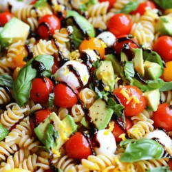 Für den perfekten Caprese Pasta Salad brauchen wir einige Hauptzutaten: - 225 g Fusilli oder Rotini Pasta - 250 g Kirschtomaten, halbiert - 250 g frische Mozzarellakugeln (Bocconcini), halbiert - 1 Tasse frische Basilikumblätter, grob zerrissen Diese Zutaten geben dem Salat eine schöne Balance aus Geschmack und Textur. Die Pasta sorgt für die Basis, während die Kirschtomaten und Mozzarella für Frische und Cremigkeit sorgen. Basilikum bringt das italienische Flair mit seinem herrlichen Aroma. Um den Salat interessanter zu machen, kannst du einige zusätzliche Zutaten hinzufügen: - 1 reife Avocado, gewürfelt - 3 Esslöffel Balsamico-Glasur - 2 Esslöffel natives Olivenöl extra - Salz und Pfeffer nach Geschmack - 1 Teelöffel Knoblauchpulver - Abrieb von 1 Zitrone Die Avocado fügt eine cremige Note hinzu. Die Balsamico-Glasur bringt Süße und Tiefe. Das Olivenöl macht alles geschmeidig. Knoblauchpulver und Zitronenabrieb geben zusätzlichen Geschmack. Die Hauptzutaten sind nicht nur lecker, sondern auch gesund. Hier sind einige Nährstoffe, die du in deinem Salat findest: - Pasta: Energielieferant, reich an Kohlenhydraten. - Kirschtomaten: Voller Vitamine wie C und K. - Mozzarella: Bietet Calcium und Protein. - Basilikum: Enthält Antioxidantien und Vitamine. Zusätzlich bringen die Avocado und das Olivenöl gesunde Fette mit. Diese Nährstoffe machen den Caprese Pasta Salad zu einer nahrhaften Wahl. Probiere es aus! Du findest das gesamte Rezept in der [Full Recipe]. Kochen Sie die Pasta gemäß der Packungsanweisung. Achten Sie darauf, dass sie al dente ist. Nach dem Kochen lassen Sie die Pasta abtropfen. Spülen Sie die Pasta unter kaltem Wasser ab. So stoppen Sie den Garvorgang und kühlen die Pasta schnell ab. Nehmen Sie eine große Schüssel. Kombinieren Sie die abgekühlte Pasta, halbierte Kirschtomaten und Mozzarellakugeln. Fügen Sie die grob zerrissenen Basilikumblätter hinzu. Seien Sie vorsichtig, wenn Sie die gewürfelte Avocado hinzufügen. Sie sollte ganz bleiben und nicht zerdrückt werden. In einer kleinen Schüssel vermengen Sie die Balsamico-Glasur, Olivenöl, Knoblauchpulver und Zitronenabrieb. Fügen Sie Salz und Pfeffer nach Geschmack hinzu. Rühren Sie die Mischung gut um, bis alles gut kombiniert ist. Gießen Sie das Dressing gleichmäßig über den Salat. Mischen Sie alles vorsichtig, damit die Zutaten gleichmäßig bedeckt sind. Lassen Sie den Salat für mindestens 30 Minuten im Kühlschrank ziehen. So vermischen sich die Aromen gut. Für eine detaillierte Anleitung können Sie das [Full Recipe] betrachten. Um die perfekte Konsistenz zu erreichen, koche die Pasta nur bis sie al dente ist. Das bedeutet, sie sollte weich, aber noch einen kleinen Biss haben. Nach dem Kochen spüle die Pasta unter kaltem Wasser ab. So stoppst du den Garprozess und verhinderst, dass sie matschig wird. Achte darauf, die Pasta nicht zu lange zu kochen. Sie sollte frisch und knackig bleiben. Frische Zutaten machen den Unterschied. Wähle reife Kirschtomaten und frische Mozzarella. Die Basilikumblätter sollten grün und knackig sein. Wenn du die Zutaten schneidest, tue dies vorsichtig, um ihre Frische zu bewahren. Verwende hochwertige Olivenöl und Balsamico-Glasur für den besten Geschmack. Du kannst auch die Avocado kurz vor dem Servieren hinzufügen, damit sie nicht braun wird. Für vegetarische Optionen kannst du die Mozzarella durch pflanzliche Alternativen ersetzen. Wenn du glutenfrei kochen möchtest, wähle glutenfreie Pasta. Um den Salat leichter zu machen, kannst du die Avocado weglassen oder die Menge reduzieren. Für eine proteinreiche Variante füge gegrilltes Hähnchen oder Kichererbsen hinzu. Das Rezept ist flexibel und lässt sich leicht anpassen. Gerne kannst du das [Full Recipe] zurate ziehen, um alle Details zu erfahren. {{image_4}} Der Caprese Pasta Salad ist von Natur aus vegetarisch. Um ihn vegan zu machen, ersetzen Sie die Mozzarella-Kugeln durch pflanzliche Alternativen. Es gibt viele leckere Optionen aus Cashew oder Kokosnuss. Diese bieten einen ähnlichen Geschmack und eine ähnliche Textur. Auch die Balsamico-Glasur ist oft vegan. Achten Sie auf die Zutaten, um sicherzugehen. Um mediterrane Aromen in den Salat zu bringen, fügen Sie Oliven oder getrocknete Tomaten hinzu. Diese Zutaten bringen mehr Tiefe und Geschmack. Sie können auch Artischockenherzen oder Kapern verwenden. Diese Zutaten passen perfekt zu den frischen Tomaten und dem Basilikum. Ein wenig Feta-Käse gibt dem Salat eine salzige Note und macht ihn noch schmackhafter. Nutzen Sie saisonale Zutaten für mehr Frische. Im Sommer sind reife Pfirsiche oder Melonen großartig. Im Herbst können Sie geröstete Kürbisstücke hinzufügen. Diese Zutaten machen den Salat bunt und interessant. Achten Sie darauf, die Aromen gut zu kombinieren. So bleibt der Salat leicht und frisch. Für das vollständige Rezept schauen Sie sich die Anleitung an. Der beste Ort für Ihren Caprese Pasta Salad ist der Kühlschrank. Lagern Sie ihn in einem luftdichten Behälter. So bleibt der Salat frisch und die Aromen gut erhalten. Im Kühlschrank hält sich der Salat etwa 3 bis 4 Tage. Nach dieser Zeit verliert er seinen Geschmack und die Zutaten können matschig werden. Überprüfen Sie immer das Aussehen und den Geruch, bevor Sie ihn essen. Wenn Sie den Salat wieder aufbereiten wollen, fügen Sie etwas frisches Dressing hinzu. Das bringt die Aromen zurück. Falls die Avocado braun geworden ist, entfernen Sie sie und fügen Sie frische Stücke hinzu. So sieht der Salat wieder appetitlich aus. Ja, du kannst die Pasta im Voraus kochen. Koche die Fusilli oder Rotini einfach bis sie al dente sind. Lass sie dann abkühlen und bewahre sie in einem luftdichten Behälter im Kühlschrank auf. So sparst du Zeit, wenn du den Salat zubereiten möchtest. Achte darauf, die Pasta gut abzuspülen, um ein Verkleben zu vermeiden. Um den Salat für eine größere Gruppe anzupassen, verdopple einfach alle Zutaten. Du kannst auch mehr Gemüse wie Paprika oder Gurken hinzufügen. Das bringt mehr Farbe und Geschmack. Bereite das Dressing separat vor und füge es kurz vor dem Servieren hinzu. So bleibt der Salat frisch und knackig. Zu Caprese Pasta Salad passen viele Beilagen gut. Hier sind einige Vorschläge: - Gegrilltes Hähnchen für mehr Protein - Knuspriges Brot oder Focaccia - Ein frischer Blattsalat mit Zitronendressing - Bruschetta mit frischen Tomaten und Basilikum Diese Beilagen ergänzen den Salat perfekt und machen das Essen noch schmackhafter. Der Caprese Pasta Salad ist einfach und lecker. Wir haben die Hauptzutaten, zusätzliche Variationen und Nährstoffe entdeckt. Ich habe dir eine Schritt-für-Schritt-Anleitung gegeben, um die Pasta perfekt zuzubereiten und leckere Dressings zu machen. Tipps zur Konsistenz, frischen Zutaten und diätgerechten Anpassungen helfen dir weiter. Denke daran, die verschiedenen Variationen und Aufbewahrungsmöglichkeiten zu nutzen. So bleibt der Salat frisch und schmackhaft. Dieser Salat passt gut für jedes Essen, egal ob du allein oder mit Freunden isst. Bereite ihn mit Freude vor und genieße jede Biss!