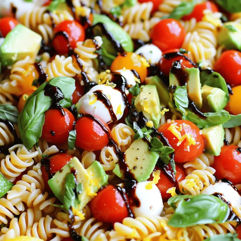 Für den perfekten Caprese Pasta Salad brauchen wir einige Hauptzutaten: - 225 g Fusilli oder Rotini Pasta - 250 g Kirschtomaten, halbiert - 250 g frische Mozzarellakugeln (Bocconcini), halbiert - 1 Tasse frische Basilikumblätter, grob zerrissen Diese Zutaten geben dem Salat eine schöne Balance aus Geschmack und Textur. Die Pasta sorgt für die Basis, während die Kirschtomaten und Mozzarella für Frische und Cremigkeit sorgen. Basilikum bringt das italienische Flair mit seinem herrlichen Aroma. Um den Salat interessanter zu machen, kannst du einige zusätzliche Zutaten hinzufügen: - 1 reife Avocado, gewürfelt - 3 Esslöffel Balsamico-Glasur - 2 Esslöffel natives Olivenöl extra - Salz und Pfeffer nach Geschmack - 1 Teelöffel Knoblauchpulver - Abrieb von 1 Zitrone Die Avocado fügt eine cremige Note hinzu. Die Balsamico-Glasur bringt Süße und Tiefe. Das Olivenöl macht alles geschmeidig. Knoblauchpulver und Zitronenabrieb geben zusätzlichen Geschmack. Die Hauptzutaten sind nicht nur lecker, sondern auch gesund. Hier sind einige Nährstoffe, die du in deinem Salat findest: - Pasta: Energielieferant, reich an Kohlenhydraten. - Kirschtomaten: Voller Vitamine wie C und K. - Mozzarella: Bietet Calcium und Protein. - Basilikum: Enthält Antioxidantien und Vitamine. Zusätzlich bringen die Avocado und das Olivenöl gesunde Fette mit. Diese Nährstoffe machen den Caprese Pasta Salad zu einer nahrhaften Wahl. Probiere es aus! Du findest das gesamte Rezept in der [Full Recipe]. Kochen Sie die Pasta gemäß der Packungsanweisung. Achten Sie darauf, dass sie al dente ist. Nach dem Kochen lassen Sie die Pasta abtropfen. Spülen Sie die Pasta unter kaltem Wasser ab. So stoppen Sie den Garvorgang und kühlen die Pasta schnell ab. Nehmen Sie eine große Schüssel. Kombinieren Sie die abgekühlte Pasta, halbierte Kirschtomaten und Mozzarellakugeln. Fügen Sie die grob zerrissenen Basilikumblätter hinzu. Seien Sie vorsichtig, wenn Sie die gewürfelte Avocado hinzufügen. Sie sollte ganz bleiben und nicht zerdrückt werden. In einer kleinen Schüssel vermengen Sie die Balsamico-Glasur, Olivenöl, Knoblauchpulver und Zitronenabrieb. Fügen Sie Salz und Pfeffer nach Geschmack hinzu. Rühren Sie die Mischung gut um, bis alles gut kombiniert ist. Gießen Sie das Dressing gleichmäßig über den Salat. Mischen Sie alles vorsichtig, damit die Zutaten gleichmäßig bedeckt sind. Lassen Sie den Salat für mindestens 30 Minuten im Kühlschrank ziehen. So vermischen sich die Aromen gut. Für eine detaillierte Anleitung können Sie das [Full Recipe] betrachten. Um die perfekte Konsistenz zu erreichen, koche die Pasta nur bis sie al dente ist. Das bedeutet, sie sollte weich, aber noch einen kleinen Biss haben. Nach dem Kochen spüle die Pasta unter kaltem Wasser ab. So stoppst du den Garprozess und verhinderst, dass sie matschig wird. Achte darauf, die Pasta nicht zu lange zu kochen. Sie sollte frisch und knackig bleiben. Frische Zutaten machen den Unterschied. Wähle reife Kirschtomaten und frische Mozzarella. Die Basilikumblätter sollten grün und knackig sein. Wenn du die Zutaten schneidest, tue dies vorsichtig, um ihre Frische zu bewahren. Verwende hochwertige Olivenöl und Balsamico-Glasur für den besten Geschmack. Du kannst auch die Avocado kurz vor dem Servieren hinzufügen, damit sie nicht braun wird. Für vegetarische Optionen kannst du die Mozzarella durch pflanzliche Alternativen ersetzen. Wenn du glutenfrei kochen möchtest, wähle glutenfreie Pasta. Um den Salat leichter zu machen, kannst du die Avocado weglassen oder die Menge reduzieren. Für eine proteinreiche Variante füge gegrilltes Hähnchen oder Kichererbsen hinzu. Das Rezept ist flexibel und lässt sich leicht anpassen. Gerne kannst du das [Full Recipe] zurate ziehen, um alle Details zu erfahren. {{image_4}} Der Caprese Pasta Salad ist von Natur aus vegetarisch. Um ihn vegan zu machen, ersetzen Sie die Mozzarella-Kugeln durch pflanzliche Alternativen. Es gibt viele leckere Optionen aus Cashew oder Kokosnuss. Diese bieten einen ähnlichen Geschmack und eine ähnliche Textur. Auch die Balsamico-Glasur ist oft vegan. Achten Sie auf die Zutaten, um sicherzugehen. Um mediterrane Aromen in den Salat zu bringen, fügen Sie Oliven oder getrocknete Tomaten hinzu. Diese Zutaten bringen mehr Tiefe und Geschmack. Sie können auch Artischockenherzen oder Kapern verwenden. Diese Zutaten passen perfekt zu den frischen Tomaten und dem Basilikum. Ein wenig Feta-Käse gibt dem Salat eine salzige Note und macht ihn noch schmackhafter. Nutzen Sie saisonale Zutaten für mehr Frische. Im Sommer sind reife Pfirsiche oder Melonen großartig. Im Herbst können Sie geröstete Kürbisstücke hinzufügen. Diese Zutaten machen den Salat bunt und interessant. Achten Sie darauf, die Aromen gut zu kombinieren. So bleibt der Salat leicht und frisch. Für das vollständige Rezept schauen Sie sich die Anleitung an. Der beste Ort für Ihren Caprese Pasta Salad ist der Kühlschrank. Lagern Sie ihn in einem luftdichten Behälter. So bleibt der Salat frisch und die Aromen gut erhalten. Im Kühlschrank hält sich der Salat etwa 3 bis 4 Tage. Nach dieser Zeit verliert er seinen Geschmack und die Zutaten können matschig werden. Überprüfen Sie immer das Aussehen und den Geruch, bevor Sie ihn essen. Wenn Sie den Salat wieder aufbereiten wollen, fügen Sie etwas frisches Dressing hinzu. Das bringt die Aromen zurück. Falls die Avocado braun geworden ist, entfernen Sie sie und fügen Sie frische Stücke hinzu. So sieht der Salat wieder appetitlich aus. Ja, du kannst die Pasta im Voraus kochen. Koche die Fusilli oder Rotini einfach bis sie al dente sind. Lass sie dann abkühlen und bewahre sie in einem luftdichten Behälter im Kühlschrank auf. So sparst du Zeit, wenn du den Salat zubereiten möchtest. Achte darauf, die Pasta gut abzuspülen, um ein Verkleben zu vermeiden. Um den Salat für eine größere Gruppe anzupassen, verdopple einfach alle Zutaten. Du kannst auch mehr Gemüse wie Paprika oder Gurken hinzufügen. Das bringt mehr Farbe und Geschmack. Bereite das Dressing separat vor und füge es kurz vor dem Servieren hinzu. So bleibt der Salat frisch und knackig. Zu Caprese Pasta Salad passen viele Beilagen gut. Hier sind einige Vorschläge: - Gegrilltes Hähnchen für mehr Protein - Knuspriges Brot oder Focaccia - Ein frischer Blattsalat mit Zitronendressing - Bruschetta mit frischen Tomaten und Basilikum Diese Beilagen ergänzen den Salat perfekt und machen das Essen noch schmackhafter. Der Caprese Pasta Salad ist einfach und lecker. Wir haben die Hauptzutaten, zusätzliche Variationen und Nährstoffe entdeckt. Ich habe dir eine Schritt-für-Schritt-Anleitung gegeben, um die Pasta perfekt zuzubereiten und leckere Dressings zu machen. Tipps zur Konsistenz, frischen Zutaten und diätgerechten Anpassungen helfen dir weiter. Denke daran, die verschiedenen Variationen und Aufbewahrungsmöglichkeiten zu nutzen. So bleibt der Salat frisch und schmackhaft. Dieser Salat passt gut für jedes Essen, egal ob du allein oder mit Freunden isst. Bereite ihn mit Freude vor und genieße jede Biss!