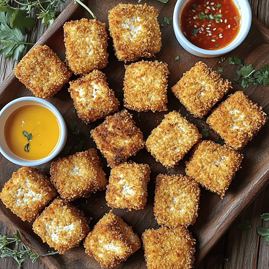 Um diese leckeren Tofu-Nuggets zu machen, brauchst du einige Hauptzutaten. Die wichtigsten sind: - 1 Block (400 g) fester Tofu, gut abgetropft und gepresst - 250 g Panko-Brösel - 125 g Weizenmehl - 125 ml pflanzliche Milch (z. B. Mandel- oder Sojamilch) Tofu ist der Star dieser Rezeptur. Er hat eine tolle Textur und nimmt viele Aromen auf. Panko-Brösel sorgen für den perfekten Crunch. Weizenmehl hilft dabei, die Gewürze am Tofu zu halten, während die pflanzliche Milch die Panade feucht macht. Die Gewürze machen die Nuggets besonders schmackhaft. Hier sind die Zutaten, die du benötigst: - 1 Esslöffel Knoblauchpulver - 1 Esslöffel Zwiebelpulver - 1 Esslöffel Nährhefe - 1 Teelöffel geräucherter Paprika - 1 Teelöffel Salz - ½ Teelöffel schwarzer Pfeffer Knoblauch- und Zwiebelpulver geben ein tolles Aroma. Geräucherter Paprika verleiht den Nuggets einen rauchigen Geschmack. Nährhefe fügt einen herzhaften, käsigen Geschmack hinzu, der perfekt zu Tofu passt. Für die Zubereitung der Nuggets brauchst du etwas Öl oder Kochspray. Verwende: - Olivenöl oder Kochspray Das Öl sorgt dafür, dass die Nuggets schön knusprig werden. Wenn du Kochspray verwendest, ist es einfacher, die Nuggets gleichmäßig zu benetzen. So wird jeder Biss perfekt knusprig und lecker. Vergiss nicht, das gesamte Rezept zu prüfen, um den besten Genuss zu erleben! Um die besten Tofu-Nuggets zu machen, beginne mit dem Tofu. Nimm einen Block festen Tofu von etwa 400 g. Drücke den Tofu zwischen zwei Tellern, um die Feuchtigkeit zu entfernen. Das dauert etwa 15 bis 20 Minuten. Dies hilft, den Tofu knusprig zu machen. Schneide den gepressten Tofu in gleichmäßige Würfel oder Nuggets. Diese sollten etwa 3 cm groß sein. Gleichmäßige Stücke sorgen für ein gleichmäßiges Garen. Jetzt bereiten wir die Panade vor. In einer flachen Schüssel mische 125 g Weizenmehl, 1 Esslöffel Knoblauchpulver, 1 Esslöffel Zwiebelpulver, 1 Teelöffel geräucherten Paprika, 1 Esslöffel Nährhefe, 1 Teelöffel Salz und ½ Teelöffel schwarzen Pfeffer. Diese Mischung gibt den Nuggets tollen Geschmack. In einer anderen Schüssel gieße 125 ml pflanzliche Milch, wie Mandel- oder Sojamilch. In einer dritten Schüssel vermenge 250 g Panko-Brösel mit der Nährhefe. Dies sorgt für extra Knusprigkeit. Heize deine Luftfritteuse auf 200 °C vor. Lege die Nuggets in einer einzigen Schicht in den Korb der Luftfritteuse. Achte darauf, dass sie nicht überfüllt sind. Wälze jeden Tofu-Nugget zuerst in der Mehlmischung, dann in der pflanzlichen Milch und schließlich in der Panko-Mischung. Sprühe die Nuggets leicht mit Kochspray ein oder träufle etwas Olivenöl darüber. Frittiere die Nuggets für 12 bis 15 Minuten. Wende sie zur Halbzeit, damit sie gleichmäßig bräunen. Die Nuggets sind fertig, wenn sie goldbraun und knusprig sind. Lass sie kurz abkühlen, bevor du sie servierst. Für die genauen Mengen und eine detaillierte Anleitung, schau dir das [Full Recipe] an. Um perfekte Tofu-Nuggets zu machen, ist die Konsistenz wichtig. Beginne mit festem Tofu. Drücke ihn gut, um Wasser zu entfernen. Das macht die Nuggets knuspriger. Schneide den Tofu in gleichmäßige Stücke. So garen sie gleichmäßig. Für die Panade mische Mehl, Gewürze und Nährhefe gut. Wälze die Nuggets zuerst im Mehl. Das hilft der Milch, besser zu haften. Tauche dann in die pflanzliche Milch und schließlich in die Panko-Brösel. So bekommst du eine tolle Knusprigkeit. Die Luftfritteuse sollte auf 200 °C vorgeheizt werden. Die Nuggets brauchen etwa 12-15 Minuten. Achte darauf, sie zur Hälfte zu wenden. So bräunen sie gleichmäßig. Wenn du keine Luftfritteuse hast, kannst du den Ofen nutzen. Stelle ihn auf 220 °C und backe die Nuggets 20-25 Minuten. Sprühe sie leicht mit Öl, um sie knusprig zu machen. Vorbereitung ist der Schlüssel. Du kannst den Tofu am Vortag pressen und schneiden. Bewahre ihn in einem luftdichten Behälter auf. Auch die Panade kannst du vorbereiten. Mische die trockenen Zutaten und lagere sie in einem Beutel. Wenn du bereit bist zu kochen, brauchst du nur die Flüssigkeit hinzuzufügen. So sparst du Zeit und kannst schneller genießen! {{image_4}} Um deine Tofu-Nuggets noch besser zu machen, kannst du mit Gewürzen spielen. Füge einfach etwas Kurkuma für Farbe hinzu. Oder probiere eine Mischung aus italienischen Kräutern wie Oregano und Basilikum. Magst du es scharf? Dann verwende etwas Cayennepfeffer oder Chili-Pulver. Diese kleinen Änderungen bringen neue Geschmäcker in dein Gericht. Du wirst überrascht sein, wie viel Unterschied sie machen können. Die richtigen Dips machen die Tofu-Nuggets noch leckerer. Süßer Chili-Dip ist eine gute Wahl. Er gibt einen tollen Kontrast zum salzigen Nugget. Du kannst auch ein einfaches veganes Ranch-Dressing zubereiten. Mische dazu pflanzliche Joghurtbasis mit Knoblauchpulver, Zwiebelpulver und frischen Kräutern. Eine frische Salsa ist auch eine gute Idee. Sie bringt Farbe und Frische auf deinen Teller. Überlege, bunte Gemüsesticks dazu zu servieren. Diese Kombination macht das Essen noch unterhaltsamer. Wenn du glutenfrei essen musst, gibt es einfache Lösungen. Ersetze das Weizenmehl durch Reismehl oder Mandelmehl. Diese Mehle funktionieren gut und machen die Nuggets knusprig. Achte darauf, dass deine Panko-Brösel glutenfrei sind. Es gibt viele Marken, die diese Option anbieten. Mit diesen Anpassungen kannst du die Nuggets ohne Sorge genießen. So bleibt der Geschmack gleich gut und du kannst sie sicher essen. Um die knusprigen Tofu-Nuggets frisch zu halten, lagere sie im Kühlschrank oder Gefrierfach. Lass die Nuggets nach dem Frittieren zuerst abkühlen. Danach kannst du sie in einem luftdichten Behälter aufbewahren. Im Kühlschrank bleiben sie für 3 bis 5 Tage gut. Wenn du sie länger aufbewahren möchtest, friere sie ein. Achte darauf, die Nuggets in einer Schicht zu lagern, damit sie nicht zusammenkleben. Das Aufwärmen der Nuggets ist einfach. Du kannst sie in der Luftfritteuse oder im Ofen aufwärmen. Stelle die Luftfritteuse auf 180 °C ein und erhitze die Nuggets 5 bis 7 Minuten. So werden sie wieder knusprig. Im Ofen kannst du sie bei 200 °C für etwa 10 Minuten aufbacken. Vermeide die Mikrowelle, da die Nuggets dadurch weich werden. Die Haltbarkeit dieser Nuggets ist wichtig, wenn du sie im Voraus machst. Im Kühlschrank sind sie 3 bis 5 Tage haltbar. Im Gefrierfach bleiben sie bis zu 3 Monate frisch. Wenn du die Nuggets nach dem Einfrieren aufwärmst, achte darauf, sie gut durchzuerhitzen, um den besten Geschmack zu genießen. Die Zubereitung von Tofu-Nuggets dauert etwa 20 Minuten. Das Frittieren in der Luftfritteuse nimmt weitere 12 bis 15 Minuten in Anspruch. Insgesamt benötigst du also etwa 40 Minuten, um die Nuggets fertig zu haben. Diese Zeit ist perfekt, um einen leckeren Snack oder ein schnelles Abendessen zu zaubern. Es gibt einige Gründe, warum die Nuggets eventuell nicht knusprig werden. Hier sind einige häufige Probleme und Lösungen: - Zu viel Feuchtigkeit: Stelle sicher, dass der Tofu gut gepresst ist. Überschüssige Feuchtigkeit macht die Panade matschig. - Panade nicht richtig: Achte darauf, die Nuggets gut in Mehl, Milch und Panko zu wälzen. Jede Schicht sollte gleichmäßig verteilt sein. - Überfüllte Luftfritteuse: Lege die Nuggets in einer einzigen Schicht. Wenn sie übereinander liegen, bekommen sie nicht genug Luft und werden nicht knusprig. - Falsche Temperatur: Stelle sicher, dass die Luftfritteuse auf 200 °C (400 °F) vorgeheizt ist. Eine zu niedrige Temperatur führt zu einem weichen Ergebnis. Ja, du kannst verschiedene Proteine verwenden, um ähnliche Nuggets herzustellen. Hier sind einige Alternativen: - Tempeh: Tempeh hat eine festere Textur und nimmt Gewürze gut auf. - Seitan: Seitan ist eine tolle Wahl für eine fleischähnliche Konsistenz. - Pflanzliche Fleischalternativen: Es gibt viele Produkte auf dem Markt, die sich gut für die Panade eignen und lecker schmecken. Jede dieser Optionen kann leicht nach dem Rezept für die Tofu-Nuggets zubereitet werden. Experimentiere mit verschiedenen Geschmäckern und Texturen! Zusammenfassend haben wir die Zutaten und die Zubereitung von Tofu-Nuggets besprochen. Du hast gelernt, wie man Tofu vorbereitet und die perfekte Panade herstellt. Ich habe Tipps gegeben, um die Nuggets knusprig zu machen und mögliche Variationen vorgestellt. Denke daran, dass Lagerung und Aufwärmen wichtig sind, um den Geschmack zu bewahren. Probiere verschiedene Gewürze und Dips aus. Tofu-Nuggets sind vielseitig und lecker. Sie bieten gesunde Alternativen und Spaß beim Kochen. Viel Spaß beim Ausprobieren!