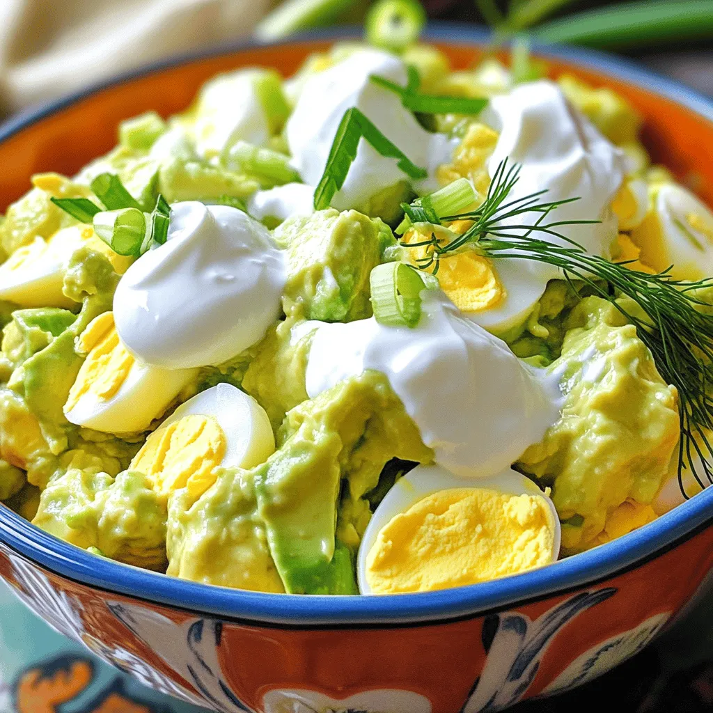 - 4 hartgekochte Eier - 1 reife Avocado - 2 Esslöffel griechischer Joghurt oder Mayonnaise Die Hauptzutaten bilden die Basis für unseren Avocado-Ei-Salat. Die Eier liefern Eiweiß und machen den Salat sättigend. Die Avocado bringt gesunde Fette und eine cremige Konsistenz. Joghurt oder Mayonnaise fügt Geschmack und Feuchtigkeit hinzu. - 1 Esslöffel Dijon-Senf - 1 Esslöffel frischer Zitronensaft - Salz und Pfeffer nach Geschmack - Optional: frischer Dill oder Petersilie Die Gewürze und Kräuter geben dem Salat seine besondere Note. Dijon-Senf sorgt für einen pikanten Geschmack. Zitronensaft bringt Frische und hilft, die Avocado vor dem Braunwerden zu schützen. Frische Kräuter fügen Aromen und Farbe hinzu. - Anzahl der Portionen: 2-4 - Kalorien pro Portion: ca. 250 - Nährstoffinformation: Eiweiß, gesunde Fette, Vitamine Dieser Salat ist nährstoffreich und eignet sich hervorragend als Mahlzeit oder Snack. Die Portionen sind ideal für einen kleinen Lunch oder als Beilage. Die Kombination aus Eiern und Avocado liefert viele wichtige Nährstoffe. Wenn Sie mehr erfahren möchten, schauen Sie sich das [Full Recipe] an. Um einen köstlichen Avocado-Ei-Salat zu machen, beginne mit den Eiern. Koche vier Eier für etwa zehn Minuten. Nach dem Kochen, lege sie in kaltes Wasser. Das hilft, das Schälen einfacher zu machen. Wenn sie abgekühlt sind, schäle die Eier und hacke sie grob. Jetzt ist es Zeit für die Avocado. Wähle eine reife Avocado aus. Halbiere sie, entferne den Kern und schöpfe das Fruchtfleisch mit einem Löffel aus. Püriere die Avocado in einer Schüssel, bis sie schön cremig ist. In einer mittelgroßen Schüssel mische die gehackten Eier mit der pürierten Avocado. Gib zwei Esslöffel griechischen Joghurt oder Mayonnaise, einen Esslöffel Dijon-Senf und einen Esslöffel frischen Zitronensaft hinzu. Rühre vorsichtig um, damit einige Eierschnipsel bleiben. Diese Stückchen sorgen für eine tolle Textur im Salat. Füge nun die geschnittenen Frühlingszwiebeln und frischen Kräuter hinzu, falls du welche hast. Schmecke alles mit Salz und Pfeffer ab. Probiere den Salat und passe die Gewürze nach deinem Geschmack an. Der Avocado-Ei-Salat ist sehr vielseitig. Du kannst ihn auf Vollkorntoast anrichten. Das ist einfach und lecker. Alternativ kannst du ihn auch in frische Salatblätter füllen. Das gibt eine schöne, leichte Option. Eine dritte Möglichkeit ist, den Salat auf einem Bett aus gemischtem Grün zu servieren. Für eine bunte Präsentation kannst du den Salat in einer schönen Schüssel anrichten. Garniere ihn mit zusätzlichen Avocadoscheiben oder frischen Kräutern. So wirkt dein Gericht frisch und einladend. Wenn du mehr über das Rezept erfahren möchtest, schaue dir das [Full Recipe] an. Ich empfehle, beim Kochen immer einen Geschmackstest zu machen. So kannst du die Gewürze anpassen. Manchmal mag ich es, etwas mehr Dijon-Senf hinzuzufügen. Das gibt dem Salat mehr Pepp. Wenn du keinen Joghurt oder keine Mayonnaise magst, probiere Quark oder Hummus. Diese Alternativen machen den Salat leicht und frisch. Um den Avocado-Ei-Salat im Voraus zu machen, bereite alles einen Tag vorher zu. Du kannst den Salat in einem luftdichten Behälter aufbewahren. So bleibt er frisch. Wenn du ihn zur Arbeit mitnehmen möchtest, nutze kleine Behälter. Das macht den Transport einfach und sicher. Schönes Anrichten macht viel aus. Ich liebe es, den Salat in einer bunten Schüssel zu servieren. Du kannst auch jeden Teller mit frischen Kräutern dekorieren. Ein wenig Dill oder Petersilie sieht toll aus. Das macht das Gericht noch appetitlicher. {{image_4}} Du kannst den Avocado-Ei-Salat ganz leicht aufpeppen. Eine einfache Möglichkeit ist, Avocado-Würfel hinzuzufügen. Die kleinen Stücke geben mehr Textur und Frische. Du kannst auch gewürfelte Tomaten oder Gurken einfügen. Diese Zutaten bringen Farbe und einen knackigen Biss in deinen Salat. Wenn du es gerne scharf magst, probiere eine würzige Variante mit Jalapeños. Sie geben dem Salat einen tollen Kick. Für einen mediterranen Geschmack füge Oliven oder Feta hinzu. Diese Zutaten machen den Salat herzhaft und aromatisch. Du kannst mit verschiedenen Gewürzen spielen, um deinen eigenen Twist zu finden. Falls du auf Eier verzichten möchtest, gibt es eine vegane Variante. Ersetze die Eier durch pürierte Kichererbsen oder Tofu. Diese Optionen halten den Salat gesund und lecker. Für eine Low-Carb-Version kannst du mehr grüne Zutaten wie Spinat oder Rucola verwenden. So bleibt der Salat leicht und sättigend. Probiere diese Variationen, um neuen Schwung in deinen Avocado-Ei-Salat zu bringen. Du wirst überrascht sein, wie viel Spaß das macht! Für das komplette Rezept schau dir den Abschnitt Full Recipe an. Um den Avocado-Ei-Salat frisch zu halten, wähle einen luftdichten Behälter. Ein Glasbehälter funktioniert gut. So bleibt der Geschmack länger erhalten. Der Salat hält sich im Kühlschrank etwa drei Tage. Nach dieser Zeit kann die Avocado braun werden. Am besten isst du ihn schnell. Wenn du den Salat aufwärmen möchtest, mache das sanft. Du kannst ihn auch frisch zubereiten, wenn er oxidiert. Vermeide, dass die Avocado mit Luft in Kontakt kommt. Ein Spritzer Zitronensaft hilft, die Farbe zu bewahren. Du kannst auch die Zutaten getrennt aufbewahren, wenn du länger frischen Geschmack willst. Plane, den Salat am Anfang der Woche zuzubereiten. So hast du gesunde Mahlzeiten bereit. Die Portionen sind einfach zu teilen. Du sparst Zeit und Geld, wenn du im Voraus kochst. Das macht den Avocado-Ei-Salat ideal für eine schnelle, gesunde Option. Wenn du mehr zubereitest, kannst du jeden Tag genießen. Avocado-Ei-Salat hält sich gut im Kühlschrank. Du kannst ihn bis zu drei Tage aufbewahren. Um die Frische zu sichern, lege ihn in einen luftdichten Behälter. So bleibt der Salat länger lecker. Achte darauf, dass die Avocado nicht braun wird. Ein Spritzer Zitronensaft hilft, die Farbe zu bewahren. Es ist besser, diesen Salat nicht einzufrieren. Die Textur von Avocado und Eiern ändert sich beim Einfrieren. Das kann den Geschmack und die Konsistenz beeinträchtigen. Wenn du Reste hast, iss sie lieber frisch. So schmeckt der Salat am besten. Dieser Salat passt gut zu vielen Beilagen. Probiere Vollkorntoast oder knusprige Cracker. Du kannst auch frisches Gemüse wie Karotten oder Sellerie dazu servieren. Diese Beilagen machen das Essen bunter und gesünder. Um eine vegetarische Version zu machen, lasse die Eier weg. Du kannst stattdessen Kichererbsen oder Tofu verwenden. Diese Optionen geben Protein und einen tollen Geschmack. Füge auch mehr Gemüse hinzu, wie Paprika oder Gurken. Das macht den Salat bunt und nahrhaft. Für eine extra Frische kannst du frische Kräuter verwenden. Der Avocado-Ei-Salat ist eine einfache und gesunde Wahl. Wir haben die Hauptzutaten, Gewürze und Nährwerte besprochen. Ich habe dir auch gezeigt, wie du ihn zubereitest und variierst. Denke daran, deinen Salat schön anzurichten und nach deinem Geschmack anzupassen. Ob du ihn für die Arbeit oder ein Picknick machst, er bleibt frisch. Probiere verschiedene Zutaten aus, um neue Geschmäcker zu entdecken. Du wirst sehen, dass dieser Salat vielseitig und lecker ist!