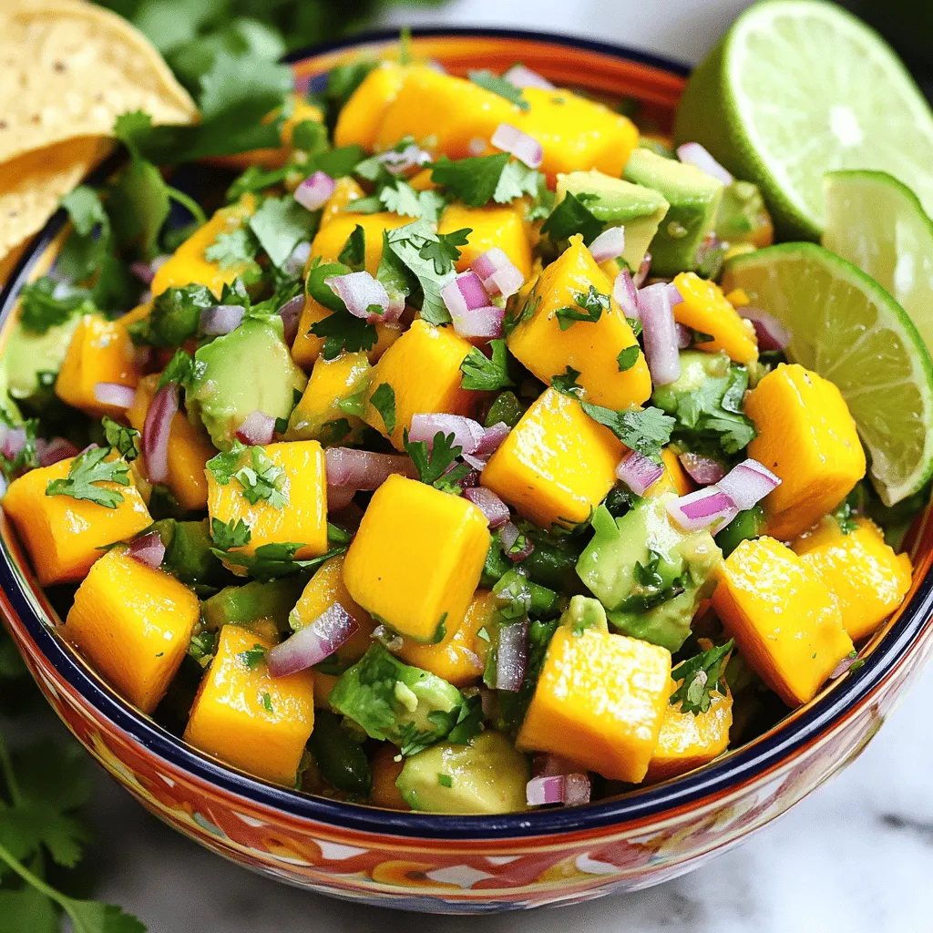 - 1 reife Mango, gewürfelt - 2 reife Avocados, gewürfelt - 1 kleine rote Zwiebel, fein gehackt Die Hauptzutaten sind einfach. Die Mango bringt Süße und Frische. Die Avocados fügen eine cremige Textur hinzu. Die rote Zwiebel gibt der Salsa einen schönen Biss und eine tolle Farbe. - 1 Jalapeño, entkernt und fein gehackt - Saft von 2 Limetten - 1 Esslöffel Olivenöl - Salz und Pfeffer nach Geschmack Die Gewürze machen den Unterschied. Die Jalapeño bringt einen kleinen Kick. Der Limettensaft sorgt für einen frischen, sauren Geschmack. Das Olivenöl fügt eine feine Note hinzu. Salz und Pfeffer sind wichtig, um die Aromen zu verstärken. Diese Zutaten machen deine Mango Avocado Salsa lebendig und lecker. Wenn du die Salsa zubereitest, achte darauf, die Avocados vorsichtig zu vermengen. So bleiben sie schön und fest. Folge dem [Full Recipe] für eine einfache Schritt-für-Schritt-Anleitung. Wenn du Mango Avocado Salsa machst, ist die Vorbereitung der Zutaten sehr wichtig. - Mango und Avocado würfeln: Nimm eine reife Mango und schneide sie in kleine Würfel. Achte darauf, dass die Mango süß und saftig ist. Für die Avocado mache das Gleiche. Sie sollte ebenfalls reif, aber nicht überreif sein. Das sorgt für die beste Textur. - Rote Zwiebel und Jalapeño hacken: Jetzt nimm die rote Zwiebel. Hacke sie fein, damit sie gut in die Salsa passt. Die Jalapeño braucht auch etwas Liebe. Entferne die Kerne und hacke sie klein. So wird die Salsa schön scharf, aber nicht zu scharf. Jetzt ist es Zeit, die Salsa zuzubereiten. - Zutaten in einer Rührschüssel vermengen: Nimm eine große Rührschüssel und gib die gewürfelte Mango, die Avocado, die Zwiebel und die Jalapeño hinein. Mische alles vorsichtig, damit die Avocado nicht zerdrückt wird. - Limettensaft und Olivenöl hinzufügen: Presse zwei Limetten aus und gib den Saft in die Schüssel. Füge einen Esslöffel Olivenöl hinzu. Das gibt der Salsa Frische und Geschmack. Mische alles gut, aber behutsam. Nun kommt der letzte Schritt. - Mit Salz und Pfeffer abschmecken: Probiere die Salsa und füge nach Geschmack Salz und Pfeffer hinzu. Das balanciert die Aromen perfekt aus. - Salsa ruhen lassen für 10-15 Minuten: Lasse die Salsa für 10 bis 15 Minuten bei Zimmertemperatur ruhen. So können sich die Aromen verbinden. Außerdem wird die Salsa beim Servieren noch leckerer. Du hast jetzt eine frische und geschmackvolle Mango Avocado Salsa, die einfach zuzubereiten ist! Für das vollständige Rezept schaue dir die [Full Recipe] an. Die Auswahl einer perfekten Avocado ist wichtig für die Salsa. Achte auf die Farbe und die Textur der Haut. Reife Avocados sind oft dunkelgrün bis schwarz und fühlen sich weich an, wenn du sanft drückst. Zu harte Avocados sind noch nicht reif. Zu weiche Avocados sind überreif. Um die Reifung zu beschleunigen, lege die Avocado in eine Papiertüte bei Raumtemperatur. Das hilft, den Prozess zu fördern. Du kannst auch Äpfel oder Bananen in die Tüte legen. Diese Früchte geben Ethylen ab, was die Reifung beschleunigt. Die Schärfe deiner Salsa kannst du ganz leicht anpassen. Jalapeños sind scharf, aber du kannst die Schärfe reduzieren. Entferne die Samen und die weißen Membranen, denn sie enthalten den meisten Schärfegrad. Für eine mildere Salsa nutze eine kleine Menge Jalapeño oder ersetze ihn durch Paprika. Für mehr Schärfe kannst du eine andere scharfe Sorte wie Serrano verwenden. Probiere es aus und finde die perfekte Balance für deinen Geschmack. Mango Avocado Salsa passt gut zu vielen Gerichten. Serviere sie mit Tortilla-Chips für einen frischen Snack. Du kannst sie auch als Beilage zu gegrilltem Fisch oder Hühnchen bieten. Die frischen Aromen ergänzen gut die Gerichte. Ein weiteres tolles Pairing ist eine Schüssel Quinoa oder Reis. Die Texturen und Geschmäcker harmonieren wunderbar. Du kannst auch Tacos oder Burritos befüllen, um mehr Frische hinzuzufügen. Diese Salsa ist sehr vielseitig! Für die vollständige Rezeptanleitung sieh dir die Full Recipe an. {{image_4}} Mango Avocado Salsa kann leicht angepasst werden. Du kannst fruchtige Variationen ausprobieren. Ananas oder Papaya passen gut. Diese Früchte bringen einen süßen und saftigen Geschmack. Sie ergänzen die Mango und Avocado perfekt. Wenn du eine tropische Note magst, füge etwas Ananas hinzu. Papaya gibt der Salsa eine neue Textur. Probier verschiedene Kombinationen aus. So findest du deine Lieblingsversion. Mango Avocado Salsa ist von Natur aus vegan und glutenfrei. Das macht sie zu einer großartigen Wahl für viele Essensweisen. Wenn du auf Gluten achtest, ist diese Salsa perfekt. Sie enthält keine tierischen Produkte oder Gluten. Du kannst sie auch in eine Buddha Bowl einfügen. So erhältst du eine gesunde und leckere Mahlzeit. Diese Salsa passt gut zu vielen Gerichten. Die Gewürze können den Geschmack der Salsa stark verändern. Du kannst verschiedene Kräuter verwenden. Basilikum oder Minze bringen frische Aromen. Wenn du mehr Schärfe magst, probiere frische Chili oder Cayennepfeffer. Das gibt der Salsa einen Kick. Für ein rauchiges Aroma kannst du geräuchertes Paprikapulver hinzufügen. Experimentiere mit verschiedenen Gewürzen. So findest du die perfekte Mischung für deinen Geschmack. Um die Mango Avocado Salsa frisch zu halten, lagere sie in einem luftdichten Behälter. Achte darauf, dass die Salsa nicht mit Luft in Kontakt kommt. Das hilft, Oxidation zu vermeiden. Wenn du die Salsa in eine Schüssel füllst, decke sie mit Frischhaltefolie ab. Drücke die Folie direkt auf die Oberfläche der Salsa. So bleibt sie länger frisch. Die Salsa hält sich gut im Kühlschrank. Sie bleibt etwa 2 bis 3 Tage frisch. Nach dieser Zeit kann die Avocado anfangen, braun zu werden. Wenn du die Salsa länger aufbewahren möchtest, achte auf die Farbe und den Geruch. Sollte sie unappetitlich aussehen oder riechen, ist es besser, sie wegzuwerfen. Du kannst die Salsa auch einfrieren. Fülle sie in einen gefriergeeigneten Behälter. Lass etwas Platz, da sich die Salsa beim Gefrieren ausdehnt. Du kannst die Salsa auch in Eiswürfelschalen einfrieren. So hast du kleine Portionen für später. Zum Auftauen lege die Salsa einfach in den Kühlschrank oder püriere sie leicht, um die Konsistenz zu verbessern. Nutze die Salsa dann in leckeren Gerichten oder als Dip. Die Mango Avocado Salsa bleibt frisch, wenn du sie im Kühlschrank lagerst. Sie hält sich etwa 2 bis 3 Tage. Achte darauf, sie in einem luftdichten Behälter aufzubewahren. Nach ein paar Tagen kann die Avocado braun werden. Das sieht nicht schön aus, aber der Geschmack bleibt meist gut. Ja, du kannst die Salsa gut vorbereiten. Mache sie am besten bis zu 2 Stunden vor dem Servieren. Das gibt den Aromen Zeit, um zu verschmelzen. Wenn du sie länger aufbewahrst, kann die Frische leiden. Die Avocado wird weicher und kann braun werden. Wenn du Jalapeño nicht magst, gibt es viele Alternativen. Du kannst grüne Paprika oder Serrano-Paprika nutzen. Für eine milde Option, nimm einfach eine rote Paprika. So bleibt die Salsa lecker, ohne zu scharf zu sein. Die Mango-Avocado-Salsa ist einfach zuzubereiten und lecker. Wir haben die Hauptzutaten, wie Mango und Avocado, sowie die notwendigen Gewürze betrachtet. Die Schritt-für-Schritt-Anleitung macht es leicht, die Salsa nachzukochen. Vergessen Sie nicht, die Schärfe anzupassen und experimentieren Sie mit Variationen. Lagern Sie die Salsa richtig für einen langen Genuss. Probieren Sie diese frische und gesunde Beilage aus und passen Sie sie an Ihren Geschmack an. So wird diese Salsa zum Hit auf jeder Party!