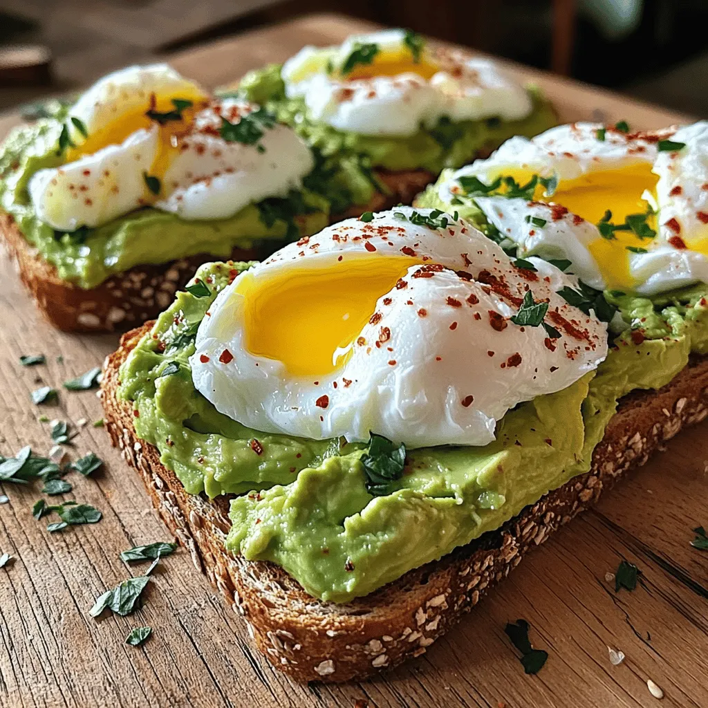 Für ein köstliches Avocado Toast brauchst du einige Hauptzutaten. Diese Zutaten sind einfach zu finden und machen das Gericht lecker. - 2 reife Avocados - 4 Scheiben Vollkornbrot - 4 große Eier - 1 Esslöffel Zitronensaft Die Avocados sind der Star des Gerichts. Wähle reife, aber feste Früchte. Das Vollkornbrot gibt dem Toast einen nussigen Geschmack. Die Eier sind wichtig für die Proteinquelle und die cremige Textur. Um mehr Geschmack ins Spiel zu bringen, füge einige Gewürze hinzu. Diese machen dein Toast noch besser. - 1 Teelöffel Knoblauchpulver - 1 Teelöffel rote Chiliflocken - Salz und Pfeffer nach Geschmack Das Knoblauchpulver bringt Würze. Die Chiliflocken geben einen leichten Kick. Salz und Pfeffer runden das Ganze ab und heben die Aromen hervor. Frische Kräuter sind ein tolles Topping für dein Avocado Toast. Sie fügen Geschmack und Farbe hinzu. - Koriander - Petersilie Beide Kräuter sind frisch und aromatisch. Koriander hat einen frischen, zitrusartigen Geschmack. Petersilie ist mild und passt gut zu den anderen Zutaten. Du kannst auch andere Kräuter wie Basilikum oder Schnittlauch ausprobieren. Um pochierte Eier zu machen, fülle einen Topf mit Wasser. Bring das Wasser sanft zum Köcheln. Ein Schuss Essig hilft, die Form zu halten. Schlage ein Ei in eine kleine Schüssel. Erzeuge mit einem Löffel einen sanften Strudel im Wasser und gleite das Ei vorsichtig hinein. Lass es 3-4 Minuten garen. Das Eiweiß wird fest, das Eigelb bleibt flüssig. Hebe das Ei mit einem Schaumlöffel heraus und lege es auf ein Papiertuch. Wiederhole das für die restlichen Eier. Röste die Scheiben Vollkornbrot, bis sie goldbraun sind. Halbiere die Avocados und entkerne sie. Löffle das Fruchtfleisch in eine Schüssel. Zerdrücke die Avocados mit einer Gabel. Füge Zitronensaft, Knoblauchpulver, Salz und Pfeffer hinzu. Mische alles gut, bis die Mischung cremig ist. Verteile die Avocado-Mischung großzügig auf dem gerösteten Brot. Platziere vorsichtig ein pochiertes Ei auf jede Scheibe. Streue rote Chiliflocken darüber. Beträufele alles mit etwas Olivenöl. Garniere die Toaste mit frischen Kräutern. Serviere sie auf einem Holzbrett. So sieht das Gericht nicht nur toll aus, es schmeckt auch wunderbar! Für das gesamte Rezept, schau dir den Full Recipe an. Um das perfekte pochierte Ei zu machen, brauchst du einige Tricks. - Frisches Ei: Frische Eier haben ein festeres Eiweiß. - Wassertemperatur: Halte das Wasser sanft köchelnd, nicht sprudelnd. - Essig: Ein Spritzer Essig hilft, das Eiweiß zusammenzuhalten. - Strudel: Erzeuge einen kleinen Strudel im Wasser, wenn du das Ei hinzufügst. - Garzeit: Lasse das Ei 3 bis 4 Minuten im Wasser für ein weiches Eigelb. Die Auswahl der perfekten Avocado ist wichtig. Hier sind einige Tipps: - Reife: Drücke leicht auf die Avocado. Sie sollte sanft nachgeben. - Farbe: Die Haut sollte dunkelgrün bis schwarz sein, aber nicht braun. - Form: Wähle eine Avocado mit einer runden Form für mehr Fruchtfleisch. - Geruch: Ein frischer, nussiger Geruch an der Stielstelle zeigt, dass sie reif ist. Variiere dein Avocado Toast, um es spannend zu halten. Hier sind einige Ideen: - Zutaten: Füge gebratene Tomaten oder Spinat hinzu. - Gewürze: Probiere verschiedene Gewürze wie Paprika oder Kreuzkümmel. - Käse: Streue zerbröckelten Feta oder Parmesan darüber. - Nüsse: Füge geröstete Nüsse für mehr Crunch hinzu. - Frucht: Probiere Mangostücke oder Radieschen für eine frische Note. Für detaillierte Zubereitungsschritte kannst du das [Full Recipe] nachlesen. {{image_4}} Für eine vegane Variante lasse das Ei weg. Du kannst die Avocado einfach zerdrücken und mit etwas Zitronensaft, Salz und Pfeffer vermischen. Um mehr Geschmack zu geben, füge etwas geräuchertes Paprikapulver hinzu. Wenn du magst, kannst du auch einen Löffel Hummus darauf streichen. Das macht den Toast noch cremiger und leckerer. Avocado Toast ist sehr vielseitig. Du kannst viele Beläge hinzufügen. Probiere frische Tomatenscheiben oder Radieschen für mehr Crunch. Auch Feta-Käse oder geröstete Kichererbsen passen gut. Für eine süße Note, füge ein paar Scheiben Banane und Honig hinzu. So hast du eine spannende Kombination aus süß und herzhaft. Wenn du es schärfer magst, experimentiere mit Gewürzen. Streue etwas Cayennepfeffer oder Sriracha auf deinen Toast. Du kannst auch eingelegte Jalapeños oder scharfen Senf verwenden. Diese Zutaten geben deinem Toast einen tollen Kick. Wenn du frische Kräuter wie Basilikum oder Koriander hinzufügst, wird der Geschmack noch besser. Entdecke die vielen Möglichkeiten, dein Avocado Toast zu variieren. Mit diesen Ideen kannst du immer wieder neue Geschmackserlebnisse schaffen. Das macht das Essen spannend und lecker! Für das vollständige Rezept und mehr Details schaue dir das [Full Recipe] an. Avocados werden schnell braun, wenn man sie schneidet. Um Reste frisch zu halten, lege die Avocadohälften mit der Schnittfläche nach unten in ein luftdichtes Behältnis. Füge ein wenig Zitronensaft hinzu, um die Oxidation zu bremsen. Lagere sie im Kühlschrank. So bleiben sie einige Stunden frisch. Du kannst viele Zutaten für dein Avocado Toast im Voraus vorbereiten. Koche die Eier am Morgen oder sogar am Vorabend. Halte die pochierten Eier in warmem Wasser, bis du sie servierst. Zerdrücke auch die Avocados, aber lagere sie getrennt. So kannst du sie frisch nutzen, wenn du bereit bist zu essen. Für das Avocado Toast mit pochiertem Ei brauchst du einige einfache Küchenutensilien. Hier eine Liste: - Topf zum Pochieren der Eier - Schüssel für die Avocados - Gabel zum Zerdrücken der Avocados - Röstmaschine oder Pfanne für das Brot - Schaumlöffel zum Herausnehmen der Eier - Messer und Schneidebrett Mit diesen Utensilien hast du alles, was du brauchst, um dein leckeres Gericht zuzubereiten. Du findest das ganze Rezept im [Full Recipe]. Um ein perfektes pochiertes Ei zu machen, brauchst du etwa 3 bis 4 Minuten. Du kannst die Zeit anpassen, wenn du ein weicheres oder festeres Eigelb möchtest. Achte darauf, dass das Wasser leicht köchelt, nicht sprudelnd kocht. Ein Schuss Essig im Wasser hilft, das Eiweiß zusammenzuhalten. Ja, du kannst viele Brotsorten verwenden. Vollkornbrot ist eine gute Wahl. Probier auch Sauerteig oder Dinkelbrot für neuen Geschmack. Achte darauf, dass das Brot stabil genug ist, um die Avocado und das Ei zu halten. Röstest du das Brot, wird es schön knusprig und hält die Feuchtigkeit besser. Um die Avocados frisch zu halten, füge sofort Zitronensaft hinzu. Die Säure bremst die Braunfärbung. Du kannst die Avocado auch in einem luftdichten Behälter lagern. Decke sie mit Frischhaltefolie ab und drücke die Folie direkt auf die Oberfläche. So bleibt die Farbe schön grün. Für das vollständige Rezept sieh dir bitte die [Full Recipe] an. Avocado Toast mit pochierten Eiern ist einfach und lecker. Wir haben die besten Zutaten und Zubereitungen besprochen. Mit einigen Tipps macht du jeden Biss besser. Denk an Variationen für neuen Geschmack! Ob vegan oder mit zusätzlichen Belägen, die Möglichkeiten sind groß. Achte darauf, die Reste richtig zu lagern. Jetzt kannst du dein Gericht mit frischen Kräutern oder Gewürzen verfeinern. Mit diesen Informationen bereitest du das perfekte Avocado Toast zu. Viel Spaß beim Kochen!
