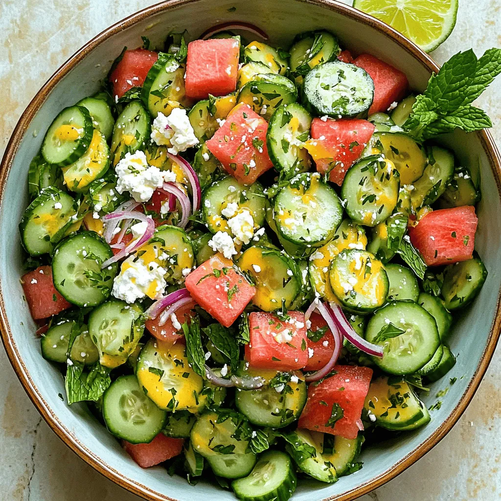 - 2 Tassen Gurke, gewürfelt - 3 Tassen Wassermelone, gewürfelt (am besten kernlos) - 1 Tasse Feta-Käse, zerbröselt Gurken bringen viel Frische in den Salat. Sie sind knackig und hydrierend. Wassermelonen fügen süße, saftige Stücke hinzu. Der salzige Feta-Käse sorgt für einen tollen Kontrast. Diese drei Zutaten machen die Basis des Salats aus. - ¼ Tasse rote Zwiebel, dünn geschnitten - ¼ Tasse frische Minzblätter, gehackt - 3 Esslöffel Olivenöl - 2 Esslöffel Limettensaft Die rote Zwiebel gibt einen scharfen Geschmack. Frische Minzblätter bringen ein Gefühl von Sommer. Olivenöl und Limettensaft dienen als Dressing. Diese Zutaten runden den Geschmack perfekt ab. - Salz und schwarzer Pfeffer nach Geschmack Salz hebt alle Aromen hervor. Schwarzer Pfeffer fügt eine leichte Schärfe hinzu. Diese Gewürze sind einfach, aber sehr wichtig für das gesamte Gericht. Sie sorgen dafür, dass der Salat lebendig schmeckt. Wenn du mehr über die Zubereitung erfahren möchtest, schau dir das [Full Recipe] an. Zuerst schneide die Gurke und die Wassermelone in kleine Stücke. Du kannst eine Schüssel dafür verwenden. Die Stücke sollten gleich groß sein, damit sie gut zusammenpassen. Danach füge den zerbröselten Feta-Käse hinzu. Die rote Zwiebel kannst du in dünne Scheiben schneiden. Diese kommen auch in die Schüssel. Die Farben und Texturen sehen toll aus! In einer kleinen Schüssel mische das Olivenöl mit dem Limettensaft. Das gibt dem Salat einen frischen Geschmack. Füge Salz und Pfeffer nach deinem Geschmack hinzu. Rühre alles gut um, bis es gut vermischt ist. So bleibt das Dressing gleichmäßig verteilt. Gieße das Dressing über die Salatzutaten. Jetzt kommt der spaßige Teil: Mische alles vorsichtig zusammen! Du möchtest, dass jede Zutat etwas Dressing abbekommt. Lass den Salat etwa 10 Minuten ruhen. So können sich die Aromen gut entfalten. Du kannst den Salat nun servieren und genießen. Für die vollständige Anleitung, schau dir die Full Recipe an! Wassermelonen sind süß und saftig. Achte auf die Form. Eine gute Melone hat eine gleichmäßige, runde Form. Die Schale sollte fest und glänzend sein. Klopfe leicht auf die Melone. Ein tiefes, hohles Geräusch zeigt, dass sie reif ist. Eine frische Wassermelone hat auch einen gelben Fleck. Dieser Fleck zeigt, wo die Melone auf dem Boden lag. Das ist der Punkt, wo sie gereift ist. Wenn die Melone zu grün aussieht oder Druckstellen hat, wähle eine andere. Um den Salat frisch zu halten, bewahre ihn im Kühlschrank auf. Verwende eine luftdichte Schüssel. So bleibt der Salat knackig. Wenn du den Salat zubereitest, lasse das Dressing separat. Mische das Dressing erst kurz vor dem Servieren unter. So bleibt die Textur erhalten. Der Salat kann bis zu zwei Tage im Kühlschrank aufbewahrt werden. Nach zwei Tagen wird die Gurke matschig und die Aromen schwächer. Du willst ja, dass dein Salat frisch schmeckt! Ein häufiger Fehler ist zu viel Dressing. Zu viel Dressing macht den Salat matschig. Beginne mit weniger und füge mehr hinzu, wenn nötig. So behält der Salat seine Frische und Knackigkeit. Ein weiterer Fehler ist das Über-mischen der Zutaten. Mische alles vorsichtig, um die Textur zu bewahren. Übermischen kann die Gurken und die Wassermelone zerdrücken. Du willst einen schönen, bunten Salat. Achte darauf, dass jede Zutat gut sichtbar bleibt. {{image_4}} Für die Käseliebhaber gibt es viele Optionen. Feta ist frisch und salzig, aber andere Käsesorten passen auch gut. Probieren Sie Ziegenkäse für einen cremigen Geschmack. Ricotta ist eine sanfte Wahl, die gut mit Melone harmoniert. Wenn Sie eine vegane Option suchen, verwenden Sie einen veganen Feta. Es gibt viele Marken, die pflanzlichen Käse anbieten. Diese Käse sind oft aus Nüssen oder Soja und bieten einen tollen Geschmack. Um mehr Geschmack hinzuzufügen, können Sie Avocado oder Chilis einfügen. Avocado bringt Cremigkeit und gesunde Fette. Chilis fügen eine angenehme Schärfe hinzu. Beide Optionen machen den Salat interessanter. Nüsse sind eine gute Idee für den Crunch. Mandeln oder Walnüsse geben eine schöne Textur. Rösten Sie die Nüsse für noch mehr Geschmack. Die Saison kann Ihre Zutatenwahl beeinflussen. Im Frühling sind Spargel oder Radieschen frisch. Diese passen gut zu Gurke und Melone. Im Sommer können Sie frische Beeren hinzufügen. Erdbeeren oder Heidelbeeren bringen eine süße Note. Das Rezept ist flexibel. Sie können auch andere Früchte verwenden, wie Pfirsiche oder Ananas. Diese geben dem Salat einen fruchtigen Kick. Für das vollständige Rezept schauen Sie sich die [Full Recipe] an. Der Cucumber Watermelon Feta Salad hat etwa 150 Kalorien pro Portion. Dies macht ihn zu einem leichten und erfrischenden Gericht. Die Verteilung der Makronährstoffe ist wie folgt: - Fette: 8 g - Kohlenhydrate: 15 g - Proteine: 4 g Die gesunden Fette stammen hauptsächlich aus dem Olivenöl und dem Feta-Käse. Kohlenhydrate kommen von der Wassermelone und der Gurke. Die Hauptzutaten in diesem Salat sind voll von wichtigen Nährstoffen. - Gurke: Sie ist reich an Wasser und enthält Vitamin K. - Wassermelone: Diese Frucht bietet Vitamin C und A. - Feta-Käse: Er liefert Kalzium und Proteine. Zusammen fördern diese Zutaten die Hydratation und unterstützen das Immunsystem. Das Rezept ist für 4 Personen geeignet. Sie können die Portionen leicht anpassen, je nach Bedarf. - Für 2 Personen: Halten Sie die Zutaten einfach auf die Hälfte. - Für 6 Personen: Verdoppeln Sie die Mengen. So bleibt der Salat frisch und lecker, egal für wie viele Sie kochen. Cucumber Watermelon Feta Salad bleibt im Kühlschrank bis zu drei Tage frisch. Um die Frische zu erhalten, bewahre den Salat in einem luftdichten Behälter auf. Das hilft, die Aromen zu schützen. Vermeide es, den Salat zu lange stehen zu lassen. Wenn du ihn länger aufbewahren möchtest, lagere die Zutaten getrennt. So bleibt die Gurke knackig und die Wassermelone saftig. Ja, du kannst diesen Salat im Voraus zubereiten. Bereite die Zutaten bis zu einem Tag zuvor vor. Schneide die Gurke, die Wassermelone und die Zwiebel. Bewahre sie in separaten Behältern auf. Mische das Dressing erst kurz vor dem Servieren. Das verhindert, dass die Zutaten matschig werden. So bleibt der Salat frisch und knackig. Zu Cucumber Watermelon Feta Salad passen viele Getränke gut. Ein spritziger Weißwein ist eine gute Wahl. Auch ein frischer Limetten-Eistee ergänzt den Salat perfekt. Für eine alkoholfreie Option, probiere Mineralwasser mit einem Spritzer Zitrone. Diese Getränke heben die Aromen des Salats hervor und machen dein Essen noch genussvoller. Dieser Blogbeitrag hat dir gezeigt, wie du einen erfrischenden Gurken-Wassermelonen-Feta-Salat zubereitest. Wir haben die Zutaten besprochen, von den Hauptzutaten bis zu den Gewürzen. Du hast gelernt, die Zubereitung einfach zu handhaben und die besten Tipps für Haltbarkeit und Variationen zu nutzen. Denke daran, dass frische Zutaten und das richtige Dressing entscheidend sind. Dieser Salat ist nicht nur lecker, sondern auch gesund und anpassbar. Probiere es aus und mache deinen nächsten Salat zum Superstar auf dem Tisch!