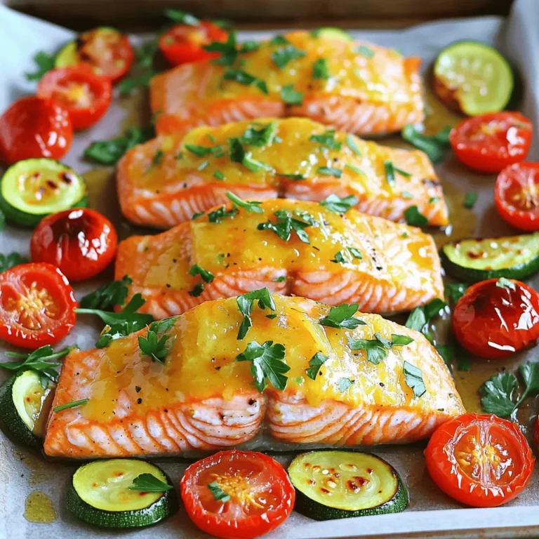 - Lachsfilets: Ich empfehle, frische Lachsfilets zu verwenden. Diese sind zart und voller Geschmack. Wählen Sie etwa vier Filets, die jeweils rund 170 Gramm wiegen. - Gemüsevariationen: Kirschtomaten, Zucchini und rote Paprika bringen Farbe und Nährstoffe. Diese Gemüsesorten ergänzen den Lachs perfekt. Sie können auch anderes Gemüse wie Brokkoli oder Spargel nutzen. - Gewürze und Öle: Für die Marinade benötigen Sie Olivenöl, Knoblauch, Zitronensaft und Oregano. Diese Zutaten verleihen dem Gericht einen herrlichen Geschmack. Salz und Pfeffer runden alles ab und bringen die Aromen zur Geltung. Das vollständige Rezept finden Sie im vorherigen Abschnitt, wenn Sie bereit sind, in die Küche zu gehen! - Heizen Sie Ihren Ofen auf 200°C vor. - Legen Sie ein großes Backblech mit Backpapier aus. - Bereiten Sie die Zutaten vor: schneiden Sie das Gemüse und messen Sie das Olivenöl. - In einer kleinen Schüssel verrühren Sie das Olivenöl, den gehackten Knoblauch, die Zitronenzeste, den Zitronensaft, den Oregano, Salz und Pfeffer. Diese Marinade bringt viel Geschmack. - Legen Sie die Lachsfilets auf das Backblech mit der Hautseite nach unten. - Bestreichen Sie die Lachsfilets gleichmäßig mit der Marinade. - Ordnen Sie die Kirschtomaten, Zucchini und Paprika um die Lachsfilets an. - Träufeln Sie die restliche Marinade über das Gemüse. - Schieben Sie das Backblech in den Ofen und backen Sie es für 15 bis 20 Minuten. - Der Lachs sollte leicht mit einer Gabel zerfallen. - Achten Sie darauf, dass das Gemüse zart ist. - Lassen Sie das Blech nach dem Backen kurz abkühlen. - Garnieren Sie vor dem Servieren mit frischer Petersilie. - Das Rezept ist einfach und schnell, perfekt für ein leckeres Abendessen. - Vergessen Sie nicht, das [Full Recipe] für alle Details zu beachten. - Optimale Garzeit: Der Lachs braucht 15 bis 20 Minuten. Achte darauf, dass der Lachs leicht auseinanderfällt. Wenn er beginnt, sich von den Rändern zu lösen, ist er perfekt. - Verwendung eines Fleischthermometers: Ein Fleischthermometer ist hilfreich. Stecke es in die dickste Stelle. Der Lachs sollte 60°C erreichen. So bleibt er saftig und zart. - Alternative Gewürze: Du kannst Zitronenpfeffer oder Paprika verwenden. Diese geben dem Lachs eine neue Note. Auch frische Kräuter wie Dill oder Basilikum sind lecker. - Zusätzliche Gemüseoptionen: Probiere Brokkoli oder Karotten. Diese Gemüsesorten passen gut. Sie bringen Farbe und Nährstoffe in dein Gericht. {{image_4}} Um die Reste von deinem Sheet Pan Lemon Garlic Salmon optimal zu lagern, folge diesen Tipps: - Kühlschrankaufbewahrung: Lass den Lachs und das Gemüse auf Raumtemperatur abkühlen. Dann lege sie in einen luftdichten Behälter. So bleiben Geschmack und Frische bis zu drei Tage erhalten. - Gefrieroptionen: Wenn du die Reste länger aufbewahren möchtest, kannst du sie einfrieren. Verwende dazu einen gefriergeeigneten Behälter oder einen Gefrierbeutel. Achte darauf, die Luft herauszudrücken, bevor du den Beutel verschließt. So bleibt der Lachs bis zu drei Monate frisch. Wenn du die Reste aufwärmst, gibt es zwei gängige Methoden: - Mikrowelle: Diese Methode ist schnell. Lege die Reste auf einen mikrowellengeeigneten Teller. Decke sie mit einem feuchten Papiertuch ab. Erwärme sie in kurzen Intervallen von 30 Sekunden, bis sie warm sind. - Ofen: Diese Methode bewahrt die Textur besser. Heize den Ofen auf 180°C vor. Lege die Reste auf ein Backblech und decke sie mit Aluminiumfolie ab. Erwärme sie etwa 10-15 Minuten, bis sie durchgehend warm sind. Mit diesen Tipps kannst du die Reste optimal genießen. - Übliche Backzeiten Normalerweise dauert es 15 bis 20 Minuten, um Lachs auf einem Blech zu backen. Die genaue Zeit hängt von der Dicke des Lachses ab. Ein dickeres Filet braucht etwas länger. Achte darauf, dass der Lachs leicht mit einer Gabel auseinanderfällt, wenn er fertig ist. - Tipps zur Vorbereitung Ja, du kannst dieses Rezept im Voraus zubereiten. Marinierte Lachsfilets halten sich gut im Kühlschrank. Bereite die Marinade und das Gemüse vor. Lege alles in eine Auflaufform und stelle es bis zum Backen in den Kühlschrank. So sparst du Zeit am Abend. - Beilagenempfehlungen Lachs schmeckt gut mit vielen Beilagen. Hier sind einige Ideen: - Reis oder Quinoa - Grüne Bohnen oder Brokkoli - Ein frischer Salat - Knoblauchbrot Diese Beilagen ergänzen den Geschmack des Lachses perfekt. Probiere sie aus! - Zutatenliste - 4 Lachsfilets (je etwa 170 g) - 2 Esslöffel Olivenöl - 3 Knoblauchzehen, fein gehackt - Zeste und Saft von 1 großen Zitrone - 1 Teelöffel getrockneter Oregano - Salz und schwarzer Pfeffer nach Geschmack - 1 Tasse Kirschtomaten, halbiert - 1 mittelgroße Zucchini, in Halbmonden geschnitten - 1 rote Paprika, in Streifen geschnitten - Frische Petersilie, gehackt (zum Garnieren) - Schritt-für-Schritt-Anleitung 1. Heize deinen Ofen auf 200°C vor. Lege ein großes Backblech mit Backpapier oder Folie aus. 2. Mische in einer kleinen Schüssel Olivenöl, Knoblauch, Zitronenzeste, Zitronensaft, Oregano, Salz und Pfeffer. 3. Lege die Lachsfilets mit der Hautseite nach unten auf das Backblech. Bestreiche sie mit der Zitronen-Knoblauch-Mischung. 4. Verteile die halbierten Kirschtomaten, Zucchinischeiben und Paprikastreifen um die Lachsfilets. 5. Träufle die restliche Zitronen-Knoblauch-Mischung über das Gemüse. 6. Röste das Backblech im Ofen für 15-20 Minuten. Der Lachs sollte leicht mit einer Gabel auseinanderfallen. Das Gemüse wird zart. 7. Nimm das Backblech aus dem Ofen. Lass es ein paar Minuten abkühlen. 8. Garniere vor dem Servieren mit frisch gehackter Petersilie. Die Vorbereitungszeit beträgt 10 Minuten. Die Gesamtzeit ist 25 Minuten. Dieses Rezept reicht für 4 Portionen. - Präsentationstipps: Serviere direkt vom Blech oder übertrage alles auf einen Servierteller. Arrangiere Lachs und Gemüse schön. Füge Zitronenspalten hinzu für mehr Frische. Zusammenfassend haben wir ein leckeres Rezept für gebackene Lachsfilets erkundet. Von den Hauptzutaten wie frischem Lachs und leckerem Gemüse bis zur Schritt-für-Schritt-Anleitung ist alles einfach nachzuvollziehen. Ich habe Tipps gegeben, wie du den Lachs perfekt zubereitest. Bewahre deine Reste richtig auf und wärme sie einfach wieder auf. Probier die Variationen aus, um mehr Geschmack zu bekommen. So wird dein Gericht immer spannend. Werde kreativ und genieße dein zesty Lemon Garlic Salmon Delight!