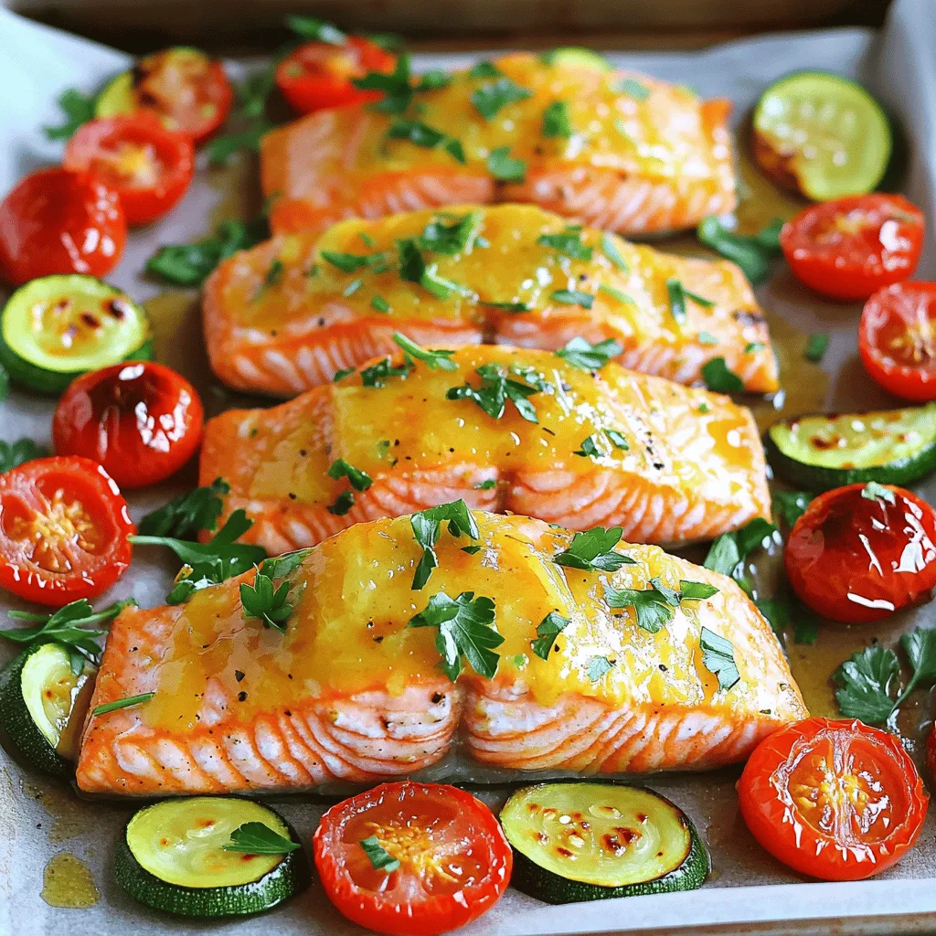 - Lachsfilets: Ich empfehle, frische Lachsfilets zu verwenden. Diese sind zart und voller Geschmack. Wählen Sie etwa vier Filets, die jeweils rund 170 Gramm wiegen. - Gemüsevariationen: Kirschtomaten, Zucchini und rote Paprika bringen Farbe und Nährstoffe. Diese Gemüsesorten ergänzen den Lachs perfekt. Sie können auch anderes Gemüse wie Brokkoli oder Spargel nutzen. - Gewürze und Öle: Für die Marinade benötigen Sie Olivenöl, Knoblauch, Zitronensaft und Oregano. Diese Zutaten verleihen dem Gericht einen herrlichen Geschmack. Salz und Pfeffer runden alles ab und bringen die Aromen zur Geltung. Das vollständige Rezept finden Sie im vorherigen Abschnitt, wenn Sie bereit sind, in die Küche zu gehen! - Heizen Sie Ihren Ofen auf 200°C vor. - Legen Sie ein großes Backblech mit Backpapier aus. - Bereiten Sie die Zutaten vor: schneiden Sie das Gemüse und messen Sie das Olivenöl. - In einer kleinen Schüssel verrühren Sie das Olivenöl, den gehackten Knoblauch, die Zitronenzeste, den Zitronensaft, den Oregano, Salz und Pfeffer. Diese Marinade bringt viel Geschmack. - Legen Sie die Lachsfilets auf das Backblech mit der Hautseite nach unten. - Bestreichen Sie die Lachsfilets gleichmäßig mit der Marinade. - Ordnen Sie die Kirschtomaten, Zucchini und Paprika um die Lachsfilets an. - Träufeln Sie die restliche Marinade über das Gemüse. - Schieben Sie das Backblech in den Ofen und backen Sie es für 15 bis 20 Minuten. - Der Lachs sollte leicht mit einer Gabel zerfallen. - Achten Sie darauf, dass das Gemüse zart ist. - Lassen Sie das Blech nach dem Backen kurz abkühlen. - Garnieren Sie vor dem Servieren mit frischer Petersilie. - Das Rezept ist einfach und schnell, perfekt für ein leckeres Abendessen. - Vergessen Sie nicht, das [Full Recipe] für alle Details zu beachten. - Optimale Garzeit: Der Lachs braucht 15 bis 20 Minuten. Achte darauf, dass der Lachs leicht auseinanderfällt. Wenn er beginnt, sich von den Rändern zu lösen, ist er perfekt. - Verwendung eines Fleischthermometers: Ein Fleischthermometer ist hilfreich. Stecke es in die dickste Stelle. Der Lachs sollte 60°C erreichen. So bleibt er saftig und zart. - Alternative Gewürze: Du kannst Zitronenpfeffer oder Paprika verwenden. Diese geben dem Lachs eine neue Note. Auch frische Kräuter wie Dill oder Basilikum sind lecker. - Zusätzliche Gemüseoptionen: Probiere Brokkoli oder Karotten. Diese Gemüsesorten passen gut. Sie bringen Farbe und Nährstoffe in dein Gericht. {{image_4}} Um die Reste von deinem Sheet Pan Lemon Garlic Salmon optimal zu lagern, folge diesen Tipps: - Kühlschrankaufbewahrung: Lass den Lachs und das Gemüse auf Raumtemperatur abkühlen. Dann lege sie in einen luftdichten Behälter. So bleiben Geschmack und Frische bis zu drei Tage erhalten. - Gefrieroptionen: Wenn du die Reste länger aufbewahren möchtest, kannst du sie einfrieren. Verwende dazu einen gefriergeeigneten Behälter oder einen Gefrierbeutel. Achte darauf, die Luft herauszudrücken, bevor du den Beutel verschließt. So bleibt der Lachs bis zu drei Monate frisch. Wenn du die Reste aufwärmst, gibt es zwei gängige Methoden: - Mikrowelle: Diese Methode ist schnell. Lege die Reste auf einen mikrowellengeeigneten Teller. Decke sie mit einem feuchten Papiertuch ab. Erwärme sie in kurzen Intervallen von 30 Sekunden, bis sie warm sind. - Ofen: Diese Methode bewahrt die Textur besser. Heize den Ofen auf 180°C vor. Lege die Reste auf ein Backblech und decke sie mit Aluminiumfolie ab. Erwärme sie etwa 10-15 Minuten, bis sie durchgehend warm sind. Mit diesen Tipps kannst du die Reste optimal genießen. - Übliche Backzeiten Normalerweise dauert es 15 bis 20 Minuten, um Lachs auf einem Blech zu backen. Die genaue Zeit hängt von der Dicke des Lachses ab. Ein dickeres Filet braucht etwas länger. Achte darauf, dass der Lachs leicht mit einer Gabel auseinanderfällt, wenn er fertig ist. - Tipps zur Vorbereitung Ja, du kannst dieses Rezept im Voraus zubereiten. Marinierte Lachsfilets halten sich gut im Kühlschrank. Bereite die Marinade und das Gemüse vor. Lege alles in eine Auflaufform und stelle es bis zum Backen in den Kühlschrank. So sparst du Zeit am Abend. - Beilagenempfehlungen Lachs schmeckt gut mit vielen Beilagen. Hier sind einige Ideen: - Reis oder Quinoa - Grüne Bohnen oder Brokkoli - Ein frischer Salat - Knoblauchbrot Diese Beilagen ergänzen den Geschmack des Lachses perfekt. Probiere sie aus! - Zutatenliste - 4 Lachsfilets (je etwa 170 g) - 2 Esslöffel Olivenöl - 3 Knoblauchzehen, fein gehackt - Zeste und Saft von 1 großen Zitrone - 1 Teelöffel getrockneter Oregano - Salz und schwarzer Pfeffer nach Geschmack - 1 Tasse Kirschtomaten, halbiert - 1 mittelgroße Zucchini, in Halbmonden geschnitten - 1 rote Paprika, in Streifen geschnitten - Frische Petersilie, gehackt (zum Garnieren) - Schritt-für-Schritt-Anleitung 1. Heize deinen Ofen auf 200°C vor. Lege ein großes Backblech mit Backpapier oder Folie aus. 2. Mische in einer kleinen Schüssel Olivenöl, Knoblauch, Zitronenzeste, Zitronensaft, Oregano, Salz und Pfeffer. 3. Lege die Lachsfilets mit der Hautseite nach unten auf das Backblech. Bestreiche sie mit der Zitronen-Knoblauch-Mischung. 4. Verteile die halbierten Kirschtomaten, Zucchinischeiben und Paprikastreifen um die Lachsfilets. 5. Träufle die restliche Zitronen-Knoblauch-Mischung über das Gemüse. 6. Röste das Backblech im Ofen für 15-20 Minuten. Der Lachs sollte leicht mit einer Gabel auseinanderfallen. Das Gemüse wird zart. 7. Nimm das Backblech aus dem Ofen. Lass es ein paar Minuten abkühlen. 8. Garniere vor dem Servieren mit frisch gehackter Petersilie. Die Vorbereitungszeit beträgt 10 Minuten. Die Gesamtzeit ist 25 Minuten. Dieses Rezept reicht für 4 Portionen. - Präsentationstipps: Serviere direkt vom Blech oder übertrage alles auf einen Servierteller. Arrangiere Lachs und Gemüse schön. Füge Zitronenspalten hinzu für mehr Frische. Zusammenfassend haben wir ein leckeres Rezept für gebackene Lachsfilets erkundet. Von den Hauptzutaten wie frischem Lachs und leckerem Gemüse bis zur Schritt-für-Schritt-Anleitung ist alles einfach nachzuvollziehen. Ich habe Tipps gegeben, wie du den Lachs perfekt zubereitest. Bewahre deine Reste richtig auf und wärme sie einfach wieder auf. Probier die Variationen aus, um mehr Geschmack zu bekommen. So wird dein Gericht immer spannend. Werde kreativ und genieße dein zesty Lemon Garlic Salmon Delight!