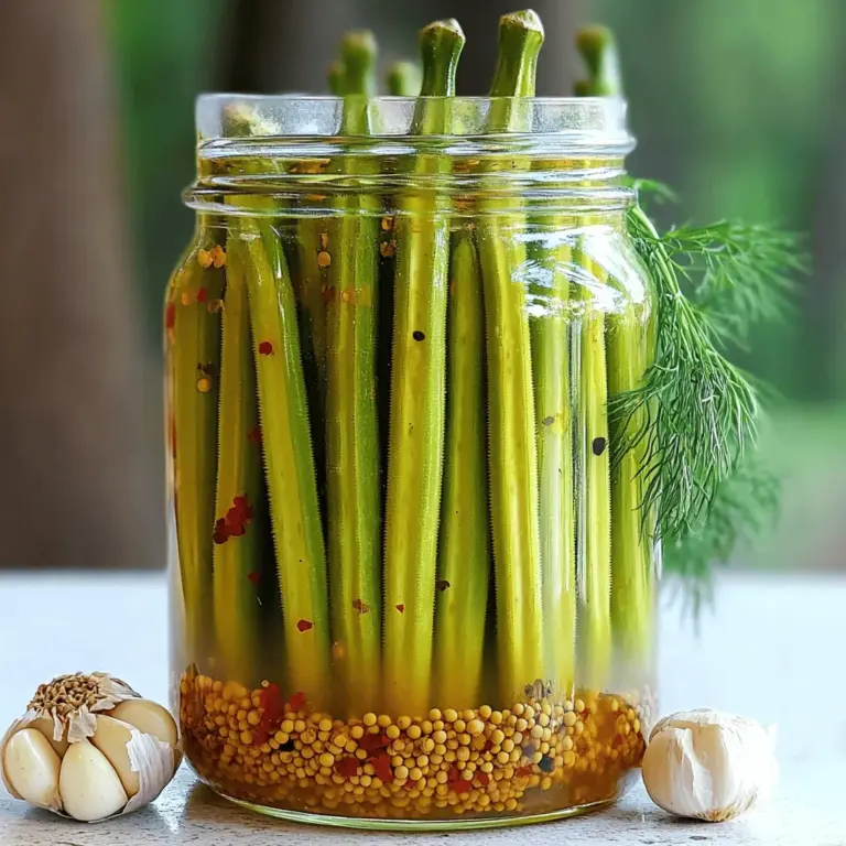 Für würzig eingelegte Okra benötigst du einige einfache, aber wichtige Zutaten. Diese Zutaten bringen den vollen Geschmack in dein Gericht: - 450 g frische Okra, gewaschen und die Stiele entfernt - 480 ml weißer Distillieressig - 240 ml Wasser - 3 Esslöffel Meersalz - 2 Esslöffel Zucker - 6 Knoblauchzehen, geschält und leicht zerdrückt - 1 Esslöffel Dill-Samen - 1 Esslöffel Senfkörner - 1 Teelöffel rote Pfefferflocken (nach Geschmack anpassen) - 1 Teelöffel schwarze Pfefferkörner Diese Zutaten sorgen für eine perfekte Balance zwischen Schärfe, Säure und Süße. Die frische Okra wird durch die würzige Lake knackig und aromatisch. Wenn du etwas Abwechslung suchst, kannst du einige Zutaten anpassen. Zum Beispiel: - Verwende Apfelessig statt weißem Essig. Das gibt einen fruchtigeren Geschmack. - Füge ein paar Scheiben frischen Ingwer hinzu. Ingwer bringt zusätzliche Schärfe und Gesundheit. - Ersetze Zucker durch Honig oder Agavendicksaft. Das gibt der Lake eine natürliche Süße. Diese Alternativen können den Geschmack deiner eingelegten Okra verändern und noch spannender machen. Experimentiere ruhig mit verschiedenen Kombinationen! Wenn du Wert auf Qualität legst, sind Bio-Zutaten oft die bessere Wahl. Bio-Okra enthält weniger Pestizide und hat einen intensiveren Geschmack. Auch bei den Gewürzen ist Bio empfehlenswert. Sie sind oft frischer und aromatischer. Konventionelle Zutaten sind jedoch auch in Ordnung. Achte nur darauf, dass sie frisch und von guter Qualität sind. Letztendlich hängt die Wahl von deinen persönlichen Vorlieben und deinem Budget ab. Die Zutaten sind entscheidend, um deine würzig eingelegte Okra richtig lecker zu machen. Du kannst die vollständige Anleitung im [Full Recipe] nachlesen. Zuerst waschen Sie die frische Okra gründlich. Entfernen Sie die Stiele, aber lassen Sie die Schoten ganz. Stellen Sie zwei große Gläser bereit. Sterilisieren Sie diese Gläser, indem Sie sie zehn Minuten in kochendem Wasser einweichen. Lassen Sie die Gläser danach abkühlen. Das sorgt dafür, dass Ihre Okra frisch bleibt. Nehmen Sie einen mittelgroßen Topf und geben Sie weißen Distillieressig, Wasser, Meersalz und Zucker hinein. Kochen Sie die Mischung bei mittlerer Hitze. Rühren Sie gut um, bis sich Salz und Zucker auflösen. Nehmen Sie den Topf vom Herd. Lassen Sie die Lake zehn Minuten abkühlen. Eine gut vorbereitete Lake ist der Schlüssel zu lecker eingelegter Okra. Jetzt wird es spannend! Schichten Sie die Okra in die sterilisierten Gläser. Fügen Sie in jedes Glas drei zerdrückte Knoblauchzehen, einen Esslöffel Dill-Samen, einen Esslöffel Senfkörner, rote Pfefferflocken und schwarze Pfefferkörner hinzu. Gießen Sie die abgekühlte Lake über die Okra, bis alles bedeckt ist. Lassen Sie einen kleinen Platz oben. Verschließen Sie die Gläser gut. Lassen Sie sie eine Stunde bei Zimmertemperatur abkühlen. Danach kommen die Gläser für mindestens 24 Stunden in den Kühlschrank. So intensivieren sich die Aromen. Die vollständige Rezeptur finden Sie in der Full Recipe. Ein häufiger Fehler beim Einlegen von Okra ist, die Gläser nicht richtig zu sterilisieren. Wenn die Gläser nicht sauber sind, können Bakterien die Okra verderben. Achte darauf, die Gläser mindestens 10 Minuten in kochendem Wasser einzuweichen. Ein weiterer Fehler ist, die Lake nicht ausreichend abzukühlen. Wenn die Lake zu heiß ist, kann sie die Okra weich machen. Lass die Lake also 10 Minuten abkühlen, bevor du sie über die Okra gießt. Die Schärfe der eingelegten Okra hängt stark von den roten Pfefferflocken ab. Wenn du es milder magst, reduziere die Menge der Flocken oder lasse sie ganz weg. Für mehr Schärfe, füge einfach mehr Pfefferflocken hinzu. Du kannst auch andere scharfe Gewürze verwenden, wie Cayennepfeffer oder frische Chilis, um die Schärfe nach deinem Geschmack anzupassen. Um Einmachgläser zu sterilisieren, benutze einen großen Topf mit kochendem Wasser. Stelle sicher, dass die Gläser vollständig eingetaucht sind. Lasse sie mindestens 10 Minuten im Wasser. Nach dem Sterilisieren, nimm die Gläser vorsichtig heraus und lasse sie auf einem sauberen Handtuch abkühlen. Vermeide es, die Innenseiten der Gläser zu berühren, um sie sauber zu halten. So bleiben deine würzig eingelegten Okra frisch und lecker! {{image_4}} Für eine süß-säuerliche Note, füge einfach mehr Zucker hinzu. Ein gutes Maß sind etwa 4 Esslöffel. Mische den Zucker gut in die Lake. Das bringt einen tollen Kontrast zur Schärfe der Okra. Du kannst auch einen Spritzer Honig verwenden. So wird das Ergebnis noch runder und süßer. Experimentiere mit dem Verhältnis, bis es für dich perfekt schmeckt. Du kannst die Gewürze nach deinem Geschmack anpassen. Füge zum Beispiel mehr Knoblauch hinzu, um einen stärkeren Geschmack zu bekommen. Auch Kümmel oder Lorbeerblätter sind eine gute Wahl. Wenn du es schärfer magst, nimm mehr rote Pfefferflocken. Achte darauf, die Gewürze gut zu verteilen, damit jede Okra gut gewürzt wird. So wird jede Biss ein Genuss. Das Rezept ist bereits vegan-freundlich. Du kannst jedoch auch andere Gemüsesorten verwenden. Karotten, Blumenkohl oder grüne Bohnen eignen sich gut. Achte darauf, die Garzeiten anzupassen. Sie variieren je nach Gemüse. So kannst du mit verschiedenen Aromen und Texturen spielen. Das macht dein Gericht noch interessanter. Probiere die Kombinationen aus und finde deinen Favoriten. Mit diesen Variationen kannst du deine würzig eingelegte Okra ganz nach deinem Geschmack anpassen. Wenn du mehr Ideen suchst, schau dir das Full Recipe an. Die Lagerung ist wichtig für den Geschmack Ihrer Okra. Bewahren Sie die Gläser im Kühlschrank auf. Kühle Temperaturen helfen, die Aromen zu bewahren. Stellen Sie sicher, dass die Gläser dicht sind. So bleibt die Okra frisch und lecker. Eingelegte Okra kann bis zu einem Monat haltbar sein. Nach dem Öffnen sollten Sie sie innerhalb von zwei Wochen essen. Achten Sie auf Veränderungen im Geruch oder Aussehen. Wenn etwas nicht stimmt, werfen Sie es weg. Genießen Sie die Okra als Snack oder Beilage. Die Lake ist nicht nur für die ersten Gläser gut. Sie können sie auch wiederverwenden. Fügen Sie einfach frische Okra hinzu. Das gibt neuen Geschmack. Kochen Sie die Lake vor der Verwendung kurz auf. So bleiben die Aromen frisch und lecker. Für das Rezept, schauen Sie sich die vollständige Anleitung an: [Full Recipe]. Eingelegte Okra hält sich gut. Sie können sie bis zu einem Jahr im Kühlschrank lagern. Achten Sie darauf, die Gläser gut zu verschließen. Überprüfen Sie die Okra regelmäßig auf Anzeichen von Schimmel oder schlechten Geruch. Wenn alles gut aussieht, können Sie sie sicher genießen. Fertige würzig eingelegte Okra finden Sie in vielen Supermärkten. Schauen Sie in der internationalen oder Gewürzabteilung. Online-Shops bieten auch eine Auswahl an eingelegten Produkten. Achten Sie auf die Zutatenliste, um die Qualität zu prüfen. Eingelegte Okra hat viele Vorteile. Sie ist reich an Ballaststoffen, die gut für die Verdauung sind. Okra enthält auch Vitamine wie C und K. Diese unterstützen Ihr Immunsystem und die Knochengesundheit. Zudem hat sie wenig Kalorien, was sie zu einem tollen Snack macht. Für das vollständige Rezept, schauen Sie sich die Anleitung an. Diese Anleitung hilft dir, würzig eingelegte Okra selbst zu machen. Wir haben die wichtigsten Zutaten, Schritte und Tipps behandelt. Außerdem hast du verschiedene Variationen kennengelernt, um deine Okra zu verfeinern. Achte auf die Lagerung, damit die Okra lange hält und gut schmeckt. Denke daran, dass du die Schärfe anpassen kannst, um es nach deinem Geschmack zu gestalten. Mit diesen Tipps kannst du schmackhafte eingelegte Okra immer wieder genießen. Viel Spaß beim Ausprobieren!