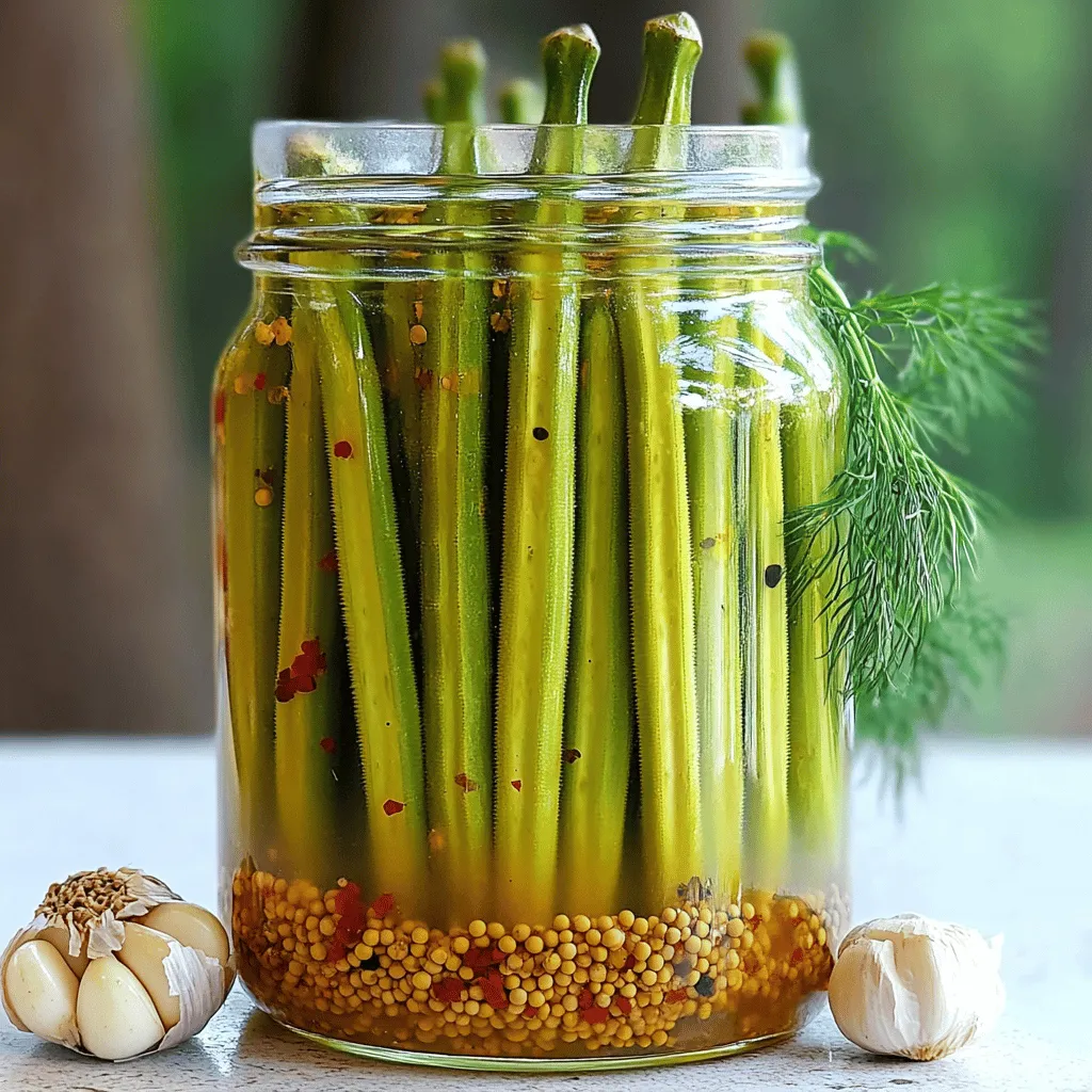 Für würzig eingelegte Okra benötigst du einige einfache, aber wichtige Zutaten. Diese Zutaten bringen den vollen Geschmack in dein Gericht: - 450 g frische Okra, gewaschen und die Stiele entfernt - 480 ml weißer Distillieressig - 240 ml Wasser - 3 Esslöffel Meersalz - 2 Esslöffel Zucker - 6 Knoblauchzehen, geschält und leicht zerdrückt - 1 Esslöffel Dill-Samen - 1 Esslöffel Senfkörner - 1 Teelöffel rote Pfefferflocken (nach Geschmack anpassen) - 1 Teelöffel schwarze Pfefferkörner Diese Zutaten sorgen für eine perfekte Balance zwischen Schärfe, Säure und Süße. Die frische Okra wird durch die würzige Lake knackig und aromatisch. Wenn du etwas Abwechslung suchst, kannst du einige Zutaten anpassen. Zum Beispiel: - Verwende Apfelessig statt weißem Essig. Das gibt einen fruchtigeren Geschmack. - Füge ein paar Scheiben frischen Ingwer hinzu. Ingwer bringt zusätzliche Schärfe und Gesundheit. - Ersetze Zucker durch Honig oder Agavendicksaft. Das gibt der Lake eine natürliche Süße. Diese Alternativen können den Geschmack deiner eingelegten Okra verändern und noch spannender machen. Experimentiere ruhig mit verschiedenen Kombinationen! Wenn du Wert auf Qualität legst, sind Bio-Zutaten oft die bessere Wahl. Bio-Okra enthält weniger Pestizide und hat einen intensiveren Geschmack. Auch bei den Gewürzen ist Bio empfehlenswert. Sie sind oft frischer und aromatischer. Konventionelle Zutaten sind jedoch auch in Ordnung. Achte nur darauf, dass sie frisch und von guter Qualität sind. Letztendlich hängt die Wahl von deinen persönlichen Vorlieben und deinem Budget ab. Die Zutaten sind entscheidend, um deine würzig eingelegte Okra richtig lecker zu machen. Du kannst die vollständige Anleitung im [Full Recipe] nachlesen. Zuerst waschen Sie die frische Okra gründlich. Entfernen Sie die Stiele, aber lassen Sie die Schoten ganz. Stellen Sie zwei große Gläser bereit. Sterilisieren Sie diese Gläser, indem Sie sie zehn Minuten in kochendem Wasser einweichen. Lassen Sie die Gläser danach abkühlen. Das sorgt dafür, dass Ihre Okra frisch bleibt. Nehmen Sie einen mittelgroßen Topf und geben Sie weißen Distillieressig, Wasser, Meersalz und Zucker hinein. Kochen Sie die Mischung bei mittlerer Hitze. Rühren Sie gut um, bis sich Salz und Zucker auflösen. Nehmen Sie den Topf vom Herd. Lassen Sie die Lake zehn Minuten abkühlen. Eine gut vorbereitete Lake ist der Schlüssel zu lecker eingelegter Okra. Jetzt wird es spannend! Schichten Sie die Okra in die sterilisierten Gläser. Fügen Sie in jedes Glas drei zerdrückte Knoblauchzehen, einen Esslöffel Dill-Samen, einen Esslöffel Senfkörner, rote Pfefferflocken und schwarze Pfefferkörner hinzu. Gießen Sie die abgekühlte Lake über die Okra, bis alles bedeckt ist. Lassen Sie einen kleinen Platz oben. Verschließen Sie die Gläser gut. Lassen Sie sie eine Stunde bei Zimmertemperatur abkühlen. Danach kommen die Gläser für mindestens 24 Stunden in den Kühlschrank. So intensivieren sich die Aromen. Die vollständige Rezeptur finden Sie in der Full Recipe. Ein häufiger Fehler beim Einlegen von Okra ist, die Gläser nicht richtig zu sterilisieren. Wenn die Gläser nicht sauber sind, können Bakterien die Okra verderben. Achte darauf, die Gläser mindestens 10 Minuten in kochendem Wasser einzuweichen. Ein weiterer Fehler ist, die Lake nicht ausreichend abzukühlen. Wenn die Lake zu heiß ist, kann sie die Okra weich machen. Lass die Lake also 10 Minuten abkühlen, bevor du sie über die Okra gießt. Die Schärfe der eingelegten Okra hängt stark von den roten Pfefferflocken ab. Wenn du es milder magst, reduziere die Menge der Flocken oder lasse sie ganz weg. Für mehr Schärfe, füge einfach mehr Pfefferflocken hinzu. Du kannst auch andere scharfe Gewürze verwenden, wie Cayennepfeffer oder frische Chilis, um die Schärfe nach deinem Geschmack anzupassen. Um Einmachgläser zu sterilisieren, benutze einen großen Topf mit kochendem Wasser. Stelle sicher, dass die Gläser vollständig eingetaucht sind. Lasse sie mindestens 10 Minuten im Wasser. Nach dem Sterilisieren, nimm die Gläser vorsichtig heraus und lasse sie auf einem sauberen Handtuch abkühlen. Vermeide es, die Innenseiten der Gläser zu berühren, um sie sauber zu halten. So bleiben deine würzig eingelegten Okra frisch und lecker! {{image_4}} Für eine süß-säuerliche Note, füge einfach mehr Zucker hinzu. Ein gutes Maß sind etwa 4 Esslöffel. Mische den Zucker gut in die Lake. Das bringt einen tollen Kontrast zur Schärfe der Okra. Du kannst auch einen Spritzer Honig verwenden. So wird das Ergebnis noch runder und süßer. Experimentiere mit dem Verhältnis, bis es für dich perfekt schmeckt. Du kannst die Gewürze nach deinem Geschmack anpassen. Füge zum Beispiel mehr Knoblauch hinzu, um einen stärkeren Geschmack zu bekommen. Auch Kümmel oder Lorbeerblätter sind eine gute Wahl. Wenn du es schärfer magst, nimm mehr rote Pfefferflocken. Achte darauf, die Gewürze gut zu verteilen, damit jede Okra gut gewürzt wird. So wird jede Biss ein Genuss. Das Rezept ist bereits vegan-freundlich. Du kannst jedoch auch andere Gemüsesorten verwenden. Karotten, Blumenkohl oder grüne Bohnen eignen sich gut. Achte darauf, die Garzeiten anzupassen. Sie variieren je nach Gemüse. So kannst du mit verschiedenen Aromen und Texturen spielen. Das macht dein Gericht noch interessanter. Probiere die Kombinationen aus und finde deinen Favoriten. Mit diesen Variationen kannst du deine würzig eingelegte Okra ganz nach deinem Geschmack anpassen. Wenn du mehr Ideen suchst, schau dir das Full Recipe an. Die Lagerung ist wichtig für den Geschmack Ihrer Okra. Bewahren Sie die Gläser im Kühlschrank auf. Kühle Temperaturen helfen, die Aromen zu bewahren. Stellen Sie sicher, dass die Gläser dicht sind. So bleibt die Okra frisch und lecker. Eingelegte Okra kann bis zu einem Monat haltbar sein. Nach dem Öffnen sollten Sie sie innerhalb von zwei Wochen essen. Achten Sie auf Veränderungen im Geruch oder Aussehen. Wenn etwas nicht stimmt, werfen Sie es weg. Genießen Sie die Okra als Snack oder Beilage. Die Lake ist nicht nur für die ersten Gläser gut. Sie können sie auch wiederverwenden. Fügen Sie einfach frische Okra hinzu. Das gibt neuen Geschmack. Kochen Sie die Lake vor der Verwendung kurz auf. So bleiben die Aromen frisch und lecker. Für das Rezept, schauen Sie sich die vollständige Anleitung an: [Full Recipe]. Eingelegte Okra hält sich gut. Sie können sie bis zu einem Jahr im Kühlschrank lagern. Achten Sie darauf, die Gläser gut zu verschließen. Überprüfen Sie die Okra regelmäßig auf Anzeichen von Schimmel oder schlechten Geruch. Wenn alles gut aussieht, können Sie sie sicher genießen. Fertige würzig eingelegte Okra finden Sie in vielen Supermärkten. Schauen Sie in der internationalen oder Gewürzabteilung. Online-Shops bieten auch eine Auswahl an eingelegten Produkten. Achten Sie auf die Zutatenliste, um die Qualität zu prüfen. Eingelegte Okra hat viele Vorteile. Sie ist reich an Ballaststoffen, die gut für die Verdauung sind. Okra enthält auch Vitamine wie C und K. Diese unterstützen Ihr Immunsystem und die Knochengesundheit. Zudem hat sie wenig Kalorien, was sie zu einem tollen Snack macht. Für das vollständige Rezept, schauen Sie sich die Anleitung an. Diese Anleitung hilft dir, würzig eingelegte Okra selbst zu machen. Wir haben die wichtigsten Zutaten, Schritte und Tipps behandelt. Außerdem hast du verschiedene Variationen kennengelernt, um deine Okra zu verfeinern. Achte auf die Lagerung, damit die Okra lange hält und gut schmeckt. Denke daran, dass du die Schärfe anpassen kannst, um es nach deinem Geschmack zu gestalten. Mit diesen Tipps kannst du schmackhafte eingelegte Okra immer wieder genießen. Viel Spaß beim Ausprobieren!