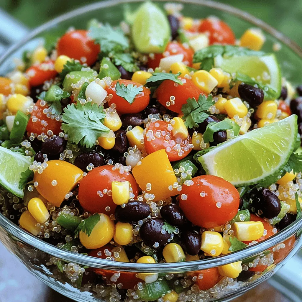 - Quinoa, Gemüsebrühe, schwarze Bohnen, Kirschtomaten, Mais, Paprika - Rote Zwiebel, frischer Koriander, Limettensaft, Olivenöl, Kreuzkümmel - Geräuchertes Paprikapulver, Salz und Pfeffer Um einen tollen Zesty Quinoa Black Bean Salad zu machen, brauchen Sie einige frische und gesunde Zutaten. Quinoa ist die Basis des Salats. Es ist ein vollwertiges Korn, das gut schmeckt und nährstoffreich ist. Für die Flüssigkeit verwenden wir Gemüsebrühe oder Wasser. Diese gibt den Quinoa noch mehr Geschmack. Die schwarzen Bohnen sind eine hervorragende Eiweißquelle. Sie machen den Salat sättigender und leckerer. Die Kirschtomaten bringen eine süße Note. Sie sind frisch und knackig. Mais fügt eine süße, knusprige Textur hinzu. Die Paprika gibt Farbe und zusätzliche Vitamine. Rote Zwiebel hat einen starken Geschmack, der den Salat aufpeppt. Frischer Koriander bringt ein schönes Aroma. Der Limettensaft macht das Ganze spritzig. Olivenöl sorgt für eine cremige Konsistenz. Kreuzkümmel und geräuchertes Paprikapulver geben dem Salat eine besondere Note. Vergessen Sie nicht Salz und Pfeffer, um die Aromen abzugleichen. Alle Zutaten sind einfach zu finden und gesund. Diese Mischung sorgt für einen bunten und nahrhaften Salat. Sie finden die vollständige Zubereitung im [Full Recipe]. Zuerst kochen wir die Quinoa. Nehmen Sie einen mittleren Topf und geben Sie die Quinoa und die Gemüsebrühe hinein. Stellen Sie den Herd auf hohe Hitze und bringen Sie die Mischung zum Kochen. Wenn es kocht, reduzieren Sie die Hitze. Decken Sie den Topf ab und lassen Sie die Quinoa 15 Minuten lang simmern. Ihre Quinoa ist fertig, wenn die Flüssigkeit aufgesogen ist und sie fluffig aussieht. Nehmen Sie den Topf vom Herd und lassen Sie die Quinoa abkühlen. Während die Quinoa abkühlt, bereiten wir das Dressing vor. In einer kleinen Schüssel kombinieren Sie den Saft von zwei Limetten, das Olivenöl, Kreuzkümmel, geräuchertes Paprikapulver, Salz und Pfeffer. Verquirlen Sie die Zutaten gut, bis sie gut vermischt sind. Dies gibt dem Dressing eine schöne Konsistenz und den besten Geschmack. Nun ist es Zeit, den Salat zusammenzustellen! Nehmen Sie eine große Schüssel und vermengen Sie die schwarzen Bohnen, die halbierten Kirschtomaten, den Mais, die gewürfelte Paprika, die rote Zwiebel und den gehackten Koriander. Sobald die Quinoa abgekühlt ist, lockern Sie sie mit einer Gabel auf und fügen Sie sie zur großen Schüssel hinzu. Gießen Sie das Dressing über den Salat und vermischen Sie alles gut. Schmecken Sie den Salat ab und fügen Sie bei Bedarf mehr Salz, Pfeffer oder Limettensaft hinzu. Lassen Sie den Salat mindestens 30 Minuten im Kühlschrank ruhen, damit sich die Aromen verbinden. Für das komplette Rezept, schauen Sie sich die [Full Recipe] an. Um Quinoa richtig zu garen, wasche sie gut. Das hilft, Bitterkeit zu vermindern. Spüle sie unter kaltem Wasser in einem feinen Sieb. So entfernst du die Saponine, die bitter schmecken. Koche die Quinoa in Gemüsebrühe für mehr Geschmack. Lasse sie 15 Minuten köcheln. Danach nimm sie vom Herd und lasse sie abkühlen. Vermeide, dass die Quinoa klebrig wird. Achte darauf, das Wasser im richtigen Verhältnis zu verwenden. Ein Teil Quinoa braucht zwei Teile Flüssigkeit. Das Dressing kann viel Geschmack bringen. Du kannst frische Kräuter wie Petersilie oder Basilikum hinzufügen. Diese Kräuter geben dem Salat eine neue Note. Wenn du es scharf magst, füge etwas Chili hinzu. Für eine süßere Note probiere Honig oder Agavendicksaft. Dies gibt dem Dressing eine interessante Tiefe. Variiere die Gewürze nach deinem Geschmack. So passt das Dressing zu deinem Stil. Präsentiere den Salat in einer klaren Glasschüssel. So kommen die bunten Zutaten gut zur Geltung. Garnieren mit frischem Koriander und Limettenspalten sieht toll aus. Serviere den Salat kalt. Er schmeckt auch gut mit Tortilla-Chips oder einer Avocado. Du kannst ihn auch zu gegrilltem Fleisch oder Fisch reichen. Der Salat ist vielseitig und passt zu vielen Gerichten. Ein schöner Tisch macht das Essen zu einem Fest. {{image_4}} Fügen Sie Avocado oder Jalapeños für mehr Geschmack hinzu. Feta-Käse gibt einen salzigen Kick. Diese Zutaten machen den Salat noch bunter und leckerer. Sie können auch saisonales Gemüse wie Spargel oder Radieschen hinzufügen. So bleibt der Salat frisch und spannend. Quinoa ist eine großartige glutenfreie Option. Es hat viel Protein und Ballaststoffe. Sie können auch andere glutenfreie Zutaten wie Bohnen oder Mais verwenden. So bleibt Ihr Salat lecker und gesund, ohne Gluten. Für vegane Ernährungsweisen empfehle ich, Feta-Käse einfach wegzulassen. Stattdessen können Sie geröstete Kichererbsen oder Nüsse hinzufügen. Diese geben dem Salat mehr Eiweiß und Textur. Das macht den Zesty Quinoa Black Bean Salad noch nahrhafter und sättigender. Wie lange bleibt der Salat frisch? Der Zesty Quinoa Black Bean Salad bleibt im Kühlschrank bis zu drei Tage frisch. Lagern Sie den Salat in einem luftdichten Behälter. So bleibt er knackig und lecker. Hinweise zur optimalen Aufbewahrung: Stellen Sie sicher, dass der Salat vollständig abgekühlt ist, bevor Sie ihn in den Kühlschrank stellen. Vermeiden Sie es, ihn mit Dressing zu vermengen, wenn Sie ihn aufbewahren. Das hält die Zutaten frisch und verhindert, dass sie matschig werden. Tipps zur Vorbereitung für Meal Prep: Sie können die Quinoa und das Gemüse im Voraus zubereiten. Lagern Sie alles getrennt, um die Frische zu erhalten. Mischen Sie die Zutaten erst kurz vor dem Servieren. Fragen zur Geschmacksentwicklung über Nacht: Der Salat schmeckt besser, wenn er über Nacht im Kühlschrank steht. Die Aromen können sich so gut vermischen und intensivieren. Ist das Einfrieren möglich? Ja, das Einfrieren ist möglich, aber nicht ideal für diesen Salat. Die Textur der Bohnen und des Gemüses kann sich verändern. Richtige Technik für das Einfrieren von Salaten: Wenn Sie den Salat einfrieren möchten, lassen Sie das Dressing weg. Portionieren Sie den Salat in einem luftdichten Behälter und frieren Sie ihn ein. Lassen Sie den Salat im Kühlschrank auftauen, bevor Sie ihn essen. Der Zesty Quinoa Black Bean Salad hat etwa 250 Kalorien pro Portion. Diese Zahl kann leicht variieren, abhängig von den genauen Zutaten, die du verwendest. Hier sind die Nährwertinformationen für eine Portion: - Kalorien: 250 - Fett: 9 g - Kohlenhydrate: 36 g - Eiweiß: 9 g Dieser Salat ist nahrhaft und sättigend. Er bietet viele Ballaststoffe und Proteine. Diese Nährstoffe sind wichtig für eine ausgewogene Ernährung. Ja, du kannst diesen Salat im Voraus zubereiten. Tatsächlich schmeckt er nach ein paar Stunden im Kühlschrank noch besser. Bereite ihn bis zu einem Tag vorher zu. Lagere ihn in einem luftdichten Behälter. So bleiben die Zutaten frisch. Die Zubereitungszeit beträgt etwa 15 Minuten. Lasse den Salat dann mindestens 30 Minuten im Kühlschrank. So vermischen sich die Aromen gut. Dieser Salat passt gut zu vielen Beilagen. Hier sind einige Vorschläge: - Gegrilltes Hühnchen: Es ergänzt die Aromen des Salats. - Lachs: Der Fisch bringt gesunde Fette mit. - Avocado: Sie fügt Cremigkeit hinzu und ist sehr nahrhaft. - Tortilla Chips: Sie bieten einen tollen Crunch und machen Spaß. Diese Beilagen machen dein Gericht noch köstlicher und ausgewogener. Der Zesty Quinoa Black Bean Salad ist einfach zuzubereiten und voller Geschmack. Wir haben die besten Zutaten und eine Schritt-für-Schritt-Anleitung betrachtet. Tipps zur perfekten Zubereitung machen das Gericht noch besser. Variationen helfen, den Salat an deine Vorlieben anzupassen. Aufbewahrungsmöglichkeiten sorgen dafür, dass der Salat frisch bleibt. Jetzt kannst du einen nahrhaften und vielseitigen Salat genießen, der toll aussieht und schmeckt. Schneide, mische und genieße!