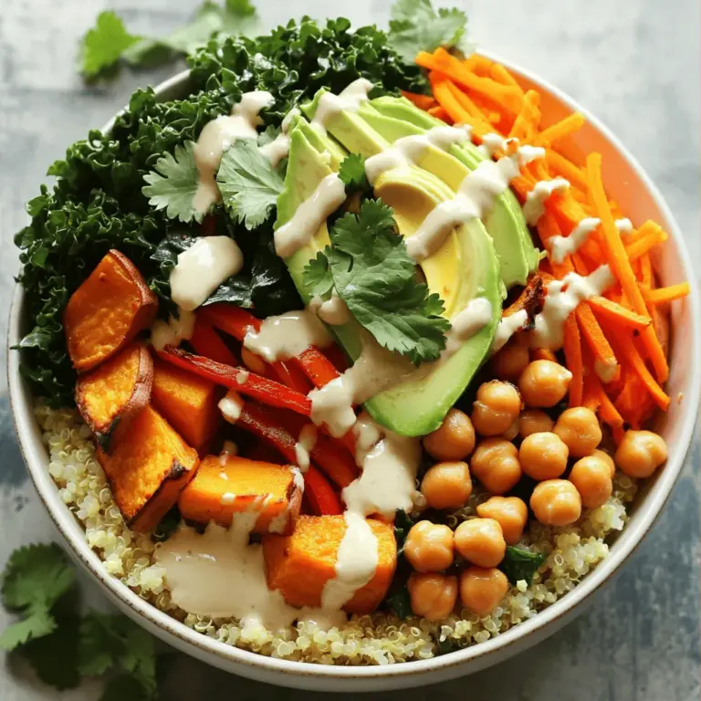 Um eine köstliche Rainbow Grain-Free Buddha Bowl zu machen, benötigst du: - 1 Tasse Blumenkohlreis - 1 Tasse gekochte Quinoa (oder schwarze Reis) - 1 kleine Süßkartoffel, gewürfelt - 1 Tasse Grünkohl, grob gehackt - 1 Tasse Kichererbsen, abgetropft und abgespült - 1 rote Paprika, in Streifen geschnitten - 1 Avocado, in Scheiben geschnitten - 1 Karotte, gerieben - 1 Esslöffel Olivenöl - 1 Teelöffel geräuchertes Paprikapulver - 1 Teelöffel Knoblauchpulver - Salz und schwarzer Pfeffer nach Geschmack - 2 Esslöffel Tahini - 1 Esslöffel Zitronensaft - Frischer Koriander oder Petersilie zur Garnitur Wenn du einige Zutaten nicht hast, kannst du sie leicht ersetzen: - Blumenkohlreis kann durch Zucchini-Nudeln ersetzt werden. - Quinoa kann durch Hirse oder Amaranth ersetzt werden. - Grünkohl kann durch Spinat oder Mangold ersetzt werden. - Kichererbsen können durch schwarze Bohnen oder Linsen ersetzt werden. - Avocado kann durch Hummus oder Nussbutter ersetzt werden. Diese Buddha Bowl bietet viele Nährstoffe: - Sie enthält Ballaststoffe von Gemüse und Hülsenfrüchten. - Die Avocado liefert gesunde Fette. - Quinoa und Kichererbsen bieten pflanzliches Protein. - Das Gericht ist bunt und enthält viele Vitamine. Diese Kombination macht die Rainbow Grain-Free Buddha Bowl zu einer nahrhaften und leckeren Mahlzeit. Die Farben und Texturen machen das Essen noch spannender. Du findest die vollständige Zubereitung in der [Full Recipe]. Zuerst heizen wir den Ofen auf 200°C vor. Dies ist wichtig, damit die Süßkartoffeln und Kichererbsen schön knusprig werden. Dann bereiten wir das Gemüse vor. Schneide die Süßkartoffel in kleine Würfel und die rote Paprika in Streifen. Das macht das Essen bunter und hübscher. Vergiss nicht, auch den Grünkohl grob zu hacken. Er bringt ein tolles Grün in die Schüssel. Jetzt verteilen wir die gewürfelte Süßkartoffel und die Kichererbsen auf einem Backblech. Beträufle sie mit Olivenöl, geräuchertem Paprikapulver, Knoblauchpulver, Salz und Pfeffer. Diese Gewürze geben den Zutaten viel Geschmack. Röste die Mischung 20 bis 25 Minuten im Ofen. Achte darauf, dass die Süßkartoffeln weich sind und leicht karamellisiert. Während das Gemüse röstet, erhitze eine Pfanne auf mittlerer Hitze. Füge den gehackten Grünkohl hinzu und einen Schuss Wasser. Brate ihn 3 bis 5 Minuten, bis er verwelkt ist. Vergiss nicht, mit Salz und Pfeffer abzuschmecken. Jetzt kommt der Spaß! Nimm eine große Schüssel und lege eine Basis aus Blumenkohlreis und gekochter Quinoa. Diese beiden Zutaten machen die Bowl nahrhaft. Arrangiere die gerösteten Süßkartoffeln und Kichererbsen schön auf der Quinoa. Füge dann den sautierten Grünkohl, die geschnittene rote Paprika, die Avocadoscheiben und die geriebene Karotte hinzu. Das sieht einfach toll aus! Bereite nun das Dressing vor. Mische das Tahini mit Zitronensaft und einer Prise Salz in einer kleinen Schüssel. Wenn es zu dick ist, füge einen Teelöffel Wasser hinzu. Beträufle die Buddha Bowl mit dem Dressing und garniere sie mit frischem Koriander oder Petersilie. Du hast jetzt eine bunte, nahrhafte Mahlzeit, die nicht nur lecker aussieht, sondern auch gesund ist. Für das gesamte Rezept schaue dir die [Full Recipe] an. Um die Süßkartoffeln perfekt zu rösten, schneide sie in gleichmäßige Würfel. Das sorgt für eine gleichmäßige Garung. Heize den Ofen auf 200°C vor. Lege die Süßkartoffeln und Kichererbsen auf ein Backblech. Beträufle sie mit Olivenöl, geräuchertem Paprikapulver, Knoblauchpulver, Salz und Pfeffer. Röste sie 20-25 Minuten. Achte darauf, sie einmal zu wenden. Sie sollten weich und leicht karamellisiert sein. Füge verschiedene Zutaten hinzu, um die Nährstoffe zu erhöhen. Zum Beispiel, probiere Spinat oder Mangold statt Grünkohl. Auch Brokkoli passt gut. Du kannst auch Samen wie Chia oder Leinsamen einstreuen. Diese bieten gesunde Fette und Ballaststoffe. Fühle dich frei, kreativ zu sein und deine Lieblingsgemüse zu verwenden. Ein gutes Dressing macht einen großen Unterschied. Das Tahini-Dressing ist einfach und lecker. Du kannst auch Joghurt oder Avocado-Dressing verwenden. Mische dazu einen Spritzer Zitronensaft und etwas Knoblauch. Für mehr Würze füge Chili oder Senf hinzu. Diese Dips geben deiner Buddha Bowl einen extra Kick. Probiere verschiedene Kombinationen, um deinen Favoriten zu finden. {{image_4}} Wenn du deine Buddha Bowl proteinreich machen möchtest, gibt es viele Optionen. Du kannst Hülsenfrüchte wie Linsen oder schwarze Bohnen hinzufügen. Beide sind gut für deinen Körper. Auch Tofu oder Tempeh sind tolle Ergänzungen. Diese Proteinquellen machen deine Mahlzeit noch nahrhafter und sättigender. Du kannst sie einfach anbraten oder im Ofen rösten. So kannst du sie einfach in die Bowl einfügen. Die Vielfalt der Gemüse- und Obstkombinationen ist groß. Du kannst zum Beispiel Zucchini, Brokkoli oder Spinat verwenden. Diese Gemüsesorten bringen Farbe und Geschmack. Auch Früchte wie Mango oder Granatapfelkerne passen gut. Sie fügen Süße und einen schönen Kontrast hinzu. Experimentiere mit verschiedenen Texturen und Farben. So bleibt deine Buddha Bowl spannend und lecker. Nutze saisonale Zutaten für mehr Frische und Geschmack. Im Frühling sind Spargel und Erbsen toll. Im Sommer kannst du Tomaten und Paprika verwenden. Im Herbst sind Kürbis und Rosenkohl ideal. Im Winter bieten sich Wurzelgemüse wie Karotten und Rüben an. Saisonale Zutaten sind oft günstiger und gesünder. So kannst du deine Bowl das ganze Jahr über anpassen und neu gestalten. Für das komplette Rezept, schau dir die Regenbogen Buddha Bowl ohne Getreide an. Die Reste dieser Buddha Bowl sind einfach aufzubewahren. Am besten verwendest du luftdichte Behälter. Teile die Bowl in die einzelnen Komponenten auf. So bleiben die Aromen frisch. Lagere die Reste im Kühlschrank. Dort halten sie sich bis zu drei Tage. Du kannst die Reste kreativ nutzen. Verwende den Blumenkohlreis in einem Omelett. Kichererbsen passen gut in Salate oder Wraps. Die Süßkartoffeln lassen sich auch pürieren. So erhältst du eine leckere Beilage. Im Kühlschrank bleiben die Reste frisch für drei Tage. Wenn du sie länger aufbewahren möchtest, friere sie ein. Im Gefrierfach halten sie bis zu drei Monate. Achte darauf, die Zutaten gut zu verpacken. So vermeidest du Gefrierbrand. Wenn du bereit bist, sie zu essen, taue sie im Kühlschrank auf. Dann kannst du sie schnell aufwärmen und genießen. Eine Buddha Bowl ist eine gesunde, bunte Mahlzeit. Sie besteht aus verschiedenen Zutaten. Typischerweise sehen wir Gemüse, Proteine und gesunde Fette. Diese Schalen sind oft in einer schönen Anordnung platziert. Das macht sie ansprechend und lecker. Sie sind perfekt für eine ausgewogene Ernährung, da sie viele Nährstoffe bieten. Ja, diese Buddha Bowl ist vegan. Sie enthält keine tierischen Produkte. Stattdessen nutzen wir pflanzliche Zutaten. Zum Beispiel verwenden wir Kichererbsen und Gemüse. Das Tahini-Dressing ist ebenfalls pflanzlich. Diese Bowl ist ideal für alle, die eine vegane Ernährung suchen. Ja, Sie können die Zutaten nach Ihrem Geschmack ändern. Fühlen Sie sich frei, verschiedene Gemüse zu wählen. Zum Beispiel können Sie Brokkoli oder Zucchini hinzufügen. Auch die Proteine können variieren. Statt Kichererbsen können Sie Tofu oder Linsen verwenden. So bleibt Ihre Buddha Bowl spannend und frisch. Lassen Sie Ihrer Kreativität freien Lauf und probieren Sie neue Kombinationen aus! Die Buddha Bowl ist einfach zuzubereiten und voller Nährstoffe. Wir haben die Zutaten, die Zubereitung, sowie hilfreiche Tipps und Variationen besprochen. Achten Sie auf die Lagerung der Reste und nutzen Sie diese in anderen Gerichten. Diese Schüsseln bieten viele Möglichkeiten und sind perfekt für jede Mahlzeit. Experimentieren Sie mit verschiedenen Aromen und Zutaten. So machen Sie jedes Mal eine neue, gesunde und leckere Bowl. Viel Spaß beim Ausprobieren der Rezepte!