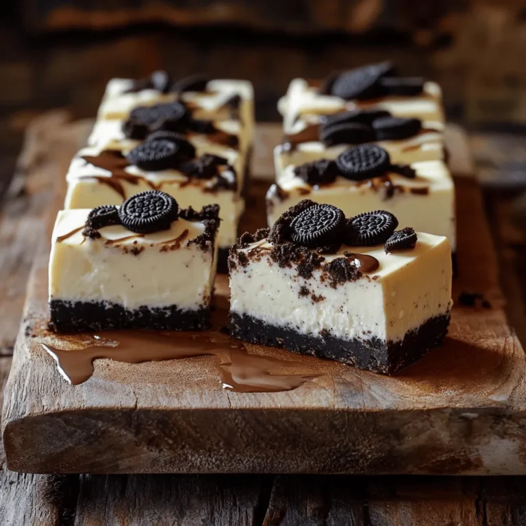 - 24 Oreo-Kekse, zerdrückt - 4 Esslöffel ungesalzene Butter, geschmolzen - 450 g Frischkäse, weich Die Hauptzutaten sind einfach und lecker. Die zerdrückten Oreo-Kekse bilden den Basisboden. Ich liebe, wie die geschmolzene Butter die Krümel zusammenhält. Der Frischkäse macht die Füllung schön cremig und reichhaltig. - 125 g Puderzucker - 1 Teelöffel Vanilleextrakt Der Puderzucker gibt der Füllung die richtige Süße. Ich empfehle, den Zucker nach und nach hinzuzufügen. Das hilft, Klumpen zu vermeiden. Der Vanilleextrakt fügt einen tollen Geschmack hinzu. Er hebt die Aromen und macht die Bars noch besser. - 240 ml Schlagsahne - 12 Oreo-Kekse, grob gehackt - Zusätzliche Oreo-Kekse für die Garnitur Die Schlagsahne macht die Füllung luftig und leicht. Achte darauf, sie gut aufzuschlagen, bis steife Spitzen entstehen. Die grob gehackten Oreo-Kekse bringen einen tollen Crunch. Zum Schluss kannst du die zusätzlichen Kekse als Garnitur verwenden. Es sieht schön aus und schmeckt köstlich! Wenn du mehr über die Zubereitung erfahren möchtest, schau dir das [Full Recipe] an. - Schritt 1: Vorbereitung der Keks-Bodenbasis Beginne mit 24 zerdrückten Oreo-Keksen. Mische sie mit 4 Esslöffeln geschmolzener Butter. Rühre, bis die Krümel gut bedeckt sind. Drücke die Mischung in eine Backform. Achte darauf, dass der Boden fest und gleichmäßig ist. - Schritt 2: Kühlen der Kruste Stelle die Backform für 15 Minuten in den Kühlschrank. Das hilft, die Kruste hart zu machen. So bleibt sie beim Schneiden stabil. - Schritt 3: Frischkäse-Mischung anrühren Nimm 450 Gramm weichen Frischkäse. Rühre ihn in einer großen Schüssel glatt. Füge nach und nach 125 Gramm Puderzucker und 1 Teelöffel Vanilleextrakt hinzu. Rühre weiter, bis alles gut vermischt ist. - Schritt 4: Schlagsahne zubereiten und unterheben Schlage 240 Milliliter Schlagsahne, bis sie steife Spitzen hat. Hebe die Schlagsahne vorsichtig unter die Frischkäsemischung. Sei sanft, damit die Füllung luftig bleibt. - Schritt 5: Oreo-Stücke einmengen Nimm 12 grob gehackte Oreo-Kekse und mische sie unter die Käsemischung. So bekommst du leckere Stücke in jedem Biss. - Schritt 6: Füllung gleichmäßig verteilen und kühlen Verteile die Füllung gleichmäßig über die gekühlte Kruste. Glätte die Oberfläche mit einem Teigschaber. Decke die Bars ab und stelle sie für mindestens 4 Stunden in den Kühlschrank. Sie müssen fest werden, bevor du sie servierst. Für mehr Details schau dir das [Full Recipe] an. Die Kruste ist wichtig für den Geschmack. Um die beste Konsistenz zu erreichen, benutze genau die richtige Menge Butter. Sie sollte die Keksstücke gut binden. Drücke die Mischung fest in die Form, damit sie stabil bleibt. Du kannst auch andere Keksvarianten verwenden. Versuche, Schokoladenkekse oder Vollkornkekse. Diese geben dem Ganzen einen neuen Kick. Die Füllung macht das Dessert besonders lecker. Du kannst neue Aromen hinzufügen, wie Schokolade oder Zitrone. Diese verändern den Geschmack und machen die Bars spannend. Auch die Süße lässt sich anpassen. Wenn du es weniger süß magst, reduziere den Puderzucker. Probiere es einfach aus, um deinen eigenen Geschmack zu finden. Die Präsentation macht viel aus. Richte die Bars auf einem schönen Teller an. Du kannst sie mit Schokoladensoße und zerdrückten Oreos garnieren. Das sieht nicht nur gut aus, sondern schmeckt auch fantastisch. Kombiniere die Bars mit anderen Desserts. Sie passen gut zu Eis oder frischen Früchten. So wirst du sicher viele Gäste begeistern. Für das vollständige Rezept schau dir die [Full Recipe] an. {{image_4}} Für eine schokoladige Note kannst du einen Schokoladen-Keksboden erstellen. Zerdrücke einfach Schokoladenkekse statt der Oreo-Kekse. Das gibt deiner Bar einen intensiven Schokoladengeschmack. Du kannst auch zusätzliche Schokolade in der Füllung hinzufügen. Schmelze dunkle Schokolade und rühre sie in die Käsemischung ein. Das macht die Füllung reichhaltiger und cremiger. Hast du Lust auf etwas Fruchtiges? Füge pürierte Früchte wie Erdbeeren oder Himbeeren zur Käsemischung hinzu. Das sorgt für einen schönen Farbkontrast und fruchtigen Geschmack. Du kannst auch Fruchtsoßen als Garnitur verwenden. Ein Klecks Erdbeersoße obenauf macht die Bars noch ansprechender. So kombinierst du die süßen und fruchtigen Aromen perfekt. Wenn du eine vegane Option möchtest, kannst du die Milchprodukte durch pflanzliche Varianten ersetzen. Nutze veganen Frischkäse und Kokoscreme statt Sahne. Auch die Süßungsmittel kannst du anpassen. Verwende Agavendicksaft oder Kokoszucker, um die Bars süß zu machen. So erhältst du eine leckere und tierfreundliche Dessert-Alternative. Denke daran, dass jede Variante einen eigenen Charakter hat. Experimentiere und finde deine Lieblingsversion! Für das vollständige Rezept schau dir [Full Recipe] an. Um die No-Bake Oreo Cheesecake Bars frisch zu halten, lege sie in einen luftdichten Behälter. So bleiben sie lecker und die Aromen bleiben erhalten. Die Bars sind im Kühlschrank bis zu fünf Tage haltbar. Achte darauf, sie gut abzudecken, damit sie keine anderen Gerüche annehmen. Wenn du die Bars länger aufbewahren möchtest, kannst du sie einfrieren. Schneide die Bars in Stücke und lege sie in einen gefrierfesten Behälter. Trenne die Schichten mit Backpapier, damit sie nicht aneinander kleben. Um die Bars aufzutauen, lege sie über Nacht in den Kühlschrank. Vor dem Servieren kannst du sie kurz bei Raumtemperatur stehen lassen. Um die perfekte Konsistenz zu bewahren, achte darauf, die Bars nicht zu lange im Kühlschrank zu lassen. Wenn sie zu kalt sind, können sie brüchig werden. Vermeide auch, sie in einer feuchten Umgebung zu lagern. So bleiben die Bars cremig und köstlich. Die No-Bake Oreo Cheesecake Bars sind im Kühlschrank etwa 4 bis 5 Tage haltbar. Achte darauf, sie gut verpackt zu lagern. Du kannst sie auch einfrieren. In der Gefriertruhe bleiben sie bis zu 3 Monate frisch. Achte darauf, die Bars in einem luftdichten Behälter zu lagern. Ja, du kannst die Bars glutenfrei machen. Ersetze die Oreo-Kekse durch glutenfreie Kekse. Achte darauf, auch die Butter und den Frischkäse zu überprüfen. Viele Marken bieten glutenfreie Alternativen an. So kannst du die Bars genießen, ohne auf den Geschmack zu verzichten. Du kannst viele Toppings für deine Bars nutzen. Zerdrückte Oreo-Kekse sind eine einfache Wahl. Frische Früchte wie Himbeeren oder Erdbeeren verleihen einen frischen Geschmack. Schokoladensoße oder Karamellsoße machen die Bars noch leckerer. Sei kreativ mit deiner Dekoration! Diese Anleitung zu No-Bake Oreo Cheesecake Bars deckt alles ab. Sie bietet die besten Zutaten, Schritt-für-Schritt-Anleitungen und wertvolle Tipps. Experimentiere mit Variationen und finde deine Lieblingsversion. Denke daran, die Bars richtig zu lagern, um die perfekte Konsistenz zu erhalten. Egal, ob für einen besonderen Anlass oder einfach so, diese Bars sind immer eine leckere Wahl. Viel Spaß beim Zubereiten und Genießen!