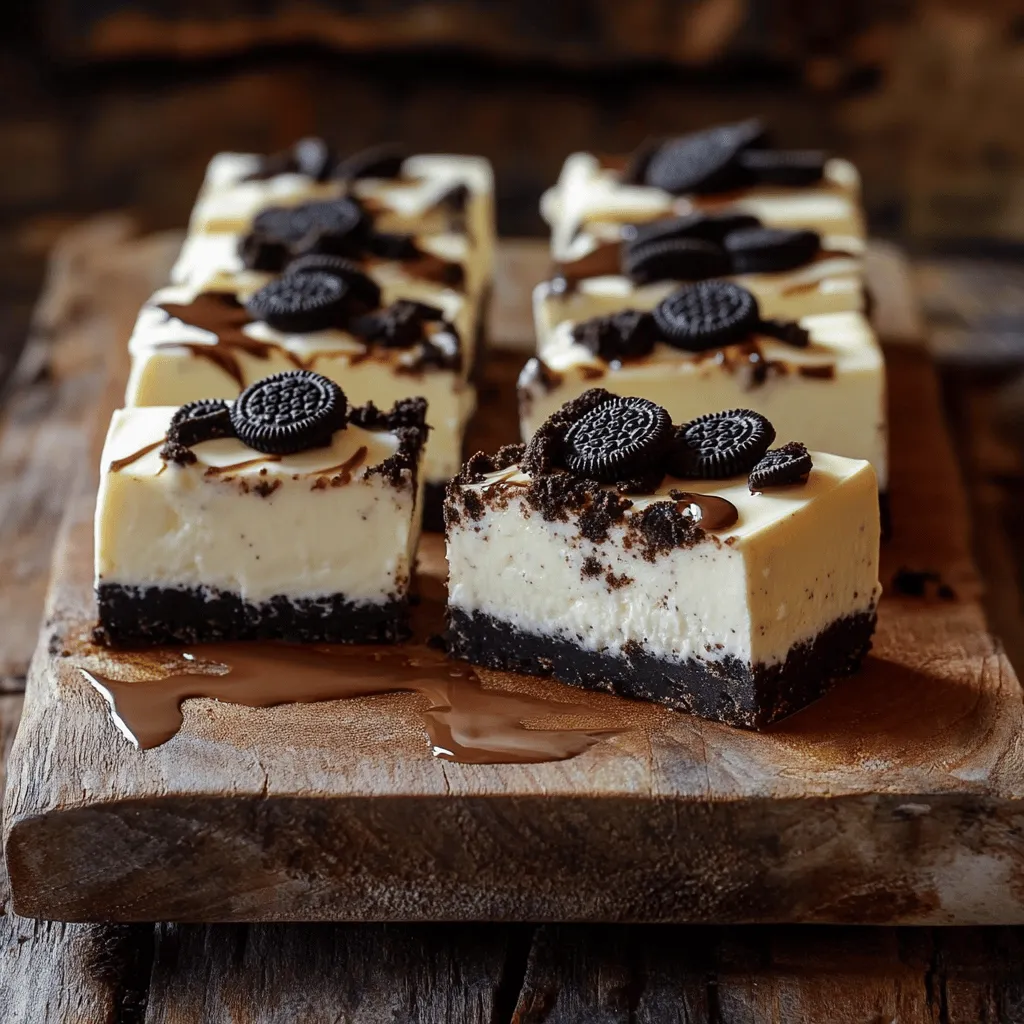 - 24 Oreo-Kekse, zerdrückt - 4 Esslöffel ungesalzene Butter, geschmolzen - 450 g Frischkäse, weich Die Hauptzutaten sind einfach und lecker. Die zerdrückten Oreo-Kekse bilden den Basisboden. Ich liebe, wie die geschmolzene Butter die Krümel zusammenhält. Der Frischkäse macht die Füllung schön cremig und reichhaltig. - 125 g Puderzucker - 1 Teelöffel Vanilleextrakt Der Puderzucker gibt der Füllung die richtige Süße. Ich empfehle, den Zucker nach und nach hinzuzufügen. Das hilft, Klumpen zu vermeiden. Der Vanilleextrakt fügt einen tollen Geschmack hinzu. Er hebt die Aromen und macht die Bars noch besser. - 240 ml Schlagsahne - 12 Oreo-Kekse, grob gehackt - Zusätzliche Oreo-Kekse für die Garnitur Die Schlagsahne macht die Füllung luftig und leicht. Achte darauf, sie gut aufzuschlagen, bis steife Spitzen entstehen. Die grob gehackten Oreo-Kekse bringen einen tollen Crunch. Zum Schluss kannst du die zusätzlichen Kekse als Garnitur verwenden. Es sieht schön aus und schmeckt köstlich! Wenn du mehr über die Zubereitung erfahren möchtest, schau dir das [Full Recipe] an. - Schritt 1: Vorbereitung der Keks-Bodenbasis Beginne mit 24 zerdrückten Oreo-Keksen. Mische sie mit 4 Esslöffeln geschmolzener Butter. Rühre, bis die Krümel gut bedeckt sind. Drücke die Mischung in eine Backform. Achte darauf, dass der Boden fest und gleichmäßig ist. - Schritt 2: Kühlen der Kruste Stelle die Backform für 15 Minuten in den Kühlschrank. Das hilft, die Kruste hart zu machen. So bleibt sie beim Schneiden stabil. - Schritt 3: Frischkäse-Mischung anrühren Nimm 450 Gramm weichen Frischkäse. Rühre ihn in einer großen Schüssel glatt. Füge nach und nach 125 Gramm Puderzucker und 1 Teelöffel Vanilleextrakt hinzu. Rühre weiter, bis alles gut vermischt ist. - Schritt 4: Schlagsahne zubereiten und unterheben Schlage 240 Milliliter Schlagsahne, bis sie steife Spitzen hat. Hebe die Schlagsahne vorsichtig unter die Frischkäsemischung. Sei sanft, damit die Füllung luftig bleibt. - Schritt 5: Oreo-Stücke einmengen Nimm 12 grob gehackte Oreo-Kekse und mische sie unter die Käsemischung. So bekommst du leckere Stücke in jedem Biss. - Schritt 6: Füllung gleichmäßig verteilen und kühlen Verteile die Füllung gleichmäßig über die gekühlte Kruste. Glätte die Oberfläche mit einem Teigschaber. Decke die Bars ab und stelle sie für mindestens 4 Stunden in den Kühlschrank. Sie müssen fest werden, bevor du sie servierst. Für mehr Details schau dir das [Full Recipe] an. Die Kruste ist wichtig für den Geschmack. Um die beste Konsistenz zu erreichen, benutze genau die richtige Menge Butter. Sie sollte die Keksstücke gut binden. Drücke die Mischung fest in die Form, damit sie stabil bleibt. Du kannst auch andere Keksvarianten verwenden. Versuche, Schokoladenkekse oder Vollkornkekse. Diese geben dem Ganzen einen neuen Kick. Die Füllung macht das Dessert besonders lecker. Du kannst neue Aromen hinzufügen, wie Schokolade oder Zitrone. Diese verändern den Geschmack und machen die Bars spannend. Auch die Süße lässt sich anpassen. Wenn du es weniger süß magst, reduziere den Puderzucker. Probiere es einfach aus, um deinen eigenen Geschmack zu finden. Die Präsentation macht viel aus. Richte die Bars auf einem schönen Teller an. Du kannst sie mit Schokoladensoße und zerdrückten Oreos garnieren. Das sieht nicht nur gut aus, sondern schmeckt auch fantastisch. Kombiniere die Bars mit anderen Desserts. Sie passen gut zu Eis oder frischen Früchten. So wirst du sicher viele Gäste begeistern. Für das vollständige Rezept schau dir die [Full Recipe] an. {{image_4}} Für eine schokoladige Note kannst du einen Schokoladen-Keksboden erstellen. Zerdrücke einfach Schokoladenkekse statt der Oreo-Kekse. Das gibt deiner Bar einen intensiven Schokoladengeschmack. Du kannst auch zusätzliche Schokolade in der Füllung hinzufügen. Schmelze dunkle Schokolade und rühre sie in die Käsemischung ein. Das macht die Füllung reichhaltiger und cremiger. Hast du Lust auf etwas Fruchtiges? Füge pürierte Früchte wie Erdbeeren oder Himbeeren zur Käsemischung hinzu. Das sorgt für einen schönen Farbkontrast und fruchtigen Geschmack. Du kannst auch Fruchtsoßen als Garnitur verwenden. Ein Klecks Erdbeersoße obenauf macht die Bars noch ansprechender. So kombinierst du die süßen und fruchtigen Aromen perfekt. Wenn du eine vegane Option möchtest, kannst du die Milchprodukte durch pflanzliche Varianten ersetzen. Nutze veganen Frischkäse und Kokoscreme statt Sahne. Auch die Süßungsmittel kannst du anpassen. Verwende Agavendicksaft oder Kokoszucker, um die Bars süß zu machen. So erhältst du eine leckere und tierfreundliche Dessert-Alternative. Denke daran, dass jede Variante einen eigenen Charakter hat. Experimentiere und finde deine Lieblingsversion! Für das vollständige Rezept schau dir [Full Recipe] an. Um die No-Bake Oreo Cheesecake Bars frisch zu halten, lege sie in einen luftdichten Behälter. So bleiben sie lecker und die Aromen bleiben erhalten. Die Bars sind im Kühlschrank bis zu fünf Tage haltbar. Achte darauf, sie gut abzudecken, damit sie keine anderen Gerüche annehmen. Wenn du die Bars länger aufbewahren möchtest, kannst du sie einfrieren. Schneide die Bars in Stücke und lege sie in einen gefrierfesten Behälter. Trenne die Schichten mit Backpapier, damit sie nicht aneinander kleben. Um die Bars aufzutauen, lege sie über Nacht in den Kühlschrank. Vor dem Servieren kannst du sie kurz bei Raumtemperatur stehen lassen. Um die perfekte Konsistenz zu bewahren, achte darauf, die Bars nicht zu lange im Kühlschrank zu lassen. Wenn sie zu kalt sind, können sie brüchig werden. Vermeide auch, sie in einer feuchten Umgebung zu lagern. So bleiben die Bars cremig und köstlich. Die No-Bake Oreo Cheesecake Bars sind im Kühlschrank etwa 4 bis 5 Tage haltbar. Achte darauf, sie gut verpackt zu lagern. Du kannst sie auch einfrieren. In der Gefriertruhe bleiben sie bis zu 3 Monate frisch. Achte darauf, die Bars in einem luftdichten Behälter zu lagern. Ja, du kannst die Bars glutenfrei machen. Ersetze die Oreo-Kekse durch glutenfreie Kekse. Achte darauf, auch die Butter und den Frischkäse zu überprüfen. Viele Marken bieten glutenfreie Alternativen an. So kannst du die Bars genießen, ohne auf den Geschmack zu verzichten. Du kannst viele Toppings für deine Bars nutzen. Zerdrückte Oreo-Kekse sind eine einfache Wahl. Frische Früchte wie Himbeeren oder Erdbeeren verleihen einen frischen Geschmack. Schokoladensoße oder Karamellsoße machen die Bars noch leckerer. Sei kreativ mit deiner Dekoration! Diese Anleitung zu No-Bake Oreo Cheesecake Bars deckt alles ab. Sie bietet die besten Zutaten, Schritt-für-Schritt-Anleitungen und wertvolle Tipps. Experimentiere mit Variationen und finde deine Lieblingsversion. Denke daran, die Bars richtig zu lagern, um die perfekte Konsistenz zu erhalten. Egal, ob für einen besonderen Anlass oder einfach so, diese Bars sind immer eine leckere Wahl. Viel Spaß beim Zubereiten und Genießen!