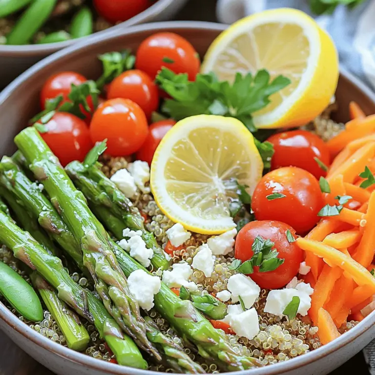 - 1 Tasse Quinoa, gründlich gewaschen - 2 Tassen Gemüsebrühe - 1 Tasse Spargel, an den Enden beschnitten und in 5 cm lange Stücke geschnitten - 1 Tasse Kirschtomaten, halbiert - 1 Tasse Zuckerschoten, beschnitten - 1 Karotte, in feine Streifen geschnitten - 1 rote Paprika, gewürfelt - ½ Tasse frische Petersilie, fein gehackt - 2 Esslöffel Olivenöl - Saft von 1 Zitrone - 1 Teelöffel Knoblauchpulver - Salz und Pfeffer nach Geschmack - Optional: ¼ Tasse Feta-Käse, zerbröckelt (für vegane Option weglassen) Quinoa ist eine tolle Proteinquelle. Sie enthält alle neun wichtigen Aminosäuren. Das macht sie ideal für eine gesunde Ernährung. Spargel hat viele Vitamine, besonders Vitamin K. Kirschtomaten sind reich an Antioxidantien und helfen beim Schutz der Zellen. Zuckerschoten bieten Ballaststoffe, die gut für die Verdauung sind. Karotten sind bekannt für ihr Beta-Carotin, das die Augen gesund hält. Rote Paprika bringt viel Vitamin C mit. Petersilie ist nicht nur lecker, sondern auch gut für die Nieren. Olivenöl enthält gesunde Fette, die das Herz schützen. Zitrone bringt Frische und Vitamin C. Feta-Käse sorgt für einen salzigen Geschmack und mehr Protein. Achte beim Einkauf auf frische Gemüse. Das Gemüse sollte fest und glänzend sein. Überprüfe die Blätter und Stiele. Sie sollten knackig und grün sein. Bei Spargel wähle dicke Stangen für mehr Geschmack. Kirschtomaten sollten prall und duftend sein. Zuckerschoten müssen knackig und hellgrün sein. Achte darauf, dass die Karotten eine leuchtende Farbe haben. Rote Paprika sollten keine Flecken oder Druckstellen haben. Kaufe Petersilie mit frischen, grünen Blättern. Vermeide welk oder braun gefärbtes Gemüse. Wenn möglich, kaufe regional und saisonal, um die Frische zu garantieren. Besuche lokale Märkte für die besten Optionen und Unterstützung der Bauern. Für das vollständige Rezept schau dir die Frühjahrs-Gemüse-Quinoa-Power-Bowls an. Um die Quinoa perfekt zuzubereiten, koche zuerst die Gemüsebrühe. Bringe sie in einem mittelgroßen Topf zum Kochen. Füge dann die gründlich gewaschene Quinoa hinzu. Decke den Topf ab und reduziere die Hitze. Lass die Quinoa 15 Minuten köcheln. Sie sollte locker und die Flüssigkeit aufgesogen sein. Nimm den Topf vom Herd und lass die Quinoa 5 Minuten ruhen. Lockere sie mit einer Gabel auf. So bleibt sie fluffig und schmackhaft. Erhitze in einer großen Pfanne das Olivenöl bei mittlerer Hitze. Gib den geschnittenen Spargel, die Zuckerschoten und die Paprika hinein. Brate das Gemüse etwa 3 Minuten an, bis es leicht weich wird. Dann füge die halbierten Kirschtomaten und die Karottenstreifen hinzu. Würze mit Knoblauchpulver, Salz und Pfeffer. Brate alles für weitere 3-4 Minuten. Das Gemüse sollte leuchtend und knackig sein. So bleiben die wichtigen Nährstoffe erhalten. Nimm eine große Schüssel und vermenge die gekochte Quinoa mit dem angebratenen Gemüse. Füge die fein gehackte Petersilie hinzu. Träufle den frischen Zitronensaft darüber. Vermische alles vorsichtig, damit die Quinoa nicht zerdrückt wird. Wenn du magst, streue den zerbröckelten Feta-Käse darüber. So erhältst du einen zusätzlichen Geschmackskick. Serviere die Power-Bowls in tiefen Schalen. Schichte die Quinoa und das Gemüse hübsch übereinander. Garniere sie mit einem Zitronenschnitz und etwas Petersilie. Diese Schritte sorgen für ein schönes und schmackhaftes Gericht. Für die vollständige Anleitung schau dir das Full Recipe an. Um die besten Frühjahrs-Gemüse-Quinoa-Power-Bowls zu machen, solltest du frische Zutaten verwenden. Achte darauf, das Gemüse gleichmäßig zu schneiden. So garen sie gleichmäßig und sehen schön aus. Nutze eine große Pfanne, damit das Gemüse genügend Platz hat. So brät es gleichmäßig und bleibt knackig. Die Quinoa zu kochen ist einfach. Beginne mit einer Tasse gewaschener Quinoa und zwei Tassen Gemüsebrühe. Bringe die Brühe zum Kochen und füge die Quinoa hinzu. Decke den Topf ab und reduziere die Hitze. Lass die Quinoa 15 Minuten köcheln, bis sie weich und locker ist. Nach dem Kochen lasse sie fünf Minuten ruhen. Das hilft, die Quinoa fluffig zu machen. Um den Geschmack zu verbessern, kannst du verschiedene Kräuter hinzufügen. Frischer Koriander oder Minze geben einen tollen Kick. Du kannst auch Nüsse oder Samen für einen extra Crunch hinzufügen. Wenn du es schärfer magst, füge etwas Chili oder scharfe Soße hinzu. Ein Spritzer Balsamico-Essig kann auch sehr gut passen. Für mehr Informationen, schau dir das [Full Recipe] an. {{image_4}} Um die Power-Bowls noch nahrhafter zu machen, füge pflanzliche Proteine hinzu. Hier sind einige tolle Ideen: - Kichererbsen: Sie sind reich an Protein und Ballaststoffen. Verwende 1 Tasse, gut gewaschen. - Linsen: Diese kleinen Hülsenfrüchte passen perfekt. Eine Tasse gekochte Linsen sorgt für einen herzhaften Biss. - Edamame: Füge 1 Tasse geschälte Edamame hinzu. Sie sind frisch und voller Proteine. - Tofu: Brate gewürfelten Tofu an, um eine cremige Textur zu erhalten. Diese Optionen machen die Power-Bowls nicht nur sättigender, sondern auch gesund. Wenn du auf Gluten achtest, ist dieses Gericht leicht anpassbar. Die Basis ist Quinoa, die von Natur aus glutenfrei ist. Hier sind einige glutenfreie Zutaten: - Gemüsebrühe: Achte darauf, dass sie glutenfrei ist. Viele Marken bieten diese Option an. - Feta-Käse: Wähle einen glutenfreien Feta, um sicherzugehen. - Öle und Gewürze: Verwende frische Kräuter und Gewürze ohne Zusätze. Das macht deine Power-Bowls schmackhaft und glutenfrei. Du kannst die Power-Bowls an jede Jahreszeit anpassen! Hier sind einige Vorschläge: - Frühling: Verwende Spargel, Kirschtomaten und Zuckerschoten. - Sommer: Füge frische Zucchini, Paprika und Erbsen hinzu. - Herbst: Probiere Kürbis, Süßkartoffeln und Rote Bete aus. - Winter: Verwende Grünkohl, Karotten und Rosenkohl. Diese saisonalen Zutaten bringen Farbe und Geschmack in deine Power-Bowls. Du kannst die Rezepte nach Belieben anpassen und so das ganze Jahr über genießen. Schau dir auch das [Full Recipe] an, um alle Details zu erfahren. Wenn du Reste von den Frühjahrs-Gemüse-Quinoa-Power-Bowls hast, bewahre sie in einem luftdichten Behälter auf. So bleiben die Aromen frisch. Du kannst die Bowls bis zu drei Tage im Kühlschrank lagern. Achte darauf, dass das Gemüse nicht matschig wird, indem du es gleich nach dem Abkühlen in den Kühlschrank stellst. Um die Reste aufzufrischen, erwärme sie in einer Pfanne. Füge etwas Olivenöl hinzu, um die Textur zu verbessern. Ein Spritzer frischer Zitronensaft kann den Geschmack auffrischen. Alternativ kannst du die Reste auch kalt als Salat genießen. Das bringt eine neue Note in dein Gericht. Im Kühlschrank hält sich das Gericht bis zu drei Tage. Im Gefrierfach kannst du die Power-Bowls bis zu drei Monate lagern. Achte darauf, die Bowls gut zu verpacken, um Gefrierbrand zu vermeiden. Wenn du sie auftauen möchtest, lasse sie über Nacht im Kühlschrank. So bleiben die Aromen erhalten. Quinoa Power-Bowls sind sehr gesund. Quinoa ist ein vollständiges Protein. Es enthält alle neun essentiellen Aminosäuren. Zudem ist es reich an Ballaststoffen, was gut für die Verdauung ist. Die Farben des Gemüses bringen viele Vitamine und Mineralien. Spargel, Zuckerschoten und Paprika sind besonders nährstoffreich. Diese Power-Bowls sind eine tolle Option für eine ausgewogene Ernährung. Ja, du kannst das Rezept im Voraus zubereiten. Die Quinoa und das Gemüse halten sich gut im Kühlschrank. Du kannst alles bis zu drei Tage vor dem Servieren zubereiten. Stelle sicher, dass du die Zutaten in einem luftdichten Behälter aufbewahrst. Wenn du bereit bist, erhitze alles einfach in einer Pfanne oder Mikrowelle. So sparst du Zeit und kannst schnell genießen. Wenn du Quinoa nicht magst, gibt es viele Alternativen. Reis, Buchweizen oder Hirse sind gute Optionen. Diese Körner haben ähnliche Texturen und Nährstoffe. Du kannst auch Linsen oder Kichererbsen verwenden, um eine proteinreiche Basis zu schaffen. Experimentiere mit verschiedenen Zutaten, um deinen eigenen Twist zu finden. Die Vielfalt macht das Kochen spannend! Frühjahrs-Gemüse-Quinoa-Power-Bowls sind einfach und gesund. Wir haben die besten Zutaten, die Zubereitung und hilfreiche Tipps besprochen. Verschiedene Variationen halten das Gericht spannend, und gute Lagerung sorgt dafür, dass Reste frisch bleiben. Denke daran, die Power-Bowls nach deinem Geschmack anzupassen. Probiere neue Zutaten, um eigene Varianten zu kreieren. Mit diesen Tipps wird jedes Essen zu einem Genuss, den du immer wieder machen willst.