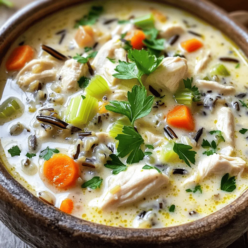 Die Hauptzutaten machen diese Suppe reichhaltig und lecker. Hier sind die Zutaten, die du brauchst: - 1 Tasse Wildreis, gewaschen und abgetropft - 450 g Hähnchenbrustfilets, ohne Haut und ohne Knochen, gewürfelt - 2 Esslöffel Olivenöl - 1 mittlere Zwiebel, gehackt - 2 Knoblauchzehen, fein gehackt - 3 mittelgroße Karotten, gewürfelt - 3 Stangen Sellerie, gewürfelt - 2 Liter natriumarme Hühnerbrühe - 240 ml Schlagsahne Diese Zutaten sorgen für einen vollen Geschmack und eine cremige Textur. Wildreis gibt der Suppe eine nussige Note. Hähnchen bringt gutes Protein und macht die Suppe sättigend. Die Gewürze und Kräuter sind wichtig für den Geschmack. Füge diese hinzu: - 1 Teelöffel getrockneter Thymian - 1 Teelöffel getrockneter Rosmarin - Salz und Pfeffer nach Geschmack Thymian bringt eine frische Note, während Rosmarin die Aromen vertieft. Salz und Pfeffer sind wichtig, um die anderen Aromen hervorzuheben. Du kannst die Gewürze nach deinem Geschmack anpassen. Garnituren machen die Suppe ansprechend und lecker. Hier sind einige Ideen: - Frische Petersilie zur Garnitur - Ein Spritzer Sahne für eine schöne Präsentation Die Petersilie bringt frische Farbe ins Spiel. Ein Spritzer Sahne macht die Suppe noch cremiger. Dazu passt frisch gebackenes Brot für eine herzhafte Mahlzeit. Du findest das vollständige Rezept in der [Full Recipe]. Für die cremige Hähnchen und Wildreis Suppe brauchen Sie etwa 15 Minuten. Beginnen Sie mit dem Waschen des Wildreises. Dies entfernt Schmutz und überflüssige Stärke. Danach schneiden Sie das Hähnchen in kleine Würfel. So garen sie gleichmäßig. Schneiden Sie auch die Zwiebel, Karotten und Sellerie. Diese Gemüse geben der Suppe Geschmack und Textur. 1. Erhitzen Sie 2 Esslöffel Olivenöl in einem großen Topf bei mittlerer Hitze. 2. Fügen Sie die gehackte Zwiebel hinzu. Braten Sie sie 3-4 Minuten, bis sie glasig ist. 3. Geben Sie den gehackten Knoblauch, Karotten und Sellerie dazu. Sautieren Sie alles für 5 Minuten. 4. Jetzt kommt das gewürfelte Hähnchen in den Topf. Braten Sie es 5-7 Minuten, bis es nicht mehr rosa ist. 5. Fügen Sie den gewaschenen Wildreis, die Hühnerbrühe, Thymian und Rosmarin hinzu. Streuen Sie Salz und Pfeffer nach Geschmack hinein. 6. Lassen Sie die Mischung aufkochen. Reduzieren Sie die Hitze auf niedrig und decken Sie den Topf ab. Lassen Sie die Suppe 45 Minuten köcheln. 7. Rühren Sie 240 ml Schlagsahne ein. Lassen Sie die Suppe weitere 10 Minuten köcheln. 8. Nehmen Sie den Topf vom Herd und lassen Sie die Suppe kurz abkühlen. Achten Sie darauf, die Hitze nicht zu hoch zu stellen. Zu viel Hitze kann das Gemüse verkochen. Halten Sie den Topf immer abgedeckt, um die Aromen zu bewahren. Rühren Sie die Suppe regelmäßig um, damit nichts anbrennt. Wenn die Suppe zu dick wird, fügen Sie etwas mehr Brühe hinzu. So bleibt die Konsistenz cremig und angenehm. Für das vollständige Rezept schauen Sie sich den [Full Recipe] an. Ein häufiger Fehler ist, die Zwiebeln nicht lange genug zu braten. Sie sollten glasig sein, bevor Sie das Gemüse hinzufügen. Achten Sie darauf, dass das Hähnchen gut durchgegart ist. Es sollte keine rosa Farbe mehr haben. Überprüfen Sie auch die Brühe. Wenn sie zu salzig ist, können Sie sie mit Wasser verdünnen. Für eine cremige Konsistenz ist Schlagsahne ein Muss. Fügen Sie sie am Ende hinzu, um die Suppe zu verfeinern. Wenn Sie die Suppe dicker mögen, lassen Sie sie länger köcheln. Der Wildreis wird die Flüssigkeit aufnehmen und die Suppe dickflüssiger machen. Rühren Sie häufig um, um ein Anbrennen zu vermeiden. Möchten Sie eine leichtere Suppe? Ersetzen Sie die Schlagsahne durch griechischen Joghurt. Dies gibt der Suppe eine cremige Textur, ohne die Kalorien. Für mehr Gemüse können Sie Spinat oder Erbsen hinzufügen. Diese liefern zusätzliche Nährstoffe und Farbe. Verwenden Sie auch Hühnchenbrust mit weniger Fett, um die Suppe gesünder zu machen. Für die vollständige Rezeptur besuchen Sie [Full Recipe]. {{image_4}} Wenn Sie Hähnchen nicht mögen, probieren Sie Putenbrust. Putenbrust hat einen ähnlichen Geschmack und eine ähnliche Konsistenz. Sie macht die Suppe leicht anders, aber immer noch lecker. Hähnchen ist zart und saftig. Putenbrust kann etwas trockener sein, also achten Sie darauf, sie nicht zu lange zu kochen. Beide Optionen sind gesund und nahrhaft. Für eine vegetarische oder vegane Suppe ersetzen Sie das Hähnchen durch Tofu oder Kichererbsen. Diese Zutaten geben Proteine und eine schöne Textur. Verwenden Sie Gemüsebrühe statt Hühnerbrühe. Fügen Sie mehr Gemüse wie Brokkoli oder Pilze hinzu. Diese geben der Suppe Geschmack und Farbe. Ein Schuss Kokosmilch kann die Suppe cremig machen, ohne tierische Produkte. Um den Geschmack zu verbessern, fügen Sie frische Kräuter wie Basilikum oder Schnittlauch hinzu. Sie verleihen der Suppe ein frisches Aroma. Auch ein Spritzer Zitrone kann helfen, die Aromen zu heben. Wenn Sie es würziger mögen, probieren Sie etwas Cayennepfeffer oder Paprika. Diese Zutaten geben der Suppe eine besondere Note. Sehen Sie sich das [Full Recipe] an, um alle Tipps zu entdecken. Sobald Ihre cremige Hähnchen und Wildreis Suppe fertig ist, lassen Sie sie etwas abkühlen. Füllen Sie die Suppe in einen luftdichten Behälter. Sie hält sich im Kühlschrank bis zu drei Tage. Achten Sie darauf, die Suppe gut zu verschließen. So bleibt der Geschmack frisch. Wenn Sie die Suppe länger aufbewahren möchten, können Sie sie einfrieren. Füllen Sie die kalte Suppe in gefriergeeignete Behälter oder Beutel. Achten Sie darauf, etwas Platz für die Ausdehnung zu lassen. Die Suppe kann bis zu drei Monate im Gefrierfach bleiben. Um sie aufzutauen, stellen Sie sie einfach in den Kühlschrank über Nacht. Alternativ können Sie die Suppe auch in der Mikrowelle auftauen. Wenn Sie die Suppe wieder aufwärmen, nutzen Sie einen Topf oder die Mikrowelle. Erhitzen Sie sie bei mittlerer Hitze, bis sie heiß ist. Rühren Sie die Suppe gut um, um eine gleichmäßige Temperatur zu erreichen. Falls die Suppe zu dick wird, fügen Sie etwas Brühe oder Wasser hinzu. So bleibt die Konsistenz schön cremig. Die Suppe hält sich bis zu drei Tage im Kühlschrank. Achte darauf, sie in einem luftdichten Behälter zu lagern. Wenn du die Suppe länger aufbewahren möchtest, friere sie ein. Das schmeckt auch nach dem Auftauen gut. Ja, du kannst frischen Wildreis verwenden. Achte darauf, dass du ihn gut kochst. Frischer Wildreis kann mehr Zeit brauchen als der schon vorgekochte. Das gibt deiner Suppe einen tollen Geschmack. Zu dieser Suppe passen viele Beilagen. Hier sind einige Ideen: - Frisch gebackenes Brot - Knusprige Brötchen - Ein einfacher grüner Salat - Käse-Cracker Diese Beilagen ergänzen die Suppe gut und machen dein Essen noch schöner. Für die vollständige Rezeptanleitung schaue dir das Rezept an. In diesem Artikel haben wir die wichtigsten Zutaten und Schritte für die cremige Hähnchen-Wildreis-Suppe behandelt. Ich habe Tipps gegeben, wie man häufige Fehler vermeidet und die perfekte Konsistenz erreicht. Außerdem gab es Variationen für verschiedene Diäten und Lagerungshinweise. Probier diese Suppe aus und spiel mit den Zutaten. So findest du deinen eigenen Lieblingsgeschmack! Kochen macht Spaß, und diese Suppe ist einfach lecker.
