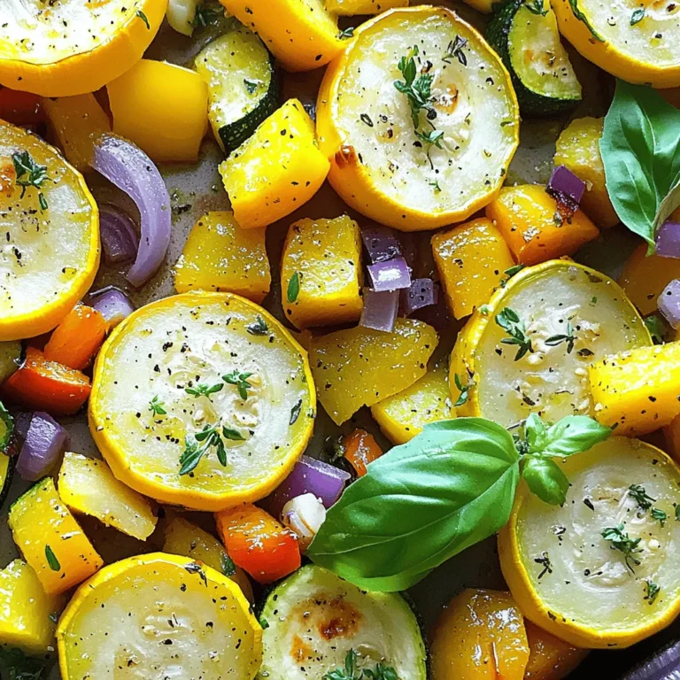 - 2 mittelgroße Zucchini, in Halbmonde geschnitten - 2 mittelgroße gelbe Kürbisse, in Halbmonde geschnitten - 1 Paprika (jede Farbe), gewürfelt - 1 rote Zwiebel, grob gehackt - 3 Knoblauchzehen, fein gehackt Zucchini und gelbe Kürbisse geben dem Gericht eine tolle Textur. Sie schmecken süß und frisch. Paprika bringt Farbe und etwas Süße. Rote Zwiebel fügt einen milden Zwiebelgeschmack hinzu. Knoblauch sorgt für einen starken, herzhaften Geschmack. Diese Zutaten machen die Mischung bunt und gesund. - 2 Esslöffel Olivenöl - 1 Teelöffel getrockneter Thymian - 1 Teelöffel getrockneter Oregano - Salz und Pfeffer nach Geschmack Olivenöl ist wichtig. Es hilft, das Gemüse zu rösten und macht es zart. Es hat gesunde Fette, die gut für das Herz sind. Thymian und Oregano geben dem Gericht einen aromatischen Kick. Salz und Pfeffer heben die Aromen hervor und machen alles lecker. - Gegrilltes Hähnchen oder Fisch - Quinoa oder Reis - Frischer Salat Röstgemüse passt gut zu vielen Gerichten. Gegrilltes Hähnchen oder Fisch ergänzt die Aromen perfekt. Quinoa oder Reis sind tolle Beilagen. Sie sind sättigend und gesund. Ein frischer Salat rundet das Essen ab und bringt Frische. Die Kombination dieser Beilagen macht jede Mahlzeit besonders. Entdecken Sie das volle Potenzial dieser Zutaten in der Full Recipe. Zuerst waschen Sie das Gemüse gut. Ich nehme zwei Zucchini und zwei gelbe Kürbisse. Schneiden Sie die Zucchini in Halbmonde. Machen Sie das Gleiche mit den Kürbissen. Nehmen Sie dann eine Paprika und schneiden Sie sie in Würfel. Eine rote Zwiebel kann auch grob gehackt werden. Für den Geschmack brauchen wir noch drei Knoblauchzehen, die wir fein hacken. Heizen Sie Ihren Ofen auf 200°C vor. Diese Temperatur ist perfekt zum Rösten. Um das Gemüse leicht abzulösen, verwenden Sie Backpapier. Legen Sie es einfach auf ein Backblech. So bleibt das Gemüse nicht kleben und wird gleichmäßig gar. Verteilen Sie das geschnittene Gemüse gleichmäßig auf dem Blech. Rösten Sie das Gemüse nun für 25 bis 30 Minuten. Rühren Sie es nach der Hälfte der Zeit um. Das sorgt dafür, dass alles gleichmäßig gart. Achten Sie darauf, dass das Gemüse nicht verbrennt. Es sollte zart und leicht karamellisiert sein. Nehmen Sie das Blech aus dem Ofen, wenn es fertig ist. Lassen Sie das Gemüse kurz abkühlen, um den Geschmack zu verstärken. Um verbranntes Gemüse zu verhindern, achte auf die Temperatur. Ein zu heißer Ofen kann das Gemüse außen verbrennen, bevor es innen gar ist. Verwende Backpapier, um das Ankleben zu vermeiden. Das sorgt für ein gleichmäßiges Garen. Außerdem solltest du das Gemüse regelmäßig wenden. So brät es gleichmäßig und bleibt saftig. Marinieren vor dem Rösten bringt mehr Geschmack. Du kannst einfach Olivenöl mit Kräutern mischen. Thymian und Oregano passen gut. Lasse das Gemüse mindestens 30 Minuten marinieren, um die Aromen aufzunehmen. Du kannst auch Zitronensaft oder Balsamico hinzufügen. Diese sorgen für eine frische Note. Beim Anrichten der gerösteten Mischung ist Kreativität gefragt. Verwende eine große Schüssel oder einen schönen Teller. Garniere das Gemüse mit frischen Kräutern. Basilikum sieht toll aus und schmeckt gut. Du kannst auch Feta oder geröstete Nüsse darüber streuen. Das macht das Gericht bunt und einladend. {{image_4}} Sie können viele andere Gemüsesorten in Ihre Mischung einfügen. Saisonales Gemüse macht das Gericht frisch und bunt. Zum Beispiel sind Auberginen und Karotten großartige Optionen. Sie können auch Fenchel oder Brokkoli verwenden. Diese Gemüse bringen zusätzliche Farben und Texturen. Ich liebe es, mit verschiedenen Kombinationen zu experimentieren. Für vegane und glutenfreie Optionen ist diese Mischung perfekt. Die Zutaten sind alle pflanzlich und frei von Gluten. Achten Sie darauf, dass Sie keine Brühe oder Soßen mit Gluten hinzufügen. Wenn jemand Allergien hat, können Sie bestimmte Gemüse weglassen. Zum Beispiel kann die Paprika durch Zucchini ersetzt werden. So bleibt das Gericht für alle sicher. Um den Geschmack zu variieren, probieren Sie verschiedene Kräuter und Gewürze aus. Ich füge oft frischen Rosmarin oder Estragon hinzu. Diese Kräuter verleihen dem Gemüse einen neuen Geschmack. Eine andere Möglichkeit ist, Nüsse oder Käse hinzuzufügen. Feta oder Parmesan geben eine salzige Note. Walnüsse oder Pinienkerne bringen Crunch und Geschmack. Seien Sie kreativ, um Ihr eigenes Rezept zu erstellen. Um die geröstete Sommergemüsemischung frisch zu halten, decke das Gericht gut ab. Verwende Frischhaltefolie oder einen luftdichten Behälter. Dadurch bleibt das Aroma erhalten. Stelle sicher, dass das Gemüse nach dem Abkühlen im Kühlschrank landet. Die kühle Temperatur hilft, die Frische zu bewahren. Wenn du das Gemüse erneut aufwärmen möchtest, benutze den Ofen oder die Pfanne. Heize den Ofen auf 180 °C vor. Lege das Gemüse auf ein Backblech und erwärme es für etwa 10-15 Minuten. In der Pfanne kannst du es bei mittlerer Hitze einige Minuten braten. Achte darauf, dass das Gemüse nicht übergart. So bleibt es knackig und lecker. Im Kühlschrank hält sich die geröstete Mischung etwa 3-5 Tage. Bewahre die Reste in einem luftdichten Behälter auf. Überprüfe das Gemüse regelmäßig auf Anzeichen von Verderb. Wenn es matschig aussieht oder einen unangenehmen Geruch hat, solltest du es entsorgen. Die ideale Röstzeit für das Gemüse beträgt 25 bis 30 Minuten. Dabei sollten Sie das Gemüse einmal während des Röstens wenden. Zucchini und Kürbis rösten gut in dieser Zeit. Auch die Paprika und Zwiebel werden zart und süß. Schauen Sie nach 20 Minuten nach, um sicherzustellen, dass nichts verbrennt. Wenn die Ränder leicht karamellisiert sind, ist das Gemüse perfekt. Ja, Sie können gefrorenes Gemüse verwenden. Das Gemüse sollte jedoch vorher aufgetaut werden. So wird es gleichmäßiger gegart. Gefrorenes Gemüse hat oft weniger Wasser als frisches. Das hilft, ein matschiges Ergebnis zu vermeiden. Achten Sie darauf, die Röstzeit um ein paar Minuten zu verlängern, falls nötig. Geröstetes Gemüse passt hervorragend zu vielen Gerichten. Probieren Sie es als Beilage zu Fleisch oder Fisch. Es schmeckt auch gut in Salaten oder auf Pasta. Eine Kombination mit Quinoa oder Couscous ist ebenfalls lecker. Sie können auch frische Kräuter oder einen Spritzer Zitrone hinzufügen. So wird der Geschmack noch frischer. Für das vollständige Rezept schauen Sie sich die Anleitung an. Das Rösten von Sommergemüse ist einfach und lecker. Wir haben wichtige Zutaten wie Zucchini, Paprika und Gewürze besprochen. Die Vorbereitung des Gemüses und der Ofen sind entscheidend. Du hast Tipps erhalten, um Fehler zu vermeiden und das perfekte Gemüse zu erreichen. Denke daran, dass du variieren kannst, um neue Aromen zu entdecken. Gute Lagerung sorgt dafür, dass Reste lange frisch bleiben. Wenn du die Tipps befolgst, wirst du köstliches, geröstetes Gemüse genießen. Viel Spaß beim Kochen!