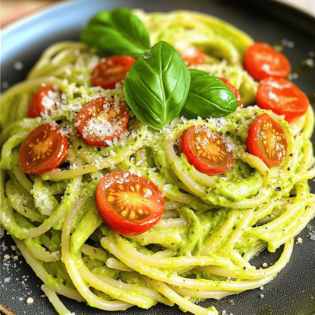 Für die cremige Avocado-Pasta brauchst du frische und einfache Zutaten. Hier ist die Liste: - 2 reife Avocados, geschält und entkernt - 2 Knoblauchzehen, fein gehackt - 1 Esslöffel Zitronensaft - 1/4 Tasse frische Basilikumblätter - 1/4 Tasse frisch geriebener Parmesan-Käse (oder Nährhefe für eine vegane Option) - 1/2 Teelöffel Salz - 1/4 Teelöffel schwarzer Pfeffer - 8 Unzen Spaghetti oder eine Pasta deiner Wahl - 1 Tasse Kirschtomaten, halbiert - 1 Esslöffel Olivenöl - Optional: zerdrückte rote Pfefferflocken für extra Schärfe Diese Zutaten machen das Gericht frisch und lecker. Die Avocado gibt der Pasta eine tolle Cremigkeit. Der Knoblauch bringt einen starken Geschmack. Das Basilikum sorgt für einen frischen Touch. Diese Pasta ist nicht nur lecker, sondern auch gesund. Avocados sind reich an gesunden Fetten. Diese Fette helfen deinem Herz und senken den Cholesterinspiegel. Sie enthalten auch Ballaststoffe, die gut für die Verdauung sind. Die Kirschtomaten bringen Vitamine und Antioxidantien. Sie helfen, deinen Körper gegen Krankheiten zu schützen. Basilikum hat auch viele Vorteile. Es hat entzündungshemmende Eigenschaften und kann helfen, Stress abzubauen. Wenn du spezielle Diäten hast, kannst du diese Pasta leicht anpassen. Für Veganer kannst du Parmesan durch Nährhefe ersetzen. Sie gibt einen ähnlichen Geschmack, ohne tierische Produkte. Wenn du glutenfrei essen möchtest, wähle glutenfreie Pasta. Es gibt viele Optionen auf dem Markt. Zudem kannst du die Menge an Knoblauch oder Pfeffer anpassen, um den Geschmack nach deinem Wunsch zu verändern. Für weitere Details zu diesem Rezept, schaue dir die [Full Recipe] an. Um die Avocadosauce zu machen, nimm zuerst die reifen Avocados. Schäle sie und entferne den Kern. Gib die Avocados in eine Küchenmaschine. Füge die gehackten Knoblauchzehen, Zitronensaft, Basilikumblätter, Parmesan, Salz und Pfeffer hinzu. Püriere alles gut. Die Sauce sollte glatt und cremig sein. Wenn sie zu dick ist, kannst du etwas Wasser hinzufügen. Das macht sie leichter und angenehmer. Koche die Pasta nach den Anweisungen auf der Verpackung. Verwende sprudelndes Salzwasser für den besten Geschmack. Achte darauf, dass die Pasta al dente ist. Das bedeutet, sie ist weich, hat aber noch Biss. Hebe etwas Nudelwasser auf, bevor du die Pasta abgießt. Dieses Wasser hilft, die Sauce später zu verdünnen, wenn es nötig ist. In einer großen Schüssel mische die gekochte Pasta mit der Avocadosauce. Rühre alles gut um, damit die Pasta gleichmäßig bedeckt ist. Wenn die Sauce zu dick ist, füge nach und nach das aufbewahrte Nudelwasser hinzu. In einer Pfanne erhitze das Olivenöl. Brate die Kirschtomaten kurz an, bis sie weich sind. Mische die Tomaten mit der Pasta. Serviere die Pasta sofort. Garniere sie mit etwas zerdrückten roten Pfefferflocken oder frischem Basilikum. Das macht das Gericht noch schöner. Für das vollständige Rezept sieh dir die [Full Recipe] an. Um die Avocadosauce frisch zu halten, verwende Zitronensaft. Der Zitronensaft hilft, die grüne Farbe zu bewahren. Du kannst die Sauce auch in einem luftdichten Behälter aufbewahren. Drücke die Folie direkt auf die Oberfläche der Sauce, um Luft zu vermeiden. So bleibt die Sauce länger frisch. Du kannst einige Zutaten anpassen, um den Geschmack zu verändern. Füge zum Beispiel etwas frischen Koriander hinzu. Das gibt der Sauce einen anderen Geschmack. Eine Prise Knoblauchpulver kann auch helfen, die Aromen zu verstärken. Wenn du es scharf magst, probiere Chili-Flocken oder frischen Ingwer. Diese Zutaten bringen neue Geschmackserlebnisse. Ein häufiger Fehler ist, die Avocadosauce zu lange zu pürieren. Dadurch wird sie zu flüssig. Mixe nur so lange, bis die Sauce cremig ist. Ein weiterer Fehler ist, die Pasta zu lange zu kochen. Achte darauf, die Pasta al dente zu kochen. So bleibt die Pasta bissfest und passt gut zur Sauce. Wenn du die Sauce zu dick findest, füge etwas Nudelwasser hinzu. Dies hilft, die perfekte Konsistenz zu erreichen. {{image_4}} Für eine vegane Variante der cremigen Avocado-Pasta kannst du einfach den Parmesan durch Nährhefe ersetzen. Das gibt einen tollen, käsigen Geschmack. Du kannst auch mehr Gewürze hinzufügen, um die Aromen zu verstärken. Überlege, Kreuzkümmel oder Paprika zu verwenden. Ein Spritzer Limettensaft kann auch die Frische erhöhen. Du musst nicht bei Spaghetti bleiben! Probiere andere Pasta-Sorten aus, wie Fusilli oder Penne. Vollkorn-Pasta oder Zucchini-Nudeln sind gesunde Alternativen. Diese Optionen geben deiner Pasta einen neuen Biss und viele Nährstoffe. Die Form der Pasta kann auch die Sauce besser aufnehmen. Die cremige Avocado-Pasta schmeckt super mit frischem Gemüse. Eine einfache Beilage aus gedünstetem Brokkoli oder grünem Spargel passt hervorragend. Auch ein gemischter Salat mit Rucola und Kirschtomaten ergänzt das Gericht gut. Für etwas mehr Crunch kannst du geröstete Nüsse oder Samen darüber streuen. Um deine Avocado-Pasta frisch zu halten, verwende einen luftdichten Behälter. Stelle sicher, dass die Sauce gut abgedeckt ist. Eine Schicht Frischhaltefolie kann helfen, die Luft fernzuhalten. Dies reduziert die Oxidation und hält die Farbe schön. Um Reste aufzuwärmen, gebe die Pasta in eine Pfanne. Füge einen Schuss Wasser oder etwas Olivenöl hinzu. Erhitze bei mittlerer Hitze und rühre gut um. So bleibt die Pasta cremig und lecker. Du kannst auch die Mikrowelle nutzen. Achte darauf, die Pasta in kurzen Intervallen zu erhitzen. Im Kühlschrank bleibt die Avocado-Pasta für 2 bis 3 Tage frisch. Der Geschmack kann jedoch leicht nachlassen. Im Gefrierschrank hält sie bis zu einem Monat. Achte darauf, die Pasta vor dem Einfrieren gut zu verpacken, um Gefrierbrand zu vermeiden. Beachte, dass die Textur nach dem Auftauen leicht verändert sein kann. Für das vollständige Rezept schau dir die [Full Recipe] an. Ja, du kannst die Avocado-Pasta im Voraus machen. Am besten bereitest du die Sauce vorher zu. Bewahre sie in einem luftdichten Behälter im Kühlschrank auf. Wenn du sie servieren möchtest, mische die Sauce mit frisch gekochter Pasta. Das hält die Pasta frisch und lecker. Es gibt viele tolle Alternativen zu Parmesan. Du kannst Nährhefe verwenden, um einen veganen Geschmack zu erzielen. Sie gibt der Sauce einen nussigen und herzhaften Geschmack. Weitere Optionen sind Pecorino oder sogar Cashewkäse für eine cremige Textur. Experimentiere mit verschiedenen Käsesorten, um deinen perfekten Geschmack zu finden. Ja, du kannst diese Pasta glutenfrei machen. Wähle einfach glutenfreie Pasta. Es gibt viele Sorten aus Reis, Linsen oder sogar Kichererbsen. Achte darauf, dass alle anderen Zutaten auch glutenfrei sind, besonders Gewürze und Brühe. So genießt du ein köstliches Gericht ohne Gluten. Die Avocado-Pasta ist einfach, gesund und lecker. Wir haben die wichtigen Zutaten und deren Nährwerte betrachtet. Außerdem gab es Tipps zur Zubereitung und für spezielle Diäten. Ich habe viele Variationen und Anpassungen vorgeschlagen, damit du das Rezept nach deinem Geschmack gestalten kannst. Mit den richtigen Tipps bleibt die Sauce frisch und die Pasta perfekt. Nutze die Informationen, um Spaß beim Kochen zu haben und kreativ zu sein. Probiere es aus und genieße deine Avocado-Pasta!