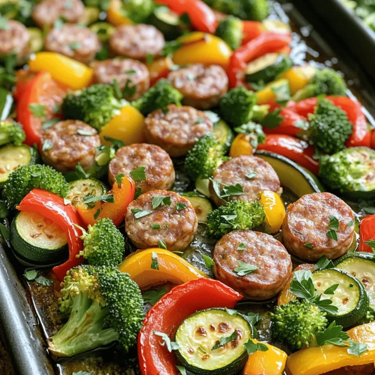 - 450g italienische Hähnchen- oder Truthahnwürstchen - Buntes Gemüse: - 1 rote Paprika, in Streifen geschnitten - 1 gelbe Paprika, in Streifen geschnitten - 1 Zucchini, in Halbmonde geschnitten - 1 rote Zwiebel, in Wedges geschnitten - 2 Tassen Brokkoliröschen - 2 Teelöffel Knoblauchpulver - 1 Teelöffel geräuchertes Paprikapulver - 1 Teelöffel getrockneter Oregano - 3 Esslöffel Olivenöl - Salz und Pfeffer nach Geschmack Ich liebe es, frische und bunte Zutaten in mein Essen zu bringen. Die italienischen Würstchen bringen viel Geschmack. Das Gemüse sorgt für Farbe und Knusprigkeit. Die Gewürze sind einfach, aber sie machen einen großen Unterschied. Knoblauchpulver gibt einen tollen Geschmack. Geräuchertes Paprikapulver macht das Gericht interessant. Oregano verleiht dem Ganzen eine mediterrane Note. Olivenöl ist wichtig für die Zubereitung. Es hilft, die Aromen zu verbinden. Außerdem sorgt es dafür, dass das Gemüse beim Backen goldbraun wird. Das ist alles, was du brauchst, um dieses Gericht zu machen. Du wirst es lieben! Du findest die vollständige Rezeptanleitung in der Full Recipe. Heize deinen Ofen auf 220 °C vor. Das sorgt für eine gleichmäßige Garung. Lege ein großes Backblech mit Backpapier aus. Das erleichtert die Reinigung und verhindert das Anhaften. Schneide die italienischen Hähnchen- oder Truthahnwürstchen in Scheiben. Verwende frisches Gemüse wie rote und gelbe Paprika, Zucchini, rote Zwiebel und Brokkoli. Achte darauf, das Gemüse in gleichmäßige Stücke zu schneiden. So garen sie gleichmäßig und sehen ansprechend aus. Gib alle geschnittenen Zutaten in eine große Schüssel. Träufle das Olivenöl darüber. Füge die Gewürze hinzu, darunter Knoblauchpulver, geräuchertes Paprikapulver und Oregano. Streue Salz und Pfeffer nach Geschmack darüber. Vermenge alles gründlich mit den Händen oder einem großen Löffel. Achte darauf, dass jede Zutat mit dem Olivenöl und den Gewürzen bedeckt ist. Das gibt den besten Geschmack. Verteile die Mischung gleichmäßig auf dem Backblech in einer einzigen Schicht. So garen die Würstchen und das Gemüse gleichmäßig. Backe das Ganze 25 bis 30 Minuten im Ofen. Rühre die Mischung einmal während des Backens um. Das hilft, eine schöne Bräunung zu erreichen. Nimm das Blech nach dem Backen aus dem Ofen. Lass es ein paar Minuten abkühlen. Garniere das Gericht mit frischer, gehackter Petersilie, bevor du es servierst. Du kannst es direkt vom Blech oder auf einer großen Platte anrichten. Für das vollständige Rezept, schau dir die Full Recipe an. Um die beste Konsistenz von Gemüse und Würstchen zu erreichen, ist Timing wichtig. Die Würstchen sollten gut gebräunt und durchgegart sein. Das Gemüse sollte zart, aber noch leicht knackig sein. Ich empfehle, das Blech nach der Hälfte der Backzeit einmal umzurühren. So garen die Zutaten gleichmäßig. Heize deinen Ofen auf 220°C vor. Diese Temperatur sorgt dafür, dass alles schön bräunt. Wenn du das Gemüse zu lange backst, kann es matschig werden. Also, behalte die Uhr im Auge. Du kannst viele Zutaten im Voraus vorbereiten. Das spart Zeit am Kochtag. Schneide das Gemüse und die Würstchen bereits vorher. Bewahre sie in einer Schüssel im Kühlschrank auf. So sind sie bereit, wenn du loslegen willst. Hast du Reste? Nutze sie für ein schnelles Mittagessen. Mische die Reste mit etwas Reis oder Salat. So kreierst du ein neues, leckeres Gericht. {{image_4}} Du kannst verschiedene Würstchen verwenden, um den Geschmack zu ändern. Probier mal Rinder-, Schweine- oder sogar Lammwürste. Jede Sorte bringt einen neuen Twist. Wenn du eine leichtere Option suchst, nimm Hähnchen- oder Truthahnwürste. Vegetarier sollten sich keine Sorgen machen. Es gibt viele tolle Alternativen. Vegane Würstchen aus Soja oder Gemüse sind lecker. Sie passen gut zu dem bunten Gemüse in diesem Gericht. Das Gemüse ist der Schlüssel zu diesem Rezept. Nutze saisonales Gemüse für mehr Frische. Im Sommer sind Zucchini und Paprika perfekt. Im Herbst kannst du Kürbis oder Rosenkohl verwenden. Diese Gemüse bringen Farbe und Geschmack. Kombiniere verschiedene Gemüsesorten für mehr Vielfalt. Möhren, Auberginen oder grüne Bohnen sind tolle Ergänzungen. Du kannst auch gefrorenes Gemüse verwenden. Es ist praktisch und spart Zeit. Für die besten Ergebnisse, achte darauf, das Gemüse gleichmäßig zu schneiden. So garen sie gleichmäßig und bleiben knackig. Wenn du mehr Ideen brauchst, schau dir das Full Recipe an! Wenn du Reste hast, kühl sie schnell ab. Lege sie in einen luftdichten Behälter. So bleiben die Würstchen und das Gemüse frisch. Du kannst das Gericht bis zu drei Tage im Kühlschrank aufbewahren. Nach drei Tagen kann der Geschmack nachlassen. Überprüfe immer, ob es noch gut aussieht und riecht, bevor du es isst. Die besten Methoden zum Aufwärmen sind der Ofen oder die Mikrowelle. Im Ofen erhitzt du die Reste bei 180°C. Das dauert etwa 15 bis 20 Minuten. So bleibt das Gericht knusprig und lecker. In der Mikrowelle geht es schneller, aber die Textur kann weicher werden. Erwärme es in kurzen Intervallen von zwei Minuten, bis es heiß ist. Du kannst das Gericht als Beilage oder Hauptgericht anbieten. Es passt gut zu Reis, Quinoa oder einem frischen Salat. Viele Menschen genießen es einfach direkt vom Blech. Schau dir auch die Full Recipe an, um mehr über die Zubereitung zu erfahren! Die Zubereitungszeit für dieses Gericht beträgt etwa 10 Minuten. Die Gesamtzeit ist 40 Minuten. Das ist schnell für ein so leckeres Essen. Ja, du kannst das Rezept vegan machen. Nutze pflanzliche Würstchen. Es gibt viele Marken, die gut schmecken. Du kannst auch Tofu oder Seitan verwenden. Das Gemüse bleibt gleich. So bleibt das Gericht bunt und schmackhaft. Ja, dieses Gericht ist gesund. Es enthält viel Gemüse, das viele Vitamine hat. Die Würstchen aus Hähnchen oder Truthahn sind mager. Du kannst auch magere vegane Würstchen wählen. Olivenöl ist gut für das Herz. So hast du ein nahrhaftes Essen. Du kannst frischen Salat als Beilage servieren. Ein einfacher grüner Salat passt gut. Auch Reis oder Quinoa sind gute Optionen. Sie fügen mehr Ballaststoffe hinzu. Du kannst auch knuspriges Brot dazu reichen. So wird das Essen noch besser. Die vollständige Rezeptanleitung findest du unter dem Namen: Sizzelndes Blechgericht mit Würstchen und Buntem Gemüse 🥦. Dort sind alle Schritte genau beschrieben. So kannst du das Gericht leicht nachkochen. Das Rezept für das bunte Ofengericht ist einfach und lecker. Es kombiniert saftige Würstchen mit frischem Gemüse und tollen Gewürzen. Ich habe die Schritte klar erklärt, damit du alles leicht nachkochen kannst. Vergiss nicht, mit verschiedenen Gemüsevariationen und Proteinen zu experimentieren! Die Reste lassen sich gut aufbewahren und wieder aufwärmen. So sparst du Zeit und erhältst ein gesundes Gericht für viele Anlässe. Probiere es aus und genieße dein Essen!