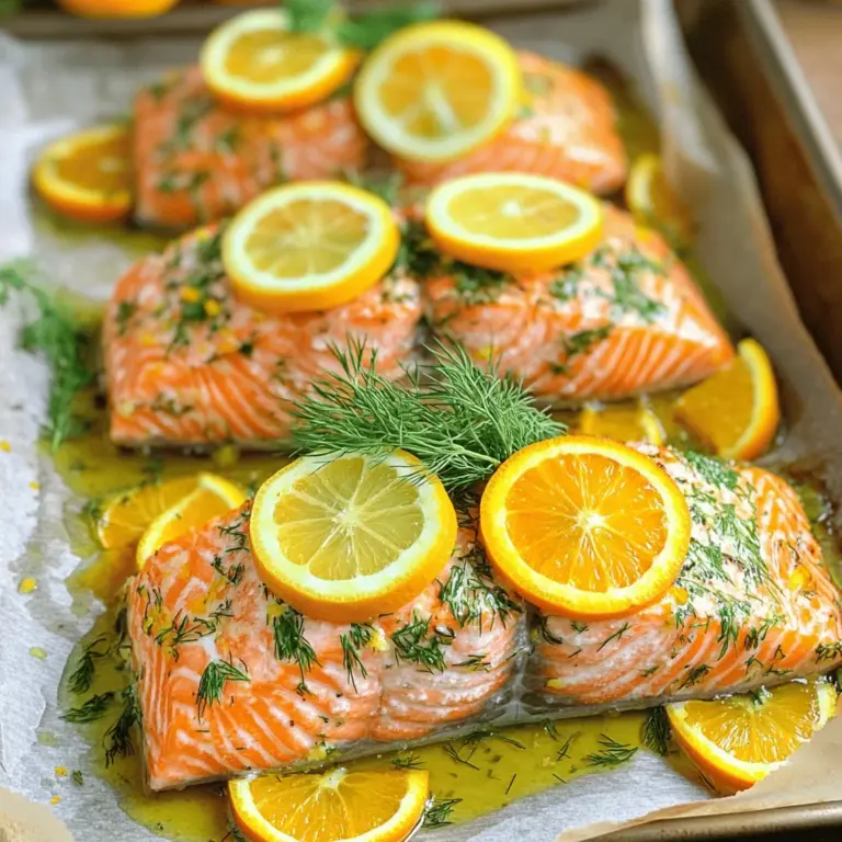 Für diesen köstlichen Auflauf brauchen Sie einige frische und einfache Zutaten. Diese Zutaten geben dem Lachs einen tollen Geschmack. Hier ist die Liste: - 4 Lachsfilets (je 170 g) - 2 Esslöffel Olivenöl - 1 Zitrone, abgerieben und ausgepresst - 1 Orange, abgerieben und ausgepresst - 3 Knoblauchzehen, fein gehackt - 1 Esslöffel frischer Dill, gehackt - 1 Esslöffel frische Petersilie, gehackt - 1 Teelöffel Salz - ½ Teelöffel schwarzer Pfeffer - ½ Teelöffel rote Pfefferflocken (optional) Die Gewürze sind wichtig für den Geschmack. Sie bringen die Aromen zusammen. Sie brauchen Salz und Pfeffer für die Grundwürze. Knoblauch fügt einen köstlichen Kick hinzu. Dill und Petersilie bringen Frische. Wenn Sie einen kleinen Schärfe mögen, nutzen Sie rote Pfefferflocken. Für die Garnierung verwenden Sie Zitronenscheiben und frische Kräuter. Diese machen das Gericht nicht nur schöner, sondern sie fügen auch noch mehr Geschmack hinzu. Die Garnitur macht den Lachs noch einladender und leckerer. Wenn Sie das komplette Rezept möchten, schauen Sie sich den Full Recipe an! Heizen Sie den Ofen auf 200 °C vor. Während der Ofen sich aufwärmt, bereiten Sie das Backblech vor. Legen Sie ein Backblech mit Backpapier aus. Das macht die Reinigung einfacher. Es hilft auch, dass der Lachs nicht kleben bleibt. Jetzt kommt der spaßige Teil! Nehmen Sie eine kleine Schüssel. Geben Sie 2 Esslöffel Olivenöl hinein. Fügen Sie den abgeriebenen Saft von 1 Zitrone und 1 Orange hinzu. Hacken Sie 3 Knoblauchzehen fein und geben Sie sie dazu. Jetzt kommt das Beste: fügen Sie 1 Esslöffel frischen Dill und 1 Esslöffel frische Petersilie hinzu. Streuen Sie 1 Teelöffel Salz, ½ Teelöffel schwarzen Pfeffer und ½ Teelöffel rote Pfefferflocken (optional) in die Schüssel. Rühren Sie alles gut um, bis die Mischung schön vermischt ist. Legen Sie die 4 Lachsfilets mit der Hautseite nach unten auf das Backblech. Bestreichen Sie jedes Filet großzügig mit der Zitruskräutermischung. Lassen Sie den Lachs für 10-15 Minuten marinieren. So kann er die Aromen aufnehmen. Jetzt ist es Zeit, den Lachs zu backen. Stellen Sie das Backblech in den Ofen und backen Sie den Lachs für 12-15 Minuten. Überprüfen Sie, ob er sich leicht mit einer Gabel zerteilen lässt. Nach dem Backen nehmen Sie den Lachs aus dem Ofen. Lassen Sie ihn ein paar Minuten ruhen. Servieren Sie ihn mit Zitronenscheiben und frischen Kräutern. So sieht das Gericht nicht nur gut aus, sondern schmeckt auch toll! Die perfekte Garzeit für Lachs ist wichtig. Bei 200 °C backt der Lachs in 12-15 Minuten. Die genaue Zeit hängt von der Dicke der Filets ab. Dünnere Filets brauchen weniger Zeit, dickere mehr. Der Lachs ist fertig, wenn er sich leicht mit einer Gabel zerteilen lässt. Überbacken Sie ihn nicht, sonst wird er trocken. Nutzen Sie am besten ein Fleischthermometer. Eine Innentemperatur von 60 °C zeigt, dass der Lachs perfekt gegart ist. Die Marinierzeit ist entscheidend für den Geschmack. Lassen Sie den Lachs 10-15 Minuten marinieren. So kann er die Aromen der Zitruskräutermischung aufnehmen. Wenn Sie mehr Zeit haben, können Sie ihn auch länger marinieren. Eine längere Marinierzeit verstärkt die Aromen. Achten Sie jedoch darauf, dass der Lachs nicht zu lange in der Marinade bleibt. Zu lange kann das Fleisch zäh machen. Es gibt viele Möglichkeiten, die Zitruskräutermischung anzupassen. Probieren Sie Limette anstelle von Zitrone aus. Oder fügen Sie frische Minze hinzu, um einen neuen Geschmack zu erzielen. Sie können auch andere Kräuter wie Thymian oder Basilikum verwenden. Jedes dieser Kräuter bringt eine eigene Note. Experimentieren Sie mit verschiedenen Zitrusfrüchten. Grapefruit oder Mandarinen können spannende Alternativen sein. Diese Variationen bringen frischen Schwung in Ihr Gericht. Für das komplette Rezept, schauen Sie sich die [Full Recipe] an. {{image_4}} Um den Frischen Zitruskräuter-Lachs Auflauf frisch zu halten, bewahre ihn in einem luftdichten Behälter auf. Stelle sicher, dass der Lachs gut abgekühlt ist, bevor du ihn lagerst. Das hilft, die Aromen und die Textur zu bewahren. Lege ein Stück Frischhaltefolie direkt auf den Lachs, bevor du den Deckel schließt. So bleibt er noch saftiger. Gekochter Lachs hält sich im Kühlschrank etwa 3 bis 4 Tage. Achte darauf, dass der Kühlschrank eine Temperatur von 4 °C oder kälter hat. Wenn du den Lachs länger aufbewahren möchtest, ist das Einfrieren eine gute Option. Um den Lachs aufzubewahren, kannst du ihn auch einfrieren. Teile ihn in Portionen und lege ihn in gefriergeeignete Beutel. Drücke die Luft heraus, bevor du die Beutel schließt. So bleibt der Lachs bis zu 3 Monate frisch. Wenn du ihn auftauen willst, lege ihn über Nacht in den Kühlschrank. So behält er seinen Geschmack. Du kannst dieses Rezept auch mit anderen Fischen ausprobieren. Forelle oder Kabeljau sind gute Alternativen. Diese Fische haben einen milden Geschmack und nehmen die Aromen gut auf. Für Forelle lege die Filets mit der Hautseite nach unten, genau wie beim Lachs. Kabeljau benötigt vielleicht etwas weniger Zeit im Ofen. Achte darauf, die Garzeit anzupassen. So bleibt der Fisch zart und saftig. Wenn du eine vegetarische Option suchst, probiere das Rezept mit Tofu oder Tempeh. Schneide den Tofu in dicke Scheiben und mariniere ihn mit der Zitruskräutermischung. Backe den marinierten Tofu bei 200 °C für etwa 20 Minuten. Tempeh hat einen nussigen Geschmack, der gut mit den Zitrusaromen harmoniert. Diese Alternativen bieten dir eine gesunde Möglichkeit, das Gericht zu genießen. Für ein rundes Gericht kombiniere den Lachs mit frischem Gemüse oder einem Salat. Geröstetes Gemüse wie Spargel oder Brokkoli passt gut dazu. Ein einfacher grüner Salat mit Zitronendressing bringt Frische ins Spiel. Du kannst auch Quinoa oder Reis als Beilage servieren. Diese Beilagen sind nahrhaft und ergänzen die Aromen des Lachsaufstrichs perfekt. So hast du eine vollwertige, leckere Mahlzeit. Für das vollständige Rezept, schau dir den [Full Recipe] an! Um den besten Zitruskräuter-Lachs zu machen, achte auf frische Zutaten. Verwende frischen Lachs und frische Kräuter. Der Mix aus Zitrone und Orange gibt dem Lachs ein tolles Aroma. Marinier den Lachs für 10-15 Minuten, um die Aromen gut aufnehmen zu können. Backe ihn bei 200 °C für 12-15 Minuten. So bleibt der Lachs saftig und zart. Du willst, dass er sich leicht mit einer Gabel zerteilen lässt. Ja, Lachs ist sehr gesund! Er enthält viele Omega-3-Fettsäuren. Diese Fettsäuren sind gut für das Herz. Zudem ist Lachs reich an Proteinen, die wichtig für den Körper sind. Er liefert auch Vitamine, wie Vitamin D und B-Vitamine, die für die Energie wichtig sind. Regelmäßiger Verzehr kann auch die Gehirnfunktion unterstützen. Lachs ist also eine gute Wahl für eine gesunde Ernährung. Ja, du kannst das Rezept einfach anpassen! Wenn du mehr Portionen brauchst, verdopple oder verdreifache die Zutaten. Achte darauf, dass du genug Platz auf dem Backblech hast. Wenn nötig, backe den Lachs in mehreren Schichten. Die Backzeit kann je nach Menge leicht variieren. Stelle sicher, dass jeder Lachs gleichmäßig gegart wird. So kannst du sicherstellen, dass jeder ein Stück leckeren Lachs bekommt. Dieser Blogbeitrag hat die Grundlagen des frischen Zitruskräuter-Lachs Auflaufs behandelt. Wir haben die wichtigsten Zutaten, die Zubereitung und nützliche Tipps durchgegangen. Sie können den Lachs perfekt garen und verschiedene Varianten ausprobieren. Denken Sie daran, wie lange Sie ihn aufbewahren und einfrieren können. Kochen macht Spaß, und mit diesen Ideen sind Sie gut gerüstet. Genießen Sie die frischen Aromen und bringen Sie Abwechslung auf Ihren Teller!